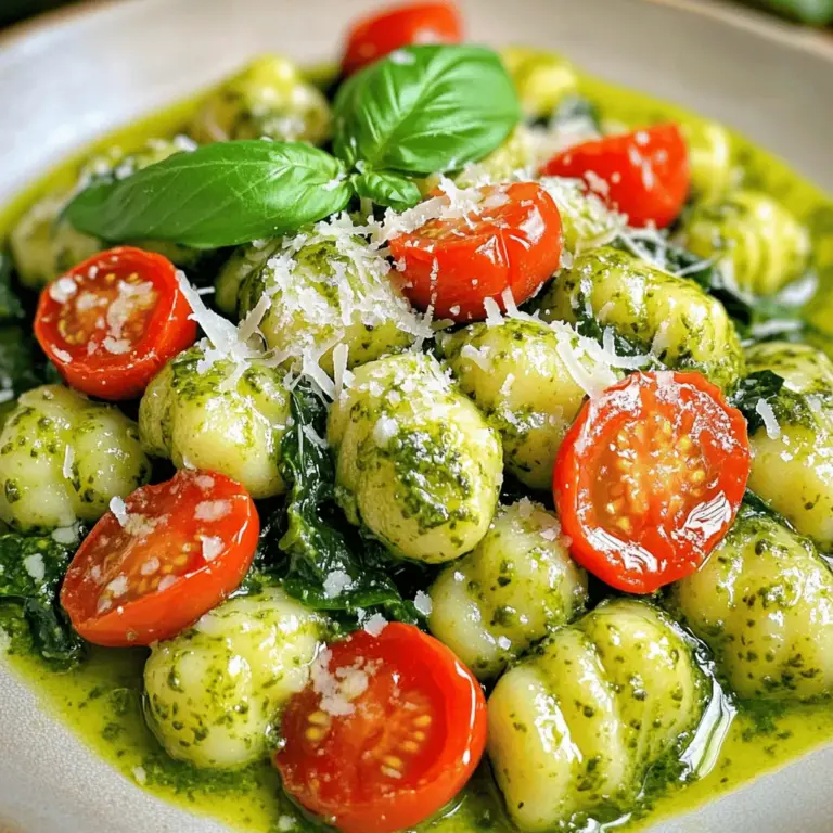 - 450 g Kartoffelgnocchi - 240 ml frisches Basilikumpesto - 240 ml Schlagsahne - 240 ml Kirschtomaten, halbiert - 240 ml Blattspinat, grob gehackt - 50 g geriebener Parmesan - 2 Esslöffel Olivenöl - Salz und Pfeffer nach Geschmack - Zerstoßene rote Pfefferflocken (optional für Schärfe) Um cremige Pesto Gnocchi zuzubereiten, brauche ich frische und einfache Zutaten. Gnocchi sind die perfekte Basis für dieses Gericht. Sie sind weich und nehmen die Sauce gut auf. Ich verwende frisches Basilikumpesto, das den Gnocchi einen tollen Geschmack verleiht. Die Schlagsahne macht die Sauce cremig und reichhaltig. Es ist wichtig, frische Kirschtomaten zu wählen. Sie geben dem Gericht eine süße Note. Der Blattspinat sorgt für eine schöne grüne Farbe und zusätzlichen Nährwert. Parmesan ist ein Muss, um den Geschmack zu intensivieren. Olivenöl bringt alles zusammen. Es ist einfach, mit Salz und Pfeffer zu würzen. Für einen kleinen Kick, füge zerstoßene rote Pfefferflocken hinzu. Diese Zutaten ergeben ein schnelles und leckeres Gericht. Du kannst die genaue Mengenangabe in meinem [Full Recipe] nachlesen. - Bringen Sie in einem großen Topf Salzwasser zum Kochen. - Kochen Sie die Gnocchi gemäß der Verpackungsanweisung, bis sie an die Oberfläche schwimmen. Das dauert meist 2-3 Minuten. - Gießen Sie die Gnocchi ab und stellen Sie sie beiseite. - Erhitzen Sie das Olivenöl in einer großen Pfanne bei mittlerer Hitze. - Geben Sie die halbierten Kirschtomaten hinzu und braten Sie sie etwa 3-4 Minuten an, bis sie weich sind. - Fügen Sie den grob gehackten Spinat in die Pfanne. Lassen Sie ihn 2 Minuten garen, bis er zusammengefallen ist. - Reduzieren Sie die Hitze auf niedrig und gießen Sie die Schlagsahne in die Pfanne. - Rühren Sie das Basilikumpesto ein, bis alles gut vermischt ist. - Lassen Sie die Sauce 2-3 Minuten leicht köcheln, damit sie eindickt. - Fügen Sie die gekochten Gnocchi vorsichtig in die Pesto-Cremesauce hinzu. - Rühren Sie den geriebenen Parmesan unter und würzen Sie mit Salz, Pfeffer und optional mit zerstoßenen roten Pfefferflocken. - Gut umrühren, bis der Käse geschmolzen ist und die Gnocchi gleichmäßig bedeckt sind. Um die Sauce noch cremiger zu machen, koche sie kürzer. Lass sie nur leicht köcheln. So bleibt die Textur schön weich. Frisches Pesto hat einen klaren Vorteil. Es bringt mehr Geschmack und Nährstoffe. Gekauftes Pesto kann weniger frisch schmecken. Wenn du die Wahl hast, nimm frisches Pesto. Serviere die Gnocchi in flachen Schalen. Dies gibt deinem Gericht eine elegante Note. Ein Spritzer Olivenöl macht alles besser. Garniere mit frischem Basilikum und geriebenem Parmesan. So sieht dein Gericht toll aus und schmeckt noch besser. Frisch hergestellte Gnocchi sind der Schlüssel. Sie haben eine tolle Textur und Geschmack. Du kannst auch Gnocchi backen. Das gibt ihnen eine knusprige Außenseite. Diese Methode ist einfach und lecker. Wenn du mehr über die Zubereitung erfahren möchtest, schau dir das Full Recipe an. {{image_4}} Wenn du eine vegane Variante von cremigen Pesto Gnocchi machen möchtest, gibt es einfache Anpassungen. - Verwendung von pflanzlicher Sahne: Statt normaler Sahne kannst du pflanzliche Sahne verwenden. Kokos- oder Hafercreme eignen sich gut. Sie geben der Sauce eine tolle Cremigkeit. - Alternativen für Parmesan: Anstelle von Parmesan kannst du Hefeflocken oder Cashewkäse nutzen. Diese Optionen verleihen deinem Gericht einen herzhaften Geschmack ohne tierische Produkte. Wenn du auf Gluten verzichten musst, gibt es auch hier Lösungen. - Glutenfreie Gnocchi verwenden: Suche nach glutenfreien Gnocchi im Supermarkt. Diese sind meist aus Reis- oder Kartoffelmehl gemacht und schmecken großartig. - Anpassungen an den Zutaten: Achte darauf, dass das Pesto und die anderen Zutaten auch glutenfrei sind. So bleibt dein Gericht sicher für glutenfreie Ernährung. Wenn du dein Gericht aufpeppen möchtest, probiere diese Zusatzstoffe. - Hackfleisch oder Shrimps hinzufügen: Du kannst Hackfleisch oder Shrimps in die Sauce einarbeiten. Brate sie zuerst an, bevor du die anderen Zutaten hinzufügst. Das gibt mehr Geschmack und Fülle. - Saisonales Gemüse einbeziehen: Füge frisches, saisonales Gemüse hinzu. Zucchini, Paprika oder Erbsen passen hervorragend. Sie bringen Farbe und Nährstoffe in dein Gericht. Für das vollständige Rezept, schau dir die [Full Recipe] an. - Kühlung der Reste: Lagern Sie die Reste in einem luftdichten Behälter. Stellen Sie sicher, dass die Gnocchi vollständig abgekühlt sind, bevor Sie sie in den Kühlschrank stellen. So bleibt der Geschmack frisch und lecker. - Anleitung zum Aufwärmen: Zum Aufwärmen können Sie die Gnocchi in einer Pfanne bei mittlerer Hitze erhitzen. Fügen Sie etwas Sahne oder Wasser hinzu, um die Sauce cremig zu halten. Sie können auch die Mikrowelle verwenden. Stellen Sie sicher, dass Sie die Reste in einem mikrowellengeeigneten Behälter aufwärmen. - Tipps zur Aufbewahrung im Kühlschrank: Die Gnocchi bleiben im Kühlschrank etwa 3 bis 4 Tage haltbar. Achten Sie darauf, sie gut abzudecken, um Gerüche zu vermeiden. - Einfrieren und Auftauen: Sie können die Gnocchi auch einfrieren. Verwenden Sie einen gefrierfesten Behälter. Vor dem Einfrieren sollten Sie die Gnocchi portionieren. Zum Auftauen legen Sie sie über Nacht in den Kühlschrank oder erwärmen sie direkt in der Pfanne. - Verwendung in Salaten oder als Füllung: Reste von cremigen Pesto-Gnocchi sind perfekt für Salate. Mischen Sie sie mit frischem Gemüse und einem leichten Dressing. Sie können die Gnocchi auch als Füllung für Tortillas oder Wraps verwenden. So genießen Sie eine neue, leckere Mahlzeit! Die Zubereitung braucht wenig Zeit. Die Vorbereitungszeit beträgt nur 10 Minuten. Das Kochen dauert etwa 20 Minuten. Insgesamt sind es also nur 30 Minuten, bis du das leckere Gericht genießen kannst. Für vier Portionen ist das sehr schnell. Du kannst die Gnocchi während der Zubereitung der Sauce kochen. So sparst du noch mehr Zeit. Ja, du kannst frisches Pesto ganz einfach selbst machen. Du brauchst nur einige Zutaten. Hier ist eine kurze Anleitung: - Zutaten für Pesto: - 50 g frisches Basilikum - 30 g Pinienkerne - 50 g Parmesan - 120 ml Olivenöl - 1 Knoblauchzehe - Salz nach Geschmack 1. Gib alle Zutaten in einen Mixer. 2. Mixe sie, bis eine glatte Paste entsteht. 3. Schmecke das Pesto mit Salz ab. Frisches Pesto ist sehr aromatisch und passt perfekt zu den Gnocchi. Wenn du keine Gnocchi hast, gibt es gute Alternativen. Hier sind einige Optionen: - Pasta: Verwende Spaghetti oder Penne. Koche sie nach Anleitung. - Zoodles: Zucchini-Nudeln sind eine gesunde Wahl. Du kannst sie leicht anbraten. - Reis: Gekochter Reis kann auch gut in der Sauce schmecken. Jede dieser Alternativen bringt einen eigenen Geschmack in dein Gericht. Wähle die, die dir am besten gefällt! Diese Gnocchi mit Pesto, Sahne und frischem Gemüse sind einfach köstlich. Wir haben frische Zutaten genutzt, um eine cremige Sauce zu zaubern. Die Zubereitung ist schnell und macht Spaß. Variationen wie vegane oder glutenfreie Optionen stehen bereit. Nutzen Sie die Tipps für die perfekte Präsentation. Speichern Sie Reste für andere Mahlzeiten. Probieren Sie es aus! Sie werden sehen, wie einfach und lecker es ist, dieses Gericht zuzubereiten. Lassen Sie Ihrer Kreativität freien Lauf und genießen Sie jedes Bissen!