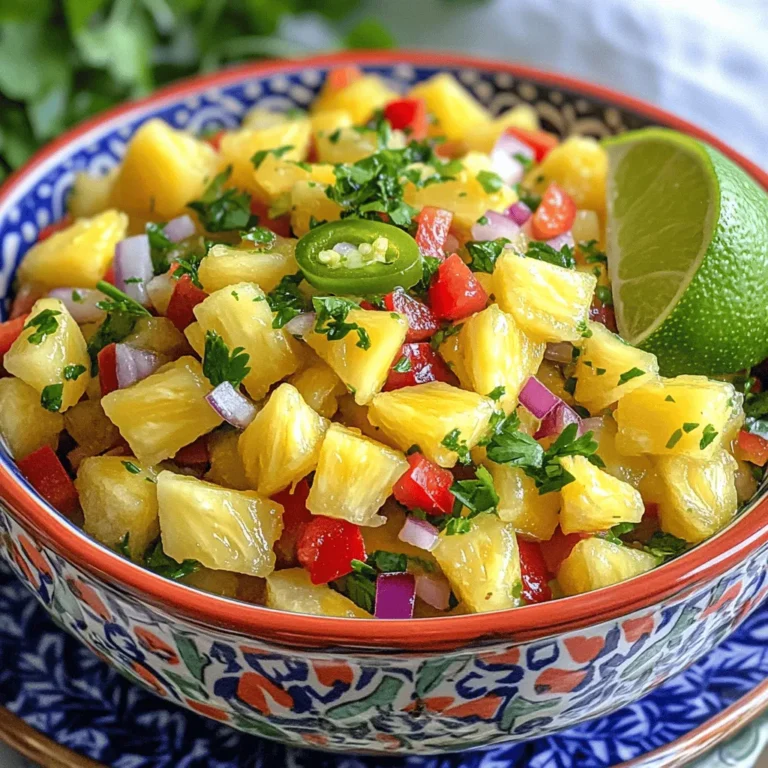 - 1 reife Ananas - 1 rote Paprika - 1 kleine rote Zwiebel - 1 Jalapeño - 1/3 Tasse frischer Koriander Die Hauptzutaten sind einfach und frisch. Die reife Ananas bringt Süße und Saftigkeit. Die rote Paprika fügt Knackigkeit und Farbe hinzu. Rote Zwiebel sorgt für einen milden Zwiebelgeschmack. Die Jalapeño bringt eine schöne Schärfe, die die Aromen hebt. Frischer Koriander rundet alles mit seinem einzigartigen Aroma ab. - Saft von 1 Limette - Salz nach Geschmack - 1 Esslöffel Honig (optional) Limettensaft bringt Frische und einen spritzigen Kick. Salz hebt den Geschmack der Salsa. Wenn Sie etwas Süße mögen, fügen Sie Honig hinzu. Es ist optional, aber es macht die Salsa noch besser. - Portionen: 4-6 - Häufig genutzte Maßeinheiten Das Rezept ergibt 4 bis 6 Portionen, ideal für eine kleine Feier oder ein Abendessen. Verwenden Sie einfache Maßeinheiten wie Tassen und Esslöffel für die Zutaten. So bleibt alles klar und einfach. Für das vollständige Rezept schauen Sie sich das Rezept für die tropische Ananas Salsa an. Um die Ananas richtig vorzubereiten, schälen Sie die Frucht zuerst. Nehmen Sie ein scharfes Messer und schneiden Sie die Schale vorsichtig ab. Achten Sie darauf, die Augen der Ananas zu entfernen. Danach schneiden Sie die Ananas in gleichmäßige Würfel. Diese Stücke sollten klein genug sein, um sie gut vermischen zu können. Ein Tipp: Halten Sie die Ananas aufrecht und schneiden Sie von oben nach unten. So geht es schneller und einfacher. Jetzt ist es Zeit, weitere Zutaten hinzuzufügen. Hacken Sie die rote Paprika in kleine Stücke. Achten Sie darauf, die Kerne zu entfernen. Tun Sie dasselbe mit der roten Zwiebel. Diese Stücke geben der Salsa Farbe und Geschmack. Für die Jalapeño, entfernen Sie die Samen. Schneiden Sie sie dann in feine Stücke. Diese bringen eine schöne Schärfe in die Salsa. Jetzt kommen die besten Zutaten zusammen. Geben Sie den frisch gehackten Koriander in die Schüssel. Dieser sorgt für ein frisches Aroma. Pressen Sie dann den Saft der Limette über die Mischung. Rühren Sie alle Zutaten gut um. Jetzt können Sie die Salsa probieren. Fügen Sie Salz nach Geschmack hinzu und, wenn gewünscht, einen Esslöffel Honig für etwas Süße. Lassen Sie die Salsa für 15 bis 30 Minuten ruhen. So können sich die Aromen richtig entfalten. Wenn Sie das gesamte Rezept nachlesen möchten, schauen Sie sich das Full Recipe an. Wie lange sollte die Salsa ruhen? Ich empfehle, die Salsa 15 bis 30 Minuten ruhen zu lassen. Dies hilft den Aromen, sich zu verbinden. Die Zeit gibt den Zutaten die Chance, ihre besten Geschmäcker zu entfalten. Für empfohlene Kühlzeiten ist es am besten, die Salsa im Kühlschrank zu lagern. So bleibt sie frisch und lecker. Eine Kühlzeit von einer Stunde ist ideal, falls Sie es planen. Kühlen macht die Salsa noch schmackhafter. Um die richtige Mischung zu bekommen, sollten Sie die Zutaten gleichmäßig zerkleinern. Achten Sie darauf, dass die Ananas, Paprika und Zwiebel ähnlich groß sind. Eine gute Konsistenz macht die Salsa ansprechender. Vermeiden Sie zu große Stücke, damit alles gut vermischt wird. Ein weiterer Tipp ist, die Salsa vorsichtig zu rühren. Zu starkes Rühren kann die Ananas zerdrücken. Das Ziel ist eine frische, knackige Textur. Für die Präsentation empfehle ich, die Salsa in einer schönen Schüssel zu servieren. Dekorieren Sie die Oberseite mit frischen Korianderblättern. Dies sieht nicht nur gut aus, sondern hebt auch den Geschmack hervor. Echte Klassiker zum Servieren sind Tortillachips oder gegrilltes Hähnchen. Auch Fisch passt perfekt dazu. Diese Kombinationen bringen die tropischen Aromen der Salsa zur Geltung. Probieren Sie es aus! Für das vollständige Rezept schauen Sie sich [Full Recipe] an. {{image_4}} Für frische Ananas Salsa kannst du viele Früchte hinzufügen. Mango und Kiwi sind tolle Optionen. Sie bringen neue Aromen und Farben ins Spiel. Du kannst auch mit Gewürzen spielen. Ein wenig Kreuzkümmel oder Pfeffer kann den Geschmack vertiefen. Frische Minze oder Oregano geben der Salsa eine interessante Wendung. Wenn du nach Low-Carb-Optionen suchst, lasse den Honig weg. Die Salsa bleibt auch ohne ihn lecker. Für vegane Varianten ist dieses Rezept schon perfekt. Es enthält keine tierischen Produkte. Du kannst auch glutenfreie Zutaten verwenden. Achte darauf, dass deine Chips oder Beilagen glutenfrei sind. So bleibt alles sicher und schmackhaft. Die Salsa ist nicht nur ein Snack. Sie eignet sich auch gut für Geschenke. Fülle sie in ein schönes Glas und verschenke sie an Freunde. In Salaten bringt sie Frische und Farbe. Du kannst sie auch mit verschiedenen Proteinen kombinieren. Sie passt gut zu gegrilltem Hähnchen oder Fisch. Einfach lecker! Um die Frische der Salsa zu bewahren, solltest du sie in einem luftdichten Behälter aufbewahren. Achte darauf, dass die Salsa gut abgedeckt ist, um Luftkontakt zu vermeiden. Dies verhindert, dass sie austrocknet oder Aromen verliert. Die optimale Kühlschrankaufbewahrung erfolgt bei einer Temperatur zwischen 1 und 4 Grad Celsius. Stelle den Behälter in die kälteste Zone des Kühlschranks. So bleibt die Salsa länger frisch und lecker. Wie lange ist die Salsa haltbar? Frische Ananas Salsa hält sich im Kühlschrank etwa 3 bis 5 Tage. Nach dieser Zeit könnten die Zutaten ihre Frische verlieren. Es ist wichtig, die Salsa regelmäßig auf Anzeichen von Verderb zu prüfen. Anzeichen von Verderb sind ein unangenehmer Geruch, eine matschige Konsistenz oder Schimmelbildung. Wenn du solche Veränderungen bemerkst, wirf die Salsa besser weg. Möchtest du die Salsa länger aufbewahren? Du kannst sie auch einfrieren. Fülle die Salsa in einen gefriergeeigneten Behälter. Lass etwas Platz oben, damit sich die Salsa beim Gefrieren ausdehnen kann. Um die Salsa aufzutauen, stelle sie über Nacht in den Kühlschrank. Du kannst sie auch in der Mikrowelle auftauen. Beachte, dass die Textur nach dem Auftauen leicht verändert sein kann. Sie bleibt jedoch geschmacklich gut. Für das vollständige Rezept schau dir die gesamte Anleitung zur Tropischen Ananas Salsa an. Um eine Ananas richtig zu schneiden, folge diesen einfachen Schritten: 1. Spitze und Boden entfernen: Schneide die obere und untere Spitze der Ananas ab. Dadurch steht die Ananas stabil. 2. Schälen: Halte die Ananas aufrecht. Schneide mit einem scharfen Messer die Schale von oben nach unten ab. Achte darauf, die braunen Augen zu entfernen. 3. In Stücke schneiden: Lege die geschälte Ananas auf die Seite. Schneide sie in Ringe und dann in Würfel. Diese Technik sorgt für gleichmäßige Stücke und macht das Schneiden schnell. Ja, du kannst die Salsa im Voraus zubereiten. Beachte diese Tipps: - Frisch halten: Bereite die Salsa bis zu 24 Stunden vorher zu. Bewahre sie in einem luftdichten Behälter im Kühlschrank auf. - Aromen entfalten: Die Aromen entwickeln sich besser, wenn die Salsa etwas Zeit hat. Lass sie mindestens 30 Minuten vor dem Servieren ruhen. Serviere die Salsa gekühlt für den besten Geschmack. Ananas Salsa passt gut zu vielen Speisen. Hier sind einige Vorschläge: - Tortillachips: Die süße und scharfe Salsa ergänzt die knusprigen Chips perfekt. - Gegrilltes Hähnchen: Die Frische der Salsa bringt einen tollen Kontrast zum Grillgeschmack. - Fisch: Probiere sie mit gegrilltem Lachs oder Garnelen. Du kannst auch Ananas Salsa zu Tacos oder Wraps hinzufügen. Ja, Ananas Salsa ist gesund. Hier sind einige Vorteile: - Nährstoffe: Ananas ist reich an Vitaminen, besonders Vitamin C. Sie unterstützt dein Immunsystem. - Ballaststoffe: Sie enthält Ballaststoffe, die gut für die Verdauung sind. - Wenig Kalorien: Die Salsa hat wenig Kalorien und viele frische Zutaten. Genieße Ananas Salsa ohne schlechtes Gewissen! Für das vollständige Rezept besuche [Full Recipe]. Frische Ananas Salsa ist einfach zuzubereiten und lecker. Wir haben die Hauptzutaten wie reife Ananas, Paprika und Jalapeños ausführlich betrachtet. Die Schritt-für-Schritt-Anleitung zeigt, wie man die Salsa perfekt zubereitet. Denken Sie daran, den Salsa Zeit zum Ruhen zu geben, um die Aromen zu intensivieren. Experimentieren Sie mit Variationen und passen Sie das Rezept an Ihre Bedürfnisse an. Mit diesen Tipps gelingt Ihre Ananas Salsa garantiert! Genießen Sie sie zu Ihren Lieblingsgerichten.