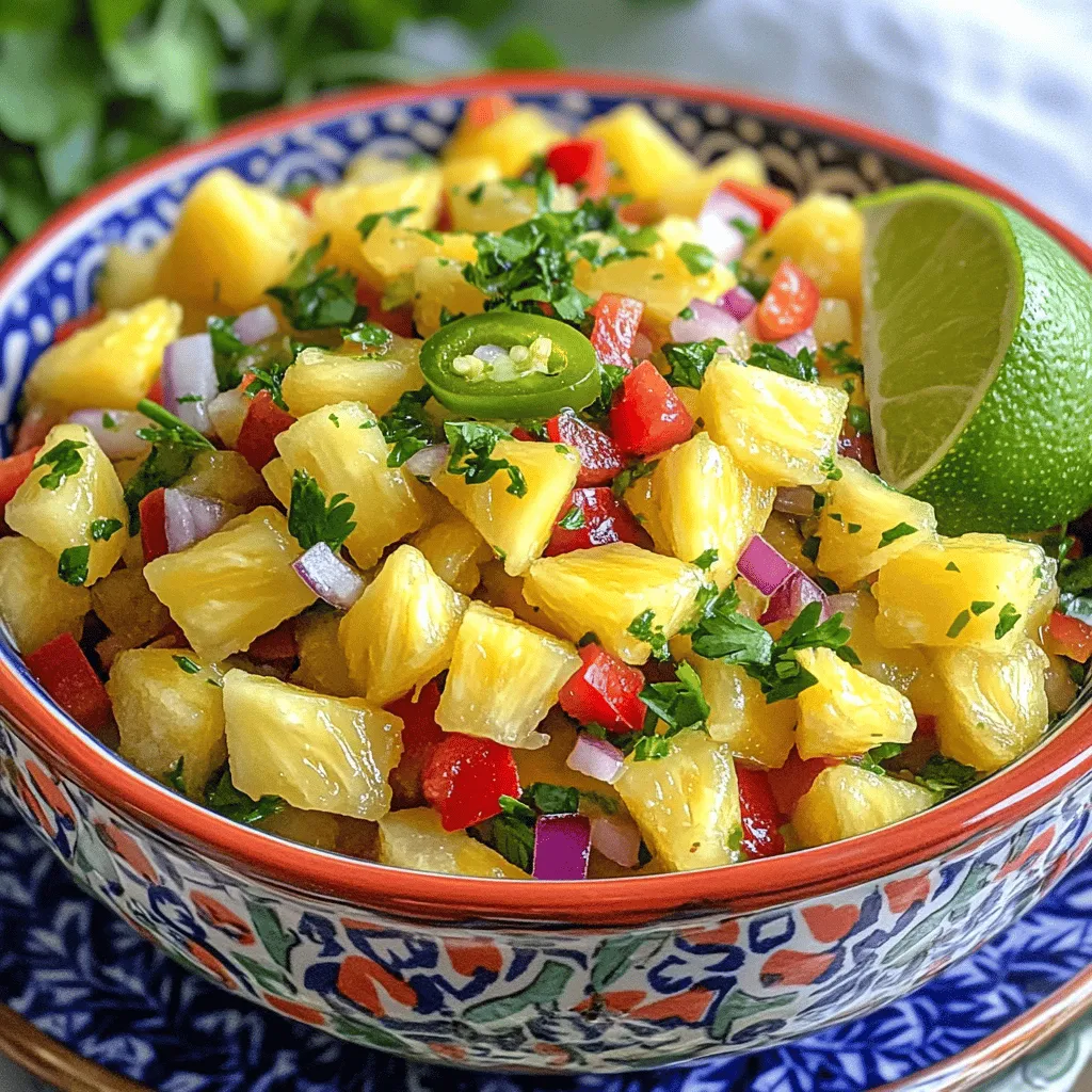 - 1 reife Ananas - 1 rote Paprika - 1 kleine rote Zwiebel - 1 Jalapeño - 1/3 Tasse frischer Koriander Die Hauptzutaten sind einfach und frisch. Die reife Ananas bringt Süße und Saftigkeit. Die rote Paprika fügt Knackigkeit und Farbe hinzu. Rote Zwiebel sorgt für einen milden Zwiebelgeschmack. Die Jalapeño bringt eine schöne Schärfe, die die Aromen hebt. Frischer Koriander rundet alles mit seinem einzigartigen Aroma ab. - Saft von 1 Limette - Salz nach Geschmack - 1 Esslöffel Honig (optional) Limettensaft bringt Frische und einen spritzigen Kick. Salz hebt den Geschmack der Salsa. Wenn Sie etwas Süße mögen, fügen Sie Honig hinzu. Es ist optional, aber es macht die Salsa noch besser. - Portionen: 4-6 - Häufig genutzte Maßeinheiten Das Rezept ergibt 4 bis 6 Portionen, ideal für eine kleine Feier oder ein Abendessen. Verwenden Sie einfache Maßeinheiten wie Tassen und Esslöffel für die Zutaten. So bleibt alles klar und einfach. Für das vollständige Rezept schauen Sie sich das Rezept für die tropische Ananas Salsa an. Um die Ananas richtig vorzubereiten, schälen Sie die Frucht zuerst. Nehmen Sie ein scharfes Messer und schneiden Sie die Schale vorsichtig ab. Achten Sie darauf, die Augen der Ananas zu entfernen. Danach schneiden Sie die Ananas in gleichmäßige Würfel. Diese Stücke sollten klein genug sein, um sie gut vermischen zu können. Ein Tipp: Halten Sie die Ananas aufrecht und schneiden Sie von oben nach unten. So geht es schneller und einfacher. Jetzt ist es Zeit, weitere Zutaten hinzuzufügen. Hacken Sie die rote Paprika in kleine Stücke. Achten Sie darauf, die Kerne zu entfernen. Tun Sie dasselbe mit der roten Zwiebel. Diese Stücke geben der Salsa Farbe und Geschmack. Für die Jalapeño, entfernen Sie die Samen. Schneiden Sie sie dann in feine Stücke. Diese bringen eine schöne Schärfe in die Salsa. Jetzt kommen die besten Zutaten zusammen. Geben Sie den frisch gehackten Koriander in die Schüssel. Dieser sorgt für ein frisches Aroma. Pressen Sie dann den Saft der Limette über die Mischung. Rühren Sie alle Zutaten gut um. Jetzt können Sie die Salsa probieren. Fügen Sie Salz nach Geschmack hinzu und, wenn gewünscht, einen Esslöffel Honig für etwas Süße. Lassen Sie die Salsa für 15 bis 30 Minuten ruhen. So können sich die Aromen richtig entfalten. Wenn Sie das gesamte Rezept nachlesen möchten, schauen Sie sich das Full Recipe an. Wie lange sollte die Salsa ruhen? Ich empfehle, die Salsa 15 bis 30 Minuten ruhen zu lassen. Dies hilft den Aromen, sich zu verbinden. Die Zeit gibt den Zutaten die Chance, ihre besten Geschmäcker zu entfalten. Für empfohlene Kühlzeiten ist es am besten, die Salsa im Kühlschrank zu lagern. So bleibt sie frisch und lecker. Eine Kühlzeit von einer Stunde ist ideal, falls Sie es planen. Kühlen macht die Salsa noch schmackhafter. Um die richtige Mischung zu bekommen, sollten Sie die Zutaten gleichmäßig zerkleinern. Achten Sie darauf, dass die Ananas, Paprika und Zwiebel ähnlich groß sind. Eine gute Konsistenz macht die Salsa ansprechender. Vermeiden Sie zu große Stücke, damit alles gut vermischt wird. Ein weiterer Tipp ist, die Salsa vorsichtig zu rühren. Zu starkes Rühren kann die Ananas zerdrücken. Das Ziel ist eine frische, knackige Textur. Für die Präsentation empfehle ich, die Salsa in einer schönen Schüssel zu servieren. Dekorieren Sie die Oberseite mit frischen Korianderblättern. Dies sieht nicht nur gut aus, sondern hebt auch den Geschmack hervor. Echte Klassiker zum Servieren sind Tortillachips oder gegrilltes Hähnchen. Auch Fisch passt perfekt dazu. Diese Kombinationen bringen die tropischen Aromen der Salsa zur Geltung. Probieren Sie es aus! Für das vollständige Rezept schauen Sie sich [Full Recipe] an. {{image_4}} Für frische Ananas Salsa kannst du viele Früchte hinzufügen. Mango und Kiwi sind tolle Optionen. Sie bringen neue Aromen und Farben ins Spiel. Du kannst auch mit Gewürzen spielen. Ein wenig Kreuzkümmel oder Pfeffer kann den Geschmack vertiefen. Frische Minze oder Oregano geben der Salsa eine interessante Wendung. Wenn du nach Low-Carb-Optionen suchst, lasse den Honig weg. Die Salsa bleibt auch ohne ihn lecker. Für vegane Varianten ist dieses Rezept schon perfekt. Es enthält keine tierischen Produkte. Du kannst auch glutenfreie Zutaten verwenden. Achte darauf, dass deine Chips oder Beilagen glutenfrei sind. So bleibt alles sicher und schmackhaft. Die Salsa ist nicht nur ein Snack. Sie eignet sich auch gut für Geschenke. Fülle sie in ein schönes Glas und verschenke sie an Freunde. In Salaten bringt sie Frische und Farbe. Du kannst sie auch mit verschiedenen Proteinen kombinieren. Sie passt gut zu gegrilltem Hähnchen oder Fisch. Einfach lecker! Um die Frische der Salsa zu bewahren, solltest du sie in einem luftdichten Behälter aufbewahren. Achte darauf, dass die Salsa gut abgedeckt ist, um Luftkontakt zu vermeiden. Dies verhindert, dass sie austrocknet oder Aromen verliert. Die optimale Kühlschrankaufbewahrung erfolgt bei einer Temperatur zwischen 1 und 4 Grad Celsius. Stelle den Behälter in die kälteste Zone des Kühlschranks. So bleibt die Salsa länger frisch und lecker. Wie lange ist die Salsa haltbar? Frische Ananas Salsa hält sich im Kühlschrank etwa 3 bis 5 Tage. Nach dieser Zeit könnten die Zutaten ihre Frische verlieren. Es ist wichtig, die Salsa regelmäßig auf Anzeichen von Verderb zu prüfen. Anzeichen von Verderb sind ein unangenehmer Geruch, eine matschige Konsistenz oder Schimmelbildung. Wenn du solche Veränderungen bemerkst, wirf die Salsa besser weg. Möchtest du die Salsa länger aufbewahren? Du kannst sie auch einfrieren. Fülle die Salsa in einen gefriergeeigneten Behälter. Lass etwas Platz oben, damit sich die Salsa beim Gefrieren ausdehnen kann. Um die Salsa aufzutauen, stelle sie über Nacht in den Kühlschrank. Du kannst sie auch in der Mikrowelle auftauen. Beachte, dass die Textur nach dem Auftauen leicht verändert sein kann. Sie bleibt jedoch geschmacklich gut. Für das vollständige Rezept schau dir die gesamte Anleitung zur Tropischen Ananas Salsa an. Um eine Ananas richtig zu schneiden, folge diesen einfachen Schritten: 1. Spitze und Boden entfernen: Schneide die obere und untere Spitze der Ananas ab. Dadurch steht die Ananas stabil. 2. Schälen: Halte die Ananas aufrecht. Schneide mit einem scharfen Messer die Schale von oben nach unten ab. Achte darauf, die braunen Augen zu entfernen. 3. In Stücke schneiden: Lege die geschälte Ananas auf die Seite. Schneide sie in Ringe und dann in Würfel. Diese Technik sorgt für gleichmäßige Stücke und macht das Schneiden schnell. Ja, du kannst die Salsa im Voraus zubereiten. Beachte diese Tipps: - Frisch halten: Bereite die Salsa bis zu 24 Stunden vorher zu. Bewahre sie in einem luftdichten Behälter im Kühlschrank auf. - Aromen entfalten: Die Aromen entwickeln sich besser, wenn die Salsa etwas Zeit hat. Lass sie mindestens 30 Minuten vor dem Servieren ruhen. Serviere die Salsa gekühlt für den besten Geschmack. Ananas Salsa passt gut zu vielen Speisen. Hier sind einige Vorschläge: - Tortillachips: Die süße und scharfe Salsa ergänzt die knusprigen Chips perfekt. - Gegrilltes Hähnchen: Die Frische der Salsa bringt einen tollen Kontrast zum Grillgeschmack. - Fisch: Probiere sie mit gegrilltem Lachs oder Garnelen. Du kannst auch Ananas Salsa zu Tacos oder Wraps hinzufügen. Ja, Ananas Salsa ist gesund. Hier sind einige Vorteile: - Nährstoffe: Ananas ist reich an Vitaminen, besonders Vitamin C. Sie unterstützt dein Immunsystem. - Ballaststoffe: Sie enthält Ballaststoffe, die gut für die Verdauung sind. - Wenig Kalorien: Die Salsa hat wenig Kalorien und viele frische Zutaten. Genieße Ananas Salsa ohne schlechtes Gewissen! Für das vollständige Rezept besuche [Full Recipe]. Frische Ananas Salsa ist einfach zuzubereiten und lecker. Wir haben die Hauptzutaten wie reife Ananas, Paprika und Jalapeños ausführlich betrachtet. Die Schritt-für-Schritt-Anleitung zeigt, wie man die Salsa perfekt zubereitet. Denken Sie daran, den Salsa Zeit zum Ruhen zu geben, um die Aromen zu intensivieren. Experimentieren Sie mit Variationen und passen Sie das Rezept an Ihre Bedürfnisse an. Mit diesen Tipps gelingt Ihre Ananas Salsa garantiert! Genießen Sie sie zu Ihren Lieblingsgerichten.