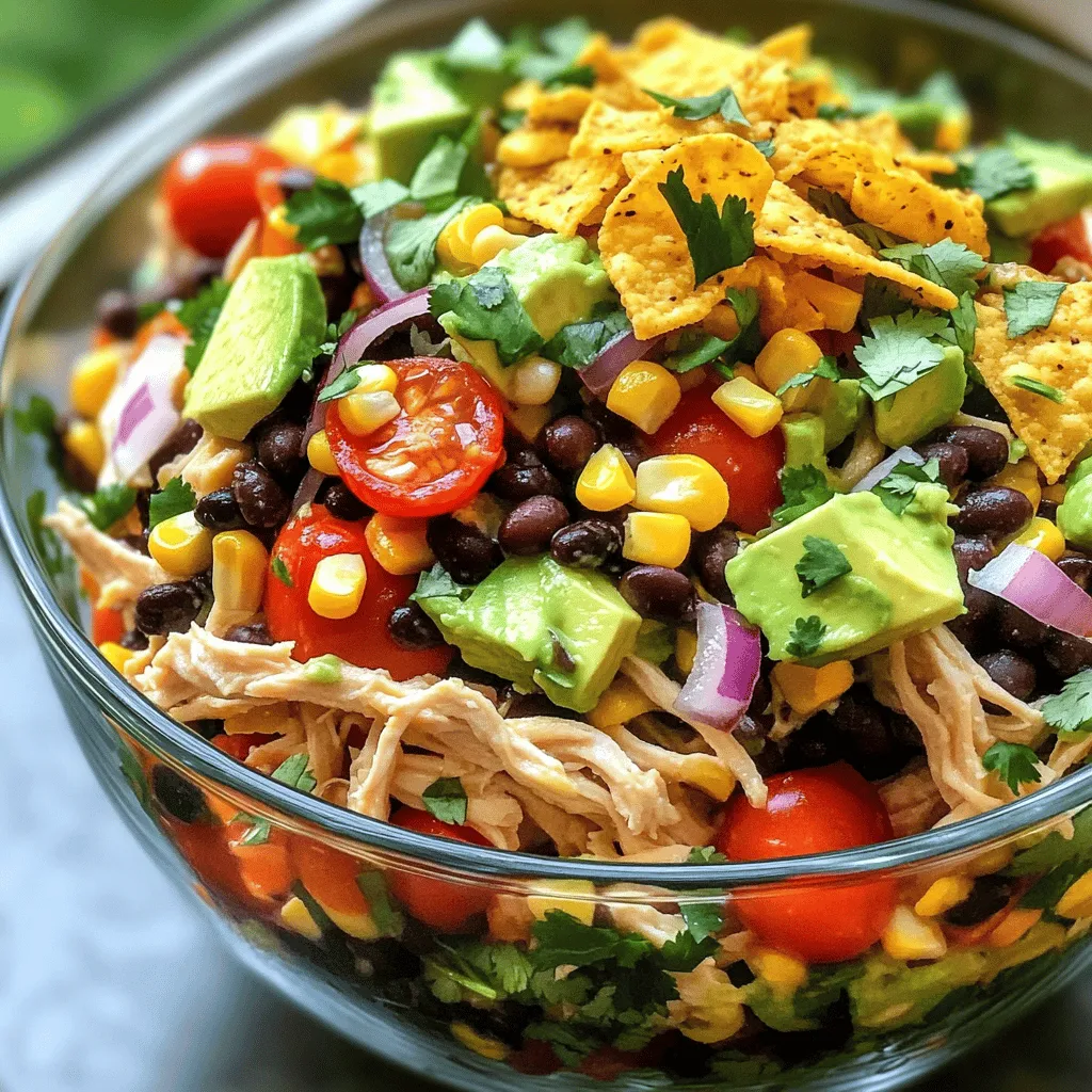 Für den perfekten Südwest Chicken Salad brauchst du folgende Zutaten: - 2 Tassen gekochte und zerkleinerte Hähnchenbrust - 1 Dose (425 g) schwarze Bohnen, abgespült und abgetropft - 1 Tasse Maiskörner (frisch oder gefroren) - 1 rote Paprika, gewürfelt - 1 Avocado, gewürfelt - 1 Tasse Kirschtomaten, halbiert - 1 kleine rote Zwiebel, fein gehackt - 1/2 Tasse frischer Koriander, gehackt - Saft von 2 Limetten - 3 Esslöffel Olivenöl - 1 Esslöffel Chilipulver - 1 Teelöffel Kreuzkümmel - Salz und Pfeffer nach Geschmack - Tortilla-Chips (zum Servieren) Diese Zutaten geben deinem Salat den typischen, kräftigen Geschmack. Die Kombination von Hähnchen, Bohnen und frischem Gemüse sorgt für einen tollen Biss. Avocado fügt Cremigkeit hinzu, während Limettensaft Frische bringt. Dieser Salat ist nicht nur lecker, sondern auch nahrhaft. Er ist reich an Proteinen durch das Hähnchen und die Bohnen. Die Avocado liefert gesunde Fette. Frisches Gemüse sorgt für Vitamine und Ballaststoffe. Eine Portion hat ungefähr: - Kalorien: 350 - Eiweiß: 30 g - Fett: 20 g - Kohlenhydrate: 30 g Diese Werte können je nach Zutaten und Portionen variieren. Du kannst viele Zutaten nach deinem Geschmack ändern. Zum Beispiel, wenn du kein Hähnchen magst, nimm Tofu oder Kichererbsen. Für mehr Crunch, füge Nüsse oder Samen hinzu. Anstelle von Limettensaft kannst du Zitronensaft verwenden. Sei kreativ! Probiere verschiedene Gemüsesorten oder Kräuter. So wird dein Salat immer neu und spannend. Für das vollständige Rezept schau dir den Abschnitt [Full Recipe] an. Um den Südwest Chicken Salad zuzubereiten, benötigst du eine große Rührschüssel. Beginne mit zwei Tassen gekochter und zerkleinerter Hähnchenbrust. Füge dann eine Dose schwarze Bohnen hinzu, die du gut abgespült und abgetropft hast. Danach kommen eine Tasse frischer oder gefrorener Mais und eine gewürfelte rote Paprika in die Schüssel. Jetzt ist die Avocado an der Reihe. Schneide sie in kleine Stücke und gib sie dazu. Halbiere eine Tasse Kirschtomaten und füge sie ebenfalls hinzu. Zerkleinere eine kleine rote Zwiebel und mische sie unter die anderen Zutaten. Zuletzt kommt eine halbe Tasse frischer Koriander, der dem Salat einen tollen Geschmack verleiht. Für das Dressing nimm eine kleine Schüssel. Presse den Saft von zwei Limetten hinein. Füge drei Esslöffel Olivenöl, einen Esslöffel Chilipulver und einen Teelöffel Kreuzkümmel hinzu. Würze das Dressing mit Salz und Pfeffer nach Geschmack. Mit einem Schneebesen vermischst du alles gut. Achte darauf, dass die Zutaten gut vermengt sind. Gieße das Dressing gleichmäßig über die Salatzutaten in der großen Schüssel. Vermenge alles vorsichtig, bis die Zutaten gut mit dem Dressing bedeckt sind. Probiere den Salat und stelle sicher, dass der Geschmack stimmt. Du kannst mehr Salz, Pfeffer oder Limettensaft hinzufügen, wenn du es möchtest. Lass den Salat etwa zehn Minuten ruhen, damit sich die Aromen entfalten können. Serviere ihn dann in Schüsseln oder auf einem großen Teller. Vergiss nicht, ihn mit knusprigen Tortilla-Chips zu garnieren, um einen zusätzlichen Crunch zu erhalten. Das ist die Schritt-für-Schritt-Anleitung für den Südwest Chicken Salad. Wenn du mehr Informationen dazu suchst, schau dir die Full Recipe an. Um den Geschmack des Salats zu verbessern, probiere frische Limetten. Limettensaft gibt dem Salat einen tollen Kick. Achte darauf, das Dressing gut zu mischen. Du kannst mehr Salz oder Pfeffer hinzufügen, wenn es nötig ist. Probiere auch verschiedene Koriander-Mengen. Koriander bringt eine frische Note. Die Vorbereitung dauert nur 15 Minuten. Du kannst die gekochte Hähnchenbrust im Voraus zubereiten. Das spart Zeit. Du kannst auch gefrorenen Mais verwenden. So geht es noch schneller. Halte die Zutaten bereit, um den Prozess zu beschleunigen. Serviere den Salat in einer klaren Schüssel. So kommen die Farben gut zur Geltung. Dekoriere mit frischem Koriander. Zerbrich Tortilla-Chips für extra Crunch. Lege sie oben auf, kurz vor dem Servieren. So bleibt der Salat knusprig. Diese Präsentation macht Eindruck auf dem Tisch. Für das volle Rezept, siehe den Abschnitt über die Zutaten. {{image_4}} Um eine vegane Version des Südwestlichen Fiesta-Hähnchensalats zu machen, ersetze das Hähnchen durch Kichererbsen oder Tofu. Achte darauf, die Kichererbsen gut abzuspülen. Wenn du Tofu verwendest, brate ihn vorher an, um mehr Geschmack zu erhalten. Auch gegrilltes Gemüse wie Zucchini oder Auberginen sind eine tolle Ergänzung. Diese Alternativen bieten eine ähnliche Textur und bleiben sehr lecker. Gegrilltes Hähnchen bringt einen neuen Geschmack in den Salat. Marinier das Hähnchen vor dem Grillen mit Limettensaft und Gewürzen. Du kannst auch das Gemüse grillen. Rote Paprika und Zwiebeln schmecken nach dem Grillen besonders gut. Das Grillen fügt eine rauchige Note hinzu, die die frischen Zutaten ergänzt. So wird der Salat noch ansprechender. Du kannst viele Zutaten hinzufügen, um den Salat zu variieren. Zum Beispiel schmecken schwarze Oliven oder Jalapeños gut. Auch Feta-Käse oder frischer Mais geben dem Gericht mehr Tiefe. Wenn du es süßer magst, füge Mangowürfel hinzu. Diese Ergänzungen machen den Salat interessanter und bunter. Experimentiere mit verschiedenen Kräutern, wie Minze oder Petersilie, um neue Aromen zu entdecken. Wenn du Reste vom Südwest Chicken Salad hast, bewahre sie gut auf. Nutze einen luftdichten Behälter. Achte darauf, dass der Behälter sauber und trocken ist. So bleibt der Salat frisch und lecker. Du kannst den Salat bis zu drei Tage im Kühlschrank aufbewahren. Im Kühlschrank bleibt dein Salat bis zu drei Tage haltbar. Die frischen Zutaten behalten ihren Geschmack und ihre Textur. Nach drei Tagen kann der Salat matschig werden. Prüfe immer, ob der Salat noch gut riecht und aussieht. Das Einfrieren des Salats ist nicht ideal, da frische Zutaten an Qualität verlieren. Wenn du dennoch Reste einfrieren willst, trenne das Dressing. Die restlichen Zutaten kannst du in einem gefriergeeigneten Behälter lagern. So hält sich der Salat bis zu zwei Monate. Wenn du ihn auftauen willst, lasse ihn über Nacht im Kühlschrank. Ja, der Südwestliche Hähnchensalat ist gesund. Er enthält frisches Gemüse, mageres Hähnchen und Bohnen. Diese Zutaten liefern viele Nährstoffe. Zum Beispiel sind die schwarzen Bohnen eine gute Proteinquelle. Die Avocado bringt gesunde Fette mit. Das Gemüse sorgt für Vitamine und Mineralien. Wenn du auf deine Ernährung achtest, ist dieser Salat eine gute Wahl. Ja, du kannst das Rezept leicht anpassen. Wenn du mehr Portionen brauchst, verdopple einfach die Zutaten. Zum Beispiel, nimm vier Tassen Hähnchen und zwei Dosen Bohnen. Achte darauf, auch das Dressing zu erhöhen. Das Verhältnis bleibt gleich, so bleibt der Geschmack gut. Du kannst den Salat auch für Partys oder Familienessen machen. Er bleibt frisch und lecker. Ähnliche Salate findest du oft in Tex-Mex-Restaurants. Viele bieten Hähnchensalate mit Bohnen und Avocado an. Du kannst auch in Salatbars nach diesen Optionen suchen. Viele Cafés haben gesunde Salate auf der Speisekarte. Wenn du eine neue Idee suchst, frage nach speziellen Angeboten. Vielleicht findest du einen leckeren Salat, der dir gefällt. Für das volle Rezept, schau dir den Abschnitt „Südwestliche Fiesta-Hähnchensalat“ an. Der Südwestliche Fiesta-Hähnchensalat bietet Ihnen einen leckeren Geschmack und gesunde Zutaten. Wir haben die Hauptzutaten, die Zubereitung und einige hilfreiche Tipps behandelt. Variationen wie vegane Alternativen steigern die Vielseitigkeit des Salats. Gut lagern können Sie Reste einfach nutzen. Dieser Salat ist nicht nur gesund, sondern auch einfach zuzubereiten. Nutzen Sie diese Tipps und genießen Sie Ihren Salat bei jeder Gelegenheit!