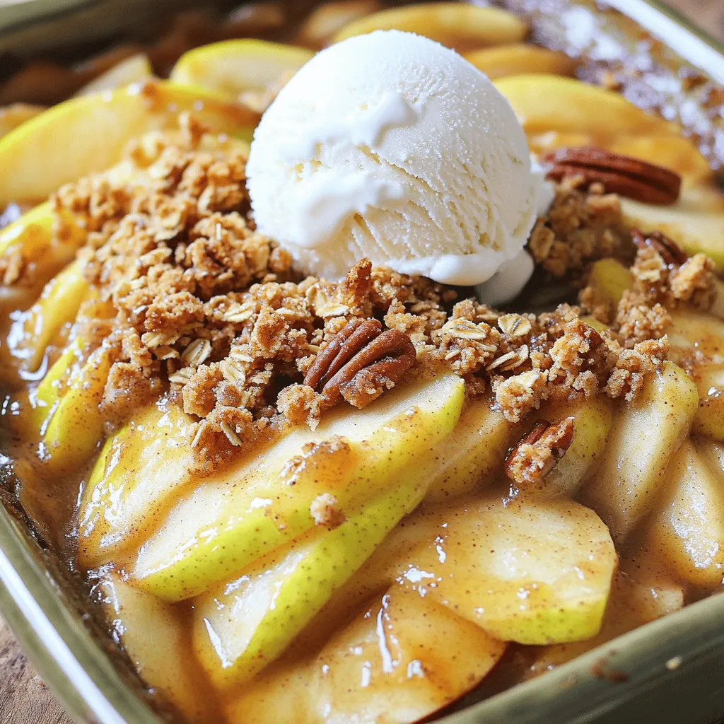 Um einen leckeren Baked Apple Crisp zu machen, brauchst du: - 4 große Granny Smith Äpfel - 1 Esslöffel Zitronensaft - ½ Tasse brauner Zucker - 1 Teelöffel Zimt - ½ Teelöffel Muskatnuss - 1 Tasse Haferflocken - ½ Tasse Weizenmehl - ½ Tasse ungesalzene Butter - ¼ Tasse gehackte Pekannüsse (optional) - Eine Prise Salz Diese Zutaten machen deinen Crisp süß und knusprig. Die Äpfel geben den besten Geschmack. Granny Smith Äpfel sind sauer und halten gut ihre Form. Wenn du andere Äpfel verwenden möchtest, probiere Honeycrisp oder Fuji. Diese sind süßer und geben einen anderen Geschmack. Für eine glutenfreie Version kannst du Hafermehl oder Mandelmehl nutzen. Das macht den Crisp lecker und für jeden geeignet. Granny Smith Äpfel sind perfekt für diesen Crisp, weil sie fest und sauer sind. Sie behalten ihre Form beim Backen. Wenn du andere Äpfel wählst, achte darauf, dass sie nicht zu weich sind. Andere gute Sorten sind Braeburn oder Jonagold. Diese Äpfel bringen auch viel Geschmack in dein Dessert. Heize deinen Ofen auf 175°C (350°F) vor. Das sorgt für eine gleichmäßige Hitze. Während der Ofen aufheizt, schäle die Äpfel. Schneide sie in dünne Scheiben. Gib die Apfelscheiben in eine große Schüssel. Mische die Apfelscheiben mit einem Esslöffel Zitronensaft. Füge ½ Tasse braunen Zucker, 1 Teelöffel Zimt, ½ Teelöffel Muskatnuss und eine Prise Salz hinzu. Rühre alles gut um, bis die Äpfel gleichmäßig bedeckt sind. Verteile die Apfelmasse in einer gefetteten Auflaufform. In einer anderen Schüssel vermische 1 Tasse Haferflocken, ½ Tasse Weizenmehl und ½ Tasse geschmolzene Butter. Wenn du magst, füge ¼ Tasse gehackte Pekannüsse hinzu. Rühre die Mischung, bis sie krümelig ist. Streue diese Mischung gleichmäßig über die Apfelmasse. Backe das Ganze für 35-40 Minuten. Achte darauf, dass die Äpfel sprudeln und die Kruste goldbraun ist. Lass den Apfel-Crumble einige Minuten abkühlen. Er ist jetzt bereit zum Servieren! Um dein Baked Apple Crisp perfekt zu backen, achte auf die Backzeit. Stelle sicher, dass du die Äpfel im Ofen beobachtest. Sie sollten sprudeln und die Oberseite goldbraun sein. Die ideale Konsistenz ist knusprig, aber nicht verbrannt. Wenn der Crisp goldbraun ist, ist er bereit zum Servieren. Serviere deinen Apfel-Crisp warm mit einer Kugel Vanilleeis. Das Eis schmilzt leicht und macht das Dessert cremig. Du kannst auch kreativ sein. Garniere mit einer Prise Zimt oder streue einige gehackte Pekannüsse darüber. Diese Extras bringen neuen Geschmack und Textur. Beim Backen von Apfel-Crisp gibt es einige häufige Missverständnisse. Viele Menschen denken, dass die Äpfel weich sein müssen, bevor sie in den Ofen kommen. Das ist nicht richtig! Sie sollten fest sein, damit sie beim Backen nicht zerfallen. So bleibt der Belag schön knusprig. Achte darauf, dass du die Streuselmischung gleichmäßig verteilst. So sorgst du für eine gleichmäßige Kruste. Wenn du diese Tipps befolgst, wird dein Baked Apple Crisp köstlich und perfekt! Für das komplette Rezept schau dir den [Full Recipe] an. {{image_4}} Wenn du auf Zucker achten möchtest, kannst du die Menge reduzieren. Verwende weniger braunen Zucker und süße die Äpfel mit Honig oder Agavendicksaft. Das gibt einen tollen Geschmack ohne viel Zucker. Haferflocken sind ein Hauptbestandteil. Du kannst auch Nüsse verwenden. Mandeln oder Walnüsse bringen einen tollen Crunch. Das macht dein Baked Apple Crisp nicht nur lecker, sondern auch gesund. Herbst ist die beste Zeit für Gewürze. Füge in dieser Zeit mehr Zimt, Ingwer oder Nelken hinzu. Diese Gewürze passen perfekt zu Äpfeln und machen dein Dessert noch besser. Im Sommer kannst du frische Pfirsiche oder Beeren statt Äpfel verwenden. Diese Früchte passen gut zu Haferflocken. Du kannst die gleichen Schritte befolgen, um eine fruchtige Variante zu kreieren. Crumble-Rezepte gibt es in vielen Ländern. In England nennen sie es "Crumble". Oft verwenden sie auch andere Früchte, wie Birnen oder Pflaumen. In Frankreich gibt es den "Crumble" oft mit einem knusprigen Belag aus Mandeln. In jedem Land gibt es leichte Unterschiede, aber die Idee bleibt gleich: Ein süßer, fruchtiger Genuss mit einem knusprigen Topping. Für eine vollständige Anleitung und Details, schau dir das Full Recipe an. Um deinen Baked Apple Crisp richtig aufzubewahren, lass ihn zuerst abkühlen. Decke die Form mit Frischhaltefolie oder Aluminiumfolie ab. Du kannst ihn auch in einen luftdichten Behälter umfüllen. So bleibt er frisch. Lagere ihn im Kühlschrank. Dort hält er sich bis zu fünf Tage. Das Aufwärmen von Baked Apple Crisp ist einfach. Heize deinen Ofen auf 175°C (350°F) vor. Stelle die Form für etwa 10 bis 15 Minuten in den Ofen. Du kannst auch die Mikrowelle benutzen. Stelle die Portion in einen mikrowellengeeigneten Teller. Erhitze sie für 30 bis 60 Sekunden. So bleibt der Crispy-Belag knusprig. Baked Apple Crisp bleibt frisch, solange du ihn richtig lagerst. Im Kühlschrank hält er sich bis zu fünf Tage. Wenn du ihn einfrierst, kann er bis zu drei Monate haltbar sein. Achte darauf, ihn gut einzupacken. So vermeidest du Gefrierbrand. Vor dem Verzehr solltest du ihn auftauen und aufwärmen. Um Baked Apple Crisp vegan zu machen, musst du einige Zutaten ersetzen. Verwende anstelle von Butter eine pflanzliche Margarine oder Kokosöl. Du kannst auch einen pflanzlichen Joghurt für die Cremigkeit hinzufügen. Bei den Äpfeln bleibst du einfach bei deiner Lieblingssorte. So bleibt der Geschmack toll. Ja, du kannst gefrorene Äpfel verwenden. Lass sie zuerst auftauen und abtropfen. Das hilft, überschüssige Flüssigkeit zu entfernen. Dies verhindert, dass dein Crisp matschig wird. Dies ist besonders nützlich, wenn frische Äpfel nicht verfügbar sind. Ein matschiger Belag kann mehrere Gründe haben. Zu viel Flüssigkeit aus den Äpfeln ist ein häufiger Grund. Um dies zu vermeiden, streue etwas mehr Haferflocken über die Äpfel. Auch die Backzeit könnte nicht ausreichend gewesen sein. Stelle sicher, dass dein Crisp goldbraun ist. Das Rezept ergibt etwa 6 bis 8 Portionen. Du kannst die Portionen nach Bedarf anpassen. Für größere Gruppen kannst du die Zutaten einfach verdoppeln. So hat jeder genug von diesem köstlichen Dessert. Ja, du kannst die Nüsse weglassen. Wenn jemand allergisch ist, ist dies wichtig. Ersetze die Pekannüsse einfach mit mehr Haferflocken. Die Mischung bleibt trotzdem knusprig und lecker. Eine Zusammenfassung der Zutaten und Schritte zeigt, wie einfach Baked Apple Crisp zu machen ist. Granny Smith Äpfel bieten den besten Geschmack, aber auch andere Sorten sind gut. Tipps helfen, Missgeschicke zu vermeiden. Variationen machen es vielfältig und lecker. Denke an die Aufbewahrung und das Aufwärmen für optimalen Genuss. Mit diesen Tipps kannst du ein tolles Dessert zaubern, das jedem schmeckt. Viel Spaß beim Backen!