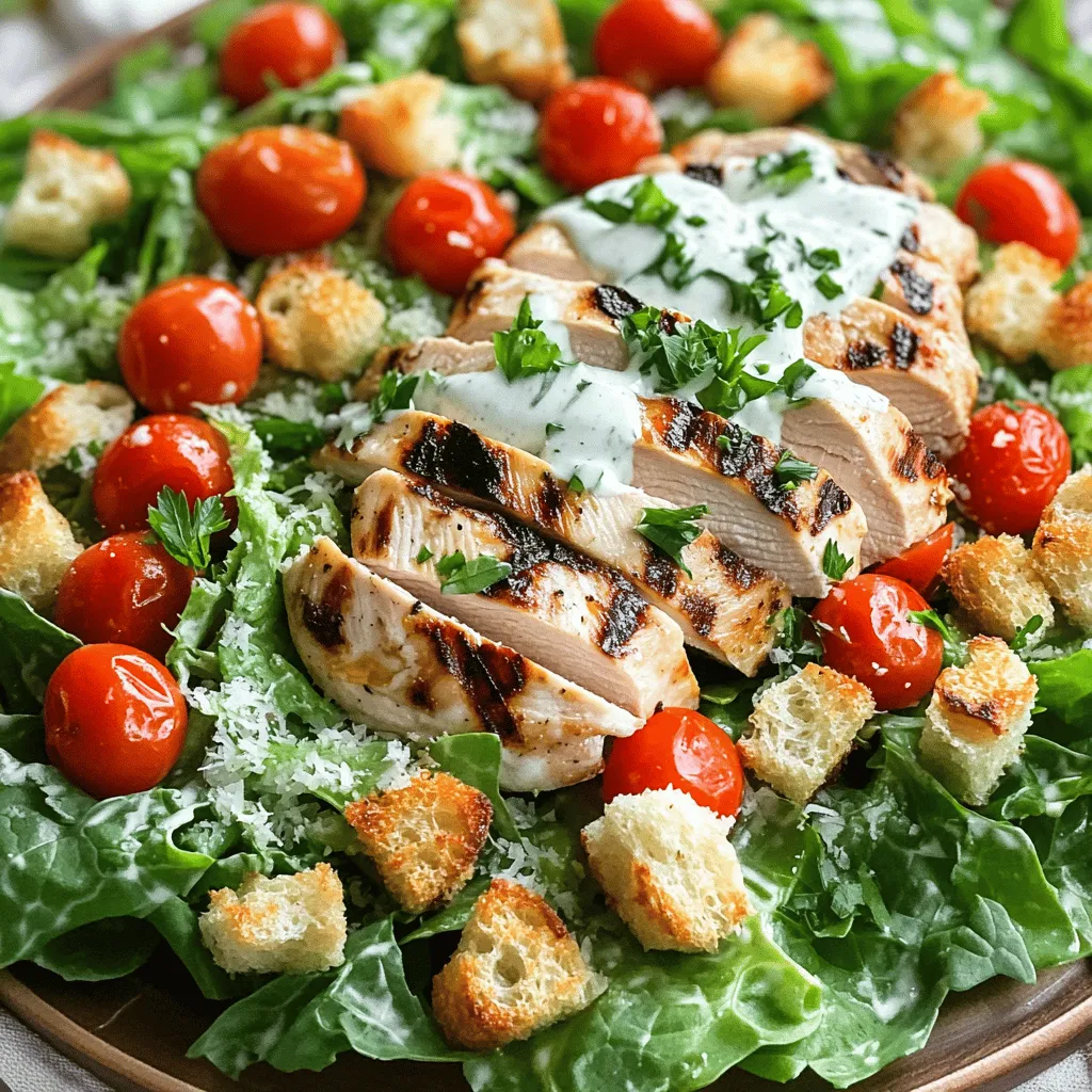 - 2 Hähnchenbrustfilets, ohne Haut und Knochen - 1 großer Römersalat, grob gehackt - 1 Tasse Kirschtomaten, halbiert Die Hähnchenbrustfilets sind die Hauptzutat. Sie geben dem Salat Protein und Geschmack. Ich empfehle, frische Filets zu wählen. Der Römersalat bringt Knackigkeit und Frische. Kirschtomaten fügen süße Aromen hinzu. - 1/4 Tasse griechischer Joghurt - 2 Esslöffel Zitronensaft - 1 Esslöffel Dijon-Senf - 1 Teelöffel Worcestershire-Sauce - Salz und Pfeffer nach Geschmack Für das Dressing nutze ich griechischen Joghurt. Er macht das Dressing cremig und gesund. Zitronensaft verleiht Frische. Dijon-Senf bringt eine feine Schärfe. Worcestershire-Sauce fügt Tiefe hinzu, während Salz und Pfeffer den Geschmack abrunden. Wenn du mehr über die Zubereitung erfahren möchtest, schau dir das [Full Recipe] an. Zuerst bereite die Marinade vor. Mische in einer großen Schüssel 1 Esslöffel Olivenöl, 1 Teelöffel Knoblauchpulver, 1 Teelöffel Paprika, Salz und Pfeffer. Das Hähnchen gut darin wälzen. So wird es gleichmäßig gewürzt. Lasse das Hähnchen mindestens 20 Minuten marinieren. Je länger, desto besser wird der Geschmack. Wenn du Zeit hast, mariniere es bis zu 2 Stunden im Kühlschrank. Das macht das Hähnchen zarter und aromatischer. Heize den Grill auf mittelhohe Hitze vor. Die marinierten Hähnchenbrustfilets kommen jetzt auf den Grill. Grill sie etwa 6-7 Minuten auf jeder Seite. Die Innentemperatur sollte 75 °C (165 °F) erreichen. Das sorgt dafür, dass das Hähnchen durchgegart ist. Nach dem Grillen lasse das Hähnchen ein paar Minuten ruhen. So bleiben die Säfte im Fleisch. Danach kannst du es in Streifen schneiden. Für das Dressing vermenge in einer kleinen Schüssel griechischen Joghurt, 2 Esslöffel Zitronensaft, 1 Esslöffel Dijon-Senf und 1 Teelöffel Worcestershire-Sauce. Füge eine Prise Salz und Pfeffer hinzu. Rühre alles gut zusammen, bis es cremig ist. Jetzt zur Salatzusammensetzung: Nimm eine große Schüssel und vermenge den grob gehackten Römersalat mit den halbierten Kirschtomaten. Füge dann die geschnittenen Hähnchenstreifen, Croutons und geriebenen Parmesan hinzu. Gieße das Dressing über den Salat und mische alles vorsichtig. Das sorgt für einen gleichmäßigen Geschmack. Garniere den Salat mit frisch gehackter Petersilie. So erhält er eine schöne Farbe und frischen Geschmack. Für die ganze Rezeptur schaue dir das Full Recipe an. Die Innentemperatur für Hähnchen sollte 75 °C (165 °F) erreichen. Dies garantiert, dass das Fleisch sicher und zart ist. Ein Fleischthermometer hilft dir, die Temperatur genau zu messen. Wenn du kein Thermometer hast, schneide das Hähnchen an der dicksten Stelle auf. Der Saft sollte klar und nicht rosa sein. Wichtiges Zubehör: - Grill oder Grillpfanne - Fleischthermometer - Zange zum Wenden des Hähnchens Das Anrichten macht viel aus! Serviere den Salat in großen Schalen. Dekoriere jede Portion mit extra Parmesan und einem Zitronenschnitz. Das sieht frisch und einladend aus. Du kannst auch einige Kirschtomaten ganz lassen, um Farbe hinzuzufügen. Eine schöne Präsentation hebt das Essen hervor. Um Kalorien zu reduzieren, kannst du die Croutons weglassen. Stattdessen füge mehr Gemüse hinzu, wie Gurken oder Paprika. Verwende fettarmen griechischen Joghurt für das Dressing. Wenn du mehr Proteine möchtest, füge Kichererbsen hinzu. Diese Änderungen halten den Salat leicht, aber lecker. Für die vollständige Zubereitung kannst du die [Full Recipe] anschauen. {{image_4}} Für eine vegetarische Version des Grilled Chicken Caesar Salads können Sie Tofu oder Kichererbsen nutzen. Beide sind tolle Proteinquellen. Tofu hat einen milden Geschmack und nimmt Aromen gut auf. Marinieren Sie den Tofu wie das Hähnchen. Schneiden Sie ihn in Würfel und grillen Sie ihn. Kichererbsen können Sie einfach abtropfen. Mischen Sie sie mit dem Salat für mehr Textur und Nährstoffe. Die mediterrane Variante bringt Geschmack und Farbe in den Salat. Fügen Sie Feta-Käse und schwarze oder grüne Oliven hinzu. Der Feta gibt eine salzige Note. Die Oliven bieten einen herzhaften Biss. Diese Zutaten passen super zu dem cremigen Dressing. Sie machen den Salat noch interessanter und gesünder. Für die würzige Version können Sie scharfe Dressings oder Gewürze verwenden. Fügen Sie etwas Sriracha oder scharfe Paprikapaste hinzu. Sie können auch gewürzte Croutons nehmen, um den Salat aufzupeppen. Diese Variationen geben dem Salat einen aufregenden Kick. Experimentieren Sie mit verschiedenen Schärfegraden, um Ihre perfekte Mischung zu finden. Bewahren Sie Reste im Kühlschrank auf. Nutzen Sie einen luftdichten Behälter. So bleiben die Aromen frisch. Reste sind bis zu drei Tage haltbar. Stellen Sie sicher, dass der Salat nicht zu nass ist. Zu viel Dressing macht das Gemüse schlaff. Sie können das Hähnchen grillen und dann einfrieren. Lassen Sie das Hähnchen zuerst abkühlen. Wickeln Sie es in Frischhaltefolie ein. Danach packen Sie es in einen Gefrierbeutel. So bleibt es bis zu drei Monate frisch. Zum Auftauen legen Sie das Hähnchen einfach in den Kühlschrank. Dies dauert etwa einen Tag. Um den Salat frisch zu halten, vermeiden Sie zu viel Dressing. Geben Sie das Dressing erst kurz vor dem Servieren hinzu. Lagern Sie den Römersalat in einem feuchten Tuch. Dies hält ihn knackig. Wenn Sie Kirschtomaten haben, lagern Sie diese separat. So verhindern Sie, dass sie den Salat matschig machen. Das Hähnchen sollte idealerweise mindestens 20 Minuten mariniert werden. So können die Aromen gut einziehen. Wenn du mehr Zeit hast, kannst du es bis zu 2 Stunden marinieren. Eine längere Marinierungszeit macht das Hähnchen noch zarter und geschmackvoller. Ja, du kannst das Dressing im Voraus zubereiten. Bewahre es in einem luftdichten Behälter im Kühlschrank auf. Es bleibt frisch für etwa 3 Tage. Vor dem Servieren solltest du es gut umrühren, da sich die Zutaten setzen können. Wenn du eine glutenfreie Option suchst, kannst du Nüsse oder Samen verwenden. Röstete Kürbiskerne oder Sonnenblumenkerne geben einen tollen Crunch. Eine andere Option sind kleine Stücke von gebackenem Polenta oder Kichererbsen für zusätzlichen Geschmack. Du kannst frische Zutaten in deinem lokalen Supermarkt oder auf dem Wochenmarkt finden. Achte auf Bio-Hähnchen und frisches Gemüse. Für spezielle Zutaten wie griechischen Joghurt oder Dijon-Senf kannst du auch Online-Shops nutzen. Viele bieten schnelle Lieferung an. Ein gegrillter Hähnchen-Caesar-Salat ist einfach und lecker. Du hast gelernt, welche Zutaten nötig sind und wie du alles zubereitest. Ich hoffe, die Tipps zur Marinade und dem Dressing helfen dir weiter. Denk daran, dass du auch Variationen ausprobieren kannst, um neue Geschmäcker zu entdecken. Mit den Lagerungshinweisen bleiben deine Reste frisch. Genieße deinen Salat und beeindrucke Freunde und Familie!