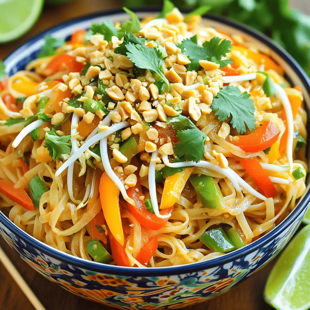 Für ein leckeres Gemüse Pad Thai brauchst du folgende Hauptzutaten: - 225 g Reisnudeln - 2 Esslöffel Pflanzenöl - 2 Knoblauchzehen, fein gehackt - 1 Tasse Paprika, in Streifen geschnitten - 1 Tasse Karotten, in Streifen geschnitten - 1 Tasse Sojasprossen - 2 Frühlingszwiebeln, in Ringe geschnitten Diese Zutaten machen dein Pad Thai bunt und gesund. Die Reisnudeln sind die Basis und nehmen die Aromen gut auf. Um den Geschmack zu vervollständigen, füge diese Zutaten hinzu: - 2 Esslöffel Sojasauce - 1 Esslöffel Tamarindenpaste - 1 Esslöffel brauner Zucker - 1 Esslöffel Limettensaft - 60 g zerstoßene Erdnüsse (optional zur Garnitur) - Frische Korianderblätter zur Garnitur Die Sojasauce und Tamarindenpaste geben dem Gericht einen tollen Umami-Geschmack. Limettensaft bringt Frische, und die Erdnüsse sorgen für einen knusprigen Biss. Wenn du spezielle Diäten hast, gibt es viele Optionen: - Verwende glutenfreie Reisnudeln für eine glutenfreie Version. - Ersetze die Sojasauce durch Tamari, um sie glutenfrei zu machen. - Für eine vegane Variante achte darauf, dass die Sojasauce und Tamarindenpaste keine tierischen Produkte enthalten. - Du kannst auch Tofu anstelle von Eiern verwenden, um eine proteinreiche Option zu bieten. Mit diesen Alternativen bleibt das Gemüse Pad Thai lecker und passt zu vielen Diäten. Schau dir das [Full Recipe] an, um alle Schritte zu sehen! Zuerst musst du die Reisnudeln vorbereiten. Nimm 225 g Reisnudeln und lege sie in heißes Wasser. Lass sie für etwa 20 Minuten einweichen. Wenn die Nudeln weich sind, gieße sie ab und lege sie beiseite. So sind sie bereit für das Pad Thai. Jetzt geht es ans Gemüse. Erhitze 2 Esslöffel Pflanzenöl in einer großen Pfanne oder in einem Wok. Bei mittlerer Hitze wird das Öl warm. Füge dann 2 fein gehackte Knoblauchzehen hinzu und brate sie für etwa 1 Minute. Der Knoblauch sollte aromatisch sein. Jetzt sind die bunten Paprika und Karotten dran. Schneide 1 Tasse Paprika in Streifen und 1 Tasse Karotten ebenfalls. Gib sie in die Pfanne und brate alles für 3-4 Minuten. Das Gemüse sollte leicht zart sein, aber noch knackig. Jetzt kommt der spaßige Teil: alles zusammenmischen! Gib die eingeweichten Reisnudeln in die Pfanne. Füge 1 Tasse Sojasprossen und 2 Frühlingszwiebeln (in Ringe geschnitten) hinzu. Schwenke alles gut durch. In einer kleinen Schüssel mische 2 Esslöffel Sojasauce, 1 Esslöffel Tamarindenpaste, 1 Esslöffel braunen Zucker und 1 Esslöffel Limettensaft. Gieße diese Mischung über die Nudeln und rühre gut um. Koche alles für 2-3 Minuten, damit die Nudeln die Aromen aufnehmen. Serviere das Pad Thai heiß und garniere es mit 60 g zerstoßenen Erdnüssen und frischen Korianderblättern. Für die vollständige Anleitung siehe das Full Recipe. Ein häufiger Fehler beim Pad Thai ist das Überkochen der Nudeln. Achte darauf, dass die Reisnudeln nur weich sind, aber nicht matschig. Weiche sie nur 20 Minuten in heißem Wasser ein. Ein weiterer Fehler ist das Verpassen der richtigen Hitze. Die Pfanne sollte heiß sein, damit das Gemüse schnell brät und knackig bleibt. Um den Geschmack deines Pad Thai zu verbessern, nutze frische Zutaten. Frische Kräuter wie Koriander machen viel aus. Achte darauf, die Sojasauce und Tamarindenpaste gut zu mischen. Dies sorgt für eine ausgewogene Süße und Würze. Ein Spritzer Limettensaft kurz vor dem Servieren bringt frische Aromen. Serviere dein Pad Thai in bunten Schalen. Füge frische Limettenschnitze und zerstoßene Erdnüsse hinzu. Das sieht nicht nur toll aus, sondern gibt auch zusätzlichen Geschmack. Du kannst auch etwas Chili oder Sriracha für die Schärfe anbieten. Diese kleinen Extras machen dein Gericht besonders und einladend. Für das vollständige Rezept schaue dir das [Full Recipe] an. {{image_4}} Wenn du Fleisch magst, füge Hähnchen oder Garnelen hinzu. Beide Optionen passen gut zu Gemüse Pad Thai. Du kannst 200 g Hähnchenbrust oder 250 g Garnelen verwenden. Brate das Fleisch vor dem Gemüse an. So bleibt es zart und saftig. Für eine glutenfreie Variante nutze Reisnudeln, die speziell dafür gemacht sind. Achte darauf, glutenfreie Sojasauce zu verwenden. Diese Sauce hat den gleichen tollen Geschmack. Du kannst auch Tamari ausprobieren, das eine gute Alternative ist. Wenn du es scharf magst, füge frische Chilis hinzu. Schneide sie klein und brate sie mit dem Knoblauch an. Du kannst auch Chili-Pulver oder Sriracha verwenden. Diese Optionen geben deinem Pad Thai mehr Kick. Experimentiere mit der Menge, bis es dir gefällt. Für weitere Details und eine vollständige Anleitung, schau dir das [Full Recipe] an. Wenn du Pad Thai übrig hast, bewahre es in einem luftdichten Behälter auf. Stelle sicher, dass die Mischung abgekühlt ist, bevor du sie in den Kühlschrank stellst. So bleibt der Geschmack frisch. Das Pad Thai hält sich bis zu drei Tage im Kühlschrank. Um dein Pad Thai wieder aufzuwärmen, benutze eine große Pfanne. Erhitze die Pfanne bei mittlerer Hitze. Füge eine kleine Menge Öl hinzu, damit die Nudeln nicht kleben. Gib das Pad Thai in die Pfanne und rühre es gut um. Erhitze es für etwa fünf bis sieben Minuten. Du kannst auch einen Spritzer Wasser hinzufügen, um die Nudeln aufzulockern. Lagere frisches Gemüse, wie Paprika und Karotten, im Kühlschrank. Bewahre sie in einem Gemüsefach auf. So bleiben sie frisch und knackig. Reisnudeln sollten an einem kühlen, trockenen Ort stehen. Halte sie in einer luftdichten Verpackung, um ihre Frische zu bewahren. So hast du immer alles bereit, wenn du das einfache Gemüse Pad Thai zubereiten möchtest. Die besten Beilagen zu Pad Thai sind frische, knackige Salate. Ein Gurkensalat passt toll. Auch Frühlingsrollen sind eine gute Wahl. Du kannst auch etwas eingelegtes Gemüse servieren. Diese Beilagen bringen frische Aromen. Sie ergänzen die reichen Geschmäcker des Pad Thai. Ja, du kannst die Reisnudeln im Voraus zubereiten. Koche sie einfach und lasse sie abkühlen. Bewahre sie dann in einem Behälter im Kühlschrank auf. So sind sie bereit, wenn du das Pad Thai machst. Achte darauf, sie vor dem Kochen etwas zu lockern. Um das Rezept gesünder zu machen, reduziere den Zucker. Nutze weniger Öl beim Braten. Füge mehr Gemüse hinzu, wie Brokkoli oder Zucchini. Du kannst auch Vollkorn-Reisnudeln verwenden. Diese Optionen machen das Gericht nahrhafter und ballaststoffreicher. Das Gemüse Pad Thai ist vielseitig und leicht zuzubereiten. Wir haben die Hauptzutaten, Optionen für verschiedene Diäten und Schritt-für-Schritt-Anleitungen behandelt. Tipps helfen dir, häufige Fehler zu vermeiden und den Geschmack zu maximieren. Variationen bieten Platz für deine Vorlieben und Lagerhinweise sorgen dafür, dass nichts verschwendet wird. Probiere das Rezept aus und genieße jede Biss. Du wirst die frischen Aromen lieben!