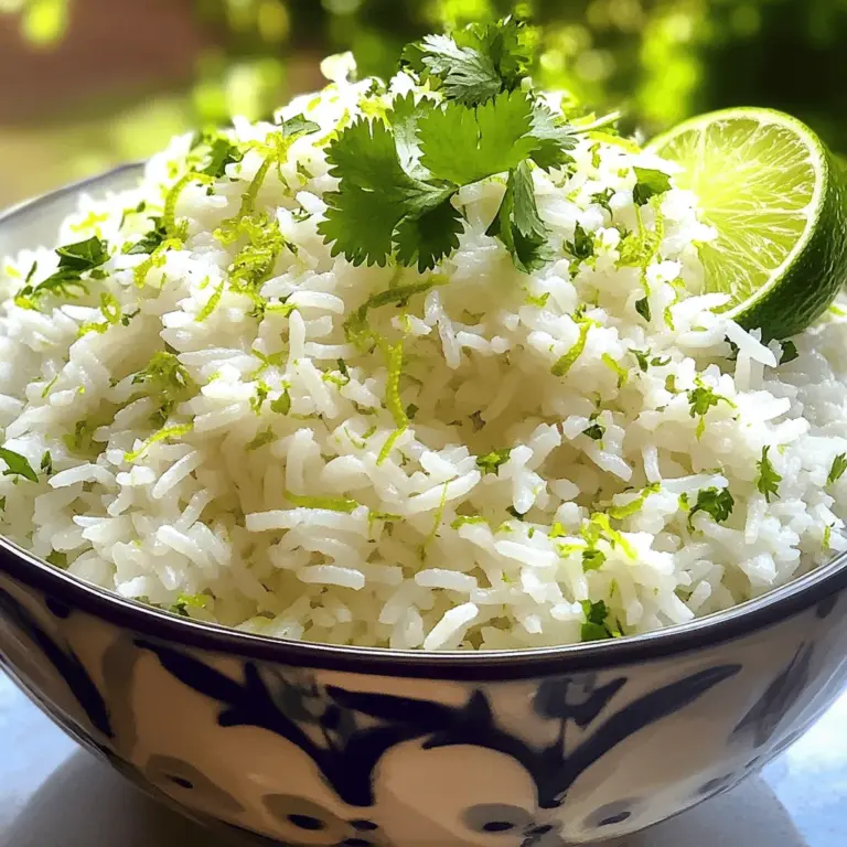 - 1 Tasse Jasminreis - 1 Tasse Kokosmilch - 1/2 Tasse Wasser - Abgeriebene Schale von 1 Limette - Saft von 1 Limette Jasminreis ist der Hauptbestandteil. Er hat einen tollen Duft und ist leicht klebrig. Kokosmilch sorgt für einen reichen, cremigen Geschmack. Der Limettensaft und die Schale bringen Frische und Säure ins Spiel. Die Kombination dieser Zutaten macht den Reis besonders lecker. - 1 Esslöffel Zucker - 1/2 Teelöffel Salz - 2 Esslöffel frischer Koriander, gehackt Zucker ist optional, aber er kann den Geschmack abrunden. Ein wenig Salz hebt das Aroma hervor. Frischer Koriander gibt dem Gericht einen tollen grünen Touch. Manchmal mag ich es, mehr Koriander hinzuzufügen. Es bringt eine schöne Frische und Farbe. Wenn du die gesamte Zubereitung sehen möchtest, schau dir das Full Recipe an. Zuerst spülen Sie den Jasminreis unter kaltem Wasser ab. Dies hilft, überschüssige Stärke zu entfernen. Ein klarer Wasserfluss zeigt, dass der Reis bereit ist. Danach geben Sie den Reis, Kokosmilch, Wasser, Limettenschale, Limettensaft, Zucker und Salz in einen mittelgroßen Kochtopf. Rühren Sie alles gut um, damit sich die Zutaten gleichmäßig verteilen. Bringen Sie die Mischung bei mittlerer bis hoher Hitze zum sanften Kochen. Wenn es kocht, reduzieren Sie die Hitze auf niedrig. Decken Sie den Topf mit einem Deckel ab, um den Dampf zu halten. Lassen Sie den Reis etwa 15 bis 20 Minuten köcheln, bis die gesamte Flüssigkeit absorbiert ist. Der Reis sollte zart und fluffig sein. Nach dem Kochen nehmen Sie den Topf vom Herd und lassen ihn zugedeckt für weitere fünf Minuten ruhen. Dies intensiviert die Aromen und macht den Reis noch schmackhafter. Lockern Sie den Reis vorsichtig mit einer Gabel auf. Rühren Sie dann den gehackten Koriander unter, um einen frischen Geschmack hinzuzufügen. Probieren Sie den Reis und passen Sie die Süße nach Ihrem Geschmack an. Servieren Sie den Kokos-Limetten-Reis in einer schönen Schüssel. Garnieren Sie ihn mit zusätzlicher Limettenschale und einem Zweig Koriander obenauf. Kombinieren Sie ihn mit gegrilltem Hähnchen, Garnelen oder Gemüse für ein tropisches Geschmackserlebnis. - Fluffigkeit des Reises: Um fluffigen Reis zu erreichen, spülen Sie den Jasminreis gut ab. Dies entfernt die Stärke. Ein klarer Wasserfluss zeigt, dass der Reis bereit ist. Nach dem Kochen lassen Sie den Reis ruhen. Dies lässt die Körner sich setzen und auflockern. - Anpassen des Zuckergehalts: Der Zucker ist optional. Beginnen Sie mit einem Esslöffel. Probieren Sie den Reis. Fügen Sie mehr hinzu, wenn Sie es süßer mögen. Achten Sie darauf, wie die Limette mit dem Zucker harmoniert. So finden Sie die perfekte Balance. - Geeignete Kochtöpfe: Verwenden Sie einen mittelgroßen Topf mit dickem Boden. Dies hilft, eine gleichmäßige Hitze zu erzeugen. Ein guter Deckel ist wichtig, um den Dampf zu halten. So bleibt der Reis zart und saftig. - Beste Gabel zum Auflockern: Eine einfache Gabel funktioniert gut. Sie hilft, den Reis vorsichtig aufzulockern, ohne die Körner zu zerdrücken. So bleibt der Reis luftig und leicht. - Zu viel Flüssigkeit: Achten Sie darauf, die richtige Menge Flüssigkeit zu verwenden. Zu viel Wasser macht den Reis matschig. Halten Sie sich an das Rezept für die besten Ergebnisse. - Unzureichendes Kochen: Lassen Sie den Reis ausreichend kochen. Wenn er nicht genug Zeit hat, wird er hart. 15 bis 20 Minuten sind ideal. Prüfen Sie den Reis vor dem Servieren auf die perfekte Konsistenz. {{image_4}} Wenn Sie nach einer veganen oder glutenfreien Option suchen, gibt es tolle Alternativen. Verwenden Sie einfache Pflanzenmilch, wenn Sie keine Kokosmilch nutzen möchten. Reisarten wie Basmati oder Wildreis sind ebenfalls gute Alternativen. Diese Optionen liefern Ihnen dennoch den köstlichen Geschmack, den Sie lieben. Um den Geschmack zu variieren, können Sie zusätzliche Gewürze integrieren. Zum Beispiel passen Kurkuma oder Kreuzkümmel gut. Diese Gewürze verleihen dem Reis eine besondere Note. Darüber hinaus können Sie Nüsse oder Trockenfrüchte hinzufügen. Mandeln, Cashews oder Rosinen bieten interessante Texturen und Aromen. Kokos-Limetten-Reis spielt hervorragend mit vielen Gerichten. Kombinieren Sie ihn mit gegrilltem Hähnchen oder Garnelen für ein leckeres Essen. Vegetarische Gerichte wie Curry oder gebratenes Gemüse harmonieren auch gut. Servieren Sie den Reis als Beilage für ein vollständiges Menü. Er wird Ihre Gäste sicher beeindrucken. Um Ihren Kokos-Limetten-Reis frisch zu halten, lagern Sie ihn richtig. Sie können den Reis leicht im Kühlschrank aufbewahren. Stellen Sie sicher, dass er in einem luftdichten Behälter ist. So bleibt der Reis bis zu drei Tage frisch. Wenn Sie mehr Reis haben, als Sie essen können, frieren Sie ihn ein. Teilen Sie ihn in Portionen auf und lagern Sie ihn in Gefrierbeuteln. So bleibt der Reis bis zu drei Monate gut. Es ist wichtig, den Reis richtig wiederzuerwärmen, um die Qualität zu erhalten. Nutzen Sie dafür einen Kochtopf oder eine Mikrowelle. Fügen Sie etwas Wasser hinzu, um den Reis aufzulockern. Erhitzen Sie den Reis bei mittlerer Hitze, bis er heiß ist. Achten Sie darauf, ihn nicht zu lange zu erhitzen, da er sonst trocken wird. Mit diesen Tipps wird Ihr Kokos-Limetten-Reis immer lecker schmecken. Um Kokos-Limetten-Reis zu machen, folgen Sie diesen einfachen Schritten: 1. Reis abspülen: Nehmen Sie 1 Tasse Jasminreis und spülen Sie ihn unter kaltem Wasser ab, bis das Wasser klar ist. So entfernen Sie die Stärke. 2. Zutaten kombinieren: Geben Sie den Reis, 1 Tasse Kokosmilch, 1/2 Tasse Wasser, die abgeriebene Schale und den Saft von 1 Limette, 1 Esslöffel Zucker und 1/2 Teelöffel Salz in einen mittelgroßen Topf. 3. Kochen: Bringen Sie die Mischung bei mittlerer bis hoher Hitze zum Kochen. Reduzieren Sie die Hitze und decken Sie den Topf ab. 4. Köcheln lassen: Lassen Sie den Reis 15-20 Minuten köcheln, bis die Flüssigkeit absorbiert ist. 5. Ruhen lassen: Nehmen Sie den Topf vom Herd und lassen Sie ihn 5 Minuten zugedeckt ruhen. 6. Reis auflockern: Lockern Sie den Reis vorsichtig mit einer Gabel und fügen Sie 2 Esslöffel gehackten Koriander hinzu. Ja, Sie können andere Reissorten verwenden. Hier sind einige Optionen: - Basmati-Reis: Dieser Reis hat einen nussigen Geschmack und ist locker. - Langkornreis: Er wird ebenfalls gut, hat aber weniger Aroma. - Vollkornreis: Dieser ist gesünder, braucht aber eine längere Kochzeit. Die Wahl des Reises beeinflusst den Geschmack und die Textur des Gerichts. Kokos-Limetten-Reis passt gut zu verschiedenen Gerichten. Hier sind einige Ideen: - Gegrilltes Hähnchen: Die Aromen ergänzen sich perfekt. - Garnelen: Die Meeresfrüchte harmonieren mit dem Reis. - Gemüse: Gegrilltes oder gedünstetes Gemüse sorgt für Farbe und Geschmack. Diese Beilagen machen Ihr Gericht komplett und lecker. Ja, Kokos-Limetten-Reis hat einige gesunde Aspekte: - Energie: Jasminreis liefert schnell Energie durch Kohlenhydrate. - Fette: Kokosmilch enthält gesunde Fette, die gut für das Herz sind. - Vitamine: Limetten sind reich an Vitamin C, was Ihr Immunsystem stärkt. In Maßen genossen, ist dieses Gericht eine gesunde Wahl. Kokos-Limetten-Reis ist eine köstliche und einfache Beilage, die mit wenigen Zutaten zubereitet wird. Diese Anleitung zeigt dir, wie du die Hauptzutaten kombinierst und den perfekten Kochprozess durchläufst. Mit nützlichen Tipps vermeidest du typische Fehler und erhöhst die Fluffigkeit des Reises. Du kannst ihn anpassen, indem du vegane oder glutenfreie Alternativen verwendest. Denke daran, die Reste richtig zu lagern. So bleibt dein Reis frisch und schmackhaft. Viel Spaß beim Ausprobieren und Genießen dieses leckeren Gerichts!