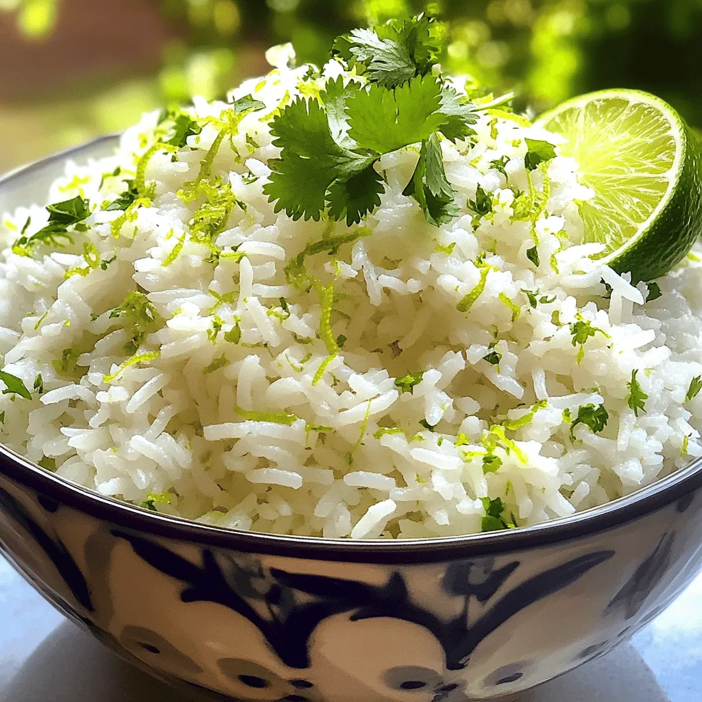 - 1 Tasse Jasminreis - 1 Tasse Kokosmilch - 1/2 Tasse Wasser - Abgeriebene Schale von 1 Limette - Saft von 1 Limette Jasminreis ist der Hauptbestandteil. Er hat einen tollen Duft und ist leicht klebrig. Kokosmilch sorgt für einen reichen, cremigen Geschmack. Der Limettensaft und die Schale bringen Frische und Säure ins Spiel. Die Kombination dieser Zutaten macht den Reis besonders lecker. - 1 Esslöffel Zucker - 1/2 Teelöffel Salz - 2 Esslöffel frischer Koriander, gehackt Zucker ist optional, aber er kann den Geschmack abrunden. Ein wenig Salz hebt das Aroma hervor. Frischer Koriander gibt dem Gericht einen tollen grünen Touch. Manchmal mag ich es, mehr Koriander hinzuzufügen. Es bringt eine schöne Frische und Farbe. Wenn du die gesamte Zubereitung sehen möchtest, schau dir das Full Recipe an. Zuerst spülen Sie den Jasminreis unter kaltem Wasser ab. Dies hilft, überschüssige Stärke zu entfernen. Ein klarer Wasserfluss zeigt, dass der Reis bereit ist. Danach geben Sie den Reis, Kokosmilch, Wasser, Limettenschale, Limettensaft, Zucker und Salz in einen mittelgroßen Kochtopf. Rühren Sie alles gut um, damit sich die Zutaten gleichmäßig verteilen. Bringen Sie die Mischung bei mittlerer bis hoher Hitze zum sanften Kochen. Wenn es kocht, reduzieren Sie die Hitze auf niedrig. Decken Sie den Topf mit einem Deckel ab, um den Dampf zu halten. Lassen Sie den Reis etwa 15 bis 20 Minuten köcheln, bis die gesamte Flüssigkeit absorbiert ist. Der Reis sollte zart und fluffig sein. Nach dem Kochen nehmen Sie den Topf vom Herd und lassen ihn zugedeckt für weitere fünf Minuten ruhen. Dies intensiviert die Aromen und macht den Reis noch schmackhafter. Lockern Sie den Reis vorsichtig mit einer Gabel auf. Rühren Sie dann den gehackten Koriander unter, um einen frischen Geschmack hinzuzufügen. Probieren Sie den Reis und passen Sie die Süße nach Ihrem Geschmack an. Servieren Sie den Kokos-Limetten-Reis in einer schönen Schüssel. Garnieren Sie ihn mit zusätzlicher Limettenschale und einem Zweig Koriander obenauf. Kombinieren Sie ihn mit gegrilltem Hähnchen, Garnelen oder Gemüse für ein tropisches Geschmackserlebnis. - Fluffigkeit des Reises: Um fluffigen Reis zu erreichen, spülen Sie den Jasminreis gut ab. Dies entfernt die Stärke. Ein klarer Wasserfluss zeigt, dass der Reis bereit ist. Nach dem Kochen lassen Sie den Reis ruhen. Dies lässt die Körner sich setzen und auflockern. - Anpassen des Zuckergehalts: Der Zucker ist optional. Beginnen Sie mit einem Esslöffel. Probieren Sie den Reis. Fügen Sie mehr hinzu, wenn Sie es süßer mögen. Achten Sie darauf, wie die Limette mit dem Zucker harmoniert. So finden Sie die perfekte Balance. - Geeignete Kochtöpfe: Verwenden Sie einen mittelgroßen Topf mit dickem Boden. Dies hilft, eine gleichmäßige Hitze zu erzeugen. Ein guter Deckel ist wichtig, um den Dampf zu halten. So bleibt der Reis zart und saftig. - Beste Gabel zum Auflockern: Eine einfache Gabel funktioniert gut. Sie hilft, den Reis vorsichtig aufzulockern, ohne die Körner zu zerdrücken. So bleibt der Reis luftig und leicht. - Zu viel Flüssigkeit: Achten Sie darauf, die richtige Menge Flüssigkeit zu verwenden. Zu viel Wasser macht den Reis matschig. Halten Sie sich an das Rezept für die besten Ergebnisse. - Unzureichendes Kochen: Lassen Sie den Reis ausreichend kochen. Wenn er nicht genug Zeit hat, wird er hart. 15 bis 20 Minuten sind ideal. Prüfen Sie den Reis vor dem Servieren auf die perfekte Konsistenz. {{image_4}} Wenn Sie nach einer veganen oder glutenfreien Option suchen, gibt es tolle Alternativen. Verwenden Sie einfache Pflanzenmilch, wenn Sie keine Kokosmilch nutzen möchten. Reisarten wie Basmati oder Wildreis sind ebenfalls gute Alternativen. Diese Optionen liefern Ihnen dennoch den köstlichen Geschmack, den Sie lieben. Um den Geschmack zu variieren, können Sie zusätzliche Gewürze integrieren. Zum Beispiel passen Kurkuma oder Kreuzkümmel gut. Diese Gewürze verleihen dem Reis eine besondere Note. Darüber hinaus können Sie Nüsse oder Trockenfrüchte hinzufügen. Mandeln, Cashews oder Rosinen bieten interessante Texturen und Aromen. Kokos-Limetten-Reis spielt hervorragend mit vielen Gerichten. Kombinieren Sie ihn mit gegrilltem Hähnchen oder Garnelen für ein leckeres Essen. Vegetarische Gerichte wie Curry oder gebratenes Gemüse harmonieren auch gut. Servieren Sie den Reis als Beilage für ein vollständiges Menü. Er wird Ihre Gäste sicher beeindrucken. Um Ihren Kokos-Limetten-Reis frisch zu halten, lagern Sie ihn richtig. Sie können den Reis leicht im Kühlschrank aufbewahren. Stellen Sie sicher, dass er in einem luftdichten Behälter ist. So bleibt der Reis bis zu drei Tage frisch. Wenn Sie mehr Reis haben, als Sie essen können, frieren Sie ihn ein. Teilen Sie ihn in Portionen auf und lagern Sie ihn in Gefrierbeuteln. So bleibt der Reis bis zu drei Monate gut. Es ist wichtig, den Reis richtig wiederzuerwärmen, um die Qualität zu erhalten. Nutzen Sie dafür einen Kochtopf oder eine Mikrowelle. Fügen Sie etwas Wasser hinzu, um den Reis aufzulockern. Erhitzen Sie den Reis bei mittlerer Hitze, bis er heiß ist. Achten Sie darauf, ihn nicht zu lange zu erhitzen, da er sonst trocken wird. Mit diesen Tipps wird Ihr Kokos-Limetten-Reis immer lecker schmecken. Um Kokos-Limetten-Reis zu machen, folgen Sie diesen einfachen Schritten: 1. Reis abspülen: Nehmen Sie 1 Tasse Jasminreis und spülen Sie ihn unter kaltem Wasser ab, bis das Wasser klar ist. So entfernen Sie die Stärke. 2. Zutaten kombinieren: Geben Sie den Reis, 1 Tasse Kokosmilch, 1/2 Tasse Wasser, die abgeriebene Schale und den Saft von 1 Limette, 1 Esslöffel Zucker und 1/2 Teelöffel Salz in einen mittelgroßen Topf. 3. Kochen: Bringen Sie die Mischung bei mittlerer bis hoher Hitze zum Kochen. Reduzieren Sie die Hitze und decken Sie den Topf ab. 4. Köcheln lassen: Lassen Sie den Reis 15-20 Minuten köcheln, bis die Flüssigkeit absorbiert ist. 5. Ruhen lassen: Nehmen Sie den Topf vom Herd und lassen Sie ihn 5 Minuten zugedeckt ruhen. 6. Reis auflockern: Lockern Sie den Reis vorsichtig mit einer Gabel und fügen Sie 2 Esslöffel gehackten Koriander hinzu. Ja, Sie können andere Reissorten verwenden. Hier sind einige Optionen: - Basmati-Reis: Dieser Reis hat einen nussigen Geschmack und ist locker. - Langkornreis: Er wird ebenfalls gut, hat aber weniger Aroma. - Vollkornreis: Dieser ist gesünder, braucht aber eine längere Kochzeit. Die Wahl des Reises beeinflusst den Geschmack und die Textur des Gerichts. Kokos-Limetten-Reis passt gut zu verschiedenen Gerichten. Hier sind einige Ideen: - Gegrilltes Hähnchen: Die Aromen ergänzen sich perfekt. - Garnelen: Die Meeresfrüchte harmonieren mit dem Reis. - Gemüse: Gegrilltes oder gedünstetes Gemüse sorgt für Farbe und Geschmack. Diese Beilagen machen Ihr Gericht komplett und lecker. Ja, Kokos-Limetten-Reis hat einige gesunde Aspekte: - Energie: Jasminreis liefert schnell Energie durch Kohlenhydrate. - Fette: Kokosmilch enthält gesunde Fette, die gut für das Herz sind. - Vitamine: Limetten sind reich an Vitamin C, was Ihr Immunsystem stärkt. In Maßen genossen, ist dieses Gericht eine gesunde Wahl. Kokos-Limetten-Reis ist eine köstliche und einfache Beilage, die mit wenigen Zutaten zubereitet wird. Diese Anleitung zeigt dir, wie du die Hauptzutaten kombinierst und den perfekten Kochprozess durchläufst. Mit nützlichen Tipps vermeidest du typische Fehler und erhöhst die Fluffigkeit des Reises. Du kannst ihn anpassen, indem du vegane oder glutenfreie Alternativen verwendest. Denke daran, die Reste richtig zu lagern. So bleibt dein Reis frisch und schmackhaft. Viel Spaß beim Ausprobieren und Genießen dieses leckeren Gerichts!