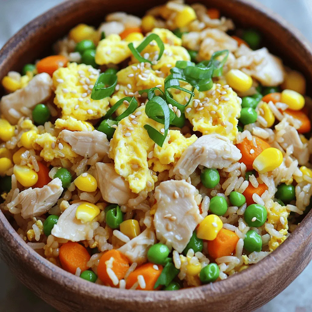 Für leckeren Chicken Fried Rice brauchen Sie: - 2 Tassen gekochter Reis (optimal vom Vortag für beste Textur) - 1 Tasse gegartes Hähnchen, gewürfelt - 1 Tasse gemischtes Gemüse (Karotten, Erbsen und Mais) Diese Zutaten sind die Basis für Ihr Gericht. Gekochter Reis vom Vortag ist ideal, weil er weniger feucht ist. Das gibt dem Gericht die perfekte Konsistenz. Die richtigen Gewürze und Öle machen viel aus. Sie benötigen: - 2 Esslöffel Pflanzenöl - 2 Esslöffel Sojasauce - 1 Esslöffel Sesamöl Pflanzenöl ist wichtig, um das Gemüse und das Hähnchen schön anzubraten. Sojasauce gibt dem Gericht Tiefe und Umami. Sesamöl fügt einen nussigen Geschmack hinzu, der das Gericht abrundet. Für extra Geschmack und Textur fügen Sie hinzu: - 2 Eier, leicht geschlagen - 3 Frühlingszwiebeln, in Ringe geschnitten - 2 Knoblauchzehen, fein gehackt Die Eier machen das Gericht cremiger. Frühlingszwiebeln und Knoblauch bringen Frische und ein tolles Aroma. Das Zusammenspiel dieser Zutaten hebt Ihren Chicken Fried Rice auf das nächste Level. Wenn Sie alle Zutaten bereit haben, sind Sie bereit, die Zubereitung zu starten! Für das vollständige Rezept schauen Sie sich den Abschnitt "Herzhafter Hähnchen-Pfannreis" an. Zuerst brauchen wir den Reis. Verwende am besten gekochten Reis vom Vortag. So bleibt er locker und klebt nicht. Stelle zwei Tassen gekochten Reis bereit. Jetzt schneiden wir das Hähnchen und das Gemüse. Nimm eine Tasse gegartes Hähnchen und würfle es klein. Dann schäle und schneide das Gemüse. Ich empfehle Karotten, Erbsen und Mais. Eine Tasse gemischtes Gemüse reicht aus. Jetzt wird es spannend! Erhitze zwei Esslöffel Pflanzenöl in einer großen Pfanne oder einem Wok. Stelle die Hitze auf mittel bis hoch. Füge dann zwei gehackte Knoblauchzehen hinzu. Dünste den Knoblauch für etwa 30 Sekunden. Er soll gut riechen, aber nicht verbrennen. Schiebe den Knoblauch an den Rand der Pfanne. Gieße die leicht geschlagenen Eier in die leere Seite. Rühre die Eier, bis sie ganz gar sind. Mische sie dann mit dem Knoblauch. Jetzt kommt das Hähnchen und das Gemüse in die Pfanne. Brate alles zwei bis drei Minuten unter Rühren. Es soll gut durchwärmt sein. Füge nun den gekochten Reis hinzu. Zerbrich die Klumpen gut und rühre kräftig um. Träufle zwei Esslöffel Sojasauce und einen Esslöffel Sesamöl über die Mischung. Brate für drei bis vier Minuten weiter. So nimmt der Reis die Aromen auf. Würze alles nach Geschmack mit Salz und Pfeffer. Füge die geschnittenen Frühlingszwiebeln hinzu. Halte einige für die Garnierung zurück. Mische alles gut, bis es gleichmäßig verteilt ist. Für das vollständige Rezept schaue dir die Full Recipe an! Um die perfekte Reistextur zu erreichen, verwende kalten Reis. Reis vom Vortag hat die beste Konsistenz. Frisch gekochter Reis kann klebrig sein. Kalter Reis sorgt dafür, dass die Körner locker bleiben und nicht zusammenkleben. Vermeide es, den Reis zu lange zu kochen. Ein guter Tipp ist es, den Reis nach dem Kochen auszudampfen. Dadurch wird Feuchtigkeit entzogen und er wird fester. Wenn du vegane Alternativen suchst, ersetze das Hähnchen durch Tofu oder Tempeh. Diese Optionen sind proteinreich und lecker. Du kannst auch saisonales Gemüse verwenden. Frisches Gemüse ist oft schmackhafter und gesünder. Zum Beispiel eignen sich Zucchini, Paprika oder Brokkoli gut. Dies gibt deinem Gericht mehr Farbe und Nährstoffe. Gute Vorbereitung spart Zeit. Schneide das Gemüse und das Hähnchen im Voraus. So kannst du schnell mit dem Kochen beginnen. Du kannst auch alles für den nächsten Tag vorbereiten. Bewahre die Zutaten im Kühlschrank auf. Eine schnelle Zubereitungsmethode ist die Verwendung eines Woks. Ein Wok erhitzt sich schnell und verteilt die Hitze gleichmäßig. So wird der Reis schnell und gleichmäßig gekocht. Denke daran, die [Full Recipe] zu nutzen, um alle Schritte und Zutaten genau zu sehen. {{image_4}} Du kannst dein Chicken Fried Rice ganz einfach anpassen. Neben Hähnchen, probiere auch andere Fleischsorten. - Schweinefleisch: Dieses Fleisch bringt einen tollen Geschmack. Verwende zartes, gewürfeltes Schweinefleisch. - Rindfleisch: Dünn geschnittenes Rindfleisch passt gut. Achte darauf, es nur kurz zu braten, damit es zart bleibt. - Vegetarische Optionen: Für eine fleischlose Variante, nutze Tofu oder Tempeh. Beide nehmen die Aromen gut auf. Die Gewürze und Saucen machen dein Gericht besonders. - Asiatische Gewürze: Füge Ingwer oder fünf Gewürze hinzu. Diese geben dem Reis einen tollen Kick. - Saucen: Sojasauce ist klassisch. Probiere auch Teriyaki oder Hoisin-Sauce für mehr Tiefe. - Kräuter: Frischer Koriander oder Schnittlauch bringen Frische und Farbe. Die Art des Reises beeinflusst die Textur und den Geschmack. - Brauner Reis: Dieser Reis ist gesünder. Er hat einen nussigen Geschmack und mehr Ballaststoffe. - Quinoa: Eine glutenfreie Alternative. Quinoa hat einen leichten Biss und ist sehr nährstoffreich. Mit diesen Variationen kannst du dein Chicken Fried Rice ganz nach deinem Geschmack gestalten. Du findest das komplette Rezept im [Full Recipe]. Um dein einfaches Chicken Fried Rice frisch zu halten, lege es in einen luftdichten Behälter. So bleibt der Geschmack erhalten. Du kannst es bis zu drei Tage im Kühlschrank aufbewahren. Achte darauf, dass der Reis gut abgekühlt ist, bevor du ihn in den Behälter gibst. Dies hilft, Bakterien zu vermeiden. Wenn du dein Chicken Fried Rice länger lagern möchtest, friere es ein. Teile das Gericht in Portionen und lege sie in gefriergeeignete Behälter. So bleibt die Textur beim Auftauen besser. Um das Gericht aufzutauen, lege es einfach in den Kühlschrank über Nacht. Dadurch wird es gleichmäßig aufgetaut und bleibt lecker. Wenn du bereit bist, dein Fried Rice zu genießen, gibt es zwei einfache Methoden zum Erwärmen. Für die Mikrowelle gib das Gericht in eine mikrowellengeeignete Schüssel. Decke es mit einem feuchten Papiertuch ab. Erhitze es in Intervallen von 1-2 Minuten, bis es heiß ist. Alternativ kannst du eine Pfanne verwenden. Erhitze etwas Öl in der Pfanne und füge das Fried Rice hinzu. Rühre es gut um, bis es gleichmäßig heiß ist. So bleibt es schön saftig und lecker. Die Zubereitung von Easy Chicken Fried Rice dauert insgesamt etwa 25 Minuten. Die Vorbereitungszeit beträgt ca. 10 Minuten. Die Kochzeit liegt bei 15 Minuten. Du kannst alles schnell machen, wenn du den Reis am Vortag kochst. Kalter Reis hat die beste Textur. Ja, du kannst Reste von Hähnchenpfannreis aufbewahren. Achte darauf, sie in einem luftdichten Behälter im Kühlschrank zu lagern. Reste bleiben so bis zu drei Tage frisch. Wenn du die Reste länger aufbewahren willst, friere sie ein. So bleiben sie bis zu drei Monate gut. Gemüse wie Karotten, Erbsen und Mais passen gut zu diesem Pfannreis. Du kannst auch Paprika, Brokkoli oder Zucchini verwenden. Diese Gemüsesorten sind einfach zuzubereiten. Schneide sie in kleine Stücke, damit sie schnell gar werden. Ja, dieses Rezept kann für verschiedene Diäten angepasst werden. Es ist reich an Proteinen durch das Hähnchen und die Eier. Du kannst das Hähnchen durch Tofu ersetzen, um es vegan zu machen. Auch die Menge an Öl kann reduziert werden. So wird das Gericht leichter und kalorienärmer. In diesem Blogbeitrag haben wir alles Wichtige über Hähnchenpfannreis besprochen. Du hast gelernt, welche Zutaten du brauchst, wie du sie vorbereitest und zubereitest. Auch Tipps zur perfekten Reistextur und Anpassungsmöglichkeiten haben wir behandelt. Denke daran, kreativ mit Rezeptvariationen umzugehen. So bleibt dein Gericht immer spannend. Schließlich ist Hähnchenpfannreis einfach zuzubereiten und vielseitig. Experimentiere mit verschiedenen Zutaten und genieße deine eigene Kreation. Du wirst sehen, es wird dir schmecken!