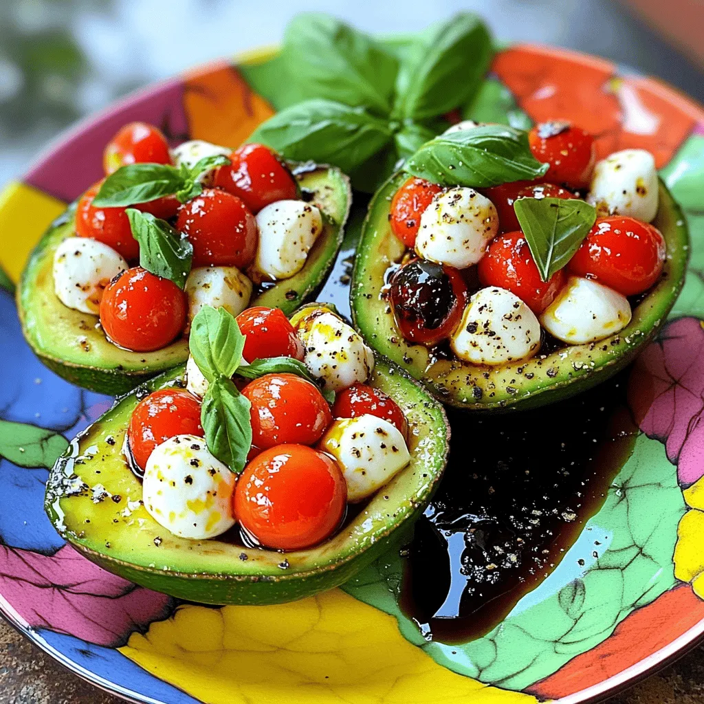 Für Caprese gefüllte Avocados brauchst du eine Handvoll frischer Zutaten. Diese Zutaten machen das Gericht einfach und lecker. Hier sind die Hauptzutaten: - 2 reife Avocados - 1 Tasse Kirschtomaten, halbiert - 1 Tasse frische Mozzarellakugeln, abgetropft - 1/4 Tasse frische Basilikumblätter, gehackt - 2 Esslöffel Balsamico-Glasur - 1 Esslöffel natives Olivenöl extra - Salz und Pfeffer nach Geschmack Frische Zutaten sind der Schlüssel zu diesem Rezept. Mit reifen Avocados erhältst du eine cremige Textur. Kirschtomaten bringen Süße und einen Hauch von Frische. Die Mozzarella-Kugeln sorgen für einen milden, leckeren Geschmack. Basilikum fügt ein tolles Aroma hinzu. Verwende frische Kräuter, um den Geschmack zu verstärken. Achte darauf, die Zutaten gut auszuwählen. Du kannst einige Zutaten nach deinem Geschmack ändern. Wenn du keinen Balsamico magst, probiere Zitronensaft. Feta-Käse ist eine gute Wahl für einen anderen Geschmack. Für eine schärfere Note füge etwas Chili oder Jalapeño hinzu. Du kannst auch andere Kräuter wie Oregano oder Petersilie verwenden. Sei kreativ mit deinen Zutaten! So wird jedes Mal eine neue Version von Caprese gefüllten Avocados lecker. Für das vollständige Rezept schau dir die Full Recipe an. Zuerst wähle zwei reife Avocados. Diese sollten leicht weich, aber nicht überreif sein. Halbiere die Avocados vorsichtig mit einem scharfen Messer. Entferne den Kern mit einem Löffel oder einer Gabel. Sei vorsichtig, um die Haut nicht zu beschädigen. Nimm dann etwas Fruchtfleisch mit einem Löffel heraus. Dies schafft Platz für die Füllung. Du kannst das Fruchtfleisch für andere Rezepte verwenden. Für die Füllung benötigst du frische Zutaten. In einer Schüssel vermengst du eine Tasse halbierte Kirschtomaten, eine Tasse Mozzarellakugeln und etwas gehacktes Basilikum. Diese Kombination bringt frische und Geschmack. Träufle zwei Esslöffel Balsamico-Glasur und einen Esslöffel Olivenöl hinzu. Salze und pfeffere die Mischung nach Geschmack. Mische die Zutaten vorsichtig, bis alles gleichmäßig bedeckt ist. Jetzt füllst du jede Avocadohälfte mit der Tomaten-Mozzarella-Mischung. Achte darauf, die Füllung ordentlich zu platzieren. Für mehr Geschmack träufle ein wenig Balsamico-Glasur oben drauf. Du kannst die gefüllten Avocados sofort servieren. Sie schmecken am besten frisch. Platziere sie auf einem bunten Teller für eine schöne Präsentation. Optional kannst du sie mit zusätzlichen Basilikumblättern garnieren. Für die vollständige Anleitung, schau dir das Rezept für Caprese gefüllte Avocados an. Um die perfekte Konsistenz zu erreichen, wähle reife Avocados. Sie sollten leicht drücken, aber nicht matschig sein. Wenn du die Avocado halbierst, nimm vorsichtig das Fruchtfleisch heraus. Achte darauf, die Haut nicht zu verletzen. Nutze einen Löffel, um die Füllung gut zu vermengen. So bleibt sie frisch und lecker. Du kannst die Füllung ganz einfach variieren. Probiere verschiedene Käsesorten wie Ziegenkäse oder Feta. Füge auch andere Gemüsesorten hinzu, wie Paprika oder Gurken. Für einen scharfen Kick kannst du Chili oder Peperoni einfügen. So wird jedes Gericht einzigartig und spannend. Serviere die gefüllten Avocados auf einem bunten Teller. Das sieht nicht nur gut aus, sondern macht auch Lust auf mehr. Du kannst sie mit frischen Kräutern garnieren, um mehr Farbe zu bringen. Für einen besonderen Touch, träufle etwas mehr Balsamico-Glasur darüber. Diese kleinen Extras machen den großen Unterschied. Für das vollständige Rezept schaue dir die vollständige Anleitung an. {{image_4}} Um der klassischen Version einen neuen Twist zu geben, füge Feta hinzu. Der salzige Geschmack von Feta passt perfekt zu Avocado. Nimm die gleichen Zutaten und tausche einfach die Mozzarella-Kugeln gegen zerbröckelten Feta aus. Das gibt Ihnen eine herzhaftere Note. Achte darauf, den Feta gut zu verteilen, damit jeder Biss gleichmäßig lecker ist. Wenn du eine vegetarische Option suchst, kannst du auch Kichererbsen hinzufügen. Diese geben der Füllung mehr Textur und Protein. Mische eine Tasse gekochte Kichererbsen mit den Kirschtomaten und dem Basilikum. Das macht die Füllung sättigender. Du kannst sogar einige Oliven für zusätzlichen Geschmack hinzufügen. So bleibt das Gericht frisch und nahrhaft. Für eine Low-Carb-Variante kannst du die Avocados mit gegrilltem Hähnchen füllen. Das Hähnchen sorgt für Protein und macht das Gericht herzhaft. Schneide das Hähnchen in kleine Stücke und mische es mit den Tomaten und dem Basilikum. Das bleibt gesund und lecker. Diese Varianten erlauben es dir, kreativ zu sein und verschiedene Geschmäcker zu probieren. Das Rezept für Caprese gefüllte Avocados ist vielseitig und einfach. Du kannst die Füllung nach deinen Wünschen anpassen. So bleibt das Kochen spannend und lecker! Gefüllte Avocados sind am besten frisch. Sie halten im Kühlschrank etwa einen Tag. Die Avocado kann dunkler werden, wenn sie länger steht. Um dies zu vermeiden, nutze Zitronensaft über der Füllung. Bewahre die gefüllten Avocados in einem luftdichten Behälter auf. Das schützt sie vor Luft und Feuchtigkeit. Lege ein Stück Frischhaltefolie direkt auf die Oberfläche der Avocado. So bleibt sie frisch. Stelle den Behälter in den Kühlschrank. Es ist am besten, gefüllte Avocados kalt zu servieren. Wenn du sie aufwärmen möchtest, mache es vorsichtig. Erhitze sie bei niedriger Temperatur im Ofen. So bleibt die Avocado weich und die Füllung warm. Vermeide die Mikrowelle, da sie die Textur verändern kann. Wenn du weitere Ideen zur Zubereitung benötigst, schau dir das [Full Recipe] an. Du kannst die gefüllten Avocados bis zu zwei Stunden im Voraus zubereiten. Lagere sie im Kühlschrank, damit sie frisch bleiben. Die Avocado kann sich jedoch schnell verfärben. Um dies zu vermeiden, träufle etwas Zitronensaft auf die Schnittflächen. So bleibt die Farbe schön. Ja, die Füllung ist sehr anpassbar. Du kannst andere Käsesorten wie Feta oder Ziegenkäse verwenden. Für mehr Geschmack füge Oliven oder Kapern hinzu. Wenn du es würziger magst, probiere Jalapeños oder Peperoni. Experimentiere mit Kräutern wie Petersilie oder Oregano für neue Aromen. Die besten Beilagen sind leicht und frisch. Ein einfacher grüner Salat passt gut dazu. Du kannst auch knuspriges Brot oder Baguette servieren. Gegrilltes Gemüse ist eine tolle Wahl. Für eine herzhaftere Option probiere Quinoa oder einen Couscous-Salat. Diese Beilagen ergänzen die Aromen der gefüllten Avocados perfekt. Caprese gefüllte Avocados sind einfach und lecker. Wir haben die besten Zutaten und Methoden besprochen. Ich hoffe, die Schritt-für-Schritt-Anleitung hilft dir, diese Gerichte leicht zuzubereiten. Denke daran, die Füllung nach deinem Geschmack anzupassen. Lagerung und Aufwärmen sind einfach, sodass du sie jederzeit genießen kannst. Experimentiere mit verschiedenen Variationen und entdecke deine neue Lieblingsversion. Probiere es aus und teile deine Kreationen!