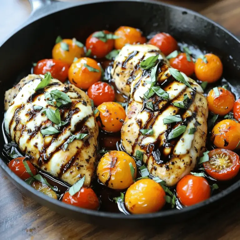 Für eine köstliche Caprese Chicken Skillet benötigen Sie einige Hauptzutaten. Diese Zutaten sorgen für den wunderbaren Geschmack und die tolle Optik des Gerichts. Hier ist, was Sie brauchen: - 2 Hähnchenbrustfilets, ohne Knochen und Haut - 1 Esslöffel Olivenöl - Salz und Pfeffer nach Geschmack - 1 Teelöffel Knoblauchpulver - 1 Tasse Kirschtomaten, halbiert - 1 Tasse frische Mozzarella-Bällchen, halbiert - 1 Teelöffel Balsamico-Glasur - 1/4 Tasse frische Basilikumblätter, gehackt Diese Zutaten machen das Gericht frisch und lecker. Das Hähnchen bleibt saftig, und die Tomaten bringen Süße. Die Wahl der Gewürze und Öle ist sehr wichtig. Olivenöl hat einen besonderen Geschmack. Es bringt den Geschmack der anderen Zutaten hervor. Salz und Pfeffer sind einfach, aber sehr wichtig. Sie helfen, das Hähnchen gut zu würzen. Knoblauchpulver gibt einen feinen, herzhaften Geschmack. Verwenden Sie frische Kräuter, wenn möglich. Sie sind kräftiger und gesünder. Balsamico-Glasur gibt dem Gericht eine süße Note. So entsteht ein tolles Zusammenspiel der Aromen. Frisches Basilikum macht Ihr Gericht noch besser. Es hat einen kräftigen Duft und Geschmack. Achten Sie darauf, dass die Blätter grün und fest sind. Vermeiden Sie welke oder braune Blätter. Eine gute Qualität finden Sie auf dem Markt oder in Bioläden. Wenn Sie die Möglichkeit haben, pflanzen Sie Basilikum zu Hause. So haben Sie immer frische Blätter zur Hand. Frisches Basilikum sollte kurz vor dem Servieren hinzugefügt werden. So bleibt der Geschmack und die Farbe schön. Für die vollständige Anleitung und das Rezept schauen Sie sich die Full Recipe an. Zuerst würze die Hähnchenbrustfilets. Nutze Salz, Pfeffer und Knoblauchpulver. Sei großzügig mit den Gewürzen. Erhitze dann das Olivenöl in einer großen Pfanne. Stelle die Hitze auf mittlere Stufe. Wenn das Öl heiß ist, lege die Hähnchenbrustfilets in die Pfanne. Brate sie für etwa 6-7 Minuten pro Seite. Achte darauf, dass sie goldbraun werden und die Innentemperatur 75°C (165°F) erreicht. Nimm das Hähnchen aus der Pfanne und lege es auf einen Teller. In der gleichen Pfanne kommen nun die halbierten Kirschtomaten. Diese sollten für etwa 3-4 Minuten braten. Rühre dabei gelegentlich um. Du willst, dass sie weich werden und ihren Saft abgeben. Der Duft wird köstlich sein. Es ist wichtig, die Tomaten gut zu braten, damit sie ihren vollen Geschmack entfalten. Reduziere die Hitze und lege das Hähnchen zurück in die Pfanne. Jetzt belege jedes Stück Hähnchen mit den halbierten Mozzarella-Bällchen. Decke die Pfanne mit einem Deckel ab. Lass den Käse für etwa 2-3 Minuten schmelzen. Der Käse sollte schön weich werden. Wenn alles fertig ist, träufle die Balsamico-Glasur über das Hähnchen und die Tomaten. Streue dann die gehackten Basilikumblätter darüber. Serviere das Gericht sofort. Der geschmolzene Mozzarella wird beim Aufschneiden wunderbar verlaufen. Dies ist eine einfache und köstliche Mahlzeit. Du kannst das vollständige Rezept für Caprese Chicken Skillet nachlesen. Um den besten Geschmack aus deinem Caprese Chicken Skillet herauszuholen, verwende frische Zutaten. Frische Kirschtomaten bringen Süße und Saftigkeit. Auch frischer Mozzarella macht einen großen Unterschied. Die Balsamico-Glasur rundet das Gericht perfekt ab. Ich empfehle, die Basilikumblätter erst kurz vor dem Servieren hinzuzufügen. Das bewahrt ihr Aroma. Ein häufiger Fehler ist, das Hähnchen zu lange zu braten. Achte darauf, die Innentemperatur bei 75°C zu halten. Das schützt das Fleisch vor Trockenheit. Viele vergessen auch, die Pfanne zu deglazieren. Das bedeutet, die Reste der Tomaten vom Boden zu lösen. Diese sorgen für zusätzlichen Geschmack. Es ist wichtig, die Hitze während des Schmelzens des Käses niedrig zu halten. So schmilzt er gleichmäßig und wird schön cremig. Jeder hat eigene Vorlieben. Du kannst das Rezept leicht anpassen. Magst du es schärfer? Füge rote Paprikaflocken hinzu. Für eine milde Note nimm weniger Knoblauchpulver. Vegetarier können das Hähnchen durch Zucchini oder Auberginen ersetzen. Die Grundzutaten bleiben gleich. So bleibt das Gericht köstlich und anpassbar. Das macht das Caprese Chicken Skillet zu einer vielseitigen Wahl für jeden Koch. {{image_4}} Wenn du eine vegetarische Option suchst, ersetze das Hähnchen durch Zucchini oder Auberginen. Diese Gemüsesorten nehmen die Aromen gut auf. Du kannst die Zucchini in Scheiben schneiden und sie in der Pfanne anbraten. Für die Auberginen schneide sie ebenfalls in Scheiben und brate sie goldbraun an. Beide bieten eine gute Textur und passen wunderbar zu den Tomaten und dem Mozzarella. Füge einige Zutaten hinzu, um den Geschmack zu verändern. Ein Schuss Zitronensaft bringt Frische. Du kannst auch einige Oliven oder Kapern hinzufügen. Diese geben eine salzige Note. Für ein bisschen Wärme, füge rote Paprikaflocken hinzu. Diese kleinen Änderungen machen das Gericht noch spannender. Serviere das Gericht mit einem einfachen Salat oder etwas Brot. Ein grüner Salat mit Rucola und Parmesan passt gut. Wenn du Brot magst, probiere Ciabatta oder Baguette. Diese Beilagen helfen, die köstlichen Säfte aufzufangen. So bleibt kein Geschmack verloren. Um Reste von Caprese Chicken Skillet frisch zu halten, lege sie in einen luftdichten Behälter. Stelle sicher, dass das Hühnchen und die Tomaten gut abgedeckt sind. Das hilft, Feuchtigkeit zu bewahren und den Geschmack zu erhalten. Du kannst die Reste auch in Portionen aufteilen. So kannst du sie später einfach aufwärmen. Du kannst die Reste auf verschiedene Arten aufwärmen. Eine gute Methode ist, das Hühnchen in einer Pfanne bei niedriger Hitze zu erhitzen. So bleibt es saftig. Du kannst auch die Mikrowelle nutzen. Stelle die Reste in eine mikrowellengeeignete Schüssel und decke sie ab. Erhitze es in 30-Sekunden-Intervallen. Überprüfe regelmäßig, damit es nicht austrocknet. Die Haltbarkeit von Caprese Chicken Skillet beträgt etwa drei bis vier Tage im Kühlschrank. Achte darauf, das Gericht schnell abzukühlen, bevor du es in den Kühlschrank stellst. Wenn du das Gericht länger aufbewahren möchtest, kannst du es auch einfrieren. Achte darauf, es gut zu verpacken. So bleibt der Geschmack auch bei längerem Lagern erhalten. Die Zubereitung von Caprese Chicken Skillet dauert insgesamt etwa 30 Minuten. Die Vorbereitungszeit beträgt rund 10 Minuten. Das Kochen nimmt dann etwa 20 Minuten in Anspruch. In dieser Zeit braten Sie das Hähnchen und die Kirschtomaten an. Diese einfache und schnelle Mahlzeit eignet sich gut für ein schnelles Abendessen. Ja, Sie können gefrorenes Hähnchen verwenden. Achten Sie jedoch darauf, das Hähnchen vorher vollständig aufzutauen. Dies stellt sicher, dass das Fleisch gleichmäßig gart. Wenn Sie gefrorenes Hähnchen verwenden, kann die Garzeit etwas länger dauern. Überprüfen Sie immer die Innentemperatur, um sicherzustellen, dass sie 75°C (165°F) erreicht. Ja, Caprese Chicken Skillet ist ideal für Meal Prep. Sie können das Gericht in Portionen aufteilen und im Kühlschrank aufbewahren. Es schmeckt auch am nächsten Tag noch gut. Wenn Sie das Hähnchen aufwärmen, fügen Sie einen Spritzer Olivenöl hinzu, um es saftig zu halten. Dies sorgt für einen frischen und leckeren Geschmack, auch nach ein paar Tagen. Für das vollständige Rezept schauen Sie in den Abschnitt [Full Recipe]. Das Caprese Chicken Skillet vereint frisches Hähnchen, leckere Tomaten und geschmolzenen Mozzarella. In der Schritt-für-Schritt-Anleitung hast du gelernt, wie du diese köstliche Mahlzeit zubereitest und gleichzeitig häufige Fehler vermeidest. Die Tipps helfen dir, den Geschmack zu maximieren und Anpassungen vorzunehmen. Variationen erlauben dir, kreativ zu sein, während die richtigen Lagerungshinweise dafür sorgen, dass Reste frisch bleiben. Wenn du die FAQs beachtest, bist du bestens vorbereitet. Experimentiere und genieße diese einfache und vielseitige Mahlzeit!