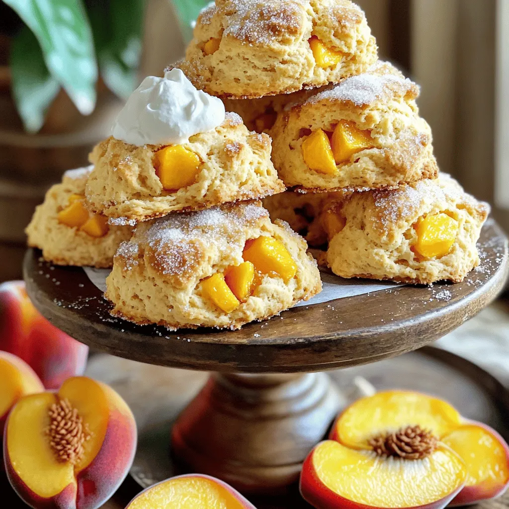 Für köstliche Pfirsichscones brauchst du folgende Zutaten: - 2 Tassen Weizenmehl - 1/4 Tasse feiner Zucker - 1 Esslöffel Backpulver - 1/2 Teelöffel Salz - 1/2 Tasse kalte, gewürfelte Butter - 1/2 Tasse Schlagsahne - 1 Teelöffel Vanilleextrakt - 1 Tasse frische Pfirsiche, geschält und gewürfelt - 1/2 Teelöffel Zimt (optional) - 1 Ei, verquirlt (für die Eiwäsche) - Turbinado-Zucker zum Bestreuen Wähle frische, reife Pfirsiche für den besten Geschmack. Achte auf folgende Punkte: - Farbe: Suche nach pfirsichfarbenen Früchten mit einem rötlichen Schimmer. - Festigkeit: Die Pfirsiche sollten leicht nachgeben, wenn du sanft drückst. - Geruch: Ein süßer Duft zeigt, dass die Pfirsiche reif sind. Hier sind die Zutaten, die du für das Rezept benötigst, im Detail erklärt: - Weizenmehl: Es gibt Struktur und Stabilität. - Zucker: Verleiht Süße und hilft beim Bräunen. - Backpulver: Lässt die Scones aufgehen und fluffig werden. - Salz: Verstärkt die Aromen und balanciert die Süße. - Butter: Macht die Scones reichhaltig und zart. - Schlagsahne und Vanilleextrakt: Fügen Cremigkeit und Geschmack hinzu. - Pfirsiche: Machen die Scones saftig und fruchtig. - Zimt: Gibt einen warmen, süßen Geschmack (optional). - Ei: Hilft, die Scones goldbraun zu backen. - Turbinado-Zucker: Fügt einen schönen Crunch hinzu. Wenn du die besten Zutaten auswählst, werden deine Scones einfach himmlisch! Für das vollständige Rezept, schaue dir [Full Recipe] an. Heize deinen Ofen auf 200 °C vor. Das sorgt für eine gute Bräunung der Scones. Lege ein Backblech mit Backpapier aus. So kleben die Scones nicht fest. Nimm eine große Schüssel. Vermenge das Weizenmehl, den Zucker, das Backpulver und das Salz gründlich. Wenn du Zimt magst, füge ihn jetzt hinzu. Diese Mischung bildet die Basis für deinen Teig. Schneide die kalte Butter in kleine Stücke. Gib sie zu den trockenen Zutaten. Mit deinen Fingerspitzen oder einem Teigschneider vermischst du alles, bis die Konsistenz krümelig ist. In einer separaten Schüssel verrühre die Schlagsahne und den Vanilleextrakt. Gieße diese Mischung in die Schüssel mit dem Mehl. Rühre vorsichtig, bis alles leicht verbunden ist. Jetzt kommt der Star des Rezepts: die Pfirsiche! Füge die gewürfelten Pfirsiche langsam hinzu. Mische vorsichtig, um sie nicht zu zerdrücken. So bleibt der frische Pfirsichgeschmack erhalten. Gib den Teig auf eine bemehlte Arbeitsfläche. Knete den Teig sanft etwa 5-6 Mal, bis er zusammenkommt. Drücke ihn dann zu einem runden Kreis, etwa 2,5 cm dick. Nutze ein scharfes Messer oder einen Ausstecher, um 8 Stücke auszuschneiden. Lege die Scones auf das Backblech. Bestreiche die Oberseite mit dem verquirlten Ei und streue Turbinado-Zucker darauf. Backe die Scones 15-18 Minuten lang, bis sie goldbraun sind. Achte darauf, dass sie gleichmäßig gebräunt sind. Lass sie nach dem Backen auf einem Kuchengitter abkühlen. Jetzt sind deine köstlichen Peachy Bliss Scones bereit! Du kannst das [Full Recipe] für weitere Tipps und Details nutzen. Um einen perfekten Scone-Teig zu machen, achten Sie auf die Textur. Der Teig soll krümelig sein, nicht zu nass. Verwenden Sie kalte Butter und fügen Sie sie gut in das Mehl ein. So bleibt der Teig leicht und locker. Mischen Sie die Zutaten nur so lange, bis sie gerade zusammenkommen. Zu viel Rühren macht die Scones zäh und hart. Ein häufiger Fehler ist, den Ofen nicht vorzuheizen. Ein heißer Ofen sorgt für eine schöne Kruste. Achten Sie auch darauf, die Scones nicht zu lange zu backen. Wenn sie goldbraun sind, nehmen Sie sie sofort heraus. Zu langes Backen macht sie trocken. Lassen Sie sie nach dem Backen nicht zu lange auf dem Blech, da sie weiter garen können. Die Präsentation macht viel aus! Servieren Sie die Scones auf einem schönen Teller oder Tortenständer. Fügen Sie frische Pfirsichscheiben und einen Klecks Sahne hinzu. Das sieht nicht nur gut aus, sondern schmeckt auch fantastisch! Sie können auch ein wenig Puderzucker darüber streuen, um den Scones einen süßen Touch zu verleihen. Wenn Sie mehr Inspiration wollen, schauen Sie sich das Full Recipe für weitere Tipps an. {{image_4}} Wenn du keine Pfirsiche magst, probiere andere Früchte. Äpfel, Beeren oder Birnen passen gut. Diese Früchte bringen auch Süße und Saftigkeit in die Scones. Verwende für Äpfel kleine Stücke und für Beeren ganze Früchte. So bleibt die Textur schön. Du kannst die Scones leicht glutenfrei machen. Ersetze das Weizenmehl mit einer glutenfreien Mehlmischung. Achte darauf, dass die Mischung Xanthan enthält. Das hilft, die Struktur zu halten. Die Scones werden trotzdem lecker und fluffig sein. Experimentiere mit Gewürzen für deinen eigenen Twist. Zimt, Muskatnuss oder Ingwer passen gut. Eine Prise Zimt gibt den Scones einen warmen Geschmack. Für mehr Frische füge Zitronenschale hinzu. Das bringt eine tolle Note. Du kannst auch Schokoladenstückchen oder Nüsse hinzufügen. Das macht die Scones noch interessanter. Wenn du mehr Details zu diesem Rezept möchtest, schau dir das [Full Recipe] an. Um die Scones frisch zu halten, lasse sie zuerst abkühlen. Lege sie dann in einen luftdichten Behälter. Dieser Behälter schützt die Scones vor Feuchtigkeit und Luft. Du kannst sie auch in Frischhaltefolie wickeln. Achte darauf, dass sie nicht zerdrückt werden. Scones schmecken am besten in den ersten zwei Tagen. Wenn du die Scones aufwärmen möchtest, heize den Ofen auf 180 °C vor. Lege die Scones auf ein Backblech und backe sie für etwa 5-10 Minuten. Alternativ kannst du sie in der Mikrowelle aufwärmen. Stelle die Mikrowelle auf mittlere Leistung und erwärme die Scones für 15-20 Sekunden. Achte darauf, dass sie nicht trocken werden. Scones bleiben bei Raumtemperatur bis zu zwei Tage frisch. Du kannst sie auch im Kühlschrank aufbewahren. Dort halten sie bis zu einer Woche. Wenn du die Scones länger aufbewahren möchtest, friere sie ein. In einem Gefrierbeutel halten sie bis zu drei Monate. So bleiben sie lecker und frisch, bereit für den nächsten Genuss! Ja, gefrorene Pfirsiche sind eine gute Option. Achte darauf, sie vorher aufzutauen. Tupfe sie trocken, um überschüssige Flüssigkeit zu entfernen. Verwende sie dann wie frische Pfirsiche. Sie geben dennoch einen tollen Geschmack. Die Scones bleiben bei Zimmertemperatur etwa 2-3 Tage frisch. Lagere sie in einem luftdichten Behälter. Du kannst sie auch im Kühlschrank aufbewahren, wo sie bis zu einer Woche halten. Wenn du sie länger aufbewahren willst, friere sie ein. Ja, die Scones schmecken auch ohne Zucker gut. Du kannst den Zucker einfach weglassen. Probiere stattdessen, etwas Honig oder Ahornsirup zu verwenden. Das macht sie süß und lecker. Du kannst das Rezept leicht anpassen. Füge Nüsse oder Schokolade hinzu. Auch andere Früchte wie Äpfel oder Beeren sind toll. Experimentiere mit verschiedenen Gewürzen. Zimt oder Muskatnuss passen gut dazu. Ja, du kannst die Scones vegan machen. Ersetze die Butter durch vegane Margarine. Verwende pflanzliche Sahne und lasse das Ei weg. Ein Esslöffel Pflanzenmilch kann als Eiwäsche dienen. So bleiben die Scones lecker und vegan. Für das vollständige Rezept, schaue dir die Details an. Um die perfekten Pfirsich-Scones zu backen, folgen Sie diesen einfachen Schritten. Zuerst heizen Sie Ihren Ofen auf 200 °C vor. Legen Sie ein Backblech mit Backpapier aus. Mischen Sie dann in einer großen Schüssel 2 Tassen Weizenmehl, 1/4 Tasse Zucker, 1 Esslöffel Backpulver, 1/2 Teelöffel Salz und optional 1/2 Teelöffel Zimt gut zusammen. Fügen Sie 1/2 Tasse kalte, gewürfelte Butter hinzu. Nutzen Sie einen Teigschneider, um die Mischung zu bearbeiten, bis sie krümelig wird. In einer separaten Schüssel verrühren Sie 1/2 Tasse Schlagsahne und 1 Teelöffel Vanilleextrakt. Gießen Sie die Mischung zu den trockenen Zutaten. Rühren Sie vorsichtig, bis alles gerade so vermischt ist. Jetzt kommt der spaßige Teil! Klappen Sie 1 Tasse gewürfelte Pfirsiche vorsichtig unter. Geben Sie den Teig auf eine bemehlte Fläche und kneten Sie ihn sanft. Formen Sie den Teig zu einem 2,5 cm dicken Kreis. Schneiden Sie 8 Stücke aus, rund oder dreieckig. Legen Sie die Scones auf das Backblech. Bestreichen Sie sie mit verquirltem Ei und bestreuen Sie sie mit Turbinado-Zucker. Backen Sie die Scones 15-18 Minuten lang, bis sie goldbraun sind. Lassen Sie sie auf einem Kuchengitter abkühlen. Genießen Sie die Scones warm oder bei Zimmertemperatur! Wenn Sie Ihre Scones aufpeppen möchten, probieren Sie verschiedene Früchte. Himbeeren oder Blaubeeren eignen sich hervorragend. Sie können auch etwas Zitronenschale hinzufügen, um einen frischen Geschmack zu erzielen. Für eine glutenfreie Option verwenden Sie glutenfreies Mehl. Wenn Sie einen gesünderen Ansatz wählen möchten, reduzieren Sie den Zucker auf 2 Esslöffel oder verwenden Sie Honig. Denken Sie daran, dass die Textur leicht variieren kann. Achten Sie darauf, nicht zu viel zu mischen, um die Scones locker zu halten. Servieren Sie die Scones mit frisch geschlagener Sahne oder einem Klecks Marmelade. Ein paar Scheiben frischer Pfirsiche machen das Ganze noch besser. Für Getränke passen frischer Kräutertee oder ein Glas Limonade gut dazu. Für einen besonderen Anlass können Sie die Scones auch mit Prosecco kombinieren. Das ist perfekt für Brunch oder Feste. Vergessen Sie nicht, die Scones hübsch anzurichten! Ein mehrstöckiger Tortenständer sieht toll aus und macht Ihre Scones zu einem Blickfang. Das ist das vollständige Rezept für die köstlichen Pfirsich-Scones! In diesem Blogbeitrag haben wir alles zu Scones mit Pfirsichen besprochen. Wir haben die Zutaten, die richtige Zubereitung und wichtige Tipps behandelt. Ich hoffe, du fühlst dich nun bereit, eigene Scones zu backen. Denke daran, die besten Zutaten auszuwählen und die Garzeit genau zu prüfen. Variiere das Rezept nach deinem Geschmack und genieße die Ergebnisse. Backen macht Spaß und bringt Freude. Viel Erfolg bei deinem nächsten Scone-Projekt!