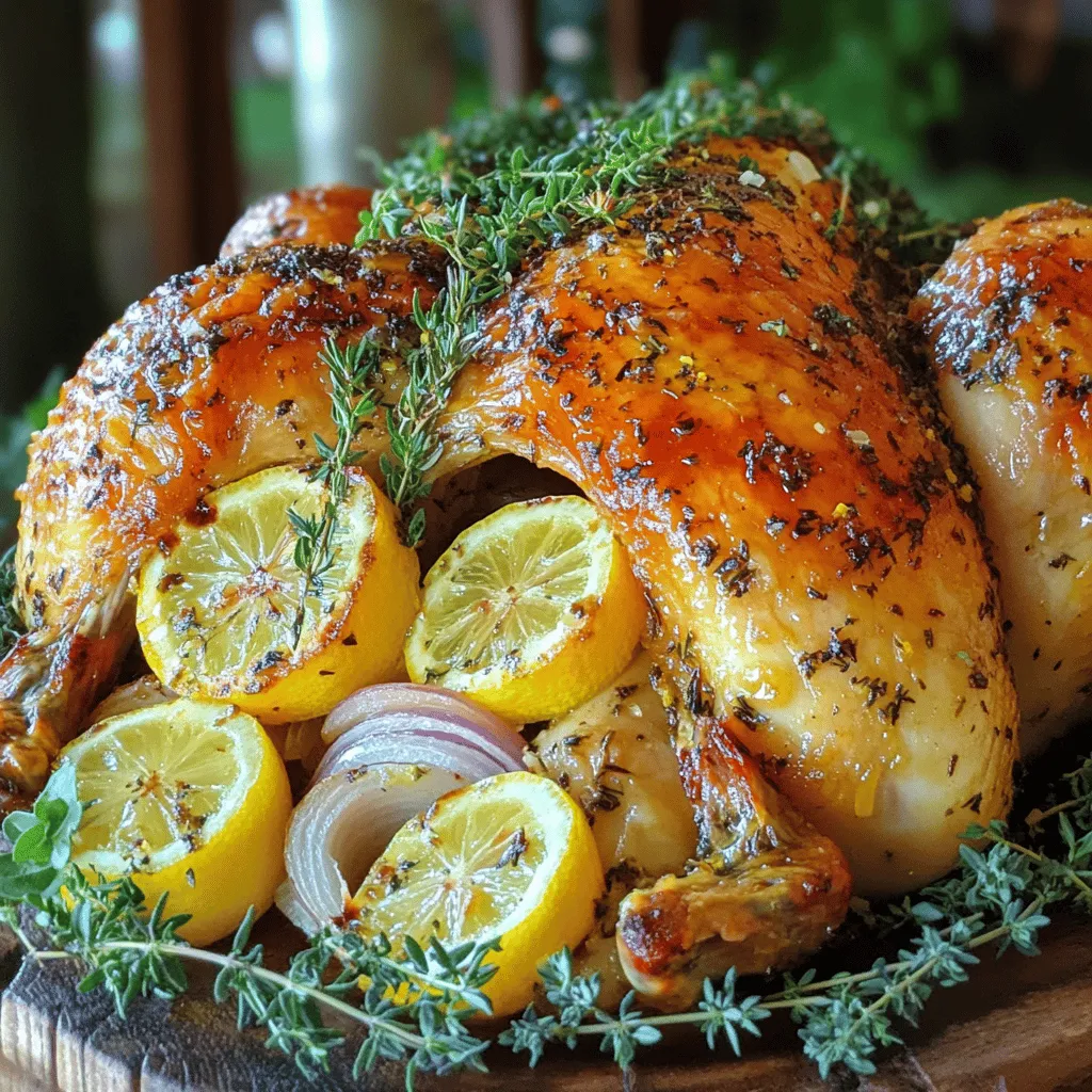 Für das perfekte Zitronen-Kräuter-Rösthähnchen brauchst du einige Hauptzutaten. Diese sind wichtig für den tollen Geschmack. Hier ist die Liste: - 1 ganzes Hähnchen (ca. 1,8-2,3 kg) - 2 Zitronen (eine zum Saft, eine zum Schneiden) - 4 Esslöffel Olivenöl - 4 Knoblauchzehen, fein gehackt - 1 Esslöffel frischer Rosmarin, gehackt - 1 Esslöffel frischer Thymian, gehackt - 1 Esslöffel frische Petersilie, gehackt - Salz und Pfeffer, nach Geschmack - 1 große Zwiebel, geviertelt - 240 ml Hühnerbrühe Diese Zutaten sorgen für den frischen Geschmack und das saftige Fleisch. Die Gewürze und Kräuter sind der Schlüssel zu diesem Rezept. Rosmarin, Thymian und Petersilie bringen einen tollen Geschmack. Der Knoblauch sorgt für eine herzliche Note. - Rosmarin hat einen starken, holzigen Geschmack. Er passt gut zum Hähnchen. - Thymian ist frisch und leicht süßlich. Er ergänzt die Zitrone perfekt. - Petersilie bringt Farbe und einen milden Geschmack. Diese Kombination macht das Hähnchen zu einem besonderen Gericht. Du kannst das Hähnchen mit Gemüse und Beilagen ergänzen. Das macht das Essen noch besser. Hier sind einige Ideen: - Karotten: Sie sind süß und knusprig, wenn sie geröstet werden. - Kartoffeln: Sie sind herzhaft und nehmen den Geschmack auf. - Brokkoli: Er bleibt knackig und bringt Farbe auf den Teller. Serviere das Hähnchen mit einem frischen Salat oder geröstetem Gemüse. Du hast viele Optionen, um deine Mahlzeit zu gestalten. Entdecke auch das Full Recipe für weitere Details! Um das Zitronen-Kräuter-Rösthähnchen zuzubereiten, beginne mit den Vorbereitungen. Heize deinen Ofen auf 220°C (425°F) vor. Tupfe das Hähnchen mit Küchenpapier gut trocken. Dies hilft, die Haut knusprig zu machen. Lege das Hähnchen in eine Bratform. Diese Form fängt die Säfte auf und macht das Hähnchen saftig. Jetzt kommt der Spaß! Mische in einer Schüssel das Olivenöl mit dem Saft einer Zitrone, dem gehackten Knoblauch, Rosmarin, Thymian, Petersilie sowie Salz und Pfeffer. Reibe diese Mischung großzügig über das Hähnchen. Achte darauf, auch unter die Haut zu gelangen. So wird das Hähnchen voller Geschmack. Fülle die Bauchhöhle mit der geviertelten Zwiebel und der zweiten, aufgeschnittenen Zitrone. Diese geben ein tolles Aroma beim Garen. Gieße die Hühnerbrühe in die Bratform. Dies hält das Hähnchen während des Garens feucht. Binde die Beine mit Küchengarn zusammen und tuckere die Flügel unter den Körper. Röste das Hähnchen etwa 1 Stunde und 15 Minuten. Die Kerntemperatur sollte 74°C (165°F) erreichen. Die Säfte sollten klar sein. Baste das Hähnchen einmal mit der Brühe, um es saftig zu halten. Nach dem Garen, lasse das Hähnchen 10-15 Minuten ruhen, bevor du es anschneidest. So bleiben die Säfte im Hähnchen. Für die vollständige Anleitung, schau dir das Full Recipe an. Um das Hähnchen perfekt zu garen, ist die Temperatur entscheidend. Heize deinen Ofen immer vor. 220°C sorgt für knusprige Haut. Verwende ein Fleischthermometer, um die Kerntemperatur zu messen. Diese sollte 74°C erreichen. Baste das Hähnchen während des Garens mit der Brühe. So bleibt es saftig und lecker. Lass das Hähnchen nach dem Garen ruhen. Dies hilft, die Säfte zu verteilen. Hast du Reste? Kein Problem! Lasse das Hähnchen auf Zimmertemperatur abkühlen. Wickele es dann in Frischhaltefolie oder lege es in einen luftdichten Behälter. Im Kühlschrank bleibt es etwa drei bis vier Tage frisch. Du kannst es auch einfrieren. In einem gefriergeeigneten Behälter hält es bis zu drei Monate. Denke daran, die Reste gut aufzuwärmen, bevor du sie isst. Zitronen-Kräuter-Rösthähnchen passt gut zu vielen Beilagen. Probiere geröstetes Gemüse wie Karotten und Brokkoli. Ein frischer Salat mit Vinaigrette ergänzt das Gericht wunderbar. Kartoffeln sind ebenfalls eine tolle Wahl. Ob püriert oder geröstet, sie harmonieren gut mit dem Hähnchen. Experimentiere mit verschiedenen Beilagen, um dein perfektes Menü zu finden. {{image_4}} Um das Zitronen-Kräuter-Rösthähnchen zu variieren, können Sie verschiedene Kräuter verwenden. Thymian und Rosmarin sind großartig, aber probieren Sie auch Oregano oder Estragon. Diese Kräuter bringen neue Geschmäcker. Sie können auch den Zitronensaft durch Limettensaft ersetzen. Das gibt eine frische Note. Für einen würzigeren Geschmack fügen Sie Paprika oder Cayennepfeffer hinzu. Diese kleinen Änderungen machen viel aus. Die Beilagen zu Ihrem Rösthähnchen können sehr unterschiedlich sein. Einfache Beilagen sind geröstete Kartoffeln oder ein frischer Salat. Sie können auch Gemüse wie Karotten und Zucchini rösten. Diese passen gut zu dem Hähnchen. Ein cremiges Kartoffelpüree ist auch eine tolle Wahl. Wenn Sie etwas anderes wollen, machen Sie einen Couscous-Salat mit frischem Gemüse. Das bringt Abwechslung auf den Tisch. Beide Methoden, Grillen und Rösten, haben ihre Vorteile. Rösten im Ofen gibt dem Hähnchen eine gleichmäßige Hitze. Das Hähnchen bleibt saftig, und die Haut wird knusprig. Grillen bringt einen rauchigen Geschmack. Es ist eine tolle Option für den Sommer. Wenn Sie im Freien grillen, sollten Sie das Hähnchen zuerst marinieren. So wird der Geschmack intensiver. Beide Methoden sind köstlich und machen Ihr Hähnchen zu einem Hit. Zitronen-Kräuter-Rösthähnchen ist nicht nur lecker, sondern auch nahrhaft. Eine Portion hat etwa 350 Kalorien. Diese Zahl kann je nach Größe des Hähnchens schwanken. Es bietet auch hochwertige Proteine, die gut für den Muskelaufbau sind. Die Kombination aus Hähnchen und frischen Kräutern liefert wichtige Vitamine und Mineralien. Die Zutaten bringen viele gesundheitliche Vorteile mit sich: - Hähnchen: Reich an Proteinen, unterstützt den Körper beim Aufbau und Erhalt von Muskeln. - Zitronen: Voll mit Vitamin C, stärken das Immunsystem und fördern die Hautgesundheit. - Olivenöl: Gesundes Fett, das gut für das Herz ist und Entzündungen verringert. - Knoblauch: Hilft, das Immunsystem zu stärken und hat antibakterielle Eigenschaften. - Kräuter: Wie Rosmarin und Thymian bieten Antioxidantien, die den Körper schützen. Das Rezept ergibt 4-6 Portionen. Sie können die Menge leicht anpassen. Für mehr Gäste einfach ein größeres Hähnchen wählen oder zwei Hähnchen zubereiten. Die Kräuter können auch variieren. Fügen Sie zum Beispiel Basilikum oder Oregano hinzu, um den Geschmack zu ändern. So bleibt das Gericht frisch und interessant. Ein ganzes Hähnchen braucht etwa 1 Stunde und 15 Minuten im Ofen. Die genaue Zeit hängt von der Größe ab. Ein guter Richtwert ist 45 Minuten pro Kilogramm. Die Kerntemperatur sollte 74°C erreichen. Nutzen Sie ein Fleischthermometer, um das zu überprüfen. So stellen Sie sicher, dass das Hähnchen saftig und zart bleibt. Ja, gefrorenes Hähnchen kann verwendet werden. Allerdings sollte es zuerst vollständig auftauen. Das kann im Kühlschrank über Nacht erfolgen. Alternativ können Sie das Hähnchen in kaltem Wasser auftauen. Vermeiden Sie heißes Wasser, da dies das Wachstum von Bakterien fördern kann. Verschiedene Gemüsesorten passen gut zu Rösthähnchen. Hier sind einige Ideen: - Karotten - Kartoffeln - Zucchini - Paprika - Brokkoli Diese Gemüsesorten nehmen den Geschmack des Hähnchens auf und werden schön zart. Sie können sie einfach um das Hähnchen in der Bratform anordnen. So wird das gesamte Gericht lecker und bunt. Für das komplette Rezept schauen Sie sich das [Full Recipe] an. Zusammengefasst haben wir die Hauptzutaten für das perfekte Zitronen-Kräuter-Rösthähnchen sowie die Schritte zur Zubereitung behandelt. Ich habe Tipps für das Garen und die Aufbewahrung geteilt. Verschiedene Variationen zeigen dir, wie du das Rezept anpassen kannst. Die Nährwertinformationen helfen dir, gesunde Entscheidungen zu treffen. Nutze diese Anleitung, um ein köstliches Gericht zu zaubern und genieße die vielen Möglichkeiten! Kochen macht Spaß, und dieses Rezept ist einfach und lecker.