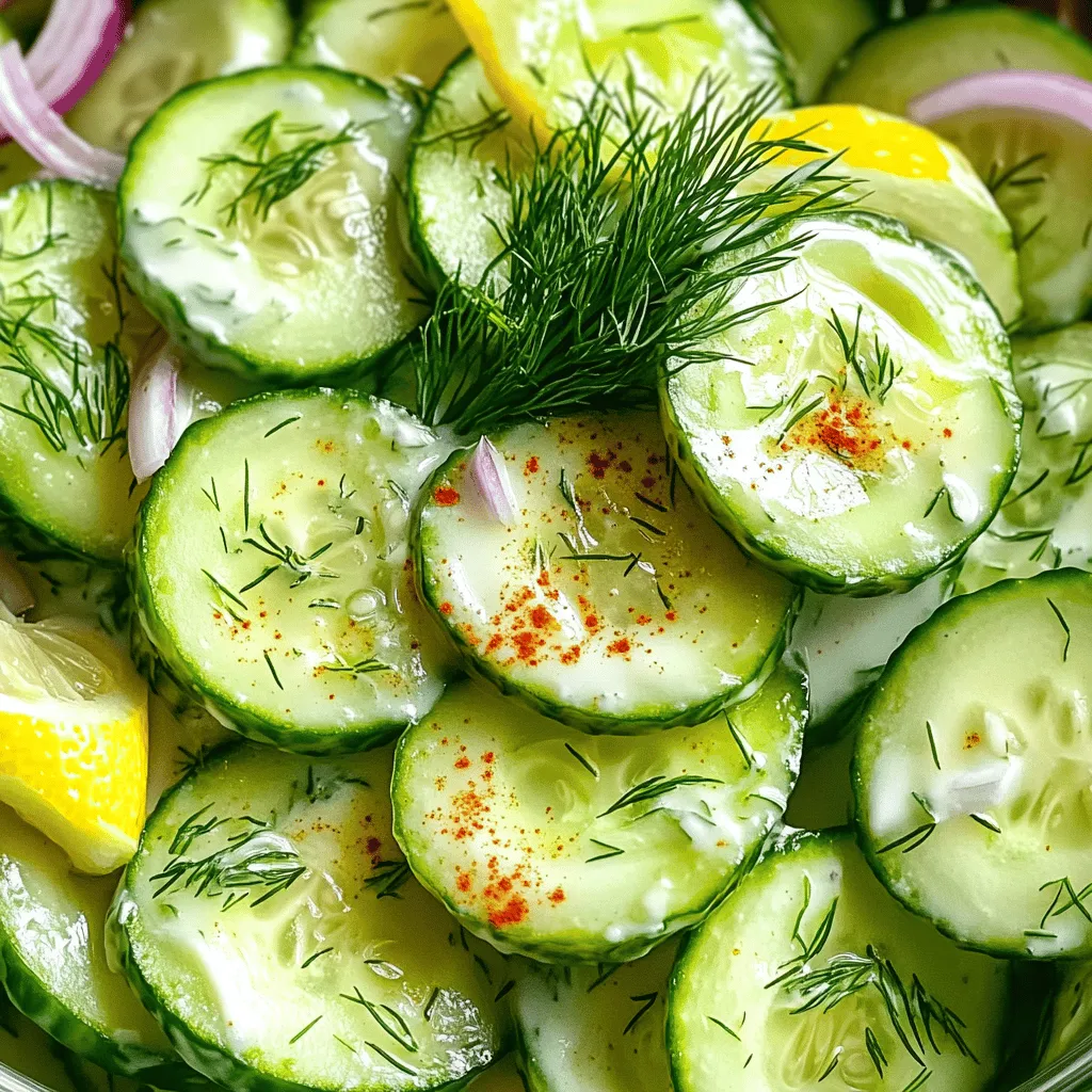 Für einen leckeren cremigen Gurkensalat benötigen Sie folgende Hauptzutaten: - 2 große Gurken, dünn geschnitten - 1 Tasse griechischer Joghurt - 1 Esslöffel frischer Dill, gehackt - 1 Esslöffel Zitronensaft - 1 Knoblauchzehe, fein gehackt - 1/4 Tasse rote Zwiebel, dünn geschnitten Diese Zutaten sorgen für eine frische und köstliche Basis. Die Gurken bringen Knackigkeit. Der Joghurt gibt Cremigkeit und Geschmack. Zusätzlich brauchen Sie einige Zutaten für das Dressing: - Salz und Pfeffer nach Geschmack - 1 Esslöffel Olivenöl - 1 Esslöffel Apfelessig Diese Zutaten verleihen dem Dressing Tiefe und machen den Salat noch schmackhafter. Frische Zutaten sind der Schlüssel. Achten Sie darauf, die Gurken fest und ohne Druckstellen zu wählen. Die Schale sollte glänzend und knackig sein. Griechischer Joghurt sollte dick und cremig sein. Frischer Dill sollte grün und aromatisch riechen. Verwenden Sie auch frische Knoblauchzehen und Zwiebeln für den besten Geschmack. Wenn Sie die besten Zutaten auswählen, wird Ihr cremiger Gurkensalat wirklich herausragend. Schauen Sie sich auch den Full Recipe an, um alle Schritte zu erfahren! Zuerst schneide die Gurken in dünne Scheiben. Wenn die Schale dick ist, schäle sie vorsichtig. Die Gurkenscheiben kommen in eine große Schüssel. Streue eine Prise Salz darüber. Das Salz hilft, das Wasser aus den Gurken zu ziehen. Lass die Gurken für etwa 10 bis 15 Minuten ruhen. So verlieren sie überschüssiges Wasser. Das gibt dir einen knackigen Salat. Während die Gurken ruhen, bereite das Dressing vor. In einer separaten Schüssel mische den griechischen Joghurt, den gehackten Dill, den Zitronensaft, die fein gehackte Knoblauchzehe, das Olivenöl und den Apfelessig. Rühre alles gut um, bis die Mischung glatt ist. Schmecke das Dressing mit Salz und Pfeffer ab. Das Dressing sollte frisch und lecker schmecken. Nach dem Ruhen tupfe die Gurken mit einem Küchentuch trocken. So entfernst du die überschüssige Feuchtigkeit. Füge die Gurkenscheiben und die roten Zwiebelringe in die Schüssel mit dem Dressing hinzu. Mische alles vorsichtig, bis alle Zutaten gut bedeckt sind. Lass den Salat mindestens 30 Minuten im Kühlschrank ruhen. So verbinden sich die Aromen gut. Kurz vor dem Servieren gib dem Salat einen letzten Schwung. Probiere ihn und passe die Würze an, wenn nötig. Für mehr Details schaue dir das [Full Recipe] an. Um das Beste aus Ihren Gurken herauszuholen, wählen Sie frische und feste Gurken. Achten Sie auf die Farbe; sie sollte lebhaft grün sein. Bei der Vorbereitung schneiden Sie die Gurken dünn. So bekommen Sie mehr Geschmack in jedem Bissen. Streuen Sie etwas Salz auf die geschnittenen Gurken. Lassen Sie sie für 10-15 Minuten ruhen. Das hilft, überschüssiges Wasser zu entfernen und macht den Salat knackiger. Das Dressing ist der Schlüssel zum Geschmack. Sie können den griechischen Joghurt durch Sauerrahm ersetzen. Für mehr Frische fügen Sie etwas Minze oder Petersilie hinzu. Ein Spritzer Honig macht das Dressing süßer. Wenn Sie es schärfer mögen, probieren Sie etwas Cayennepfeffer oder Paprika. Sie können auch andere Essigsorten verwenden. Balsamico bringt eine süßere Note. Servieren Sie den Salat in einer gekühlten Schüssel. Das hält ihn frisch. Garnieren Sie mit frischem Dill oder einem Hauch Paprika. Ein paar Kirschtomaten oder Radieschen sorgen für Farbe. Verwenden Sie große, flache Teller für eine schöne Präsentation. So sieht der Salat gleich noch einladender aus. Für eine größere Portion können Sie auch einen Mix aus verschiedenen Gemüsesorten hinzufügen. Der cremige Gurkensalat ist ideal für Grillpartys oder als Beilage zu jedem Essen. Für das vollständige Rezept schauen Sie sich den Full Recipe an. {{image_4}} Wenn Sie keinen Joghurt verwenden möchten, gibt es tolle Alternativen. Sie können saure Sahne oder Quark ausprobieren. Beide geben dem Salat eine ähnliche Cremigkeit. Auch pflanzliche Joghurtarten aus Soja oder Kokos sind eine gute Wahl. Sie sind leicht und oft auch vegan. Achten Sie darauf, ungesüßte Varianten zu wählen. So bleibt der Geschmack frisch und lecker. Um den Gurkensalat noch bunter zu machen, fügen Sie mehr Gemüse hinzu. Paprika, Radieschen oder Karotten passen gut. Sie bringen Farbe und zusätzlichen Crunch. Auch frische Kräuter können den Geschmack verändern. Petersilie, Schnittlauch oder Minze verleihen eine besondere Note. Experimentieren Sie mit verschiedenen Kombinationen, um Ihr persönliches Lieblingsrezept zu finden. Für einen scharfen Kick können Sie Chili oder Pfeffer hinzufügen. Frische Jalapeños oder rote Chiliflocken bringen mehr Würze. Mischen Sie diese mit dem Dressing, um einen neuen Geschmack zu kreieren. Diese Variante passt gut zu Grillgerichten oder als Beilage zu Tacos. Seien Sie vorsichtig mit der Menge, um den Salat nicht zu überladen. Genießen Sie die Schärfe in Maßen! Um deinen cremigen Gurkensalat frisch zu halten, ist die Lagerung wichtig. Du solltest ihn in einem luftdichten Behälter aufbewahren. Das schützt den Salat vor anderen Gerüchen im Kühlschrank. Achte darauf, dass der Behälter gut verschlossen ist. So bleibt der Geschmack erhalten und die Zutaten bleiben knackig. Im Kühlschrank hält sich der Gurkensalat etwa 2 bis 3 Tage. Nach dieser Zeit kann die Textur weich werden. Der Geschmack bleibt zwar gut, aber die Frische lässt nach. Daher ist es am besten, den Salat frisch zu genießen. Wenn du ihn länger aufbewahren möchtest, schau dir meine Tipps zum Einfrieren an. Einfrieren ist nicht ideal für Gurkensalat. Die Gurken verlieren ihre Knackigkeit und werden matschig. Wenn du dennoch Reste einfrieren möchtest, mache das nur mit dem Dressing. Die Gurken solltest du vorher separat lagern. So kannst du den Salat frisch zubereiten, wenn du ihn brauchst. Für mehr Details, sieh dir das Rezept für den cremigen Gurkensalat an. Der cremige Gurkensalat hält sich gut im Kühlschrank für etwa drei Tage. Achte darauf, ihn in einem gut verschlossenen Behälter aufzubewahren. So bleibt er frisch und lecker. Nach ein paar Tagen kann der Salat jedoch wässrig werden, da die Gurken Wasser abgeben. Es ist am besten, den Salat frisch zu genießen. Ja, du kannst den Salat im Voraus zubereiten. Bereite das Dressing und die Gurken vor. Mische alles aber erst kurz vor dem Servieren. So bleiben die Gurken knackig. Du kannst den Salat auch am Abend zuvor machen. Lass ihn dann einfach im Kühlschrank ruhen. So haben sich die Aromen gut verbunden. Der cremige Gurkensalat passt gut zu vielen Gerichten. Du kannst ihn mit gegrilltem Hähnchen oder Fisch servieren. Auch zu einem BBQ ist er eine tolle Ergänzung. Eine Scheibe frisches Brot passt ebenfalls gut dazu. Du kannst den Salat auch als Teil eines Buffets anbieten. Genieße die Vielfalt der Aromen! Der cremige Gurkensalat ist einfach zuzubereiten und erfrischend lecker. Wir haben über die Haupt- und zusätzlichen Zutaten für das Dressing gesprochen. Ich habe Tipps gegeben, um frische Zutaten auszuwählen und zu nutzen. Zudem habe ich Ihnen gezeigt, wie Sie die Gurken optimal vorbereiten und das Dressing zubereiten. Denken Sie daran, Ihre Kreation zu variieren und den Salat richtig zu lagern. Genießen Sie Ihren Salat als Beilage oder Hauptgericht. Jetzt sind Sie bereit, einen tollen Gurkensalat zu machen!
