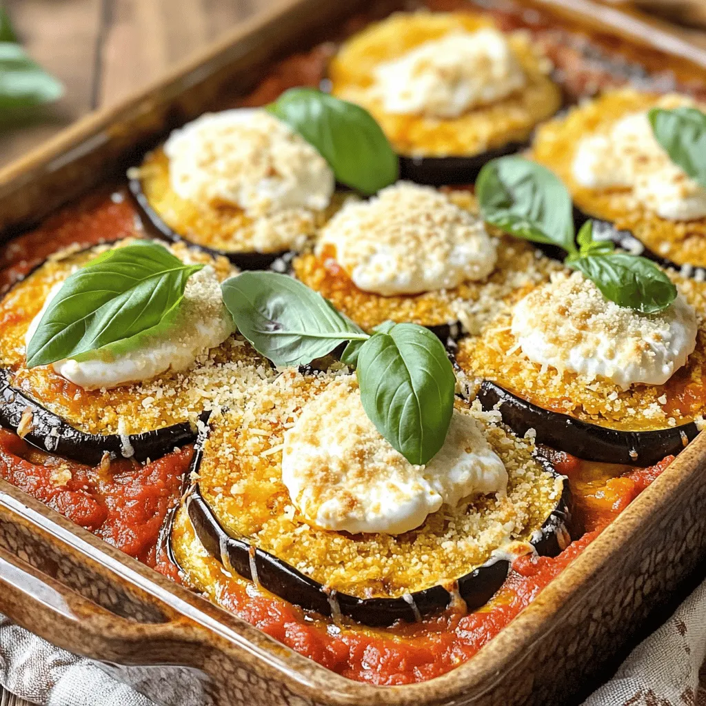 - 2 mittelgroße Auberginen, in 1,25 cm dicke Scheiben geschnitten - 2 Tassen Marinara-Sauce - 2 Tassen Ricotta-Käse Die Hauptzutaten sind einfach. Auberginen sind der Star. Sie geben dem Gericht seine Textur. Marinara-Sauce bringt Geschmack. Ricotta-Käse sorgt für Cremigkeit. Diese Mischung macht das Gericht besonders lecker. - 1 Tasse Weizenmehl - 3 große Eier, verquirlt - 2 Tassen Semmelbrösel Für die Panade brauchen wir Weizenmehl, Eier und Semmelbrösel. Das Mehl hilft, die Feuchtigkeit zu binden. Die Eier geben der Panade Halt. Semmelbrösel machen alles schön knusprig. - 1 Teelöffel getrockneter Oregano - 1 Teelöffel getrocknetes Basilikum - Olivenöl zum Braten Gewürze sind wichtig für den Geschmack. Oregano und Basilikum passen perfekt zu Auberginen. Olivenöl sorgt beim Braten für eine goldbraune Farbe. Achte darauf, gutes Olivenöl zu nutzen. Das macht einen großen Unterschied. Für das vollständige Rezept schau dir den Full Recipe an. Um die Auberginen richtig vorzubereiten, nehmen Sie zwei mittelgroße Auberginen. Schneiden Sie sie in Scheiben von etwa 1,25 cm. Legen Sie die Scheiben in einer einzigen Schicht auf Papiertücher. Bestreuen Sie jede Scheibe mit Salz. Das Salz hilft, überschüssige Feuchtigkeit zu entziehen. Lassen Sie sie etwa 30 Minuten ruhen. Danach spülen Sie die Auberginen gut ab, um das Salz zu entfernen. Tupfen Sie sie dann mit Papiertüchern trocken. Jetzt richten Sie eine Panierstation ein. Bereiten Sie drei flache Schalen vor. Geben Sie in die erste Schale das Weizenmehl. In die zweite Schale kommen die verquirlten Eier. In der dritten Schale mischen Sie die Semmelbrösel mit einem Teelöffel getrocknetem Oregano und einem Teelöffel getrocknetem Basilikum. Diese Gewürze bringen mehr Geschmack in die Panade. Tauchen Sie jede Auberginenscheibe zuerst in das Mehl. Danach kommen die Scheiben in die verquirlten Eier. Schließlich drücken Sie sie in die gewürzten Semmelbrösel. Achten Sie darauf, dass die Brösel gut haften. Erhitzen Sie Olivenöl in einer großen Pfanne bei mittlerer Temperatur. Braten Sie die panierten Auberginenscheiben portionsweise für etwa 3-4 Minuten auf jeder Seite. Sie sollten goldbraun und knusprig sein. Legen Sie die fertigen Scheiben auf einen Teller mit Papiertüchern, damit das überschüssige Öl abtropfen kann. Heizen Sie Ihren Ofen auf 190°C vor. Nehmen Sie eine Auflaufform und verteilen Sie eine dünne Schicht Marinara-Sauce auf dem Boden. Legen Sie die Hälfte der gebratenen Auberginen darauf. Fügen Sie Kleckse von Ricotta-Käse hinzu und bestreuen Sie alles mit einem Drittel des Mozzarellas und Parmesans. Wiederholen Sie diesen Vorgang mit den restlichen Zutaten. Am Ende geben Sie eine Schicht Marinara-Sauce und eine großzügige Menge Mozzarella und Parmesan oben drauf. Decken Sie die Auflaufform mit Aluminiumfolie ab, damit sie nicht mit dem Käse in Berührung kommt. Backen Sie das Gericht 25 Minuten lang und entfernen Sie dann die Folie. Backen Sie es für weitere 15-20 Minuten, bis der Käse sprudelnd und goldbraun ist. Für das komplette Rezept schauen Sie sich die [Full Recipe] an. Um die besten Auberginen für das Gericht auszuwählen, achte auf die Farbe und die Festigkeit. Wähle Auberginen, die glänzend und fest sind. Vermeide solche mit Flecken oder Druckstellen. Um überschüssige Feuchtigkeit effektiv zu entfernen, schneide die Auberginen in 1,25 cm dicke Scheiben. Lege die Scheiben auf Papiertücher und bestreue sie mit Salz. Lass sie etwa 30 Minuten ruhen. Das Salz entzieht der Aubergine Wasser und macht sie weniger bitter. Spüle die gesalzenen Scheiben danach ab und tupfe sie mit einem Papiertuch trocken. So bleiben sie knusprig. Die Panade ist der Schlüssel zu einem großartigen Auberginen Parmesan. Du kannst die Zutaten für die Panade anpassen. Probiere Panko statt Semmelbrösel für extra Crunch. Auch Gewürze wie Paprika oder Knoblauchpulver geben der Panade mehr Geschmack. Für glutenfreie Optionen empfehle ich, glutenfreies Mehl und glutenfreie Semmelbrösel zu verwenden. Diese ersetzen die normalen Varianten. So kannst du das Gericht genießen, ohne auf den Geschmack zu verzichten. Die Wahl des Käses ist wichtig für den Geschmack. Ich empfehle, frischen Mozzarella für seine cremige Textur zu verwenden. Parmesankäse verleiht dem Gericht einen nussigen Geschmack. Eine gute Mischung ist, Ricotta, Mozzarella und Parmesan zu kombinieren. Diese Kombination sorgt für eine köstliche, cremige Schicht. Denke auch daran, die Käseschichten gut zu verteilen. So schmilzt der Käse gleichmäßig und leistet einen großen Beitrag zum Geschmack. {{image_4}} Viele Menschen lieben Auberginen, aber es gibt auch andere Optionen. Sie können Zucchini verwenden, um eine leichte Variante zu machen. Zucchini hat einen milden Geschmack und wird weich. Champignons sind eine weitere gute Wahl. Sie bringen einen herzhaften Biss in Ihr Gericht. Sie können auch verschiedene Gemüsesorten wie Paprika oder Spinat hinzufügen. Diese machen das Gericht bunter und bieten mehr Nährstoffe. Wenn Sie glutenfrei essen, gibt es einfache Lösungen. Ersetzen Sie das Weizenmehl durch Mandelmehl oder Kokosmehl. Diese Mehle sind leicht und gesund. Für die Semmelbrösel können Sie glutenfreie Varianten nutzen. Diese finden Sie in vielen Geschäften. Achten Sie darauf, dass die Brösel gut haften, damit die Auberginen knusprig werden. Die Gewürze machen den Unterschied. Fügen Sie frische Kräuter wie Thymian oder Rosmarin hinzu. Diese geben einen tollen Geschmack. Für eine scharfe Variante können Sie Peperoni oder Chili verwenden. Diese geben einen Kick und machen das Gericht spannend. Experimentieren Sie mit Ihren Lieblingsgewürzen. So finden Sie die perfekte Mischung für Ihren Geschmack. Nach der Zubereitung sollten Sie das Gericht schnell kühlen. Lassen Sie es zuerst auf Raumtemperatur abkühlen. Dann decken Sie die Auflaufform mit Frischhaltefolie oder Aluminiumfolie ab. So bleibt der Eierschalen-Parmesan frisch. Im Kühlschrank hält er sich bis zu vier Tage. Um die Reste wieder aufzuwärmen, nutzen Sie am besten den Ofen. Stellen Sie ihn auf 180°C ein. Bedecken Sie das Gericht mit Folie, damit es nicht austrocknet. Erwärmen Sie es für etwa 20 Minuten. Wenn Sie die Mikrowelle verwenden, heizen Sie in kurzen Intervallen. So bleibt das Gericht saftig und lecker. Sie können den Eierschalen-Parmesan auch einfrieren. Lassen Sie ihn zuerst ganz abkühlen. Schneiden Sie ihn in Portionen und legen Sie sie in Gefrierbeutel. Drücken Sie die Luft heraus und verschließen Sie die Beutel gut. So bleibt er bis zu drei Monate frisch. Zum Auftauen lassen Sie ihn über Nacht im Kühlschrank. Erwärmen Sie ihn dann im Ofen oder in der Mikrowelle. So schmeckt er fast wie frisch zubereitet. Für die vollständige Anleitung und das Rezept schauen Sie sich die [Full Recipe] an. Die Vorbereitung der Auberginen dauert etwa 30 Minuten. Ich schneide die Auberginen in 1,25 cm dicke Scheiben. Dann bestreue ich jede Scheibe mit Salz. Das Salz hilft, überschüssige Feuchtigkeit zu entziehen. Ich lasse die Auberginen 30 Minuten ruhen. Danach spüle ich sie ab und tupfe sie trocken. So bleiben die Auberginen nicht wässrig und schmecken besser. Ja, du kannst Auberginen Parmesan im Voraus zubereiten. Bereite die Auberginen und die Schichten vor, aber backe das Gericht nicht vollständig. Decke die Auflaufform mit Folie ab und stelle sie in den Kühlschrank. So bleibt alles frisch. Wenn du bereit bist, backe das Gericht einfach, wenn du es brauchst. Es spart Zeit und macht das Kochen einfacher. Ich serviere Auberginen Parmesan oft in einer schönen Auflaufform. Das sieht toll aus! Du kannst frische Basilikumblätter als Garnierung verwenden. Das gibt dem Gericht Farbe und Geschmack. Kombiniere das Gericht mit einem einfachen Beilagensalat und knusprigem Brot. Es macht das Essen noch leckerer und kompletter. Ja, dieses Rezept ist kinderfreundlich! Kinder lieben Käse und die knusprigen Auberginen. Du kannst die Gewürze anpassen, um es milder zu machen. Reduziere einfach die Menge an Oregano und Basilikum. Wenn du magst, mache die Auberginen auch etwas dicker, damit sie weniger bröselig sind. So können die Kinder es einfacher essen. Es gibt viele leckere Beilagen, die gut dazu passen. Ein einfacher grüner Salat ist immer eine gute Wahl. Du kannst auch Knoblauchbrot oder Bruschetta servieren. Diese Beilagen ergänzen die Aromen des Gerichts. Wenn du magst, mache eine einfache Pasta mit Olivenöl und Knoblauch. Das rundet das Essen ab und macht es besonders. Zusammenfassend habe ich die wichtigsten Zutaten und Schritte für Auberginen Parmesan beschrieben. Ich habe Tipps gegeben, wie man Auberginen perfekt vorbereitet und verschiedene Variationen für alle Geschmäcker präsentiert. Du kannst das Gericht einfach anpassen und es für glutenfrei machen. Achte darauf, deine Reste richtig zu lagern. Mit den richtigen Tipps gelingt dir dieses Gericht sicher. Lass deine Gäste die köstlichen Aromen genießen und teile deine Ergebnisse!