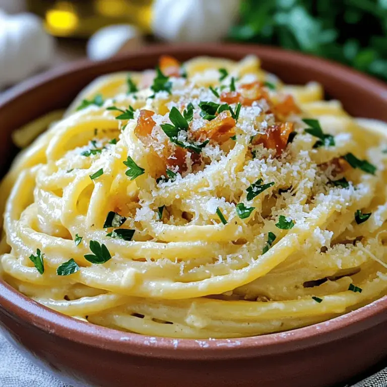 - 400g Spaghetti - 2 große Eier - 100g frisch geriebener Parmesan - 150g Pancetta oder Guanciale (oder Puten-/Hähnchenbauchspeck) - 3 Knoblauchzehen, fein gehackt - 1 Esslöffel Olivenöl - Salz und frisch gemahlener schwarzer Pfeffer - Frische Petersilie zur Dekoration - Vorbereitungszeit: 10 Minuten - Kochzeit: 20 Minuten - Portionen: 4 Personen Ich liebe es, schnell eine leckere Spaghetti Carbonara zu machen. Diese Zutaten sind einfach zu finden. Du brauchst frische Produkte. Die Qualität der Zutaten macht einen großen Unterschied. Die Spaghetti sind die Basis. Achte darauf, sie al dente zu kochen. Das gibt der Carbonara die richtige Textur. Pancetta oder Guanciale sind ideal. Sie geben den besten Geschmack. Knoblauch bringt das Gericht zum Leben. Ein Esslöffel Olivenöl ist genug, um die Pancetta knusprig zu braten. Frisch geriebener Parmesan macht die Sauce cremig. Salz und Pfeffer sind wichtig für den Geschmack. Petersilie sorgt für Farbe. Sie verleiht dem Gericht einen frischen Touch. Die Vorbereitungszeit ist schnell. In nur 10 Minuten bist du bereit. Die Kochzeit dauert 20 Minuten. Am Ende hast du ein tolles Gericht für vier Personen. Wenn du mehr erfahren willst, schau dir das Rezept an: [Full Recipe]. - Bringe einen großen Topf mit Wasser zum Kochen. - Füge reichlich Salz hinzu. - Koche die Spaghetti bis sie al dente sind. - Bewahre eine Tasse Nudelwasser auf, bevor du abgießt. - Verquirle die Eier in einer Schüssel. - Füge den frisch geriebenen Parmesan hinzu. - Stelle die Mischung zur Seite. - Erhitze eine große Pfanne bei mittlerer Hitze. - Gib das Olivenöl in die Pfanne. - Brate die gewürfelte Pancetta oder Guanciale goldbraun. - Füge den gehackten Knoblauch hinzu und brate ihn kurz mit. - Reduziere die Hitze in der Pfanne. - Gib die abgetropften Spaghetti zur Pancetta in die Pfanne. - Rühre die Eier-Käse-Mischung unter die Spaghetti. - Schmecke die Mischung mit Salz und Pfeffer ab. - Garniere die Carbonara mit frischer Petersilie und Parmesan. Für die vollständige Anleitung und alle Details besuche die [Full Recipe]. - Fügen Sie nach Bedarf Nudelwasser hinzu. - Reduzieren Sie die Hitze beim Vermengen. Um die perfekte Konsistenz zu erreichen, ist das Nudelwasser wichtig. Es enthält Stärke, die die Sauce bindet. Wenn die Sauce zu dick ist, fügen Sie einen Esslöffel Nudelwasser hinzu. Mixen Sie gut. So bleibt die Carbonara schön cremig. Auch die Hitze spielt eine Rolle. Zu hohe Hitze kann die Eier kochen und die Sauce gerinnen lassen. Halten Sie die Temperatur niedrig, um eine glatte Mischung zu bekommen. - Leichtere Varianten sind möglich. - Vegetarische Optionen bieten Vielfalt. Falls Sie eine leichtere Version möchten, probieren Sie Puten- oder Hähnchenbauchspeck. Diese Optionen sind weniger fettig und bieten dennoch tollen Geschmack. Für eine vegetarische Carbonara können Sie Räuchertofu verwenden. Er bringt ebenfalls einen rauchigen Geschmack. Sie können auch Erbsen oder Zucchini hinzufügen. So bleibt das Gericht frisch und bunt. - Verwenden Sie vorgewärmte Schalen. - Garnieren Sie mit frischer Petersilie. Die Präsentation ist wichtig. Servieren Sie die Spaghetti in vorgewärmten Schalen. Das hält die Pasta heiß. Dekorieren Sie die Carbonara mit frischer Petersilie und extra Parmesan. Dies sorgt für einen schönen Farbkontrast. Ein bisschen schwarzer Pfeffer oben drauf gibt den letzten Schliff. So sieht Ihr Gericht nicht nur gut aus, es schmeckt auch fantastisch! {{image_4}} Ein paar einfache Variationen machen dein Gericht spannend. Du kannst Spaghetti Carbonara mit Erbsen zubereiten. Erbsen bringen eine süße Note in die Sauce. Sie passen gut zu den herzhaften Aromen der Pancetta. Ein weiterer Tipp: Füge etwas Trüffelöl hinzu. Das verleiht der Carbonara einen feinen, erdigen Geschmack. Trüffelöl ist stark, also benutze nur einen kleinen Spritzer. Die Italian-American-Version hat oft eine andere Note. Viele nutzen hier mehr Sahne und Käse. Dieses Rezept ist reichhaltig und schmeckt wunderbar. Du kannst auch verschiedene Käsesorten ausprobieren. Pecorino Romano oder Grana Padano sind tolle Optionen. Sie bringen einen eigenen Charakter in dein Gericht. Für glutenfreie Optionen nimm glutenfreie Spaghetti. Diese sind leicht erhältlich und schmecken gut. Wenn du vegan isst, gibt es Alternativen. Verwende pflanzliche Sahne und veganen Käse. So kannst du trotzdem eine leckere Carbonara genießen. Für das genaue Rezept schaue dir die Full Recipe an. - Bewahre die Reste in einem luftdichten Behälter auf. - Stelle den Behälter in den Kühlschrank. - Die Reste halten sich bis zu drei Tage. - Erhitze die Reste in einer Pfanne. - Füge einen kleinen Schuss Nudelwasser hinzu. - So bleibt die Sauce cremig. - Rühre gut um, damit alles gleichmäßig warm wird. Wenn du die Reste richtig lagerst und aufwärmst, kannst du die leckere Spaghetti Carbonara auch später genießen! Wenn Sie keine Pancetta haben, gibt es tolle Alternativen. - Bacon: Dieser gibt einen herzhaften Geschmack. - Guanciale: Ein italienischer Speck, der oft verwendet wird. - Puten- oder Hähnchenbauchspeck: Eine leichtere Option, die gut funktioniert. - Vegetarische Alternativen: Sie können geräucherten Tofu verwenden oder Pilze anbraten. Probiere verschiedene Optionen aus, um deinen eigenen Geschmack zu treffen. Ja, du kannst einige Teile im Voraus machen. - Spaghetti vorbereiten: Du kannst die Spaghetti kochen und im Kühlschrank aufbewahren. - Sauce zubereiten: Die Eier und den Käse im Voraus vermischen. - Pancetta anbraten: Diesen Schritt kannst du ebenfalls vorher machen. Lagere alles in separaten Behältern im Kühlschrank. Wenn du bereit bist, alles zu verbinden, erhitze die Spaghetti und die Pancetta. Mische die Sauce schnell unter. Es gibt ein paar häufige Fehler, die du vermeiden solltest. - Hitze zu hoch: Wenn die Pfanne zu heiß ist, stockt das Ei. - Nicht genug Nudelwasser: Das Wasser macht die Sauce cremig. - Zu lange vermengen: Vermenge die Sauce schnell, damit sie nicht gerinnt. Falls deine Sauce fest wird, füge nach und nach mehr Nudelwasser hinzu, bis sie cremig wird. Ein paar Dinge machen die Carbonara besonders. - Echte Zutaten: Verwende frische Eier und guten Käse. - Pasta richtig kochen: Al dente ist wichtig, um die beste Textur zu erreichen. - Schnelles Vermengen: Du musst die Sauce sofort mit den heißen Nudeln mischen. Wenn du diese Tipps befolgst, schmeckt deine Carbonara authentisch und lecker! Für die vollständige Anleitung, schau dir das Full Recipe an. Spaghetti Carbonara ist ein einfaches und leckeres Gericht. Du brauchst weniger als 30 Minuten. In diesem Artikel habe ich dir die Zutaten, Schritte und Tipps erklärt. Mit den richtigen Zutaten bekommst du die perfekte Sauce. Denke daran, beim Kochen kreativ zu sein. Variiere die Rezepte mit deinen Lieblingszutaten. Du kannst sogar gesunde Alternativen ausprobieren. Genieße dein selbstgemachtes Gericht und teile es mit Freunden. Kochen macht Spaß und bringt Freude. Bon Appétit!