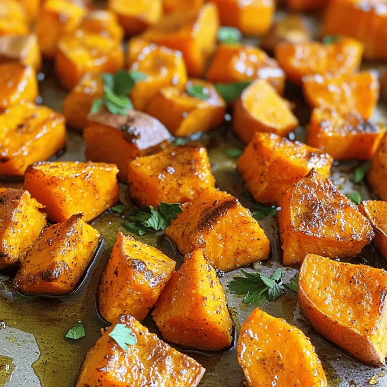 Um die besten gerösteten Süßkartoffeln zu machen, benötigen Sie: - 4 mittelgroße Süßkartoffeln, geschält und in Würfel geschnitten - 3 Esslöffel Olivenöl Diese Süßkartoffeln sind die Basis für Ihr Gericht. Sie sind süß, nahrhaft und sehr vielseitig. Für den perfekten Geschmack fügen Sie folgende Gewürze hinzu: - 1 Teelöffel geräucherter Paprika - 1 Teelöffel gemahlener Kreuzkümmel - 1/2 Teelöffel Cayennepfeffer (nach Geschmack anpassen) - Salz und schwarzer Pfeffer nach Geschmack - 2 Esslöffel Ahornsirup - Frische Petersilie, gehackt (zur Garnitur) Diese Gewürze bringen die Süßkartoffeln zum Strahlen. Der geräucherte Paprika fügt Tiefe hinzu, während der Ahornsirup eine süße Note gibt. Wenn Sie Süßkartoffeln auswählen, achten Sie auf folgende Punkte: - Wählen Sie feste und glatte Süßkartoffeln. - Vermeiden Sie solche mit Flecken oder Dellen. - Achten Sie auf die Farbe; orangefarbene Süßkartoffeln sind oft süßer. Die richtige Wahl sorgt für das beste Ergebnis. Frische Zutaten machen jedes Gericht besser. Sie finden die vollständige Anleitung im Full Recipe. Heize deinen Ofen auf 220°C vor. Das ist wichtig, um die Süßkartoffeln perfekt zu rösten. Nimm ein großes Backblech und lege es mit Backpapier aus. So bleibt das Blech sauber und die Süßkartoffeln kleben nicht fest. Schäle die Süßkartoffeln und schneide sie in gleichmäßige Würfel. Nimm eine große Schüssel und gib die Süßkartoffeln hinein. Füge dann 3 Esslöffel Olivenöl hinzu. Mische 1 Teelöffel geräucherten Paprika, 1 Teelöffel gemahlenen Kreuzkümmel und 1/2 Teelöffel Cayennepfeffer dazu. Salze und pfeffere die Mischung nach Geschmack. Rühre alles gut um, bis die Würfel gleichmäßig mit den Gewürzen bedeckt sind. Gieße 2 Esslöffel Ahornsirup darüber und mische erneut. Der Sirup bringt eine tolle Süße. Verteile die gewürzten Süßkartoffeln gleichmäßig auf dem Backblech. Achte darauf, dass die Stücke nicht zu eng beieinander liegen. Röste die Süßkartoffeln im Ofen für etwa 25 bis 30 Minuten. Wende sie nach der Hälfte der Zeit. So werden sie schön goldbraun und zart. Wenn sie fertig sind, nimm das Blech heraus und lass die Süßkartoffeln kurz abkühlen. Garniere sie mit frisch gehackter Petersilie. Diese Röstung ist einfach und lecker! Für das vollständige Rezept schau dir die [Full Recipe] an. Um Süßkartoffeln perfekt zu rösten, ist die Temperatur wichtig. Heize deinen Ofen auf 220°C. Diese Hitze sorgt für eine goldbraune Farbe und einen tollen Geschmack. Verwende ein großes Backblech und lege es mit Backpapier aus. So bleibt es sauber und die Süßkartoffeln haften nicht. Achte darauf, die Süßkartoffeln gleichmäßig zu verteilen. Wenn sie zu dicht liegen, können sie nicht richtig rösten. Für knusprige Süßkartoffeln ist die Technik entscheidend. Hier sind einige Tipps: - Wähle die richtige Ölmenge. Zu viel Öl macht sie weich. Drei Esslöffel Olivenöl sind perfekt. - Drehe die Süßkartoffeln während des Röstens. Das hilft ihnen, von allen Seiten knusprig zu werden. - Röste sie in einer Lage. Wenn du sie übereinander stapelst, wird es schwerer, knusprige Stücke zu bekommen. Ein häufiger Fehler ist, die Süßkartoffeln nicht zu würzen. Die Gewürze geben den Süßkartoffeln ihren tollen Geschmack. Verwende geräucherten Paprika, Kreuzkümmel und etwas Cayennepfeffer. Ein weiterer Fehler ist, sie zu lange zu rösten. Achte darauf, sie nach 25-30 Minuten zu überprüfen. Wenn du die Süßkartoffeln nicht wendest, werden sie nicht gleichmäßig gar. Für weitere Tipps und eine detaillierte Anleitung, schau dir das [Full Recipe] an. {{image_4}} Süßkartoffeln sind sehr vielseitig. Sie können viele Gewürze verwenden, um den Geschmack zu verändern. Versuchen Sie, Zimt für eine süße Note hinzuzufügen. Oder verwenden Sie Kreuzkümmel und Koriander für eine herzhaftere Mischung. Chili-Pulver gibt den Süßkartoffeln einen scharfen Kick. Experimentieren Sie mit Ihren Lieblingsgewürzen. So finden Sie den perfekten Geschmack für Ihre Familie. Kräuter bringen Frische zu gerösteten Süßkartoffeln. Frischer Rosmarin oder Thymian passen gut zu den Süßkartoffeln. Sie können auch Paprika, Zucchini oder Karotten hinzufügen. Diese Gemüse bringen Farbe und weitere Nährstoffe in Ihr Gericht. Kombinieren Sie alles in einer Schüssel, um einen bunten Mix zu erhalten. So wird Ihr Gericht nicht nur lecker, sondern auch gesund. Es gibt viele Möglichkeiten, wie Sie geröstete Süßkartoffeln servieren können. Sie passen wunderbar als Beilage zu Fleisch oder Fisch. Sie können sie auch auf einen Salat legen, um einen schönen Crunch zu erhalten. Für ein schnelles Mittagessen fügen Sie schwarze Bohnen und Avocado hinzu. Eine köstliche Mischung entsteht! Sehen Sie sich das Full Recipe für mehr Ideen und Tipps an. Um die gerösteten Süßkartoffeln frisch zu halten, lassen Sie sie zuerst abkühlen. Dann legen Sie sie in einen luftdichten Behälter. Sie können sie bis zu fünf Tage im Kühlschrank aufbewahren. Wenn Sie Platz sparen möchten, verwenden Sie flache Behälter. Das hilft, die Feuchtigkeit zu bewahren. Um die Süßkartoffeln wieder aufzuwärmen, heizen Sie den Ofen auf 180°C vor. Legen Sie die Süßkartoffeln auf ein Backblech. Decken Sie sie mit Alufolie ab, damit sie nicht austrocknen. Backen Sie sie für etwa 10 bis 15 Minuten. Alternativ können Sie eine Pfanne verwenden, um die Süßkartoffeln bei mittlerer Hitze zu erwärmen. Vorbereitete Süßkartoffeln halten sich im Kühlschrank bis zu einer Woche. Stellen Sie sicher, dass sie in einem luftdichten Behälter sind. Wenn sie länger halten sollen, frieren Sie sie ein. So bleiben sie bis zu drei Monate frisch. Zum Auftauen lassen Sie sie über Nacht im Kühlschrank. Geröstete Süßkartoffeln brauchen etwa 25 bis 30 Minuten im Ofen. Achte darauf, dass du die Süßkartoffeln nach der Hälfte der Zeit wendest. So werden sie gleichmäßig goldbraun und zart. Die genaue Zeit kann leicht variieren, je nach Ofen und Größe der Würfel. Ja, du kannst die Süßkartoffeln im Voraus zubereiten. Du kannst sie gewürfelt und gewürzt im Kühlschrank aufbewahren. Am besten nutzt du sie innerhalb von 24 Stunden. Wenn du bereit bist, sie zu rösten, heize den Ofen vor und röste sie wie im Rezept beschrieben. So sparst du Zeit beim Kochen. Süßkartoffeln sind sehr gesund. Sie sind reich an Vitaminen, wie Vitamin A und C. Diese Vitamine stärken dein Immunsystem und fördern gesunde Haut. Süßkartoffeln enthalten auch Ballaststoffe, die gut für die Verdauung sind. Zudem haben sie Antioxidantien, die gut für dein Herz sind. Sie sind eine tolle Wahl für eine gesunde Ernährung und unterstützen auch die Gewichtsregulation. Geröstete Süßkartoffeln sind einfach zuzubereiten und lecker. In diesem Artikel habe ich die besten Zutaten und Gewürze für deine Röstaromen vorgestellt. Ich zeigte dir, wie du die Süßkartoffeln vorbereitet und perfekt im Ofen röstest. Wir haben auch Tipps gesammelt, um knusprige Ergebnisse zu erzielen und häufige Fehler zu vermeiden. Denke daran, kreativ mit verschiedenen Variationen und Kräutern zu sein. Süßkartoffeln sind nicht nur schmackhaft, sondern auch gesund. Nutze die Aufbewahrungstipps, um sie frisch zu halten. Jetzt liegt es an dir, diese Rezepte auszuprobieren!