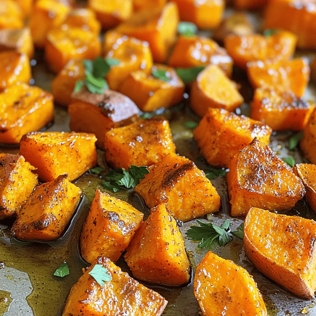 Um die besten gerösteten Süßkartoffeln zu machen, benötigen Sie: - 4 mittelgroße Süßkartoffeln, geschält und in Würfel geschnitten - 3 Esslöffel Olivenöl Diese Süßkartoffeln sind die Basis für Ihr Gericht. Sie sind süß, nahrhaft und sehr vielseitig. Für den perfekten Geschmack fügen Sie folgende Gewürze hinzu: - 1 Teelöffel geräucherter Paprika - 1 Teelöffel gemahlener Kreuzkümmel - 1/2 Teelöffel Cayennepfeffer (nach Geschmack anpassen) - Salz und schwarzer Pfeffer nach Geschmack - 2 Esslöffel Ahornsirup - Frische Petersilie, gehackt (zur Garnitur) Diese Gewürze bringen die Süßkartoffeln zum Strahlen. Der geräucherte Paprika fügt Tiefe hinzu, während der Ahornsirup eine süße Note gibt. Wenn Sie Süßkartoffeln auswählen, achten Sie auf folgende Punkte: - Wählen Sie feste und glatte Süßkartoffeln. - Vermeiden Sie solche mit Flecken oder Dellen. - Achten Sie auf die Farbe; orangefarbene Süßkartoffeln sind oft süßer. Die richtige Wahl sorgt für das beste Ergebnis. Frische Zutaten machen jedes Gericht besser. Sie finden die vollständige Anleitung im Full Recipe. Heize deinen Ofen auf 220°C vor. Das ist wichtig, um die Süßkartoffeln perfekt zu rösten. Nimm ein großes Backblech und lege es mit Backpapier aus. So bleibt das Blech sauber und die Süßkartoffeln kleben nicht fest. Schäle die Süßkartoffeln und schneide sie in gleichmäßige Würfel. Nimm eine große Schüssel und gib die Süßkartoffeln hinein. Füge dann 3 Esslöffel Olivenöl hinzu. Mische 1 Teelöffel geräucherten Paprika, 1 Teelöffel gemahlenen Kreuzkümmel und 1/2 Teelöffel Cayennepfeffer dazu. Salze und pfeffere die Mischung nach Geschmack. Rühre alles gut um, bis die Würfel gleichmäßig mit den Gewürzen bedeckt sind. Gieße 2 Esslöffel Ahornsirup darüber und mische erneut. Der Sirup bringt eine tolle Süße. Verteile die gewürzten Süßkartoffeln gleichmäßig auf dem Backblech. Achte darauf, dass die Stücke nicht zu eng beieinander liegen. Röste die Süßkartoffeln im Ofen für etwa 25 bis 30 Minuten. Wende sie nach der Hälfte der Zeit. So werden sie schön goldbraun und zart. Wenn sie fertig sind, nimm das Blech heraus und lass die Süßkartoffeln kurz abkühlen. Garniere sie mit frisch gehackter Petersilie. Diese Röstung ist einfach und lecker! Für das vollständige Rezept schau dir die [Full Recipe] an. Um Süßkartoffeln perfekt zu rösten, ist die Temperatur wichtig. Heize deinen Ofen auf 220°C. Diese Hitze sorgt für eine goldbraune Farbe und einen tollen Geschmack. Verwende ein großes Backblech und lege es mit Backpapier aus. So bleibt es sauber und die Süßkartoffeln haften nicht. Achte darauf, die Süßkartoffeln gleichmäßig zu verteilen. Wenn sie zu dicht liegen, können sie nicht richtig rösten. Für knusprige Süßkartoffeln ist die Technik entscheidend. Hier sind einige Tipps: - Wähle die richtige Ölmenge. Zu viel Öl macht sie weich. Drei Esslöffel Olivenöl sind perfekt. - Drehe die Süßkartoffeln während des Röstens. Das hilft ihnen, von allen Seiten knusprig zu werden. - Röste sie in einer Lage. Wenn du sie übereinander stapelst, wird es schwerer, knusprige Stücke zu bekommen. Ein häufiger Fehler ist, die Süßkartoffeln nicht zu würzen. Die Gewürze geben den Süßkartoffeln ihren tollen Geschmack. Verwende geräucherten Paprika, Kreuzkümmel und etwas Cayennepfeffer. Ein weiterer Fehler ist, sie zu lange zu rösten. Achte darauf, sie nach 25-30 Minuten zu überprüfen. Wenn du die Süßkartoffeln nicht wendest, werden sie nicht gleichmäßig gar. Für weitere Tipps und eine detaillierte Anleitung, schau dir das [Full Recipe] an. {{image_4}} Süßkartoffeln sind sehr vielseitig. Sie können viele Gewürze verwenden, um den Geschmack zu verändern. Versuchen Sie, Zimt für eine süße Note hinzuzufügen. Oder verwenden Sie Kreuzkümmel und Koriander für eine herzhaftere Mischung. Chili-Pulver gibt den Süßkartoffeln einen scharfen Kick. Experimentieren Sie mit Ihren Lieblingsgewürzen. So finden Sie den perfekten Geschmack für Ihre Familie. Kräuter bringen Frische zu gerösteten Süßkartoffeln. Frischer Rosmarin oder Thymian passen gut zu den Süßkartoffeln. Sie können auch Paprika, Zucchini oder Karotten hinzufügen. Diese Gemüse bringen Farbe und weitere Nährstoffe in Ihr Gericht. Kombinieren Sie alles in einer Schüssel, um einen bunten Mix zu erhalten. So wird Ihr Gericht nicht nur lecker, sondern auch gesund. Es gibt viele Möglichkeiten, wie Sie geröstete Süßkartoffeln servieren können. Sie passen wunderbar als Beilage zu Fleisch oder Fisch. Sie können sie auch auf einen Salat legen, um einen schönen Crunch zu erhalten. Für ein schnelles Mittagessen fügen Sie schwarze Bohnen und Avocado hinzu. Eine köstliche Mischung entsteht! Sehen Sie sich das Full Recipe für mehr Ideen und Tipps an. Um die gerösteten Süßkartoffeln frisch zu halten, lassen Sie sie zuerst abkühlen. Dann legen Sie sie in einen luftdichten Behälter. Sie können sie bis zu fünf Tage im Kühlschrank aufbewahren. Wenn Sie Platz sparen möchten, verwenden Sie flache Behälter. Das hilft, die Feuchtigkeit zu bewahren. Um die Süßkartoffeln wieder aufzuwärmen, heizen Sie den Ofen auf 180°C vor. Legen Sie die Süßkartoffeln auf ein Backblech. Decken Sie sie mit Alufolie ab, damit sie nicht austrocknen. Backen Sie sie für etwa 10 bis 15 Minuten. Alternativ können Sie eine Pfanne verwenden, um die Süßkartoffeln bei mittlerer Hitze zu erwärmen. Vorbereitete Süßkartoffeln halten sich im Kühlschrank bis zu einer Woche. Stellen Sie sicher, dass sie in einem luftdichten Behälter sind. Wenn sie länger halten sollen, frieren Sie sie ein. So bleiben sie bis zu drei Monate frisch. Zum Auftauen lassen Sie sie über Nacht im Kühlschrank. Geröstete Süßkartoffeln brauchen etwa 25 bis 30 Minuten im Ofen. Achte darauf, dass du die Süßkartoffeln nach der Hälfte der Zeit wendest. So werden sie gleichmäßig goldbraun und zart. Die genaue Zeit kann leicht variieren, je nach Ofen und Größe der Würfel. Ja, du kannst die Süßkartoffeln im Voraus zubereiten. Du kannst sie gewürfelt und gewürzt im Kühlschrank aufbewahren. Am besten nutzt du sie innerhalb von 24 Stunden. Wenn du bereit bist, sie zu rösten, heize den Ofen vor und röste sie wie im Rezept beschrieben. So sparst du Zeit beim Kochen. Süßkartoffeln sind sehr gesund. Sie sind reich an Vitaminen, wie Vitamin A und C. Diese Vitamine stärken dein Immunsystem und fördern gesunde Haut. Süßkartoffeln enthalten auch Ballaststoffe, die gut für die Verdauung sind. Zudem haben sie Antioxidantien, die gut für dein Herz sind. Sie sind eine tolle Wahl für eine gesunde Ernährung und unterstützen auch die Gewichtsregulation. Geröstete Süßkartoffeln sind einfach zuzubereiten und lecker. In diesem Artikel habe ich die besten Zutaten und Gewürze für deine Röstaromen vorgestellt. Ich zeigte dir, wie du die Süßkartoffeln vorbereitet und perfekt im Ofen röstest. Wir haben auch Tipps gesammelt, um knusprige Ergebnisse zu erzielen und häufige Fehler zu vermeiden. Denke daran, kreativ mit verschiedenen Variationen und Kräutern zu sein. Süßkartoffeln sind nicht nur schmackhaft, sondern auch gesund. Nutze die Aufbewahrungstipps, um sie frisch zu halten. Jetzt liegt es an dir, diese Rezepte auszuprobieren!