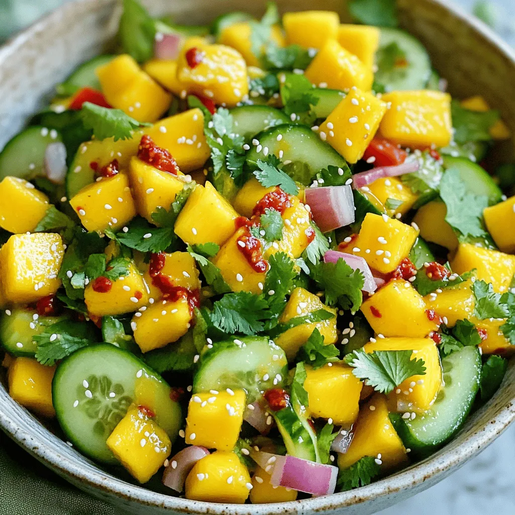 - Mango: Wähle eine reife Mango. Sie sollte weich, aber nicht matschig sein. Eine gute Mango hat eine glatte Haut und einen süßen Duft. Wenn du sie im Laden kaufst, drücke leicht darauf. Wenn sie nachgibt, ist sie bereit für den Salat. - Gurke: Verwende eine große Gurke. Wasche sie gut und schneide die Enden ab. Du kannst die Gurke mit oder ohne Schale verwenden. Die Schale gibt einen schönen Crunch. Wenn du magst, probiere auch andere Sorten wie die englische Gurke. - Chilischoten: Die Schärfe kannst du nach deinem Geschmack anpassen. Nimm 1 bis 2 rote Chilischoten, entkerne sie und hacke sie fein. Für einen milden Salat, nimm weniger, für mehr Schärfe, mehr davon. - Limettensaft: Frischer Limettensaft bringt einen tollen Geschmack. Du kannst auch Zitronensaft verwenden, aber Limette gibt einen besseren Kick. Achte darauf, frische Früchte zu nehmen. - Olivenöl: Wähle hochwertiges Olivenöl. Es sollte kaltgepresst sein. Gutes Öl hat einen reichhaltigen, fruchtigen Geschmack. Es macht den Salat cremiger. - Gewürze: Salz und Pfeffer sind wichtig für den richtigen Geschmack. Füge nach Belieben hinzu. Ein wenig Salz hebt die Aromen der anderen Zutaten hervor. Diese Zutaten machen den Spicy Mango Cucumber Salad frisch und pikant. Der Salat ist einfach zuzubereiten und perfekt für warme Tage. Für das komplette Rezept, schau dir den Abschnitt [Full Recipe] an. Zuerst schneiden wir die frischen Zutaten. Nimm die reife Mango und schäle sie. Dann würfel die Mango in kleine Stücke. Jetzt ist die Gurke dran. Wasche sie gut und schneide sie ebenfalls in Würfel. Die rote Paprika und die rote Zwiebel folgen. Würfle die Paprika und hacke die Zwiebel fein. Für das Dressing nimm eine separate Schüssel. Hier vermischst du die gehackten Chilischoten mit dem Limettensaft und dem Olivenöl. Rühre gut um, damit alles gleichmäßig vermischt ist. Jetzt kommt der spaßige Teil! Nimm eine große Schüssel und gebe die gewürfelte Mango, Gurke, Paprika und Zwiebel hinein. Mische die Zutaten gut. Dann gieße das Dressing vorsichtig über den Salat. Rühre alles sanft um, bis die Salatzutaten gut mit dem Dressing überzogen sind. Würze den Salat mit Salz und Pfeffer. Lass die Mischung für etwa 10 Minuten ruhen. So können die Aromen gut durchziehen. Wenn alles bereit ist, serviere den Salat auf einem schönen Teller. Du kannst ihn mit frischen Korianderblättern garnieren. Das gibt einen tollen Geschmack und sieht schön aus. Ein weiterer Tipp: Füge einige Scheiben Mango oder Gurke obenauf für einen schönen Look hinzu. Ein Hauch von Sesamsamen gibt dem Ganzen einen knusprigen Biss. Für die vollständige Anleitung, schau dir das [Full Recipe] an. Um den perfekten Spicy Mango Cucumber Salad zu machen, passe die Schärfe an. Du kannst die Menge der Chilischoten variieren. Wenn du es schärfer magst, füge mehr hinzu. Für einen milderen Geschmack, nimm weniger. So kannst du den Salat nach deinem Wunsch gestalten. Ein gutes Gleichgewicht zwischen süß, sauer und salzig ist wichtig. Die Mango bringt Süße, während Limettensaft die Säure hinzufügt. Salz verstärkt die Aromen. Experimentiere mit der Menge, um deinen idealen Geschmack zu finden. Um den Salat frisch zu halten, lagere ihn im Kühlschrank. Verwende einen luftdichten Behälter. So bleibt der Salat knackig und frisch. Du solltest den Salat innerhalb von zwei Tagen essen. Nach dieser Zeit kann die Textur leiden. Wenn du ihn länger aufbewahren musst, lagere die Zutaten getrennt. Mische sie erst kurz vor dem Servieren. So bleiben Geschmack und Frische erhalten. Mango und Gurke sind sehr nahrhaft. Mango enthält Vitamine wie A und C. Diese Vitamine stärken das Immunsystem. Gurken sind kalorienarm und hydratisieren. Sie bestehen zu 95% aus Wasser. Zusammen fördern sie eine gesunde Ernährung. Der Salat ist eine leichte Mahlzeit. Er ist ideal für heiße Tage oder als Beilage. Mit wenig Kalorien passt er gut in jede Diät. Du kannst den Salat ohne schlechtes Gewissen genießen. Wenn du mehr über die Zubereitung erfahren möchtest, schaue dir das [Full Recipe](#) an. {{image_4}} Eine tolle Möglichkeit, deinen Spicy Mango Cucumber Salad zu verbessern, ist die Zugabe von Avocado. Avocado bringt eine schöne Cremigkeit in den Salat. Du kannst auch andere Gemüsesorten hinzufügen, wie Karotten oder Rettich. Diese geben dem Salat mehr Textur und Farbe. Wenn du etwas Neues ausprobieren möchtest, denke an Asia-inspirierte Dressings. Soja- und Sesamöl verleihen dem Salat eine spannende Note. Kräutervariationen wie Minze oder Petersilie sorgen für frische Aromen. Diese Zutaten bringen eine interessante Wendung in dein Rezept. Du kannst den Salat als Beilage zu Grillgerichten servieren. Er passt gut zu gegrilltem Hähnchen oder Fisch. Eine andere leckere Idee ist, den Salat in Wraps oder als Füllung für Tacos zu verwenden. Dies gibt deinem Essen einen frischen, knackigen Kick. Für das vollständige Rezept besuche die [Full Recipe] Seite. Der Spicy Mango Cucumber Salad bleibt im Kühlschrank etwa drei Tage frisch. Um die Frische zu maximieren, lagere ihn in einem luftdichten Behälter. Du kannst den Salat auch in einer Schüssel abdecken. Achte darauf, dass die Zutaten gut eingepackt sind. Anzeichen von Verderb Wenn der Salat trübe oder matschig aussieht, ist er nicht mehr gut. Auch ein ungewohnter Geruch deutet auf Verderb hin. Vertraue deinen Sinnen, bevor du ihn isst. Das Einfrieren von Salat ist nicht ideal. Die Textur von Gurken und Mango verändert sich. Das macht den Salat nach dem Auftauen weniger ansprechend. Richtiges Einfrieren und Auftauen Falls du dennoch einfrieren möchtest, püriere die Zutaten zuerst. Fülle sie in einen frostfesten Behälter. Zum Auftauen, stelle den Behälter über Nacht in den Kühlschrank. Nutze für den Salat einen luftdichten Behälter aus Glas oder Plastik. Das schützt die Frische und den Geschmack. Teile den Salat in Portionen auf. So kannst du ihn einfacher genießen. Verwende kleine Behälter für die einzelnen Portionen. So bleibt der Salat länger frisch und wird nicht verschwendet. Um einen Spicy Mango Cucumber Salad zu machen, benötigst du frische Zutaten. Hier ist eine Schritt-für-Schritt-Anleitung: - 1 reife Mango, geschält und gewürfelt - 1 große Gurke, gewürfelt - 1 rote Paprika, gewürfelt - 1 kleine rote Zwiebel, fein gehackt - 1 bis 2 rote Chilischoten, entkernt und fein gehackt - 2 Esslöffel Limettensaft - 1 Esslöffel Olivenöl - Frische Korianderblätter, gehackt - Salz und Pfeffer nach Geschmack 1. In einer großen Schüssel die Mango, Gurke, Paprika und Zwiebel vermengen. 2. In einer kleinen Schüssel die Chilischoten mit Limettensaft und Olivenöl vermischen. 3. Das Dressing über den Salat gießen und gut vermengen. 4. Nach Geschmack mit Salz und Pfeffer würzen. 5. Den Salat für 10 Minuten ruhen lassen, damit die Aromen ziehen können. 6. Vor dem Servieren mit frischem Koriander garnieren. Du findest das vollständige Rezept weiter oben. Wenn du keine Mango hast, kannst du Ananas oder Pfirsiche verwenden. Beide Früchte bringen eine süße Note. Ananas hat einen saftigen, tropischen Geschmack. Pfirsiche sind süß und leicht. Diese Alternativen passen gut zu Gurke und Chili. Ja, dieser Salat ist sowohl vegetarisch als auch vegan. Alle Zutaten kommen aus Pflanzen. Du kannst ihn bedenkenlos genießen, egal welche Ernährungsweise du hast. Achte nur darauf, frische und hochwertige Zutaten zu verwenden. Ja, du kannst diesen Salat für Meal Prep verwenden. Bereite die Zutaten vor, aber mische das Dressing erst kurz vor dem Essen. So bleibt die Gurke frisch und knackig. Lagere den Salat in einem luftdichten Behälter im Kühlschrank. Im Kühlschrank hält der Salat etwa 2 bis 3 Tage. Achte darauf, ihn in einem gut verschlossenen Behälter aufzubewahren. Wenn du Anzeichen von Verderb siehst, wie eine matschige Konsistenz, wirf ihn weg. So bleibst du sicher und gesund. Dieser Blogpost zeigt Ihnen, wie man einen köstlichen Salat aus Mango und Gurke zubereitet. Wir haben die Hauptzutaten, Dressing-Zutaten und die Schritte zur Zubereitung behandelt. Sie wissen jetzt, wie man das Rezept perfektioniert und Varianten hinzufügt. Gesundheitliche Vorteile und Lagerung geben Ihnen wichtige Tipps zu Frische und Nährstoffen. Experimentieren Sie mit verschiedenen Zutaten und Dressings für noch mehr Geschmack. Genießen Sie diesen einfachen, gesunden Salat und lassen Sie die Aromen wirken!