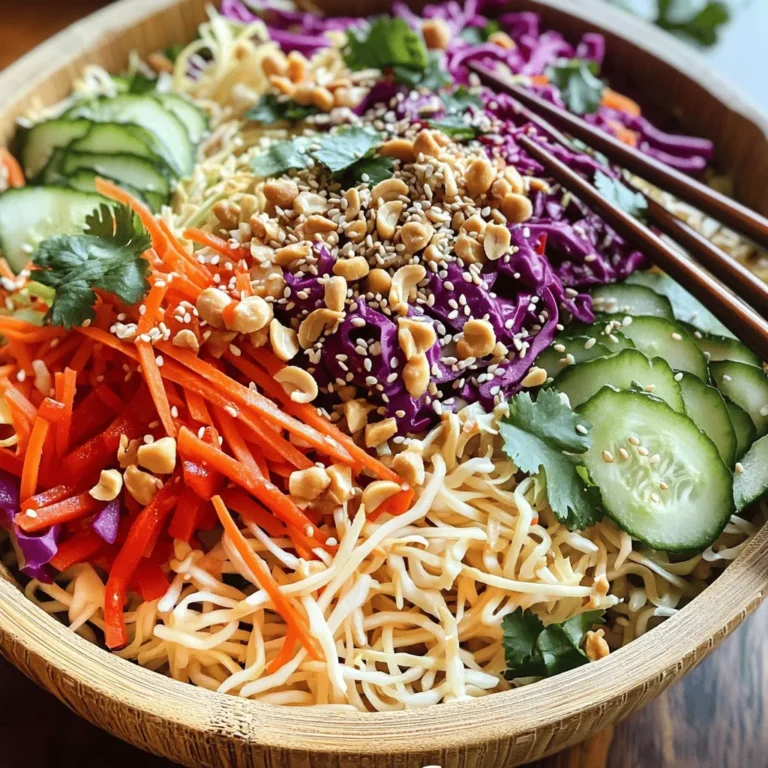 - 230 g Reisnudeln - 240 ml fein geraspelte Karotten - 240 ml Rotkohl, dünn geschnitten - 1 Gurke, julienne geschnitten - 1 rote Paprika, in Scheiben geschnitten - 3 Frühlingszwiebeln, gehackt - 60 ml Koriander, gehackt - 60 ml Sesamsamen (geröstet) - 60 ml geröstete Erdnüsse (gehackt) Diese frischen Zutaten sind das Herzstück des Salats. Reisnudeln sind leicht und füllen gut. Sie bieten die perfekte Basis für den Salat. Die bunten Gemüsesorten bringen nicht nur Geschmack, sondern auch Farbe auf den Teller. Karotten geben Süße, während Rotkohl knackig und gesund ist. Gurken sorgen für Frische und Paprika fügt einen süßen Biss hinzu. Frühlingszwiebeln geben einen sanften Zwiebelgeschmack. Sesamsamen und Erdnüsse bringen einen nussigen Crunch. Sie machen den Salat spannend und lecker. Jede Zutat hat ihren eigenen Charakter und trägt zur Harmonie des Gerichts bei. - 45 ml Sesamöl - 30 ml Sojasauce (mit wenig Natrium) - 15 ml frisch geriebener Ingwer - 15 ml Honig oder Ahornsirup - 15 ml Limettensaft - Salz und Pfeffer nach Geschmack Das Dressing ist einfach und lecker. Sesamöl bringt einen tollen Geschmack. Sojasauce fügt Tiefe hinzu und macht das Ganze würzig. Frisch geriebener Ingwer gibt einen warmen, scharfen Kick. Honig oder Ahornsirup sorgen für die süße Note. Limettensaft frischt alles auf und bringt Säure. Mit Salz und Pfeffer passen wir die Aromen an. Die Kombination dieser Zutaten macht den Salat besonders. Wenn Sie alle Zutaten zusammenbringen, entsteht ein tolles Geschmackserlebnis. Probieren Sie das Rezept für einen leckeren Genuss! Kochen Sie die Reisnudeln gemäß den Anweisungen auf der Verpackung. Achten Sie darauf, die Nudeln nicht zu lange zu kochen. Sie sollten weich, aber nicht matschig sein. Nach dem Kochen lassen Sie sie abtropfen. Spülen Sie die Nudeln dann unter kaltem Wasser ab. Dies stoppt den Garprozess und hilft, sie zusammenzukleben. Beiseite stellen und etwas abkühlen lassen. Jetzt kommt der Spaß! Nehmen Sie die Karotten und raspeln Sie sie fein. Schneiden Sie den Rotkohl in dünne Streifen. Für die Gurke, schneiden Sie sie in feine Julienne-Streifen. Die rote Paprika in dünne Scheiben schneiden. Hacken Sie die Frühlingszwiebeln fein. Kombinieren Sie alle Gemüse in einer großen Schüssel. Mischen Sie sie vorsichtig, damit die Farben und Texturen gut verteilt sind. In einer kleinen Schüssel mischen Sie das Sesamöl, die Sojasauce, den frisch geriebenen Ingwer, den Honig oder Ahornsirup und den Limettensaft. Rühren Sie alles gut um. Probieren Sie das Dressing und fügen Sie Salz und Pfeffer nach Geschmack hinzu. Das Dressing sollte eine schöne Balance zwischen süß, salzig und sauer haben. Fügen Sie die gekochten Reisnudeln zu Ihrer großen Schüssel mit dem Gemüse hinzu. Gießen Sie das Dressing gleichmäßig darüber. Werfen Sie alles vorsichtig zusammen, bis die Nudeln und das Gemüse gut bedeckt sind. Streuen Sie die gerösteten Sesamsamen und die gehackten Erdnüsse darüber. Mischen Sie nochmals vorsichtig, damit sie gleichmäßig verteilt sind. Servieren Sie den Salat frisch oder lassen Sie ihn für 15-30 Minuten im Kühlschrank ziehen. Die Aromen kommen so noch besser zur Geltung. Für das vollständige Rezept schauen Sie in die [Full Recipe]. Um die Reisnudeln perfekt zuzubereiten, kochen Sie sie gemäß den Anweisungen auf der Verpackung. Nach dem Kochen gießen Sie die Nudeln ab und spülen sie unter kaltem Wasser. Dies stoppt den Garprozess und sorgt für eine angenehme Textur. Achten Sie darauf, die Nudeln nicht zu lange zu kochen. Sie sollten weich, aber nicht matschig sein. Verwenden Sie frische Zutaten für den besten Geschmack. Frisch geraspelte Karotten und knackiger Rotkohl machen einen großen Unterschied. Achten Sie darauf, alles gleichmäßig zu schneiden. So hat jeder Bissen die richtige Mischung aus Texturen. Servieren Sie den Salat in einer großen Schüssel. Garnieren Sie ihn mit zusätzlichen Sesamsamen und gehacktem Koriander. Das sieht toll aus und bringt mehr Geschmack. Verwenden Sie Essstäbchen, um den Salat zu essen. Das schafft ein authentisches asiatisches Erlebnis. Es macht das Essen auch unterhaltsamer! Lassen Sie den Salat für 15 bis 30 Minuten im Kühlschrank. Dadurch ziehen die Aromen richtig durch. So schmeckt jeder Bissen noch besser. Wenn Sie den Geschmack noch verstärken möchten, fügen Sie mehr Ingwer oder eine Prise Chili hinzu. Auch ein Spritzer Limettensaft kann helfen. Experimentieren Sie, um Ihre perfekte Mischung zu finden. Für die vollständige Rezeptanleitung, schauen Sie sich das [Full Recipe](#) an. {{image_4}} Wenn du den Salat vegan machen möchtest, ersetze den Honig einfach durch Agavendicksaft. Agavendicksaft hat einen süßen, milden Geschmack und passt gut zum Dressing. Du kannst auch andere pflanzliche Zutaten hinzufügen. Denke an Avocado, Edamame oder sogar frische Mangostücke. Diese Zutaten bringen Farbe und Nährstoffe in deinen Salat. Um deinen Salat sättigender zu machen, kannst du Tofu oder Hühnchen integrieren. Wenn du Tofu verwendest, schneide ihn in Würfel und brate ihn an. Das gibt ihm eine schöne Textur. Für Hühnchen, koche es zuerst und schneide es dann in kleine Stücke. Stelle sicher, dass das Fleisch gut gewürzt ist, um die Aromen zu verstärken. Du kannst verschiedene Nudelarten verwenden, um Abwechslung zu schaffen. Reisnudeln sind leicht, aber du kannst auch Buchweizennudeln oder sogar Vollkornnudeln ausprobieren. Diese Alternativen bringen unterschiedliche Texturen und Geschmäcker. Wenn du Pasta-Optionen magst, probiere Fusilli oder Penne. Diese Formen halten das Dressing gut und machen den Salat noch interessanter. Um den Sesam-Ingwer-Nudel-Salat frisch zu halten, wähle einen luftdichten Behälter. So bleibt der Salat bis zu drei Tage lang gut. Achte darauf, das Gemüse nicht zu zerdrücken. Wenn du die Zutaten getrennt aufbewahrst, bleibt alles knackig. Frisches Gemüse ist wichtig. Überprüfe die Karotten und den Kohl. Sie sollten fest und knackig sein. Das Einfrieren des Salats ist nicht ideal. Die Textur des Gemüses verändert sich. Wenn du ihn doch einfrieren möchtest, teile ihn in kleine Portionen auf. Verwende einen gefriergeeigneten Behälter. Zum Auftauen lege den Salat über Nacht in den Kühlschrank. So bleibt der Geschmack besser erhalten. Achte darauf, ihn gut zu mischen, bevor du ihn servierst. Der Salat hält sich gut im Kühlschrank. Er bleibt frisch für etwa drei Tage. Lagern Sie ihn in einem luftdichten Behälter. Achten Sie darauf, dass das Gemüse knackig bleibt. Falls das Gemüse weich wird, ist es Zeit, den Salat zu entsorgen. Wenn Sie den Salat vorbereiten, können Sie die Nudeln und das Gemüse getrennt aufbewahren. Das hilft, die Frische zu erhalten. Ja, Sie können andere Gemüsearten verwenden. Zum Beispiel eignen sich Paprika, Zucchini oder Brokkoli gut. Auch Mangold oder Spinat können eine tolle Ergänzung sein. Seien Sie kreativ! Achten Sie darauf, dass die Gemüse frisch sind. Schneiden Sie sie in ähnliche Größen, damit sie gleichmäßig garen. So bleibt Ihr Salat gut in der Textur. Ja, dieser Salat kann glutenfrei sein. Verwenden Sie glutenfreie Sojasauce. Achten Sie auch darauf, dass die Reisnudeln glutenfrei sind. Viele Reisnudeln sind von Natur aus glutenfrei. Überprüfen Sie die Verpackung, um sicherzugehen. Wenn Sie andere Nudeln verwenden möchten, wählen Sie glutenfreie Alternativen. Um die Schärfe anzupassen, verwenden Sie weniger Ingwer. Wenn Sie es milder mögen, wählen Sie milde Sojasauce. Sie können auch den Honig oder Ahornsirup erhöhen. Dies hilft, die Schärfe auszugleichen. Probieren Sie die Mischung, bevor Sie sie servieren. So finden Sie den perfekten Geschmack für Ihren Salat. Dieser Artikel hat die Grundlagen für einen köstlichen Reisnudelsalat behandelt. Wir haben die Hauptzutaten, das Dressing und die Zubereitungsschritte besprochen. Zudem gab es nützliche Tipps für die perfekte Textur und Anrichtung. Variationen und Lagerinformationen helfen dir, den Salat einfach anzupassen. Denke daran, kreativ zu sein und deine eigenen Zutaten zu verwenden. Mach diesen Salat zu deinem persönlichen Hit! Guten Appetit!