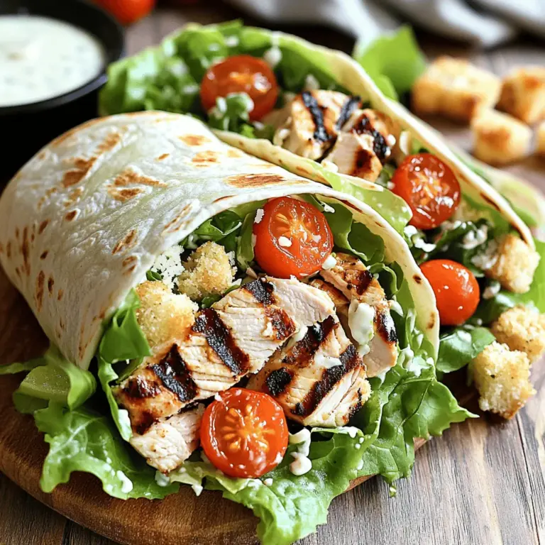 - 2 gegrillte Hähnchenbrustfilets, in Scheiben geschnitten - 4 große Tortillas oder Wraps - 2 Tassen Romanasalat, grob gehackt Ich liebe es, frische Zutaten zu verwenden. Die gegrillte Hähnchenbrust bringt viel Geschmack. Sie ist zart und saftig. Tortillas sind perfekt, um die Füllung zu halten. Romanasalat gibt dem Wrap eine knusprige Textur. - ½ Tasse Caesar-Dressing - ½ Tasse geriebenen Parmesan - 1 Tasse Kirschtomaten, halbiert - ¼ Tasse Croutons (optional für zusätzlichen Crunch) Das Caesar-Dressing ist die Seele des Wraps. Es gibt einen tollen Geschmack. Parmesan bringt eine cremige Note. Kirschtomaten fügen Frische hinzu. Croutons geben einen extra Crunch, den ich liebe. - Salz - Pfeffer - Olivenöl Die Gewürze sind einfach, aber wichtig. Salz und Pfeffer verstärken die Aromen. Olivenöl hilft, das Hähnchen perfekt zu grillen. Damit wird es goldbraun und lecker. Für das vollständige Rezept können Sie [Full Recipe] ansehen und alle Schritte folgen. Heize deinen Grill auf mittelhohe Temperatur vor. Ein guter Grill hat die richtige Hitze. Das sorgt dafür, dass das Hähnchen gleichmäßig gart. Du kannst einen Grillthermometer nutzen, um sicherzustellen, dass die Temperatur stimmt. Bestreiche die Hähnchenbrust mit Olivenöl. Dann würze sie mit Salz und Pfeffer. Lege das Hähnchen auf den Grill. Grill das Hähnchen für 6-8 Minuten pro Seite. Es sollte durchgegart und schön angebraten sein. Lass das Hähnchen kurz ruhen, bevor du es in Scheiben schneidest. Nimm eine große Schüssel. Mische darin den grob gehackten Romanasalat, das Caesar-Dressing, den geriebenen Parmesan und die halbierten Kirschtomaten. Rühre alles gut um, bis der Salat gleichmäßig mit Dressing überzogen ist. Lege eine Tortilla auf eine Arbeitsfläche. Gib eine Portion der Mischung in die Mitte. Füge die geschnittenen Hähnchenstücke hinzu. Wenn du es crunchiger magst, streue einige Croutons darüber. Klappe die Seiten der Tortilla nach innen. Rolle sie dann von unten nach oben, um die Füllung sicher zu umschließen. Optional kannst du die Wraps für 2-3 Minuten pro Seite auf den Grill legen. Das macht sie warm und leicht geröstet. Schneide jeden Wrap diagonal in zwei Hälften. Serviere sie sofort. Für das komplette Rezept und genaue Mengen schaue dir den Full Recipe an! Die richtige Grilltemperatur macht einen großen Unterschied. Heize den Grill auf mittelhohe Temperatur vor. Dies sorgt für ein gleichmäßiges Garen. Wenn der Grill zu heiß ist, wird das Hähnchen außen verbrennen. Ist er zu kühl, bleibt das Hähnchen roh. Ein guter Weg ist, die Hand über den Grill zu halten. Wenn du nach fünf Sekunden das Gefühl hast, dass es zu heiß ist, ist der Grill bereit. Das Würzen des Hähnchens ist wichtig für den Geschmack. Verwende Salz und Pfeffer für die Basis. Du kannst auch Paprika oder Knoblauchpulver hinzufügen. Diese Gewürze geben deinem Hähnchen einen tollen Kick. Lass das Hähnchen nach dem Würzen ruhen. So können die Gewürze einziehen und mehr Geschmack entfalten. Tortillas sollten frisch und flexibel sein. Bewahre sie in einem luftdichten Behälter auf. Wenn sie trocken sind, werden sie brüchig. Um sie wieder flexibel zu machen, lege sie kurz in die Mikrowelle. Ein feuchtes Tuch um die Tortillas hilft auch. So bleiben sie weich und lassen sich gut einrollen. Wenn du sie grillst, achte darauf, sie nicht zu lange zu erhitzen. Dies kann sie hart machen. Für die vollständige Rezeptur schaue dir die Full Recipe an. {{image_4}} Wenn du auf Fleisch verzichten möchtest, probiere Tofu. Tofu hat eine tolle Textur. Mariniere ihn mit etwas Olivenöl und Gewürzen. Grill ihn dann bis er goldbraun ist. Du kannst auch mehr Gemüse hinzufügen. Gegrillte Paprika, Zucchini oder Aubergine geben tollen Geschmack. So bleibt der Wrap frisch und lecker. Das klassische Caesar-Dressing ist toll, aber nicht die einzige Wahl. Du kannst Joghurtdressing für eine leichtere Option verwenden. Ein Avocado-Dressing gibt einen cremigen Geschmack. Vinaigrette passt auch gut. So kannst du die Aromen nach deinem Geschmack anpassen. Garnierungen sind der Schlüssel für den perfekten Wrap. Avocado macht ihn cremig und nahrhaft. Knuspriger Bacon gibt einen tollen Crunch. Auch frische Kräuter wie Petersilie oder Basilikum passen gut. Sie bringen Farbe und Frische ins Spiel. Probiere verschiedene Kombinationen aus und finde deinen Favoriten. Um die Wraps frisch zu halten, lege sie in einen luftdichten Behälter. Verwende ein sauberes Tuch, um die Wraps abzudecken. So bleibt die Feuchtigkeit erhalten. Du kannst die Wraps auch in Frischhaltefolie wickeln. So vermeiden sie das Austrocknen und halten bis zu drei Tage. Wenn du die Wraps für später einfrieren möchtest, bereite die Zutaten separat vor. Du kannst das gegrillte Hähnchen und den Salat getrennt einfüllen. Wickele sie gut in Frischhaltefolie und lege sie in einen gefriersicheren Beutel. So bleiben die Zutaten bis zu drei Monate frisch. Vergiss nicht, die Wraps aufzutauen, bevor du sie zubereitest. Die einzelnen Zutaten haben verschiedene Haltbarkeiten. Gegrilltes Hähnchen hält sich bis zu vier Tage im Kühlschrank. Romanasalat bleibt frisch für zwei bis drei Tage. Das Dressing hält sich bis zu einer Woche. Achte darauf, alles gut zu lagern, um Frische und Geschmack zu bewahren. Wenn du mehr über die Zubereitung erfahren möchtest, schaue dir das Full Recipe an. Um einen perfekten Grilled Chicken Caesar Wrap zu machen, folge diesen Schritten: 1. Heize den Grill auf mittelhohe Temperatur vor. 2. Bestreiche die Hähnchenbrustfilets mit Olivenöl und würze sie mit Salz und Pfeffer. 3. Grill die Hähnchenbrust für 6-8 Minuten pro Seite, bis sie gar ist. 4. Lasse das Hähnchen ruhen und schneide es in Scheiben. 5. Vermenge in einer großen Schüssel Romanasalat, Caesar-Dressing, Parmesan und Kirschtomaten. 6. Lege eine Tortilla auf die Arbeitsfläche und fülle sie mit der Salatmischung und Hähnchen. 7. Klappe die Seiten der Tortilla ein und rolle sie auf. 8. Optional: Grill die Wraps für 2-3 Minuten pro Seite. 9. Schneide jeden Wrap diagonal und serviere ihn sofort. Diese Schritte machen deinen Wrap einfach und lecker. Für die genauen Mengen kannst du die Full Recipe nutzen. Ja, du kannst das Hähnchen im Voraus zubereiten. Grille die Hähnchenbrust und lasse sie abkühlen. Danach kannst du sie in einem luftdichten Behälter im Kühlschrank aufbewahren. So bleibt das Hähnchen für bis zu drei Tage frisch. Wenn du es später verwendest, erwärme es kurz in der Mikrowelle oder im Grill. So sparst du Zeit, wenn du deinen Wrap machst. Du findest leckere Grilled Chicken Caesar Wraps in vielen Restaurants und Cafés. Beliebte Ketten wie Subway oder lokale Sandwichläden bieten oft Wraps an. Achte auf die Speisekarten in der Nähe. Manchmal hast du auch Glück in Food Trucks oder bei Märkten. Diese Orte haben oft frische und schmackhafte Optionen. Ein Grilled Chicken Caesar Wrap ist einfach und lecker. Wir haben die Hauptzutaten, wie Hähnchen, Tortillas und Salat besprochen. Das Dressing und die Toppings machen den Wrap besonders. Ich habe auch viele Tipps für perfektes Grillen und die Lagerung gegeben. Zusätzlich gibt es Variationen, um ihn nach deinem Geschmack anzupassen. Egal, ob mit Tofu oder anderen Dressings. Du kannst deine Wraps frisch halten und sogar einfrieren. Probiere es aus und kreiere deinen perfekten Wrap!