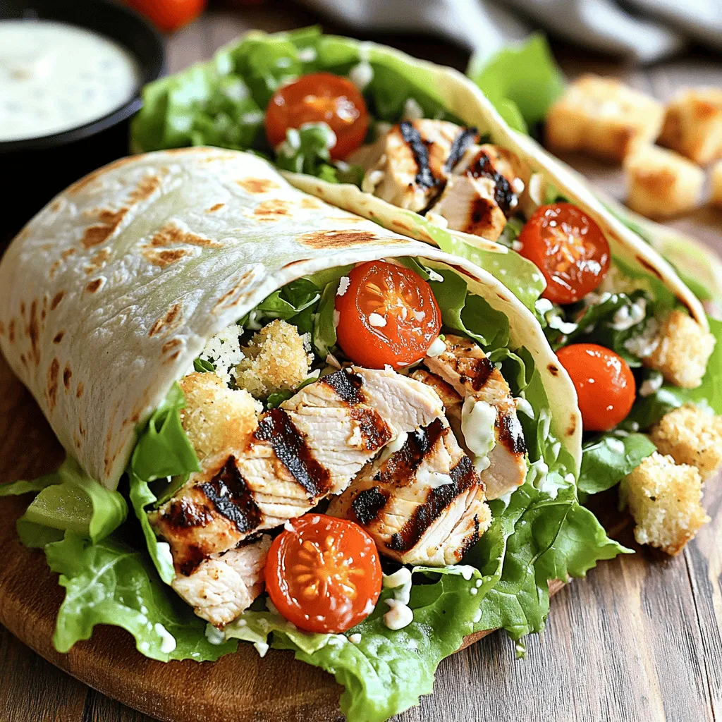 - 2 gegrillte Hähnchenbrustfilets, in Scheiben geschnitten - 4 große Tortillas oder Wraps - 2 Tassen Romanasalat, grob gehackt Ich liebe es, frische Zutaten zu verwenden. Die gegrillte Hähnchenbrust bringt viel Geschmack. Sie ist zart und saftig. Tortillas sind perfekt, um die Füllung zu halten. Romanasalat gibt dem Wrap eine knusprige Textur. - ½ Tasse Caesar-Dressing - ½ Tasse geriebenen Parmesan - 1 Tasse Kirschtomaten, halbiert - ¼ Tasse Croutons (optional für zusätzlichen Crunch) Das Caesar-Dressing ist die Seele des Wraps. Es gibt einen tollen Geschmack. Parmesan bringt eine cremige Note. Kirschtomaten fügen Frische hinzu. Croutons geben einen extra Crunch, den ich liebe. - Salz - Pfeffer - Olivenöl Die Gewürze sind einfach, aber wichtig. Salz und Pfeffer verstärken die Aromen. Olivenöl hilft, das Hähnchen perfekt zu grillen. Damit wird es goldbraun und lecker. Für das vollständige Rezept können Sie [Full Recipe] ansehen und alle Schritte folgen. Heize deinen Grill auf mittelhohe Temperatur vor. Ein guter Grill hat die richtige Hitze. Das sorgt dafür, dass das Hähnchen gleichmäßig gart. Du kannst einen Grillthermometer nutzen, um sicherzustellen, dass die Temperatur stimmt. Bestreiche die Hähnchenbrust mit Olivenöl. Dann würze sie mit Salz und Pfeffer. Lege das Hähnchen auf den Grill. Grill das Hähnchen für 6-8 Minuten pro Seite. Es sollte durchgegart und schön angebraten sein. Lass das Hähnchen kurz ruhen, bevor du es in Scheiben schneidest. Nimm eine große Schüssel. Mische darin den grob gehackten Romanasalat, das Caesar-Dressing, den geriebenen Parmesan und die halbierten Kirschtomaten. Rühre alles gut um, bis der Salat gleichmäßig mit Dressing überzogen ist. Lege eine Tortilla auf eine Arbeitsfläche. Gib eine Portion der Mischung in die Mitte. Füge die geschnittenen Hähnchenstücke hinzu. Wenn du es crunchiger magst, streue einige Croutons darüber. Klappe die Seiten der Tortilla nach innen. Rolle sie dann von unten nach oben, um die Füllung sicher zu umschließen. Optional kannst du die Wraps für 2-3 Minuten pro Seite auf den Grill legen. Das macht sie warm und leicht geröstet. Schneide jeden Wrap diagonal in zwei Hälften. Serviere sie sofort. Für das komplette Rezept und genaue Mengen schaue dir den Full Recipe an! Die richtige Grilltemperatur macht einen großen Unterschied. Heize den Grill auf mittelhohe Temperatur vor. Dies sorgt für ein gleichmäßiges Garen. Wenn der Grill zu heiß ist, wird das Hähnchen außen verbrennen. Ist er zu kühl, bleibt das Hähnchen roh. Ein guter Weg ist, die Hand über den Grill zu halten. Wenn du nach fünf Sekunden das Gefühl hast, dass es zu heiß ist, ist der Grill bereit. Das Würzen des Hähnchens ist wichtig für den Geschmack. Verwende Salz und Pfeffer für die Basis. Du kannst auch Paprika oder Knoblauchpulver hinzufügen. Diese Gewürze geben deinem Hähnchen einen tollen Kick. Lass das Hähnchen nach dem Würzen ruhen. So können die Gewürze einziehen und mehr Geschmack entfalten. Tortillas sollten frisch und flexibel sein. Bewahre sie in einem luftdichten Behälter auf. Wenn sie trocken sind, werden sie brüchig. Um sie wieder flexibel zu machen, lege sie kurz in die Mikrowelle. Ein feuchtes Tuch um die Tortillas hilft auch. So bleiben sie weich und lassen sich gut einrollen. Wenn du sie grillst, achte darauf, sie nicht zu lange zu erhitzen. Dies kann sie hart machen. Für die vollständige Rezeptur schaue dir die Full Recipe an. {{image_4}} Wenn du auf Fleisch verzichten möchtest, probiere Tofu. Tofu hat eine tolle Textur. Mariniere ihn mit etwas Olivenöl und Gewürzen. Grill ihn dann bis er goldbraun ist. Du kannst auch mehr Gemüse hinzufügen. Gegrillte Paprika, Zucchini oder Aubergine geben tollen Geschmack. So bleibt der Wrap frisch und lecker. Das klassische Caesar-Dressing ist toll, aber nicht die einzige Wahl. Du kannst Joghurtdressing für eine leichtere Option verwenden. Ein Avocado-Dressing gibt einen cremigen Geschmack. Vinaigrette passt auch gut. So kannst du die Aromen nach deinem Geschmack anpassen. Garnierungen sind der Schlüssel für den perfekten Wrap. Avocado macht ihn cremig und nahrhaft. Knuspriger Bacon gibt einen tollen Crunch. Auch frische Kräuter wie Petersilie oder Basilikum passen gut. Sie bringen Farbe und Frische ins Spiel. Probiere verschiedene Kombinationen aus und finde deinen Favoriten. Um die Wraps frisch zu halten, lege sie in einen luftdichten Behälter. Verwende ein sauberes Tuch, um die Wraps abzudecken. So bleibt die Feuchtigkeit erhalten. Du kannst die Wraps auch in Frischhaltefolie wickeln. So vermeiden sie das Austrocknen und halten bis zu drei Tage. Wenn du die Wraps für später einfrieren möchtest, bereite die Zutaten separat vor. Du kannst das gegrillte Hähnchen und den Salat getrennt einfüllen. Wickele sie gut in Frischhaltefolie und lege sie in einen gefriersicheren Beutel. So bleiben die Zutaten bis zu drei Monate frisch. Vergiss nicht, die Wraps aufzutauen, bevor du sie zubereitest. Die einzelnen Zutaten haben verschiedene Haltbarkeiten. Gegrilltes Hähnchen hält sich bis zu vier Tage im Kühlschrank. Romanasalat bleibt frisch für zwei bis drei Tage. Das Dressing hält sich bis zu einer Woche. Achte darauf, alles gut zu lagern, um Frische und Geschmack zu bewahren. Wenn du mehr über die Zubereitung erfahren möchtest, schaue dir das Full Recipe an. Um einen perfekten Grilled Chicken Caesar Wrap zu machen, folge diesen Schritten: 1. Heize den Grill auf mittelhohe Temperatur vor. 2. Bestreiche die Hähnchenbrustfilets mit Olivenöl und würze sie mit Salz und Pfeffer. 3. Grill die Hähnchenbrust für 6-8 Minuten pro Seite, bis sie gar ist. 4. Lasse das Hähnchen ruhen und schneide es in Scheiben. 5. Vermenge in einer großen Schüssel Romanasalat, Caesar-Dressing, Parmesan und Kirschtomaten. 6. Lege eine Tortilla auf die Arbeitsfläche und fülle sie mit der Salatmischung und Hähnchen. 7. Klappe die Seiten der Tortilla ein und rolle sie auf. 8. Optional: Grill die Wraps für 2-3 Minuten pro Seite. 9. Schneide jeden Wrap diagonal und serviere ihn sofort. Diese Schritte machen deinen Wrap einfach und lecker. Für die genauen Mengen kannst du die Full Recipe nutzen. Ja, du kannst das Hähnchen im Voraus zubereiten. Grille die Hähnchenbrust und lasse sie abkühlen. Danach kannst du sie in einem luftdichten Behälter im Kühlschrank aufbewahren. So bleibt das Hähnchen für bis zu drei Tage frisch. Wenn du es später verwendest, erwärme es kurz in der Mikrowelle oder im Grill. So sparst du Zeit, wenn du deinen Wrap machst. Du findest leckere Grilled Chicken Caesar Wraps in vielen Restaurants und Cafés. Beliebte Ketten wie Subway oder lokale Sandwichläden bieten oft Wraps an. Achte auf die Speisekarten in der Nähe. Manchmal hast du auch Glück in Food Trucks oder bei Märkten. Diese Orte haben oft frische und schmackhafte Optionen. Ein Grilled Chicken Caesar Wrap ist einfach und lecker. Wir haben die Hauptzutaten, wie Hähnchen, Tortillas und Salat besprochen. Das Dressing und die Toppings machen den Wrap besonders. Ich habe auch viele Tipps für perfektes Grillen und die Lagerung gegeben. Zusätzlich gibt es Variationen, um ihn nach deinem Geschmack anzupassen. Egal, ob mit Tofu oder anderen Dressings. Du kannst deine Wraps frisch halten und sogar einfrieren. Probiere es aus und kreiere deinen perfekten Wrap!