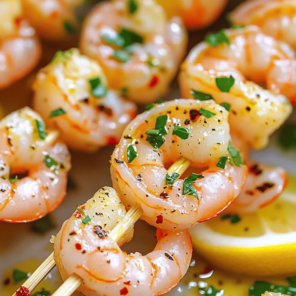 - 450 g große Garnelen, geschält und entdarmt - 3 Esslöffel Olivenöl - 3 Knoblauchzehen, fein gehackt - Abrieb von 1 Zitrone - Saft von 2 Zitronen - 1 Teelöffel geräucherter Paprika - ½ Teelöffel rote Chiliflocken (nach Belieben anpassen) - Salz und Pfeffer nach Geschmack - Frische Petersilie, gehackt (zum Garnieren) - Spieße (aus Holz oder Metall) Die großen Garnelen sind die Hauptzutat. Wähle frische, feste Garnelen. Sie geben den Spießen den besten Geschmack. Olivenöl sorgt für eine schöne Marinade und hilft, die Aromen zu verbinden. Knoblauch bringt einen tollen Geschmack und passt gut zu Garnelen. Der Zitronenabrieb und der Zitronensaft geben einen frischen, hellen Geschmack. Geräucherter Paprika und Chiliflocken fügen eine sanfte Schärfe hinzu. Für die Marinade benötigst du nur einige einfache Dinge. Du kannst die Garnelen in einer Schüssel marinieren. Verwende dazu eine Mischung aus Olivenöl, Knoblauch, Zitronenabrieb und Zitronensaft. Diese Zutaten geben den Garnelen ihre Frische und Tiefe. Das Salz und der Pfeffer sind wichtig, um den Geschmack zu verstärken. Frische Petersilie ist ideal zum Garnieren. Sie bringt Farbe und frischen Geschmack zu den Spießen. Du kannst die Petersilie grob hacken und über die fertigen Spieße streuen. Für das vollständige Rezept schaue in den Abschnitt "Full Recipe". Um die Garnelen perfekt zu marinieren, beginne mit der Mischung der Zutaten. Nimm eine mittelgroße Schüssel und gib das Olivenöl, den gehackten Knoblauch, den Zitronenabrieb, den Zitronensaft, den geräucherten Paprika, die Chiliflocken, Salz und Pfeffer hinein. Rühre alles gut um, bis eine gleichmäßige Marinade entsteht. Die Garzeit für die Marinade ist wichtig. Lass die Garnelen mindestens 15 Minuten marinieren. Für einen intensiveren Geschmack kannst du sie bis zu 1 Stunde im Kühlschrank lassen. Ein paar Tipps zur Marinierung: Überfülle die Schüssel nicht. So können die Garnelen besser absorbieren. Achte darauf, jede Garnele gut mit der Marinade zu bedecken. Bevor du grillst, bereite den Grill vor. Heize ihn auf mittelhohe Hitze vor. Wenn du Holzspieße verwendest, lege sie mindestens 30 Minuten in Wasser ein. So brennen sie nicht an. Fädele die marinierten Garnelen auf die Spieße. Nutze etwa 4-5 Garnelen pro Spieß. Achte darauf, sie gleichmäßig zu verteilen. Die Grillzeit beträgt 2-3 Minuten pro Seite. Achte darauf, dass die Garnelen rosa und opak sind. Überkoche sie nicht, denn das macht sie zäh. Wenn die Spieße fertig sind, nimm sie vom Grill. Lass sie eine Minute ruhen, bevor du sie anrichtest. Anrichten ist einfach. Lege die Spieße auf einen großen Teller. Vorschläge zur Garnitur sind frisch gehackte Petersilie und ein Spritzer Zitronensaft. Der Zitronensaft bringt Frische und hebt den Geschmack der Garnelen hervor. Für das vollständige Rezept, schau dir bitte das [Full Recipe]. Auswahl der besten Garnelen Wähle große, frische Garnelen für den besten Geschmack. Achte darauf, dass sie fest und glänzend sind. Gefrorene Garnelen sind auch in Ordnung, wenn sie gut aufgetaut sind. Vermeidung von Überkochen Garnelen sind schnell gar. Grille sie nur 2-3 Minuten pro Seite. Sie sollten rosa und opak sein. Überkochen macht sie gummiartig. Alternative Zubereitungsmethoden Du kannst die Garnelen auch in einer Pfanne braten. Eine Grillpfanne funktioniert auch gut. Mikrowellen sind jedoch nicht ideal. Zusätzliche Gewürze Probiere andere Gewürze wie Kreuzkümmel oder Koriander. Diese verleihen dem Gericht einen neuen Geschmack. Auch frischer Zitronen- oder Limettensaft kann hilfreich sein. Einfache Varianten Ersetze Olivenöl durch Avocadoöl für einen anderen Geschmack. Du kannst auch Honig für eine süßere Note hinzufügen. Anpassungen für besondere Diäten Für eine glutenfreie Marinade, teste glutenfreies Soja oder Tamari. Veganer können die Garnelen durch Tofu ersetzen. {{image_4}} Du kannst deine Zitronen-Knoblauch-Garnelen-Spieße leicht aufpeppen. Füge einfach frisches Gemüse hinzu. Gemüse wie Paprika, Zucchini und Kirschtomaten passen perfekt. Diese Kombination bringt Farbe und Geschmack auf den Grill. Alternativ kannst du auch andere Proteinquellen verwenden. Hähnchenstücke oder Tofu sind tolle Optionen. Diese ändern den Geschmack, halten aber die Zubereitung einfach. Für einen mediterranen Touch füge Oliven oder Feta hinzu. Diese Zutaten bringen einen zusätzlichen Kick. Sie machen die Spieße noch leckerer und interessanter. Für die perfekten Beilagen empfehle ich einen frischen Salat. Ein leichter grüner Salat passt gut zu den Garnelen. Auch Reis oder Couscous sind gute Optionen. Sie nehmen die Aromen der Garnelen wunderbar auf. Dips und Saucen können das Essen aufwerten. Eine Zitronen-Knoblauch-Sauce ergänzt die Spieße hervorragend. Auch ein würziger Joghurt-Dip ist eine gute Wahl. Er bietet einen schönen Kontrast zu den saftigen Garnelen. Als Getränke empfehle ich ein kühles Weißbier oder spritzigen Rosé. Diese Getränke harmonieren gut mit dem Geschmack der Spieße. Sie runden das Gesamtbild perfekt ab. - Kühlhaltezeiten: Bewahre die übrig gebliebenen Spieße in einem luftdichten Behälter auf. Sie halten sich im Kühlschrank etwa 2-3 Tage. - Möglichkeiten zur Aufbewahrung: Alternativ kannst du die Spieße einfrieren. Wickele sie in Frischhaltefolie und lege sie in einen Gefrierbeutel. So bleiben sie bis zu 2 Monate frisch. - Wiedererwärmungsanleitungen: Zum Erwärmen lege die Spieße auf ein Backblech. Heize den Ofen auf 180 Grad Celsius vor. Erwärme sie 10 Minuten lang, bis sie heiß sind. - Tipps für die Qualitätserhaltung: Du kannst die Spieße auch in einer Pfanne bei mittlerer Hitze 5 Minuten lang aufwärmen. So bleibt der Geschmack frisch und die Garnelen zart. Garnelen brauchen Zeit, um die Aromen gut aufzunehmen. Ich empfehle, die Garnelen mindestens 15 Minuten zu marinieren. Wenn du mehr Geschmack möchtest, lasse sie bis zu 1 Stunde im Kühlschrank. So wird das Aroma intensiver. Du kannst gefrorene Garnelen verwenden. Achte darauf, sie vorher gut aufzutauen. Lege sie in kaltes Wasser für etwa 15 bis 20 Minuten. Tupfe sie danach trocken, bevor du sie marinierst. So bleiben sie saftig und lecker. Garnelen passen gut zu vielen Beilagen. Ein frischer Salat oder gegrilltes Gemüse sind top Optionen. Auch Reis oder Couscous sind ideal. Du kannst sie mit einem Dip servieren, wie Knoblauch-Aioli oder Zitronen-Joghurt. Das Rezept ergibt etwa 4 Portionen. Jeder Spieß hat 4-5 Garnelen. Das macht sie perfekt für ein Abendessen oder eine Grillparty. So kann jeder probieren. Du findest die genauen Portionen im Full Recipe. Zusammenfassend hast du alles, was du über Garnelen-Spieße wissen musst. Von den Zutaten bis zur Zubereitung habe ich dir hilfreiche Tipps gegeben. Denke daran, frische Garnelen zu wählen und sie gut zu marinieren. Ob auf dem Grill oder im Ofen, das Ergebnis wird köstlich sein. Vergiss nicht, mit Beilagen und Dips zu experimentieren. So schaffst du ein perfektes Gericht. Viel Spaß beim Kochen und Genießen deiner Garnelen-Spieße!