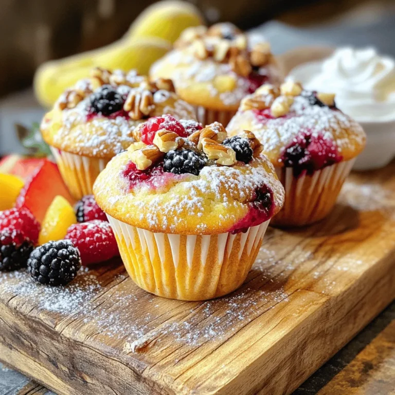 Die Zutaten für die Muffins sind einfach und gesund. Hier sind die Hauptbestandteile: - 1 Tasse Vollkornmehl - 1/2 Tasse Haferflocken - 1/2 Tasse Mandelmilch - 1/4 Tasse Honig oder Ahornsirup - 1/4 Tasse ungesüßtes Apfelmus - 1 Teelöffel Backpulver - 1/2 Teelöffel Natron - 1/2 Teelöffel Zimt - 1/4 Teelöffel Salz - 1 Tasse gemischte Beeren - 1/4 Tasse gehackte Nüsse - Optional: 1 Esslöffel Chiasamen Diese Zutaten machen die Muffins nahrhaft und lecker. Die Beeren geben einen frischen Geschmack, während das Vollkornmehl Ballaststoffe liefert. Wenn du keine bestimmten Zutaten hast, kannst du sie leicht ersetzen. Hier sind einige Ideen: - Statt Mandelmilch kannst du auch Sojamilch oder Kuhmilch verwenden. - Honig kann durch Agavendicksaft ersetzt werden. - Wenn du keine Haferflocken hast, benutze mehr Vollkornmehl. - Für vegane Muffins lasse das Apfelmus weg und verwende mehr Pflanzenmilch. Diese Anpassungen machen die Muffins für alle geeignet. Du kannst auch verschiedene Beeren verwenden, wie Brombeeren oder Erdbeeren. Jede Portion dieser Muffins hat viele Nährstoffe. Hier sind einige Nährwertinformationen: - Kalorien: etwa 150 - Fett: 5 g - Kohlenhydrate: 23 g - Protein: 4 g - Ballaststoffe: 3 g Diese Muffins bieten einen guten Start in den Tag. Sie sind nicht nur lecker, sondern auch gesund. Du kannst sie ohne schlechtes Gewissen genießen. Für das volle Rezept, schau dir die Beeren-Power Frühstücksmuffins an. Zuerst heizen Sie Ihren Ofen auf 175°C vor. Das sorgt für eine gleichmäßige Hitze. Nehmen Sie ein Muffinblech. Sie können Papierförmchen benutzen oder das Blech leicht einfetten. Das hilft beim Herausnehmen der Muffins. Jetzt sammeln wir die Zutaten. Sie brauchen Vollkornmehl, Haferflocken, Mandelmilch, Honig, Apfelmus, Backpulver, Natron, Zimt, Salz, Beeren und Nüsse. Optional können Sie Chiasamen hinzufügen. In einer großen Schüssel geben Sie das Vollkornmehl, die Haferflocken, das Backpulver, das Natron, den Zimt, die Chiasamen und das Salz zusammen. Mischen Sie alles gut. Dies sorgt für einen gleichmäßigen Geschmack. Achten Sie darauf, keine Klumpen zu haben. Eine gute Mischung ist wichtig, um die Muffins fluffig zu machen. In einer separaten Schüssel geben Sie die Mandelmilch, den Honig oder Ahornsirup und das Apfelmus. Nehmen Sie einen Schneebesen und rühren Sie alles gut durch. Sie wollen, dass sich die Zutaten gut vermischen. Es sollte eine glatte Mischung entstehen. Diese Mischung bringt Feuchtigkeit in die Muffins. Jetzt gießen Sie die feuchten Zutaten in die Schüssel mit den trockenen Zutaten. Rühren Sie vorsichtig um, bis alles gerade so vermischt ist. Übermixen Sie nicht, sonst werden die Muffins fest. Fügen Sie nun die gemischten Beeren und die gehackten Nüsse hinzu. Heben Sie sie vorsichtig unter den Teig. Verteilen Sie den Teig gleichmäßig in die Muffinförmchen, füllen Sie sie zu etwa 2/3. Backen Sie die Muffins 18-22 Minuten. Sie sind fertig, wenn ein Zahnstocher sauber herauskommt. Lassen Sie sie 5 Minuten abkühlen, bevor Sie sie auf ein Kuchengitter legen. Genießen Sie die Muffins warm oder mit Joghurt. Für das komplette Rezept schauen Sie bitte auf die Full Recipe. Um die beste Muffin-Textur zu erreichen, ist es wichtig, die Zutaten sorgfältig zu mischen. Hier sind einige Tipps: - Verwenden Sie frische Zutaten. Frische Beeren bringen mehr Geschmack. - Messen Sie das Mehl richtig. Zu viel Mehl macht die Muffins trocken. - Rühren Sie nicht zu viel. Nur so lange, bis alles zusammenkommt. Übermischen führt zu dichten Muffins. - Lassen Sie den Teig kurz ruhen. Dies hilft, die Muffins fluffiger zu machen. Wenn Sie spezielle Diäten folgen, können Sie die Muffins leicht anpassen. Hier sind einige Optionen: - Für vegane Muffins: Ersetzen Sie die Eier durch Apfelmus oder Leinsamen. - Für glutenfreie Muffins: Verwenden Sie glutenfreies Mehl oder Hafermehl. - Für weniger Zucker: Reduzieren Sie den Honig oder ersetzen Sie ihn durch einen Zuckeraustauschstoff. Beeren sind der Star in diesen Muffins. Sie können frische oder gefrorene Beeren verwenden. Hier sind einige Tipps: - Frische Beeren geben einen tollen Geschmack. Waschen und trocknen Sie sie gut. - Gefrorene Beeren sind praktisch. Sie können sie direkt in den Teig geben, ohne sie vorher aufzutauen. - Mischen Sie verschiedene Beeren für mehr Geschmack und Farbe. Heidelbeeren, Erdbeeren und Himbeeren harmonieren gut miteinander. Lust auf mehr? Schauen Sie sich das Rezept für die Beeren-Power Frühstücksmuffins an! {{image_4}} Muffins sind sehr vielseitig. Sie können verschiedene Beeren verwenden. Heidelbeeren, Erdbeeren und Himbeeren passen gut zusammen. Auch Brombeeren sind lecker. Sie bringen einen neuen Geschmack. Mischen Sie die Beeren nach Ihrem Wunsch. Probieren Sie auch verschiedene Kombinationen aus. Jede Mischung macht die Muffins einzigartig. Um den Geschmack zu verbessern, können Sie Nüsse und Samen hinzufügen. Walnüsse und Mandeln geben Crunch. Sie sind auch gesund. Chiasamen sind eine tolle Wahl, um Nährstoffe zu erhöhen. Sie helfen, die Muffins saftig zu halten. Probieren Sie auch Kokosraspeln oder Schokoladenstückchen. Diese Zutaten machen die Muffins noch besser. Wenn Sie glutenfrei essen, können Sie glutenfreies Mehl verwenden. Es gibt viele gute Marken. Für vegane Muffins ersetzen Sie die Eier durch Apfelmus. Verwenden Sie auch pflanzliche Milch. So bleiben die Muffins lecker und gesund. Achten Sie darauf, dass alle Zutaten vegan sind. So können alle die Muffins genießen. Wenn Sie mehr über das Rezept erfahren möchten, schauen Sie sich das [Full Recipe] an. Um die Muffins frisch zu halten, lege sie in einen luftdichten Behälter. Bewahre den Behälter an einem kühlen, trockenen Ort auf. So bleiben die Muffins für bis zu fünf Tage lecker. Wenn du sie länger frisch halten willst, kannst du sie im Kühlschrank lagern. Achte darauf, dass sie gut abgedeckt sind, um ein Austrocknen zu verhindern. Um die Muffins länger zu lagern, friere sie einfach ein. Lass sie zuerst ganz abkühlen. Wickel jeden Muffin in Frischhaltefolie und lege sie dann in einen Gefrierbeutel. So kannst du sie bis zu drei Monate aufbewahren. Wenn du Muffins brauchst, nimm einfach so viele, wie du möchtest, und lasse sie bei Raumtemperatur auftauen. Wenn du die Muffins wieder aufwärmen möchtest, gibt es einfache Wege. Du kannst sie im Ofen bei 150°C für etwa 10 Minuten erwärmen. Alternativ kannst du die Muffins auch in der Mikrowelle für 15 bis 20 Sekunden erhitzen. Sie schmecken warm am besten! Für mehr Geschmack kannst du sie mit etwas Honig oder Marmelade servieren. Die Muffins bleiben frisch für etwa fünf Tage. Lagern Sie sie in einem luftdichten Behälter. Dies hält sie saftig und lecker. Wenn Sie sie länger aufbewahren möchten, frieren Sie sie ein. So bleiben die Muffins bis zu drei Monate gut. Ja, Sie können die Muffins ohne Zucker backen. Nutzen Sie Apfelmus oder reife Bananen für Süße. Diese Alternativen fügen Feuchtigkeit hinzu und sind gesünder. Auch Honig oder Ahornsirup sind tolle Optionen. Reduzieren Sie die Menge, um den Zuckergehalt zu senken. Fügen Sie mehr Nüsse oder Samen hinzu, um den Nährwert zu steigern. Chiasamen sind eine gute Wahl. Sie liefern Ballaststoffe und Omega-3-Fettsäuren. Auch ein paar Löffel Leinsamen sind gesund. Experimentieren Sie mit verschiedenen Beeren, um den Geschmack zu variieren und Vitamine zu erhöhen. Diese Anleitung zeigt, wie man gesunde Beeren-Frühstücksmuffins macht. Wir haben die wichtigsten Zutaten und nützliche Tipps behandelt. Du kannst verschiedene Beeren und Zutaten verwenden, um deine Muffins anzupassen. Achte auf die richtige Lagerung, damit sie frisch bleiben. Denke daran, die Muffins einfach zu machen und ihnen deinen persönlichen Geschmack zu geben. Genieß sie zum Frühstück oder als Snack! Jeder Biss wird dir Freude bringen.