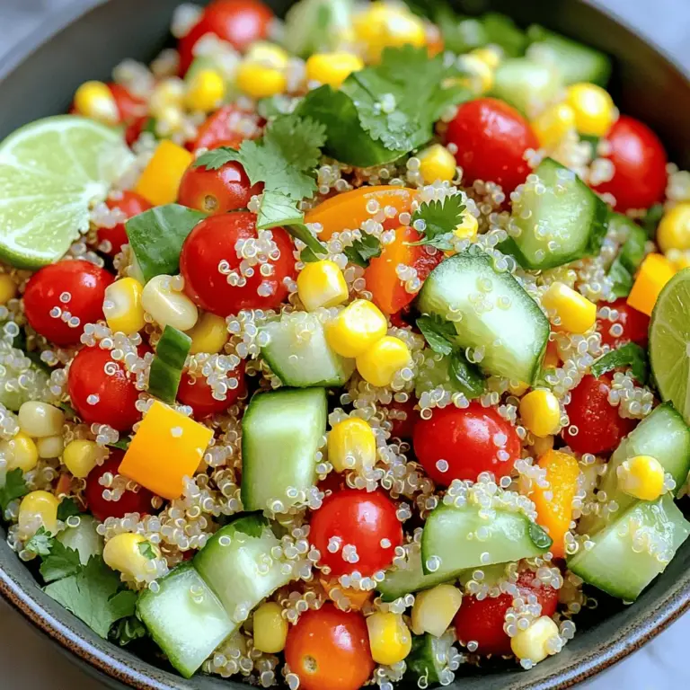 - 1 Tasse Quinoa, gut abgespült - 2 Tassen Gemüsebrühe - 1 Tasse Kirschtomaten, halbiert - 1 mittelgroße Gurke, gewürfelt - 1 rote Paprika, gewürfelt - 1 gelbe Paprika, gewürfelt - 1 Tasse Mais (frisch oder gefroren) - 1/4 rote Zwiebel, fein gehackt - 1/4 Tasse frischer Koriander, grob gehackt Quinoa ist der Hauptbestandteil. Er ist reich an Proteinen und Ballaststoffen. Er gibt dem Salat eine tolle Textur und macht ihn sättigend. Gemüsebrühe kocht die Quinoa und bringt zusätzlichen Geschmack. Frisches Gemüse bringt Farbe und Vitamine. Kirschtomaten, Gurken und Paprika machen den Salat knackig und frisch. Mais fügt eine süße Note hinzu. Rote Zwiebel gibt einen scharfen Akzent und Koriander sorgt für frische Aromen. - Saft von 1 Limette - 3 Esslöffel Olivenöl - 1 Teelöffel Kreuzkümmel - Salz und Pfeffer nach Geschmack Das Dressing ist einfach und lecker. Limettensaft bringt Säure und Frische. Olivenöl gibt einen milden Geschmack und gesunde Fette. Kreuzkümmel fügt Wärme hinzu und macht den Salat aromatisch. Salz und Pfeffer runden alles ab und machen die Aromen lebendig. Für das vollständige Rezept, schauen Sie sich den [Full Recipe] an. - Abspülen und Kochen: Beginne mit einer Tasse Quinoa. Spüle sie gut unter kaltem Wasser ab. Das entfernt Bitterstoffe. Gib die Quinoa in einen mittelgroßen Topf. Füge zwei Tassen Gemüsebrühe hinzu. Bringe alles bei mittlerer Hitze zum Kochen. Wenn es blubbert, reduziere die Hitze und decke den Topf ab. Lass die Quinoa 15 Minuten köcheln. Sie ist fertig, wenn sie weich ist und die Brühe aufgesogen ist. - Abkühlen lassen: Nimm den Topf vom Herd. Lass die Quinoa leicht abkühlen. Das hilft, die Textur zu verbessern. - Schneiden und Mischen: Nimm frisches Gemüse wie Kirschtomaten, Gurken und Paprika. Halbiere die Kirschtomaten. Würfle die Gurke, die rote und die gelbe Paprika. Füge alles in eine große Rührschüssel. Mische das Gemüse gut. - Tipps zur Gemüseauswahl: Wähle knackiges und frisches Gemüse. Saisonales Gemüse hat oft den besten Geschmack. Du kannst auch Gemüse nach deinem Geschmack hinzufügen. - Mischung der Zutaten: In einer kleinen Schüssel mische den Saft einer Limette, drei Esslöffel Olivenöl und einen Teelöffel Kreuzkümmel. Gib Salz und Pfeffer nach Geschmack hinzu. Mische die Zutaten gut, bis sie verbunden sind. - Anpassen der Gewürze: Schmecke das Dressing ab. Füge nach Bedarf mehr Limettensaft oder Gewürze hinzu. Das Dressing sollte frisch und einladend schmecken. Während du die Schritte befolgst, wirst du schnell merken, wie einfach es ist, diesen herzhaften Quinoa-Salat zuzubereiten. Du kannst das [Full Recipe] für alle Details und Mengenangaben nutzen. Um Quinoa perfekt zu kochen, achte auf das Wasserverhältnis. Verwende zwei Tassen Wasser für eine Tasse Quinoa. Dies gibt dir die beste Konsistenz. Die Garzeit beträgt etwa 15 Minuten. Du solltest die Quinoa leicht köcheln lassen. So wird sie locker und weich. Klebrige Quinoa kann frustrierend sein. Um das zu vermeiden, spüle die Quinoa vor dem Kochen gründlich ab. Dies entfernt die Bitterstoffe. Ein weiterer Tipp ist, die Quinoa nach dem Kochen mit einer Gabel aufzulockern. So bleibt sie fluffig. Für besondere Anlässe kannst du den Salat schön anrichten. Nutze eine große, helle Schüssel. Das macht den Salat einladend. Du kannst frischen Koriander oder Limettenviertel als Garnierung verwenden. Diese verleihen dem Salat einen frischen Look und mehr Geschmack. Du kannst auch etwas Feta-Käse oder Avocado hinzufügen. Das gibt dem Salat eine cremige Note. Experimentiere mit verschiedenen Garnierungen, um deinen eigenen Stil zu finden. Um die Nährstoffe zu steigern, füge zusätzliche Proteine hinzu. Kichererbsen oder gebratene Hähnchenstreifen sind tolle Optionen. Diese machen den Salat sättigender und nährstoffreicher. Verwende saisonales Gemüse für den besten Geschmack. Im Sommer sind Tomaten und Gurken frisch und knackig. Im Winter kannst du Karotten oder Kürbis verwenden. Diese Vielfalt macht den Salat nicht nur lecker, sondern auch bunt und ansprechend. Für das vollständige Rezept, schau dir die [Full Recipe] an. {{image_4}} Für einen mediterranen Touch mischen Sie Zutaten wie schwarze Oliven und Feta. Diese Aromen machen den Salat besonders lecker. Sie können frische Kräuter wie Basilikum oder Oregano hinzufügen, um den Geschmack zu verstärken. Das Dressing ist ebenfalls wichtig. Verwenden Sie Olivenöl, Zitronensaft und etwas Knoblauch. So entsteht eine frische, aromatische Note. Passen Sie die Mengen nach Ihrem Geschmack an. Um den Salat noch nahrhafter zu machen, fügen Sie Kichererbsen oder Feta hinzu. Diese Zutaten bieten einen tollen Proteinboost. Kichererbsen sind auch perfekt für eine vegane Option. Sie sind gesund und sättigend. Wenn Sie Feta verwenden, wählen Sie eine gute Qualität, um den besten Geschmack zu erzielen. Vegane Alternativen wie Tofu oder Avocado sind ebenfalls eine tolle Wahl. Nutzen Sie saisonales Gemüse für mehr Frische. Im Frühling sind Spargel und Radieschen eine gute Wahl. Im Herbst sind Kürbis und Rüben lecker und nahrhaft. Diese saisonalen Zutaten bringen neue Farben und Texturen in den Salat. Experimentieren Sie mit verschiedenen Kombis, um Ihren perfekten Quinoa-Salat zu finden. Den vollständigen Rezept finden Sie hier: [Full Recipe]. Der Quinoa-Salat bleibt frisch für etwa drei bis fünf Tage im Kühlschrank. Lagern Sie ihn in einem luftdichten Behälter. So bleibt er knackig und lecker. Achten Sie darauf, die Salat-Zutaten gut zu mischen, bevor Sie ihn servieren. Das sorgt dafür, dass sich die Aromen gut verteilen. Wenn Sie die Kirschtomaten oder Gurken schneiden, sollten Sie sie erst kurz vor dem Servieren hinzufügen. So bleiben sie frisch und saftig. Sie können den Quinoa-Salat auch einfrieren. Teilen Sie ihn in Portionen auf und füllen Sie ihn in gefriergeeignete Beutel oder Behälter. Lassen Sie etwas Platz für die Ausdehnung beim Gefrieren. Um den Salat richtig aufzutauen, legen Sie ihn einfach über Nacht in den Kühlschrank. Wenn Sie ihn schneller auftauen möchten, können Sie ihn in der Mikrowelle bei niedriger Leistung auftauen. Wiederverwenden können Sie den aufgetauten Salat, indem Sie frisches Gemüse und Dressing hinzufügen. So bleibt der Geschmack frisch und köstlich. Probieren Sie es aus! Die frischen Zutaten bringen neuen Schwung in den Salat. Um das volle Aroma zu genießen, lassen Sie ihn nach dem Mischen für etwa 30 Minuten im Kühlschrank ruhen, bevor Sie ihn servieren. Für das vollständige Rezept des herzhaften Quinoa-Salats mit Gemüse, schauen Sie sich die [Full Recipe] an. Der Quinoa-Salat bleibt im Kühlschrank etwa 3 bis 5 Tage frisch. Lagern Sie ihn in einem luftdichten Behälter. Achten Sie darauf, dass er gut abgedeckt ist. So bleibt er knackig und lecker. Überprüfen Sie regelmäßig auf Anzeichen von Verderb. Wenn der Salat komisch riecht oder die Farbe sich ändert, werfen Sie ihn weg. Ja, Sie können Quinoa-Salat im Voraus machen. Bereiten Sie ihn bis zu zwei Tage vorher zu. Lagern Sie ihn im Kühlschrank. Die Aromen werden sogar besser, wenn er etwas zieht. Wenn Sie ihn servieren, rühren Sie ihn gut durch. Fügen Sie frische Zutaten hinzu, um den Geschmack aufzufrischen. Viele Menschen lieben unterschiedliche Variationen. Sie können Zutaten hinzufügen, die Ihnen gefallen. Beliebte Optionen sind: - Feta-Käse für einen cremigen Geschmack - Kichererbsen für mehr Protein - Avocado für eine reichhaltige Textur - Frische Kräuter wie Petersilie oder Minze für mehr Aroma Das Dressing können Sie ebenfalls anpassen. Ein Balsamico-Dressing passt gut. Experimentieren Sie und finden Sie Ihre Lieblingskombination! Für das vollständige Rezept schauen Sie sich die [Full Recipe] an. Der Quinoa-Salat ist einfach zuzubereiten und gesund. Wir haben die besten Zutaten und das perfekte Dressing besprochen. Zudem habe ich Tipps gegeben, um Quinoa richtig zu kochen und die Frische zu erhalten. Variationen machen das Rezept aufregend und anpassbar. Egal, ob du ihn frisch servierst oder für später aufbewahrst, dieser Salat ist vielseitig. Nimm dir die Zeit, die besten Zutaten und Techniken auszuwählen. So wird dein Quinoa-Salat immer ein Hit. Probier es aus und genieße die verschiedenen Geschmäcker!