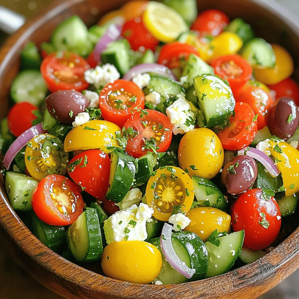 - 2 Tassen Kirschtomaten, halbiert - 1 Gurke, gewürfelt - 1 Paprika (jede Farbe), gewürfelt - 1/2 rote Zwiebel, dünn geschnitten - 1 Tasse entkernte Kalamata-Oliven - 1 Tasse Feta-Käse, zerkrümelt Die Hauptzutaten machen den Salat frisch und bunt. Kirschtomaten bringen Süße und Farbe. Gurken fügen Knusprigkeit hinzu. Paprika bringt einen süßen, knackigen Geschmack. Rote Zwiebeln geben einen leicht scharfen Kick. Kalamata-Oliven sorgen für einen salzigen, herzhaften Geschmack. Feta-Käse bringt Cremigkeit und einen salzigen Zing. - 3 Esslöffel natives Olivenöl extra - 2 Esslöffel frischer Zitronensaft - 1 Teelöffel getrockneter Oregano - Salz und Pfeffer nach Geschmack Das Dressing ist einfach, aber voller Geschmack. Natives Olivenöl extra bringt gesunde Fette und einen frischen Geschmack. Zitronensaft fügt Säure hinzu und belebt den Salat. Getrockneter Oregano bringt den typischen griechischen Geschmack. Salz und Pfeffer runden das Dressing ab und bringen die Aromen zusammen. - Frische Petersilie - Zitronenscheiben Die Garnitur macht den Salat noch schöner. Frische Petersilie fügt Farbe und Frische hinzu. Zitronenscheiben sind nicht nur dekorativ, sondern geben auch zusätzlichen Geschmack. Diese einfachen Elemente heben den Salat hervor und machen ihn einladend. Für die vollständige Zubereitung, siehe das Full Recipe. Um einen einfachen griechischen Salat zu machen, wasche zuerst das Gemüse gut. Ich nehme immer frische Kirschtomaten, Gurken, Paprika und rote Zwiebeln. Halbiere die Kirschtomaten. Würfle die Gurke und die Paprika in kleine Stücke. Schneide die rote Zwiebel in dünne Scheiben. Jetzt kommen die Oliven und der Feta. Ich verwende Kalamata-Oliven, da sie einen tollen Geschmack haben. Entkerne die Oliven und zerbröckele den Feta-Käse. So hast du alle Zutaten bereit. Nimm eine große Schüssel und gib die vorbereiteten Zutaten hinein. Mische die Kirschtomaten, Gurken, Paprika, Zwiebeln, Oliven und Feta. Das sieht schon sehr bunt und lecker aus! Jetzt bereite das Dressing vor. In einer kleinen Schüssel vermenge das natives Olivenöl, den Zitronensaft, den Oregano, Salz und Pfeffer. Rühre alles gut um, bis es gleichmäßig ist. Gieße das Dressing über den Salat. Nimm eine Gabel oder eine Zange und vermische alles vorsichtig. Achte darauf, dass das Gemüse gut mit dem Dressing bedeckt ist. Probiere den Salat und passe die Gewürze an. Du kannst mehr Salz, Pfeffer oder Zitronensaft hinzufügen, je nach deinem Geschmack. Bevor du servierst, garniere den Salat mit frischer Petersilie. Das macht ihn noch schöner! Du kannst den Salat einfach auf einem großen Teller präsentieren. Füge ein paar Zitronenscheiben hinzu, um das Gericht zu dekorieren. Das macht den Salat frisch und einladend. Für das gesamte Rezept schaue dir die [Full Recipe] an. Um den besten Geschmack zu erzielen, verwende frische Zutaten. Frische Kirschtomaten bringen Süße und Farbe. Eine knackige Gurke sorgt für Frische und Textur. Wähle auch süße Paprika für einen angenehmen Biss. Die rote Zwiebel gibt einen feinen, süßen Geschmack. Kalamata-Oliven fügen salzigen Genuss hinzu. Feta-Käse bringt Cremigkeit. Du kannst das Dressing anpassen, um es nach deinem Geschmack zu gestalten. Füge mehr Zitronensaft für Säure hinzu. Ein bisschen mehr Oregano verstärkt den Geschmack. Die Präsentation ist wichtig. Serviere den Salat auf einem großen, flachen Teller. Das sieht einladend aus. Du kannst auch Zitronenscheiben hinzufügen. Diese sorgen für einen frischen Akzent. Eine Zweig frische Petersilie oben drauf macht das Gericht hübsch. Überlege, den Salat in einer großen Schüssel zu servieren. So können Gäste sich selbst bedienen. Die Vorbereitung dauert nur 15 Minuten. Das macht den Salat perfekt für schnelle Mahlzeiten. Wenn du eine Party planst, bereite die Zutaten im Voraus vor. Schneide das Gemüse und bewahre es im Kühlschrank auf. Du kannst den Salat auch einige Stunden vor dem Servieren zubereiten. Achte darauf, das Dressing erst kurz vor dem Servieren hinzuzufügen. So bleibt der Salat frisch und knackig. Nutze den [Full Recipe], um alles zusammenzustellen. {{image_4}} Ein einfacher griechischer Salat kann sich leicht ändern. Du kannst andere Gemüsesorten hinzufügen. Probiere Radieschen oder Karotten für mehr Farbe. Auch Avocado bringt einen tollen Geschmack. Verschiedene Käsesorten machen den Salat spannend. Nutze Ziegenkäse oder Burrata. Der Geschmack wird ganz anders. So bleibt der Salat interessant und frisch. Die Wahl des Dressings macht viel aus. Du kannst alternative Dressings ausprobieren. Ein Joghurtdressing gibt Frische und Cremigkeit. Ein Balsamico-Dressing bringt eine süße Note. Wenn du es schärfer magst, füge etwas Chili hinzu. Oder probiere eine Senf-Zitronen-Soße. Diese Variationen bringen neuen Schwung in deinen Salat. Der Salat ist nicht nur für sich gut. Du kannst ihn als Beilage servieren. Er passt zu Gegrilltem oder zu Fisch. Mache Wraps oder Sandwiches mit dem Salat. Das gibt dir eine neue Art, ihn zu genießen. Du kannst verschiedene Brotsorten dazu verwenden. So wird jede Mahlzeit einzigartig. Lagern Sie den Salat immer im Kühlschrank. Das hilft, die Frische zu bewahren. Verwenden Sie eine luftdichte Schüssel. So bleibt der Salat knackig und kühl. Vor dem Servieren vermischen Sie die Zutaten frisch. So bleiben die Aromen lebendig und lecker. Der Salat hält sich etwa zwei bis drei Tage im Kühlschrank. Um die Haltbarkeit zu verlängern, verwenden Sie frische Zutaten. Überprüfen Sie die Kirschtomaten auf Druckstellen. Achten Sie darauf, dass die Gurke fest und grün ist. Rote Zwiebeln sollten knusprig und frisch aussehen. Kalamata-Oliven müssen fest und ohne Schimmel sein. Feta-Käse sollte mild riechen und eine glatte Textur haben. Haben Sie Reste? Keine Sorge! Sie können den Salat in Wraps nutzen. Mischen Sie ihn in einem Omelett oder fügen Sie ihn zu Quinoa hinzu. Auch als Füllung für Sandwiches ist er toll. Seien Sie kreativ und probieren Sie neue Gerichte aus. So vermeiden Sie Lebensmittelverschwendung und genießen neue Geschmackskombinationen. Ein griechischer Salat hält sich im Kühlschrank etwa zwei Tage. Achte darauf, ihn in einem luftdichten Behälter aufzubewahren. So bleibt er frisch und knackig. Die Tomaten und Gurken verlieren beim Lagern etwas von ihrem Crunch, daher ist frischer Salat am besten. Ja, du kannst den Salat vorbereiten und später servieren. Ich empfehle, das Dressing separat aufzubewahren. Mische das Dressing erst kurz vor dem Servieren mit dem Salat. So bleiben die frischen Zutaten knusprig und der Salat schmeckt besser. Wenn du keinen Feta magst, gibt es viele Alternativen. Du kannst Ziegenkäse oder Hüttenkäse verwenden. Für eine vegane Option probiere einen pflanzlichen Käse. Diese Optionen bieten ähnliche Texturen und Geschmäcker, die gut mit dem Salat harmonieren. Ja, du kannst zusätzliches Protein hinzufügen. Gegrilltes Hähnchen oder Garnelen passen gut dazu. Auch Kichererbsen oder Linsen funktionieren prima für eine vegetarische Version. Diese Proteine machen den Salat nahrhafter und sättigender. Ein traditioneller griechischer Salat ist nicht vegan, da er Feta enthält. Wenn du eine vegane Version möchtest, lass den Feta weg oder ersetze ihn durch pflanzlichen Käse. So bleibt der Salat frisch und lecker, ohne tierische Produkte. Ein einfacher griechischer Salat ist frisch, gesund und schnell zuzubereiten. Wir haben die Hauptzutaten wie Kirschtomaten, Gurken und Feta-Käse betrachtet. Durch die klare Schritt-für-Schritt-Anleitung kannst du diesen Salat mühelos zubereiten. Denk an frische Zutaten für den besten Geschmack und tolle Präsentation. Variiere nach Belieben und nutze Reste kreativ. Dieser Salat ist perfekt für jede Gelegenheit. Jetzt bist du bereit, deinen eigenen griechischen Salat zu machen und zu genießen!