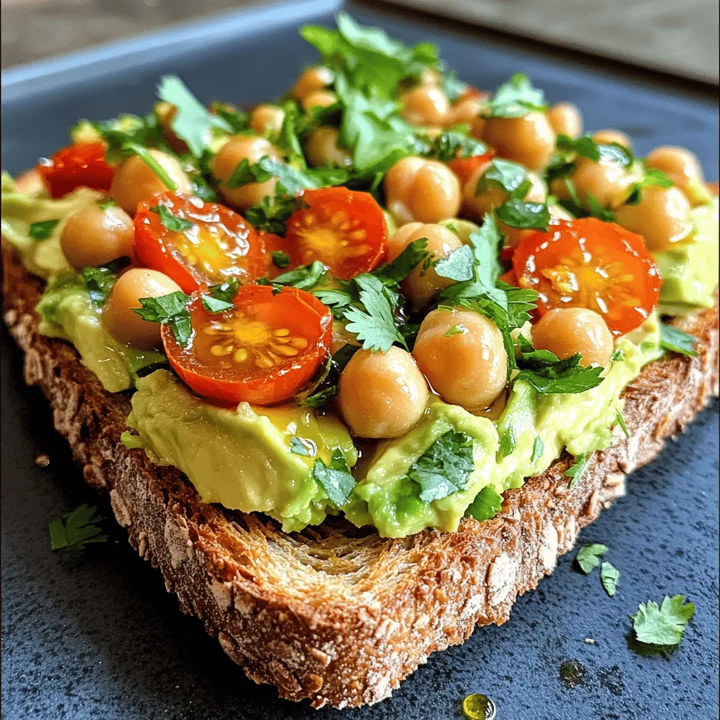 - 1 Dose (425 g) Kichererbsen, abgetropft und abgespült - 1 reife Avocado - 1 Esslöffel Zitronensaft - 1 Esslöffel Tahini Kichererbsen sind die Basis für dieses Rezept. Sie sind reich an Ballaststoffen und Proteinen. Avocado bringt gesunde Fette und einen cremigen Geschmack. Zitronensaft fügt frische hinzu, während Tahini eine nussige Note gibt. - 1 kleine Knoblauchzehe, fein gehackt - 1/4 Teelöffel Kreuzkümmel - Salz und Pfeffer nach Geschmack - Eine Handvoll Kirschtomaten, halbiert Knoblauch gibt einen scharfen, herzhaften Geschmack. Kreuzkümmel bringt Wärme und Tiefe. Salz und Pfeffer sind wichtig, um die Aromen zu heben. Kirschtomaten sorgen für eine süße, saftige Beilage. - 4 Scheiben Vollkornbrot - Alternativen (z.B. glutenfreies Brot) Vollkornbrot gibt dem Toast eine schöne Textur. Es ist nahrhaft und sättigend. Für glutenfreie Optionen können Sie glutenfreies Brot verwenden. Dies macht das Rezept für alle zugänglich. Für das komplette Rezept, schauen Sie sich den [Full Recipe] an. - Kichererbsen zubereiten Öffne die Dose mit Kichererbsen. Gieße das Wasser ab und spüle sie gut ab. Nimm eine mittelgroße Schüssel. Lege die Kichererbsen hinein. Mit einer Gabel oder einem Kartoffelstampfer zerdrücke sie leicht. Lass einige ganz, um die Textur zu verbessern. - Avocado vorbereiten Halbiere die reife Avocado. Entferne den Kern vorsichtig. Mit einem Löffel schöpfe das Fruchtfleisch in die Schüssel. Die Avocado muss weich und cremig sein. Sie gibt dem Toast einen tollen Geschmack und eine gute Konsistenz. - Kichererbsen-Avocado-Mischung herstellen Füge das Avocado-Fruchtfleisch zu den Kichererbsen hinzu. Dann gib einen Esslöffel Zitronensaft und einen Esslöffel Tahini dazu. Das sorgt für Frische und Cremigkeit. - Gewürze hinzufügen Füge eine kleine, fein gehackte Knoblauchzehe, Salz, Pfeffer und Kreuzkümmel hinzu. Mische alles vorsichtig. Achte darauf, dass die Mischung nicht zu glatt wird. Du möchtest noch etwas Struktur haben. - Toasten der Brotscheiben Nimm vier Scheiben Vollkornbrot. Toast sie im Toaster oder auf einer Grillpfanne. Sie sollten goldbraun und knusprig sein. Das gibt dem Toast den perfekten Biss. - Belegen und Garnieren der Toasts Verteile die Kichererbsen-Avocado-Mischung großzügig auf jede Toastscheibe. Halbiere die Kirschtomaten und lege sie oben auf die Mischung. Garniere die Toasts mit frischem Koriander oder Petersilie. Ein Hauch Olivenöl macht das Ganze noch besser. Genieße dein Smashed Chickpea Avocado Toast! Du findest das vollständige Rezept [hier](#). Wie zerdrücken Sie die Kichererbsen richtig? Um die Kichererbsen richtig zu zerdrücken, verwenden Sie eine Gabel oder einen Kartoffelstampfer. Drücken Sie sanft, sodass einige Kichererbsen ganz bleiben. Das sorgt für eine schöne Textur. Sie möchten, dass die Mischung cremig, aber nicht zu glatt ist. Optimaler Reifegrad der Avocado Eine perfekte Avocado ist weich, aber nicht matschig. Drücken Sie leicht auf die Schale. Wenn sie sich sanft gibt, ist sie reif. Diese Avocado bringt einen herrlichen Geschmack und eine tolle Textur. Wenn sie noch hart ist, lassen Sie sie bei Raumtemperatur reifen. Einige kreative Beilagen und Garnierungen Für mehr Farbe und Geschmack können Sie Kirschtomaten, frische Kräuter wie Koriander oder Petersilie verwenden. Fügen Sie auch ein wenig Feta-Käse hinzu, um einen salzigen Akzent zu setzen. Ein Spritzer Balsamico-Glasur macht das Ganze noch leckerer! Passende Getränkeempfehlungen Ein frischer Zitronensaft oder ein Kräutertee passt gut zu diesem Gericht. Auch ein leichtes, spritziges Wasser mit Limette ist eine gute Wahl. Diese Getränke ergänzen die Aromen der Kichererbsen-Avocado-Mischung perfekt. Häufige Missgeschicke und wie man sie vermeidet Ein häufiger Fehler ist, die Kichererbsen zu stark zu zerdrücken. Achten Sie darauf, dass die Mischung etwas Struktur behält. Achten Sie auch auf die Avocado. Wenn sie überreif ist, wird die Textur matschig. Ein weiterer Fehler ist das Überwürzen. Beginnen Sie mit einer kleinen Menge und passen Sie die Gewürze nach Geschmack an. {{image_4}} Um Ihr smashed chickpea avocado toast noch besser zu machen, probieren Sie verschiedene Toppings. Feta-Käse bringt einen salzigen Kick. Er passt gut zu der cremigen Avocado. Gegrilltes Gemüse fügt eine rauchige Note hinzu. Zucchini, Paprika oder Auberginen schmecken großartig. Das Brot spielt eine große Rolle. Verwenden Sie Ciabatta oder Sauerteig für einen neuen Geschmack. Diese Brote sind knusprig und geschmackvoll. Für glutenfreie Optionen gibt es viele tolle Alternativen. Glutenfreies Brot hat oft einen leckeren Geschmack und ist eine gute Wahl. Diese Mischung ist sehr anpassbar. Für Veganer lassen Sie den Feta-Käse einfach weg. Fügen Sie stattdessen Nüsse oder Samen hinzu. Diese geben Crunch und Nährstoffe. Auch für Vegetarier gibt es viele tolle Optionen. Experimentieren Sie mit verschiedenen Kräutern und Gewürzen für extra Geschmack. Die Kichererbsen-Avocado-Mischung bleibt frisch, wenn du sie richtig lagerst. Du solltest sie in einem luftdichten Behälter aufbewahren. So bleibt der Geschmack erhalten. Achte darauf, die Mischung nicht zu lange bei Raumtemperatur stehen zu lassen. Wenn du den Toast zubereitest, lagere ihn getrennt. Der Toast wird schnell weich, wenn er mit der Mischung in Kontakt kommt. Wenn du die Reste aufwärmen möchtest, mache das vorsichtig. Die Mikrowelle kann die Mischung schnell erhitzen. Stelle die Mikrowelle auf eine niedrige Stufe. Erhitze für kurze Zeit und rühre zwischendrin um. So bleibt der Geschmack gut. Wenn du den Ofen verwendest, lege die Mischung in eine ofenfeste Form. Decke sie mit Alufolie ab, um ein Austrocknen zu verhindern. Erhitze sie bei 180 Grad Celsius für etwa 10 Minuten. Im Kühlschrank kannst du die Kichererbsen-Avocado-Mischung etwa drei bis vier Tage lagern. Achte darauf, den Behälter gut zu verschließen. Der Toast sollte am besten frisch verzehrt werden. Aber wenn du ihn aufbewahren musst, halte ihn in einem Papiertuch eingewickelt. So bleibt er knusprig. 1. Nehmen Sie eine mittelgroße Schüssel. Fügen Sie die Kichererbsen hinzu. 2. Zerdrücken Sie die Kichererbsen mit einer Gabel. Lassen Sie einige ganz für Textur. 3. Halbieren Sie die Avocado und geben Sie das Fruchtfleisch in die Schüssel. 4. Fügen Sie Zitronensaft, Tahini, Knoblauch, Salz, Pfeffer und Kreuzkümmel hinzu. 5. Mischen Sie alles vorsichtig, bis es gut kombiniert ist. 6. Toasten Sie die Brotscheiben bis sie knusprig sind. 7. Verteilen Sie die Kichererbsen-Avocado-Mischung großzügig auf dem Toast. 8. Belegen Sie mit Kirschtomaten und garnieren Sie mit frischen Kräutern. 9. Beträufeln Sie die Toasts mit Olivenöl für zusätzlichen Geschmack. Ja, Sie können die Mischung im Voraus zubereiten. Bewahren Sie sie in einem luftdichten Behälter im Kühlschrank auf. So bleibt sie frisch. Die Mischung hält sich etwa 2-3 Tage. Wenn Sie sie aufbewahren, trennen Sie das Brot und die Mischung, um das Brot knusprig zu halten. Es gibt viele tolle Zutaten, die Sie hinzufügen können. Feta-Käse bringt einen salzigen Geschmack. Gegrilltes Gemüse, wie Zucchini oder Paprika, gibt mehr Biss. Auch Radieschen oder Sprossen sind frisch und knackig. Experimentieren Sie mit verschiedenen Kräutern, wie Basilikum oder Dill, für neue Aromen. Zusammengefasst haben wir ein einfaches Rezept für Smashed Chickpea Avocado Toast erstellt. Wir haben die Hauptzutaten wie Kichererbsen und Avocado besprochen. Dann folgten Tipps zu Gewürzen und Brotwahl. Die Schritt-für-Schritt-Anleitung machte das Kochen leicht. Zwischendurch gab ich nützliche Tipps, um häufige Fehler zu vermeiden. Experimentiere mit Toppings und Brotsorten, um es spannend zu halten. Vielleicht findest du deine neue Lieblingsversion! Probiere es aus und genieße deinen gesunden Snack!