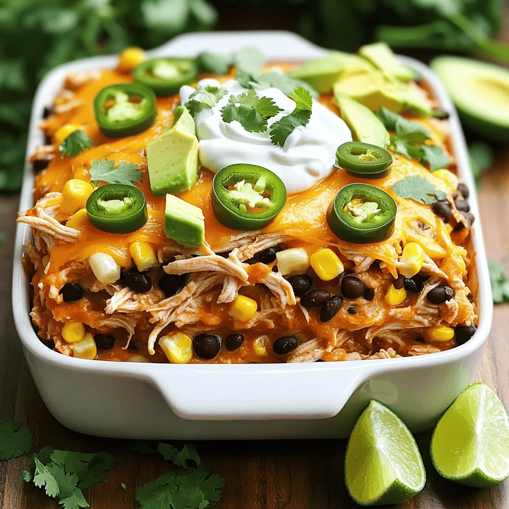 Für einen leckeren Hähnchen Taco Auflauf brauche ich einige einfache Zutaten. Diese Zutaten bilden die Basis für das Gericht. Hier sind die Hauptzutaten: - 2 Tassen gekochtes, zerrissenes Hähnchen - 1 Dose (425 g) schwarze Bohnen, abgetropft und gespült - 1 Dose (425 g) Mais, abgetropft - 1 Päckchen Taco-Gewürz - 1 Tasse Salsa - 1 Tasse Sauerrahm - 2 Tassen geriebener Cheddar-Käse (geteilt) - 8 kleine Maistortillas, in Viertel geschnitten Diese Zutaten sorgen für Geschmack und Textur. Sie harmonieren gut miteinander und machen das Gericht sättigend. Um den Auflauf noch interessanter zu machen, kann ich einige zusätzliche Zutaten hinzufügen. Hier sind ein paar Ideen: - 1 Jalapeño, gewürfelt (für etwas Schärfe) - Frischer Koriander, zur Garnierung - Geschnittene Avocado, zur Garnierung - Limettenviertel, zum Servieren Diese Optionen fügen Farbe und Geschmack hinzu. Ich kann die Schärfe anpassen, je nach Vorliebe. Gute Zutaten machen den Unterschied. Hier sind ein paar Tipps, um die besten Zutaten auszuwählen: - Frisches Hähnchen: Achte darauf, dass das Hähnchen frisch und von guter Qualität ist. - Bohnen und Mais: Wähle Dosen ohne Zusatzstoffe. So bleibt der Geschmack rein. - Gewürze: Nutze frische Taco-Gewürze, wenn möglich. Sie geben mehr Aroma. - Käse: Hochwertiger Cheddar sorgt für einen tollen Schmelz. Mit diesen Tipps kann ich sicherstellen, dass mein Hähnchen Taco Auflauf besonders lecker wird. Für das vollständige Rezept, schaue in die anderen Abschnitte. Zuerst sammeln Sie alle Zutaten. Das macht die Zubereitung leichter und schneller. Sie brauchen: - 2 Tassen gekochtes, zerrissenes Hähnchen - 1 Dose (425 g) schwarze Bohnen, abgetropft und gespült - 1 Dose (425 g) Mais, abgetropft - 1 Päckchen Taco-Gewürz - 1 Tasse Salsa - 1 Tasse Sauerrahm - 2 Tassen geriebener Cheddar-Käse (geteilt) - 8 kleine Maistortillas, in Viertel geschnitten - 1 Jalapeño, gewürfelt (optional) - Frischer Koriander, zur Garnierung - Geschnittene Avocado, zur Garnierung - Limettenviertel, zum Servieren Jetzt heizen Sie den Ofen auf 175°C vor. Das sorgt dafür, dass der Auflauf gleichmäßig backt. In einer großen Schüssel vermengen Sie das zerrissene Hähnchen, die schwarzen Bohnen, den Mais, das Taco-Gewürz und die Salsa. Mischen Sie alles gut. In einer separaten Schüssel vermischen Sie den Sauerrahm mit 1 Tasse des geriebenen Cheddar-Käses. Das wird eine cremige Schicht im Auflauf. In einer 23x33 cm großen Auflaufform verteilen Sie die Hälfte der Tortillaviertel gleichmäßig. Dann schichten Sie die Hälfte der Hähnchenmischung darauf. Darauf kommt die Hälfte der Sauerrahm- und Käseschicht. Wiederholen Sie diese Schritte mit den restlichen Zutaten. Zum Schluss streuen Sie den restlichen Cheddar-Käse über die oberste Schicht. Wenn Sie Jalapeños verwenden, streuen Sie diese gleichmäßig darüber. Decken Sie die Auflaufform mit Aluminiumfolie ab. Backen Sie den Auflauf 30 Minuten im vorgeheizten Ofen. Nach 30 Minuten entfernen Sie die Folie. Backen Sie den Auflauf weitere 10-15 Minuten, bis der Käse sprudelnd und leicht goldbraun ist. Nach dem Backen nehmen Sie den Auflauf aus dem Ofen. Lassen Sie ihn einige Minuten abkühlen. Servieren Sie den Auflauf heiß, garniert mit frischem Koriander und Avocadoscheiben. Vergessen Sie nicht die Limettenviertel, um das Gericht mit etwas frischem Geschmack zu verfeinern. Schauen Sie sich das [Full Recipe](#) an, um keine Schritte zu verpassen. Ein Fehler ist, das Hähnchen nicht gut zu zerrupfen. Wenn die Stücke zu groß sind, wird der Auflauf ungleichmäßig. Achte darauf, die Bohnen gut abzuspülen. Sonst bleibt die Flüssigkeit im Auflauf. Ein weiterer Fehler ist, die Salsa nicht zu mischen. Sie sollte gut verteilt sein, damit jeder Bissen gleich schmeckt. Die Folie beim Backen nicht zu früh abzunehmen, kann den Käse verbrennen. Lass ihn schön schmelzen. Du kannst die Gewürze leicht ändern. Magst du es schärfer? Füge mehr Jalapeños hinzu. Für einen milderen Geschmack, nimm weniger Taco-Gewürz. Auch die Salsa kann variieren. Probiere eine fruchtige Salsa für einen neuen Kick. Du kannst auch frische Kräuter wie Oregano oder Kreuzkümmel hinzufügen. So wird der Geschmack noch besser. Der Auflauf schmeckt toll mit frischem Salat. Ein einfacher grüner Salat passt gut. Dazu kannst du Tortilla-Chips servieren. Sie bringen einen knusprigen Kontrast. Avocado und Limettenspalten sind auch ideal. Sie geben Frische und helfen, die Schärfe auszugleichen. Vergiss nicht, den Auflauf mit frischem Koriander zu garnieren. Das gibt nicht nur Farbe, sondern auch Geschmack. Für mehr Ideen, schau dir das Full Recipe an. {{image_4}} Wenn Sie eine vegetarische Version des Hähnchen Taco Auflaufs machen möchten, ersetzen Sie das Hähnchen durch mehr Gemüse. Zucchini, Paprika und Pilze sind tolle Optionen. Sie können auch Kichererbsen hinzufügen, um eine gute Proteinquelle zu haben. Diese Variationen sind einfach und lecker. Statt Hähnchen können Sie Rinderhack verwenden. Es gibt einen herzhaften Geschmack. Kochen Sie es zuerst in einer Pfanne, bis es braun ist. Dann mischen Sie es mit den anderen Zutaten. Für eine schmackhafte Variante probieren Sie auch Putenhack oder Schweinefleisch. Die Gewürze machen den Unterschied. Fühlen Sie sich frei, das Taco-Gewürz anzupassen. Fügen Sie mehr Chili hinzu, wenn Sie es schärfer mögen. Oder verwenden Sie eine milde Salsa, wenn Sie es lieber sanft halten. Experimentieren Sie mit verschiedenen Salsas, wie Mango oder Tomatillo, für neue Geschmäcker. Um Reste Ihres Hähnchen Taco Auflaufs aufzubewahren, lassen Sie ihn zuerst abkühlen. Nutzen Sie dann einen luftdichten Behälter. So bleibt der Auflauf frisch. Sie können ihn bis zu drei Tage im Kühlschrank lagern. Wenn Sie mehr Zeit sparen möchten, können Sie die Portionen auch einfrieren. Um den Auflauf aufzuwärmen, nehmen Sie eine Stücke heraus. Legen Sie es in eine ofenfeste Form und decken Sie es mit Folie ab. Backen Sie es bei 175°C für etwa 20 Minuten. Das hält die Feuchtigkeit. Alternativ können Sie die Mikrowelle verwenden. Stellen Sie sicher, dass das Gericht gleichmäßig erhitzt wird. Im Kühlschrank hält der Auflauf bis zu drei Tage. Im Gefrierfach können Sie ihn bis zu drei Monate lagern. Achten Sie darauf, ihn gut zu verpacken, damit er keine Frostschäden erleidet. Wenn Sie ihn aufwärmen, achten Sie darauf, ihn gut durchzuerhitzen. Um mehr Portionen zu machen, verdoppeln Sie einfach die Zutaten. Benutzen Sie eine größere Auflaufform. Achten Sie darauf, die Backzeit zu prüfen. Es kann länger dauern, bis der Auflauf gar ist. Wenn Sie keinen Sauerrahm haben, nehmen Sie griechischen Joghurt. Er hat einen ähnlichen Geschmack und eine cremige Konsistenz. Sie können auch Frischkäse verwenden, um eine reichhaltige Schicht zu erhalten. Ja, Sie können den Auflauf im Voraus machen. Bereiten Sie ihn bis zu einem Tag vorher zu und decken Sie ihn ab. Lagern Sie ihn im Kühlschrank. Backen Sie ihn einfach vor dem Servieren. Gute Beilagen sind Reis, Guacamole oder frische Salsa. Auch ein grüner Salat passt gut dazu. Tortilla-Chips sind perfekt für einen knusprigen Snack. Das vollständige Rezept finden Sie in diesem Artikel. Es enthält alle Schritte und Tipps für Ihr perfektes Gericht. Der Hähnchen Taco Auflauf ist einfach und lecker. Wir haben die besten Zutaten, eine klare Zubereitung und nützliche Tipps behandelt. Variationen machen es leicht, das Rezept anzupassen. Zudem wissen Sie nun, wie Sie Reste richtig aufbewahren. Wenn Sie diese Schritte befolgen, gelingt Ihnen der perfekte Auflauf. Genießen Sie die Vielfalt und passen Sie ihn nach Ihrem Geschmack an! Kochen kann so viel Spaß machen – probieren Sie es aus!