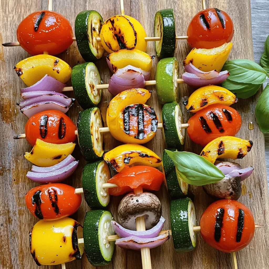 Für die perfekten Gemüse-Spieße brauche ich frisches Gemüse. Hier ist, was ich verwende: - 1 Paprika (rot, gelb oder grün), in 2,5 cm große Stücke geschnitten - 1 Zucchini, in dicke Runden geschnitten - 1 gelbe Zucchini, in dicke Runden geschnitten - 1 rote Zwiebel, in Spalten geschnitten - 8 Cherrytomaten - 1 Tasse Champignons, ganz oder halbiert, wenn sie groß sind Diese Zutaten sorgen für einen bunten und leckeren Geschmack. Gewürze machen meine Spieße besonders. Ich benutze: - 3 Esslöffel Olivenöl - 1 Teelöffel Knoblauchpulver - 1 Teelöffel getrockneter Oregano - 1 Teelöffel geräucherter Paprika - Salz und Pfeffer nach Geschmack Diese Gewürze geben dem Gemüse ein tolles Aroma. Das Olivenöl hilft auch, dass das Gemüse gut brät. Das Rezept ergibt 4 Portionen. Ich kaufe frisches Gemüse auf dem Markt. Überprüfen Sie die Qualität, um die besten Zutaten zu finden. Wenn Sie mehr Spieße machen möchten, verdoppeln Sie einfach die Zutaten. So können Sie eine große Gruppe von Freunden oder Familie überraschen. Perfekt für Grillpartys oder Picknicks! Für die detaillierte Zubereitung schauen Sie sich das Full Recipe an. Beginne mit dem Vorheizen deines Grills auf mittlere Hitze. Das sorgt für gleichmäßiges Garen. Wenn du Holzspieße benutzt, weiche sie 30 Minuten in Wasser ein. So verhinderst du, dass sie verbrennen. Metallspieße sind eine gute Alternative, die du nicht einweichen musst. Stelle sicher, dass der Grill sauber ist. Eine saubere Grillfläche gibt dem Gemüse einen tollen Geschmack. Du kannst viele Gemüsesorten nutzen. Ich empfehle Paprika, Zucchini, rote Zwiebeln, Cherrytomaten und Champignons. Schneide das Gemüse in gleich große Stücke. Das hilft beim Garen. Lege das Gemüse in eine große Schüssel. Träufle 3 Esslöffel Olivenöl darüber. Füge 1 Teelöffel Knoblauchpulver, 1 Teelöffel Oregano, 1 Teelöffel geräucherten Paprika und Salz sowie Pfeffer hinzu. Mische alles gut. So wird jedes Stück Gemüse lecker mariniert. Stecke nun das marinierte Gemüse auf die Spieße. Wechsle die Sorten für einen bunten Look. Lege die Spieße auf den Grill. Grill sie 10 bis 15 Minuten. Wende sie dabei gelegentlich. Das Gemüse sollte zart werden und schöne Grillstreifen bekommen. Nach dem Grillen lasse die Spieße kurz ruhen. Garniere sie mit frischen Basilikumblättern. So sieht das Gericht nicht nur gut aus, es schmeckt auch fantastisch. Für die vollständige Anleitung schau dir das Full Recipe an. Wählen Sie frisches Gemüse für die besten Spieße. Paprika, Zucchini und Tomaten sind ideal. Achten Sie darauf, dass die Farben leuchtend und die Texturen fest sind. Für zusätzlichen Geschmack können Sie auch Auberginen oder Champignons verwenden. Diese Sorten grillen gut und behalten ihren Geschmack. Schneiden Sie das Gemüse in gleich große Stücke, damit es gleichmäßig gart. Eine gute Marinade macht den Unterschied. Verwenden Sie Olivenöl, Knoblauchpulver und Oregano. Diese Zutaten verleihen dem Gemüse viel Geschmack. Lassen Sie das Gemüse mindestens 30 Minuten marinieren. So ziehen die Aromen besser ein. Fügen Sie auch etwas Zitronensaft hinzu. Das gibt eine frische Note. Experimentieren Sie mit Kräutern wie Thymian oder Rosmarin für neue Geschmäcker. Ein häufiger Fehler ist, das Gemüse nicht gleichmäßig zu schneiden. Das führt zu ungleichmäßigem Garen. Zudem sollten Sie das Gemüse nicht zu lange marinieren. Zu viel Zeit in der Marinade kann den Geschmack überlagern. Ein weiterer Fehler ist, die Spieße zu überladen. Lassen Sie etwas Platz zwischen den Stücken. So kann die Hitze besser zirkulieren. Achten Sie darauf, die Spieße regelmäßig zu wenden, damit sie gleichmäßig garen. {{image_4}} Um die einfachen gegrillten Gemüse-Spieße aufzupeppen, füge zusätzliche Zutaten hinzu. Du kannst zum Beispiel Feta-Käse oder Halloumi hinzufügen. Diese Käsesorten schmelzen beim Grillen und geben einen tollen Geschmack. Auch frische Kräuter wie Rosmarin oder Thymian bringen frische Aromen. Experimentiere mit verschiedenen Gemüsesorten wie Auberginen oder Spargel. Du wirst überrascht sein, wie vielseitig es ist! Diese Spieße sind von Natur aus vegan und glutenfrei, was sie perfekt für alle macht. Du kannst sie auch mit Tofu oder Tempeh anreichern. Diese Zutaten fügen Proteine hinzu und machen die Spieße sättigender. Achte darauf, dass die Marinade keine glutenhaltigen Zutaten enthält. So kannst du sicher sein, dass alle deine Gäste sie genießen können. Die Marinade ist der Schlüssel zu tollen Spießen. Variiere die verwendeten Gewürze, um neue Geschmäcker zu entdecken. Probiere zum Beispiel eine asiatische Marinade mit Sojasauce, Ingwer und Sesamöl. Oder eine mediterrane Marinade mit Zitronensaft, Minze und Kreuzkümmel. Du kannst auch eine scharfe Mischung mit Chili oder Cayennepfeffer erstellen. Nutze die *Full Recipe* als Basis, um deine eigenen Kreationen zu entwickeln! Wenn Sie Reste von den gegrillten Gemüse-Spießen haben, bewahren Sie sie in einem luftdichten Behälter auf. Lassen Sie sie vor dem Einlagern auf Raumtemperatur abkühlen. So bleibt das Gemüse frisch und lecker. Sie können die Spieße auch in Frischhaltefolie wickeln. So vermeiden Sie Gerüche im Kühlschrank. Zum Aufwärmen der Spieße empfehle ich den Ofen oder den Grill. Heizen Sie den Ofen auf 180 Grad vor. Legen Sie die Spieße auf ein Backblech und erwärmen Sie sie etwa 10 Minuten. Wenn Sie den Grill verwenden, legen Sie die Spieße kurz auf den Grill, bis sie wieder heiß sind. So bleibt das Gemüse saftig und schmeckt fast wie frisch zubereitet. Im Kühlschrank halten sich die Reste etwa drei bis vier Tage. Stellen Sie sicher, dass sie gut verpackt sind. Wenn Sie die Spieße länger aufbewahren möchten, können Sie sie einfrieren. In einem gefrierfesten Behälter oder einem Beutel halten sie sich bis zu drei Monate. Achten Sie darauf, die Spieße vor dem Einfrieren gut zu beschriften. So wissen Sie immer, was sich darin befindet. Grillen Sie die Spieße für 10-15 Minuten. Wenden Sie sie regelmäßig. So wird das Gemüse gleichmäßig zart und erhält schöne Grillstreifen. Die genaue Zeit hängt von der Hitze Ihres Grills ab. Testen Sie das Gemüse mit einer Gabel. Es sollte weich, aber nicht matschig sein. Ja, das ist eine tolle Idee! Kombinieren Sie bunte Gemüsesorten für mehr Geschmack und Farbe. Verwenden Sie Paprika, Zucchini, Zwiebeln und Champignons. Auch Auberginen oder Kürbis sind klasse Optionen. Achten Sie darauf, dass die Stücke gleich groß sind. So garen sie gleichmäßig. Servieren Sie die Spieße mit einem frischen Salat. Ein einfacher grüner Salat passt gut. Oder reichen Sie knuspriges Brot dazu. Auch Quinoa oder Reis sind feine Beilagen. Sie können die Spieße auch mit einer würzigen Dipsauce begleiten. Probieren Sie Hummus oder Tzatziki. In diesem Artikel haben wir die wichtigen Punkte für perfekte Gemüse-Spieße behandelt. Du hast die besten Zutaten, die Vorbereitung und die Grilltechnik kennengelernt. Außerdem haben wir Tipps zur Auswahl und Marinierung gegeben sowie Variationen für verschiedene Geschmäcker vorgestellt. Denk daran, Reste richtig zu lagern. Mit diesen Tipps kannst du köstliche Spieße zubereiten, die jedem schmecken. Viel Spaß beim Grillen und Ausprobieren!