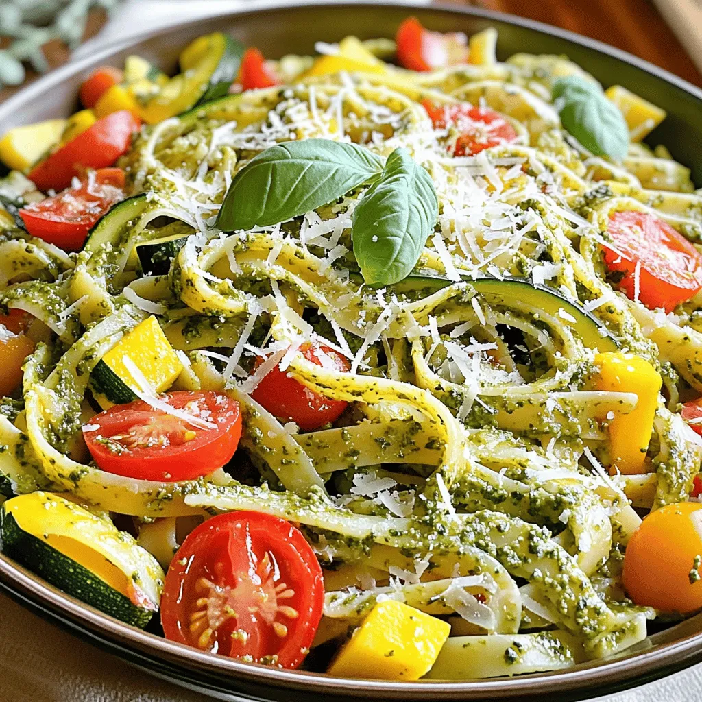 Für ein köstliches Pesto Pasta Primavera benötigst du folgende Zutaten: - 340 g Pasta (Fettuccine oder Penne) - 240 ml Basilikum-Pesto (gekauft oder selbstgemacht) - 1 rote Paprika, in dünne Streifen geschnitten - 1 Zucchini, in Halbmonde geschnitten - 1 gelbe Zucchini, in Halbmonde geschnitten - 240 g Kirschtomaten, halbiert - 240 g Brokkoliröschen - 2 Knoblauchzehen, fein gehackt - 2 Esslöffel Olivenöl - Salz und Pfeffer nach Geschmack - Geriebener Parmesan zum Servieren (optional) - Frische Basilikumblätter zur Garnierung Zuerst musst du die frischen Zutaten gut waschen. Schneide die Paprika, Zucchini und Kirschtomaten in die gewünschte Form. Verwende dafür ein scharfes Messer. Achte darauf, dass alles gleichmäßig geschnitten ist. So garen die Zutaten gleichmäßig. Die Brokkoliröschen sollten klein genug sein, um schnell zu garen. Messen ist wichtig, um das richtige Verhältnis zu bekommen. Du kannst für das Pesto entweder eine fertige Variante kaufen oder es selbst machen. Wenn du es selbst machst, verwende frisches Basilikum, Pinienkerne, Parmesan, Knoblauch und Olivenöl. Mixe alles in einem Mixer, bis eine glatte Paste entsteht. Wenn du Zeit sparen möchtest, greife auf hochwertiges Pesto aus dem Geschäft zurück. Achte darauf, dass es aus frischen Zutaten besteht. Das gibt deinem Gericht den besten Geschmack. Für die vollständige Rezeptanleitung schaue dir den [Full Recipe] an. Um die perfekte Pasta für Ihr Pesto Pasta Primavera zuzubereiten, bringen Sie einen großen Topf mit gesalzenem Wasser zum Kochen. Fügen Sie 340 g Pasta hinzu. Ich empfehle Fettuccine oder Penne, da sie die Sauce gut halten. Kochen Sie die Pasta nach den Anweisungen auf der Verpackung, bis sie al dente ist. Bevor Sie die Pasta abgießen, heben Sie eine Tasse des Nudelwassers auf. Dieses Wasser hilft später, die Sauce schön cremig zu machen. Während die Pasta kocht, erhitzen Sie 2 Esslöffel Olivenöl in einer großen Pfanne bei mittlerer Hitze. Fügen Sie 2 fein gehackte Knoblauchzehen hinzu und braten Sie sie etwa 30 Sekunden an, bis sie aromatisch sind. Geben Sie dann 240 g Brokkoliröschen in die Pfanne und garen Sie sie 2-3 Minuten lang. Sie sollten leicht zart, aber noch knusprig sein. Fügen Sie die geschnittene rote Paprika, Zucchini und gelbe Zucchini hinzu. Rühren Sie häufig um und kochen Sie das Gemüse etwa 5-7 Minuten weiter, bis es weich, aber knackig ist. Sobald die Pasta fertig ist, geben Sie sie in die Pfanne mit dem Gemüse. Fügen Sie 240 ml Basilikum-Pesto hinzu, egal ob gekauft oder selbstgemacht. Vermischen Sie alles gut. Wenn die Mischung zu trocken ist, fügen Sie etwas von dem reservierten Nudelwasser hinzu, um eine glatte Konsistenz zu erreichen. Mischen Sie die halbierten Kirschtomaten unter und schmecken Sie das Gericht mit Salz und Pfeffer ab. Servieren Sie die Pesto Pasta Primavera heiß. Garnieren Sie sie mit geriebenem Parmesan und frischen Basilikumblättern für den letzten Schliff. Um die perfekte Pasta zu kochen, beginne mit viel Wasser. Fülle einen großen Topf mit Wasser und füge Salz hinzu. Das Wasser sollte gut sprudeln, bevor du die Pasta hinzufügst. Koche die Pasta nur bis sie al dente ist. Das bedeutet, sie bleibt in der Mitte leicht fest. So schmeckt sie besser und bleibt beim Mischen mit dem Pesto und Gemüse perfekt. Denke daran, eine Tasse des Nudelwassers aufzuheben. Dieses Wasser hilft, die Sauce später zu binden. Das Gemüse knusprig zu halten, ist einfach. Koche es nicht zu lange. In der Pfanne sollte das Gemüse nur kurz angebraten werden. Beginne mit dem Brokkoli, da er länger braucht. Füge dann die Paprika und Zucchini hinzu. Rühre häufig um, um ein gleichmäßiges Garen zu erreichen. Das Gemüse sollte bunt und knackig bleiben. Es sieht nicht nur toll aus, sondern schmeckt auch frisch und lecker. Um den Geschmack zu verbessern, füge einige Gewürze hinzu. Ein Hauch von rotem Pfeffer oder italienischen Kräutern kann viel bewirken. Auch frisch gemahlener Pfeffer bringt Tiefe. Wenn du magst, füge etwas Zitronensaft hinzu. Dieser gibt einen frischen Kick. Denke daran, die Aromen schrittweise zu testen. So findest du die perfekte Balance für deinen Gaumen. Verwende die Tipps aus dem [Full Recipe], um das Beste aus deiner Pesto Pasta Primavera herauszuholen. {{image_4}} Pesto Pasta Primavera kann leicht vegetarisch oder vegan sein. Verwenden Sie einfach veganen Parmesan oder lassen Sie ihn ganz weg. Das Basilikum-Pesto kann ebenfalls pflanzlich sein. Achten Sie darauf, ein Pesto ohne Käse zu wählen. So bleibt das Gericht lecker und für alle geeignet. Saisonales Gemüse macht das Gericht besonders frisch. Im Frühling sind Spargel und Erbsen großartig. Im Sommer passen Zucchini und Paprika gut dazu. Herbstgemüse wie Kürbis oder Süßkartoffeln gibt zusätzliche Süße. Wählen Sie, was in Ihrer Region frisch ist. Das bringt mehr Geschmack und Nährstoffe in das Gericht. Für glutenfreie Pasta wählen Sie Produkte aus Reis oder Mais. Diese sind oft in Supermärkten erhältlich. Achten Sie darauf, die Kochzeit anzupassen. Glutenfreie Pasta kann schneller garen. So genießen Sie ein tolles Gericht, ohne auf den Geschmack zu verzichten. Wenn Sie Reste von Pesto Pasta Primavera haben, bewahren Sie diese in einem luftdichten Behälter auf. Lassen Sie das Gericht zuerst abkühlen, bevor Sie es lagern. So bleibt es frisch und lecker. Lagern Sie die Reste im Kühlschrank. Um Pesto Pasta Primavera aufzuwärmen, geben Sie die Portion in eine Pfanne. Fügen Sie einen Esslöffel Wasser oder Brühe hinzu, um das Gericht feucht zu halten. Erhitzen Sie es bei mittlerer Hitze, bis es warm ist. Rühren Sie oft um, damit es gleichmäßig erwärmt wird. Sie können auch die Mikrowelle verwenden. Stellen Sie die Leistung auf mittlere Stufe ein und erwärmen Sie es in kurzen Intervallen. Im Kühlschrank hält die Pesto Pasta Primavera bis zu drei Tage. Achten Sie darauf, sie gut zu verpacken. Wenn Sie länger aufbewahren möchten, können Sie das Gericht einfrieren. Im Gefrierschrank bleibt es bis zu drei Monate frisch. Stellen Sie sicher, dass Sie es in einem geeigneten Behälter einfrieren. Zum Auftauen stellen Sie die gefrorene Pasta über Nacht in den Kühlschrank. Um Pesto selbst zu machen, brauchen Sie frische Zutaten. Sie können frisches Basilikum, Pinienkerne, Knoblauch, Parmesan und Olivenöl verwenden. Mischen Sie alles in einem Mixer. Fügen Sie etwas Salz hinzu. Mixen Sie, bis es eine glatte Paste ist. Das ist einfach und lecker! Ja, Sie können anderes Gemüse verwenden. Karotten, Erbsen oder Spinat passen gut dazu. Wählen Sie Gemüse, das Ihnen schmeckt. Achten Sie darauf, es in kleine Stücke zu schneiden. So garen sie gleichmäßig und bleiben knackig. Die Zubereitung dauert etwa 30 Minuten. Sie benötigen 15 Minuten für das Kochen der Pasta. Das Anbraten des Gemüses dauert etwa 10 Minuten. Das Mischen aller Zutaten nimmt weitere 5 Minuten in Anspruch. So haben Sie schnell ein tolles Gericht! Um eine köstliche Pesto Pasta Primavera zuzubereiten, haben wir die wichtigsten Zutaten und Schritte betrachtet. Wir haben gelernt, wie man frische Zutaten richtig misst und vorbereitet. Durch einfache Kochanleitungen und praktische Tipps kochst du die perfekte Pasta und hältst das Gemüse knackig. Du hast auch Varianten für spezielle Diäten entdeckt und erfährst, wie du Reste richtig lagerst. Denke daran, dass Spaß und Kreativität beim Kochen wichtig sind. Probiere neue Aromen aus und genieße deine leckeren Gerichte!