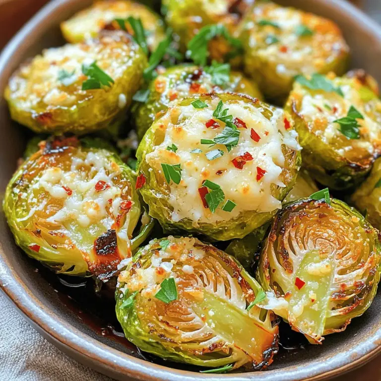 Für knusprige Knoblauch-Parmesan Rosenkohl brauchst du: - 450 g Rosenkohl, geputzt und halbiert - 3 Esslöffel Olivenöl - 4 Knoblauchzehen, fein gehackt - 50 g geriebener Parmesan - 1 Teelöffel geräuchertes Paprika-Pulver - 1/2 Teelöffel rote Pfefferflocken (nach Belieben) - Salz und frisch gemahlener schwarzer Pfeffer nach Geschmack - Frische Petersilie, gehackt (zum Garnieren) Diese Zutaten sorgen für einen tollen Geschmack. Der Rosenkohl wird durch das Rösten schön knusprig. Die Wahl der Öle und Gewürze macht einen großen Unterschied. Ich verwende gerne Olivenöl, da es gut mit dem Gemüse harmoniert. Das geräucherte Paprika-Pulver bringt eine feine Rauchnote. Rote Pfefferflocken fügen eine leichte Schärfe hinzu. Du kannst die Gewürze nach deinem Geschmack anpassen. Wenn du es gerne würziger magst, kannst du mehr rote Pfefferflocken nehmen. Falls du keine bestimmten Zutaten hast, gibt es Alternativen. - Rosenkohl: Du kannst auch Blumenkohl oder Brokkoli verwenden. - Olivenöl: Sonnenblumenöl oder Rapsöl sind gute Alternativen. - Parmesan: Wenn du vegan kochen möchtest, kannst du Hefeflocken verwenden. Diese Alternativen passen gut ins Rezept und halten den Geschmack. Probiere es aus und finde deine Lieblingskombination! Für das vollständige Rezept, schau dir die [Full Recipe] an. Heize den Ofen auf 220°C vor. Nimm ein Backblech und lege es mit Backpapier aus. Bereite 450 g Rosenkohl vor. Putze ihn und halbiere ihn. Mache auch 4 Knoblauchzehen bereit. Hacke sie fein. Das Olivenöl, das du brauchst, sind 3 Esslöffel. Denke daran, auch die Gewürze bereit zu haben. Nimm eine große Schüssel. Lege die halbierten Rosenkohl hinein. Füge 3 Esslöffel Olivenöl, die gehackten Knoblauchzehen, 1 Teelöffel geräuchertes Paprika-Pulver und 1/2 Teelöffel rote Pfefferflocken hinzu. Würze die Mischung mit Salz und frisch gemahlenem schwarzem Pfeffer. Vermenge alles gut. Achte darauf, dass der Rosenkohl gleichmäßig mit der Mischung überzogen ist. Lege die Rosenkohlhälften mit der Schnittseite nach unten auf das Backblech. Achte darauf, dass sie in einer einzigen Schicht liegen. Röste die Mischung für 20 bis 25 Minuten. Schüttle das Blech zur Hälfte der Garzeit. Die Rosenkohl sollten goldbraun und knusprig sein. Nimm das Blech aus dem Ofen. Streue 50 g geriebenen Parmesan gleichmäßig über die Rosenkohl. Gib das Blech für 2 bis 3 Minuten zurück in den Ofen. Der Käse sollte schmelzen und leicht goldbraun sein. Garniere die fertigen Rosenkohl mit frischer gehackter Petersilie. Du kannst das vollständige Rezept [hier finden](Full Recipe). Um die besten Ergebnisse zu erzielen, röste die Rosenkohl bei 220°C. Diese hohe Temperatur sorgt für eine schöne Knusprigkeit. Achte darauf, dass die Schnittseite nach unten zeigt. Das fördert die Bräunung und den knusprigen Effekt. Schüttle das Blech in der Mitte der Garzeit. So werden alle Stücke gleichmäßig gebräunt und knusprig. Um den Geschmack zu intensivieren, füge mehr Knoblauch hinzu. Du kannst auch frische Kräuter wie Thymian oder Rosmarin verwenden. Diese Kräuter passen gut zu den Röstaromen. Ein Spritzer Zitronensaft vor dem Servieren bringt Frische. Experimentiere mit verschiedenen Gewürzen, um deinen Lieblingsgeschmack zu finden. Für eine ansprechende Präsentation serviere die Rosenkohl in einer großen, flachen Schüssel. Träufle etwas Balsamico-Reduktion darüber. Das verleiht dem Gericht nicht nur mehr Geschmack, sondern sieht auch toll aus. Du kannst die Rosenkohl auch mit gerösteten Nüssen oder frischen Kräutern garnieren. So wird dein Gericht noch aufregender und einladender. {{image_4}} Du kannst dieses Rezept anpassen. Füge zum Beispiel Speckwürfel hinzu. Speck macht die Rosenkohl noch köstlicher. Auch geröstete Nüsse, wie Mandeln oder Walnüsse, bringen Crunch. Du kannst auch Parmesan durch Feta ersetzen. Feta gibt einen anderen, salzigen Geschmack. Experimentiere mit verschiedenen Käsesorten. Diese Variationen machen das Gericht noch spannender. Wenn du vegan leben möchtest, lasse den Parmesan weg. Verwende stattdessen Hefeflocken. Hefeflocken geben einen ähnlichen, käsigen Geschmack. Du kannst auch vegane Käsesorten ausprobieren. Achte darauf, dass sie gut schmelzen. Das Rezept bleibt trotzdem lecker und knusprig. So kannst du die Rosenkohl auch ohne Käse genießen. Knusprige Knoblauch-Parmesan Rosenkohl passen gut zu vielen Gerichten. Sie sind eine tolle Beilage zu Fleisch oder Fisch. Auch zu einer veganen Bowl sind sie perfekt. Serviere sie mit Quinoa oder Reis. Du kannst sie auch in einem Salat verwenden. Mische sie mit frischem Blattgemüse und einem leckeren Dressing. So hast du eine bunte und gesunde Mahlzeit. Um die knusprigen Knoblauch-Parmesan Rosenkohl frisch zu halten, lege sie in einen luftdichten Behälter. Stelle sicher, dass der Behälter gut verschlossen ist. Dies verhindert, dass Luft und Feuchtigkeit eindringen. So bleiben die Rosenkohl für bis zu drei Tage frisch. Um die knusprigen Reste wieder aufzuwärmen, heize deinen Ofen auf 180°C vor. Lege die Rosenkohl auf ein Backblech und röste sie für etwa 10 Minuten. Dies bringt die Knusprigkeit zurück. Du kannst auch eine Pfanne verwenden, um sie auf dem Herd zu erwärmen. Die Haltbarkeit der Reste beträgt in der Regel drei Tage im Kühlschrank. Nach dieser Zeit kann der Geschmack und die Textur leiden. Achte darauf, die Reste gut zu überprüfen, bevor du sie isst. Wenn sie seltsam riechen oder aussehen, ist es besser, sie wegzuwerfen. Die besten Beilagen zu knusprigen Rosenkohl sind einfache und frische Gerichte. Probiere Quinoa oder einen gemischten Salat. Diese Beilagen ergänzen die Aromen gut. Auch ein herzhaftes Steak oder Gebratenes Hähnchen passen perfekt. Kombiniere die Rosenkohl mit einem Dip wie Joghurt oder einer Balsamico-Reduktion für zusätzlichen Geschmack. Ja, du kannst gefrorenen Rosenkohl verwenden. Achte darauf, ihn gut abzutropfen und trocken zu tupfen. Gefrorener Rosenkohl kann etwas weicher sein, also röste ihn länger, um die Knusprigkeit zu fördern. Das Ergebnis wird trotzdem lecker sein! Um die Portionsgröße anzupassen, kannst du die Menge der Zutaten ändern. Verdopple oder halbiere die Menge der Rosenkohl und der Gewürze. Das Rezept bleibt gleich. Achte darauf, die Röstzeit leicht anzupassen, je nach Menge. Für eine größere Gruppe kannst du auch mehrere Bleche gleichzeitig rösten. So bleibt der Rosenkohl schön knusprig. In diesem Artikel haben wir die wichtigsten Zutaten und Schritte für knusprige Knoblauch-Parmesan Rosenkohl behandelt. Wir haben Tipps gegeben, um den perfekten Röstepunkt zu erreichen und Variationen für jeden Geschmack vorgestellt. Auch die Lagerung und die häufigsten Fragen haben wir beantwortet. Die Zubereitung kann einfach und lecker sein. Experimentiere mit den Zutaten und finde deine Lieblingsversion. Guten Appetit!