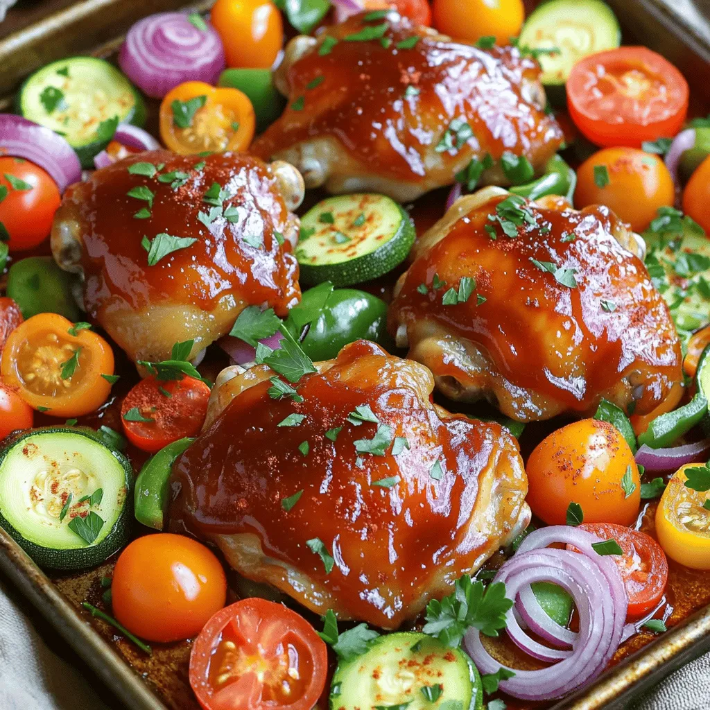 - 4 Hähnchenschenkel (mit Knochen und Haut) - 1 Tasse BBQ-Sauce (nach Wahl) - 2 mittelgroße Zucchini - 1 Paprika (rot oder gelb) - 1 Tasse Kirschtomaten - 1 rote Zwiebel - 2 Esslöffel Olivenöl - 1 Teelöffel Knoblauchpulver - 1 Teelöffel geräuchertes Paprikapulver - Salz und Pfeffer - Frische Petersilie, gehackt Die Auswahl der Zutaten ist wichtig. Ich empfehle, frische Produkte zu verwenden. Die Zucchini und Paprika bringen Farbe und Geschmack. Kirschtomaten fügen eine süße Note hinzu. Rote Zwiebeln geben einen tollen Kontrast. Hähnchenschenkel sind perfekt, da sie saftig bleiben und viel Geschmack haben. Die BBQ-Sauce ist der Star. Wählen Sie eine, die Ihnen gefällt. Ob süß oder rauchig, es gibt viele Optionen. Olivenöl hilft, das Gemüse zu rösten und sorgt für eine gute Textur. Die Gewürze sind einfach, aber sie machen einen großen Unterschied. Sie können die Garnierung mit frischer Petersilie anpassen. Sie fügt nicht nur Farbe hinzu, sondern auch Frische. Probieren Sie verschiedene Kräuter, um Ihren eigenen Stil zu finden. Wenn Sie mehr über die Zubereitung erfahren möchten, schauen Sie sich das [Full Recipe] an. Es ist leicht und macht Spaß! - Beginne mit 4 Hähnchenschenkeln. Nimm die BBQ-Sauce und lege die Hähnchenschenkel in eine große Schüssel. - Mische die Hähnchenschenkel mit der Sauce, bis sie gut bedeckt sind. Lass sie marinieren, während du das Gemüse vorbereitest. - Heize den Ofen auf 220°C (425°F) vor. So wird das Hähnchen gleichmäßig gar. - Nimm 2 mittelgroße Zucchini und schneide sie in Scheiben. - Schneide eine Paprika in Streifen. Verwende rot oder gelb, je nach Vorliebe. - Nimm 1 Tasse Kirschtomaten und eine rote Zwiebel. Schneide die Zwiebel in Spalten. - Gib das Gemüse in eine große Schüssel. Beträufle es mit 2 Esslöffeln Olivenöl. - Füge 1 Teelöffel Knoblauchpulver, 1 Teelöffel geräuchertes Paprikapulver, Salz und Pfeffer hinzu. - Mische das Gemüse gut. So verteilt sich der Geschmack gleichmäßig. - Nimm ein großes Backblech. Arrangiere das Gemüse gleichmäßig darauf. - Schiebe das Gemüse an den Rand, um Platz für das Hähnchen zu schaffen. - Lege die marinierten Hähnchenschenkel in die Mitte des Blechs. - Gieße die restliche BBQ-Sauce über das Hähnchen. - Backe alles im Ofen für 25-30 Minuten. Das Hähnchen sollte eine Innentemperatur von 75°C (165°F) erreichen. - Für extra Knusprigkeit wechsle in den Grillmodus für die letzten 3-5 Minuten. - Achte genau darauf, damit nichts anbrennt. Das ist die einfache Schritt-für-Schritt-Anleitung für dein köstliches Gericht. Verwende das Full Recipe für mehr Details und genieß das Essen! - Marinierzeit für mehr Geschmack: Marinieren Sie die Hähnchenschenkel mindestens 30 Minuten. Je länger sie marinieren, desto besser wird der Geschmack. Sie können sie auch über Nacht in den Kühlschrank stellen. So nehmen sie die BBQ-Sauce richtig auf. - BBQ-Saucenvariationen ausprobieren: Wechseln Sie zwischen verschiedenen BBQ-Saucen. Jede Sauce bringt ihren eigenen Geschmack. Probieren Sie süße, rauchige oder scharfe Saucen aus. So bleibt Ihr Gericht spannend und neu. - Auf Innentemperatur des Hähnchens achten: Der Schlüssel zu gutem Hähnchen ist die richtige Temperatur. Die Innentemperatur sollte 75°C erreichen. Verwenden Sie ein Fleischthermometer, um sicherzugehen. So wird das Fleisch saftig und gar. - Grillmodus für extra Knusprigkeit: Nutzen Sie den Grillmodus Ihres Ofens. Nach dem Backen für 3-5 Minuten auf Grillmodus stellen. Das gibt dem Hähnchen eine knusprige Haut. Achten Sie darauf, dass es nicht anbrennt. - Vorbereitungs- und Gesamtzeit optimal nutzen: Planen Sie Ihre Zeit gut. Die Vorbereitungszeit beträgt nur 15 Minuten. Die Gesamtzeit für das Gericht liegt bei 40-45 Minuten. Nutzen Sie die Wartezeit beim Backen für das Aufräumen. So bleibt Ihre Küche sauber und ordentlich. Für das vollständige Rezept schauen Sie sich das [Full Recipe] an. {{image_4}} Du kannst viele verschiedene Gemüsesorten verwenden. Saisonales Gemüse bringt frische Aromen. Zum Beispiel sind Süßkartoffeln im Herbst perfekt. Verwende auch Gemüse mit verschiedenen Farben. Bunte Paprika oder lila Auberginen sorgen für einen schönen Anblick. Die Vielfalt macht das Gericht nicht nur lecker, sondern auch ansprechend. Variiere die Proteinquelle, um Abwechslung zu schaffen. Du kannst Hähnchen durch Schweinefleisch oder Rind ersetzen. Auch Geflügel wie Pute passt gut zu diesem Gericht. Wenn du eine vegetarische Option suchst, probiere Tofu. Tofu nimmt die Aromen gut auf und wird schön knusprig. Marinieren ist hier der Schlüssel. Die Barbecue-Sauce ist der Star, aber du kannst sie anpassen. Probiere verschiedene Geschmäcker aus. Eine rauchige Sauce gibt dem Gericht Tiefe. Wenn du es schärfer magst, füge Chili-Pulver oder scharfe Sauce hinzu. So kannst du dein Gericht nach deinen Vorlieben gestalten. Variiere die Gewürze, um immer wieder neue Geschmäcker zu entdecken. - Kühlschrank: Gereichtes BBQ-Hähnchen und Gemüse halten sich bis zu 3 Tage im Kühlschrank. Stelle sicher, dass du sie in einem luftdichten Behälter aufbewahrst. - Gefrieroptionen: Du kannst die Reste auch einfrieren. Verwende einen gefrierfesten Behälter. So bleibt das Gericht bis zu 3 Monate frisch. - Beste Methoden zum Aufwärmen: Der beste Weg, um dein Gericht aufzuwärmen, ist im Ofen. Stelle den Ofen auf 180°C (350°F) ein und backe es für 15 bis 20 Minuten. Das sorgt für gleichmäßige Wärme. - Vermeidung von Austrocknen: Decke das Hähnchen mit Alufolie ab. Das hält die Feuchtigkeit und verhindert, dass das Fleisch trocken wird. - Tipps zur Identifikation von Verderb: Achte auf Geruch und Aussehen. Wenn das Hähnchen schlecht riecht oder eine glitschige Textur hat, entsorge es. Verfärbungen sind ebenfalls ein Zeichen, dass das Essen nicht mehr gut ist. Ideal ist eine Marinierzeit von mindestens 30 Minuten. Das gibt der BBQ-Sauce Zeit, in das Hähnchen einzuziehen. Wenn du mehr Zeit hast, kannst du es auch länger marinieren. So wird das Fleisch noch zarter und geschmackvoller. Ja, die Zutaten können leicht skaliert werden. Du kannst mehr Hähnchenschenkel und Gemüse hinzufügen. Achte darauf, dass das Backblech genug Platz hat. Wenn du eine große Gruppe hast, bereite vielleicht zwei Bleche vor. So bleibt alles gleichmäßig gegart. Mit frisch gehackter Petersilie für Farbe und Geschmack. Die grüne Farbe sieht schön aus und bringt Frische ins Gericht. Du kannst die Petersilie kurz vor dem Servieren darüberstreuen. So bleibt sie knackig und leuchtend. Dieses Rezept bringt Hähnchen und Gemüse zusammen in einem einfachen Gericht. Die Auswahl an Zutaten, wie Hähnchenschenkel und frischen Zucchini, macht es lecker. Die Tipps helfen dir, perfekte Aromen und die richtige Konsistenz zu erreichen. Vergiss nicht, dass Variationen dem Gericht einen neuen Twist geben können. Wenn du die Aufbewahrung richtig machst, bleibt dein Essen frisch. Probier dieses Rezept aus und genieße jeden Bissen!