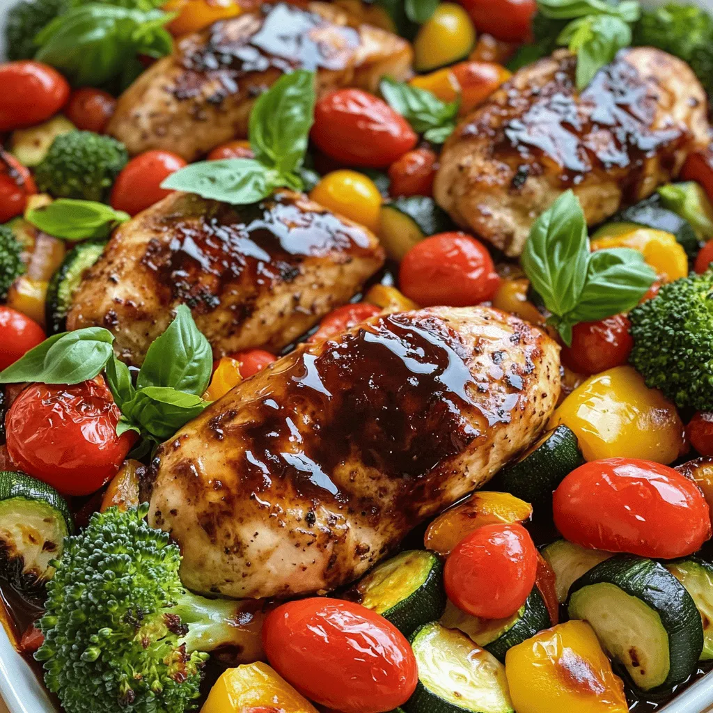 Für dieses Gericht benötigst du: - 4 Hähnchenbrustfilets, ohne Haut und Knochen - 120 ml Balsamico-Essig - 2 Esslöffel Honig - 3 Esslöffel Olivenöl, geteilt - 1 Teelöffel Knoblauchpulver - 1 Teelöffel getrocknete italienische Kräuter (Oregano, Thymian, Basilikum) - Salz und Pfeffer nach Geschmack Diese Zutaten geben dem Hähnchen eine tolle Glasur und viel Geschmack. Das Gemüse macht das Gericht bunt und gesund. Du brauchst: - 1 rote Paprika, in Streifen geschnitten - 1 gelbe Paprika, in Streifen geschnitten - 1 Zucchini, in Scheiben geschnitten - 1 Tasse Brokkoliröschen - 1 Tasse Cherrytomaten, halbiert Diese Auswahl sorgt für frische Aromen und eine schöne Präsentation. Du kannst das Rezept leicht anpassen. Einige Alternativen sind: - Verwende Hähnchenkeulen statt Brustfilets für mehr Geschmack. - Nimm saisonales Gemüse wie Spargel oder Karotten. - Ersetze Balsamico-Essig durch Apfelessig, wenn du einen milderen Geschmack magst. So kannst du das Gericht nach deinem Geschmack gestalten. Schau dir auch das [Full Recipe](#) an, um alle Details zu erfahren. Beginne mit der Marinade. Nimm eine mittelgroße Schüssel. Mische den Balsamico-Essig, Honig, 1 Esslöffel Olivenöl, Knoblauchpulver, italienische Kräuter, Salz und Pfeffer. Rühre alles gut um. Füge die Hähnchenbrustfilets hinzu. Reibe sie gründlich mit der Marinade ein. Lass das Hähnchen mindestens 30 Minuten marinieren, besser im Kühlschrank. Das macht das Hähnchen zart und voller Geschmack. Heize den Ofen auf 200°C vor. Nimm eine große Schüssel. Vermenge die geschnittenen Paprikas, Zucchini, Brokkoli und Cherrytomaten. Träufle die restlichen 2 Esslöffel Olivenöl darüber. Würze das Gemüse mit Salz und Pfeffer. Mische alles gut, damit das Gemüse gleichmäßig gewürzt ist. Verteile die Mischung auf ein Backblech mit Backpapier. Röste das Gemüse für etwa 20 Minuten. Rühre es nach 10 Minuten um, damit es gleichmäßig gar wird. Erhitze eine große Pfanne bei mittlerer bis hoher Hitze. Nimm das Hähnchen aus der Marinade und lasse überschüssige Marinade abtropfen. Lege die Hähnchenbrust in die heiße Pfanne. Brate sie für etwa 5-7 Minuten auf jeder Seite. Das Hähnchen sollte durchgegart sein und die Säfte klar austreten. In den letzten Minuten gieße die verbleibende Marinade in die Pfanne. Lass sie kurz köcheln, bis sie eindickt. So wird das Hähnchen schön glasiert. Um eine tolle Marinade zu machen, mische frischen Balsamico-Essig mit Honig. Der Honig gibt Süße und hilft, das Hähnchen zart zu machen. Füge auch Knoblauchpulver und italienische Kräuter hinzu. Diese geben dem Hähnchen viel Geschmack. Lass das Hähnchen mindestens 30 Minuten marinieren. Am besten ist es, es über Nacht im Kühlschrank zu lassen. So wird das Hähnchen besonders lecker. Du kannst das Rezept leicht anpassen. Probiere verschiedene Gemüsesorten wie Karotten oder Auberginen. Auch Zwiebeln geben guten Geschmack. Für einen schärferen Kick füge etwas Chili hinzu. Wenn du kein Balsamico magst, kannst du auch Apfelessig verwenden. Das gibt dem Gericht eine andere Note. Sei kreativ und finde deine Lieblingskombination. Das Hähnchen kann in der Pfanne oder im Ofen zubereitet werden. In der Pfanne brät es schnell und wird schön knusprig. Achte darauf, die Pfanne gut vorzuheizen. Im Ofen wird das Hähnchen gleichmäßig gar. Es wird saftig und das Gemüse wird zart. Wähle die Methode, die dir besser gefällt. Beides schmeckt toll! Du findest das vollständige Rezept [hier](#). {{image_4}} Wenn du eine fleischlose Variante magst, probiere Tofu. Tofu nimmt Aromen gut auf. Schneide den Tofu in Würfel und mariniere ihn wie das Hähnchen. Braise ihn in der Pfanne bis er goldbraun ist. Dies gibt dir einen tollen Geschmack und eine gute Textur. Du kannst verschiedene Gemüsesorten verwenden. Brokkoli, Karotten oder grüne Bohnen passen gut. Mische die Gemüsesorten, die du magst. Jedes Gemüse hat seinen eigenen Geschmack. So wird dein Gericht noch bunter und leckerer. Das Hähnchen schmeckt prima über Reis oder Quinoa. Diese Beilagen nehmen die Soße gut auf. Sie machen das Gericht noch sättigender. Du kannst auch einen Salat dazu servieren. Das sorgt für einen frischen Kontrast. Wenn du mehr Details und Tipps suchst, schau dir die [Full Recipe] an. Du kannst die Reste von deinem Balsamico-Glasierten Hähnchen mit Gemüse einfach im Kühlschrank lagern. Stelle sicher, dass das Hähnchen und das Gemüse in einem luftdichten Behälter sind. Sie bleiben dort etwa 3 bis 4 Tage frisch. Wenn du länger aufbewahren möchtest, friere die Reste ein. Teile das Hähnchen und das Gemüse in Portionen auf. Verwende gefrierfreundliche Beutel oder Behälter. So bleibt die Qualität bis zu 3 Monate erhalten. Achte darauf, die Luft gut herauszudrücken, um Gefrierbrand zu vermeiden. Um die Reste aufzuwärmen, nutze den Ofen oder die Mikrowelle. Im Ofen erwärmst du das Gericht bei 180 °C für etwa 15 Minuten. In der Mikrowelle reicht es, die Reste 2 bis 3 Minuten bei mittlerer Hitze zu erwärmen. So bleiben die Aromen und die Textur gut. Das Hähnchen sollte mindestens 30 Minuten marinieren. Ich empfehle, es über Nacht im Kühlschrank zu lassen. So zieht der Balsamico-Essig besser ein. Das macht das Hähnchen zart und voller Geschmack. Wenn du es eilig hast, sind 30 Minuten auch in Ordnung. Ja, du kannst andere Essigsorten ausprobieren. Apfelessig oder Rotweinessig sind gute Alternativen. Sie geben dem Hähnchen einen anderen, aber leckeren Geschmack. Experimentiere ruhig, um deinen Lieblingsgeschmack zu finden. Achte darauf, die Menge der Marinade anzupassen, wenn du einen anderen Essig nimmst. Zu Balsamico-Hähnchen passen viele Beilagen gut. Reis oder Quinoa sind eine tolle Wahl. Auch ein frischer Salat macht das Essen leicht und lecker. Geröstetes Gemüse, wie in diesem Rezept, ergänzt den Geschmack wunderbar. Probiere auch knuspriges Brot für eine extra Textur. Zusammenfassend haben wir die Hauptzutaten für das Balsamico-Glasierte Hähnchen besprochen. Ich zeigte dir, wie du das Hähnchen marinierst, das Gemüse vorbereitest und das Gericht perfekt zubereitest. Tipps zur Marinade und Anpassungen runden das Rezept ab. Du hast auch vegetarische Varianten und Aufbewahrungsinfos kennengelernt. Experimentiere mit verschiedenen Zutaten und finde deinen eigenen Geschmack. Mit diesen Anleitungen bereitest du ein leckeres Gericht, das einfach und vielseitig ist.