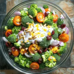 Für meinen klassischen Brokkolisalat benötigst du: - 4 Tassen frische Brokkoliröschen - 1 Tasse Kirschtomaten, halbiert - 1/2 Tasse rote Zwiebel, fein gehackt - 1/2 Tasse getrocknete Cranberries - 1/2 Tasse Sonnenblumenkerne - 1/2 Tasse geriebener scharfer Cheddar-Käse - 1/2 Tasse griechischer Joghurt - 2 Esslöffel Apfelessig - 1 Esslöffel Honig - Salz und Pfeffer nach Geschmack Diese Zutaten sorgen für eine bunte, gesunde Mischung. Der Brokkoli ist der Hauptdarsteller und bietet viel Vitamin C. Wenn du frische Zutaten auswählst, achte auf: - Brokkoli: Wähle Röschen, die fest und grün sind. Vermeide gelbe oder verwelkte Teile. - Kirschtomaten: Sie sollten prall und glänzend sein. - Rote Zwiebeln: Achte darauf, dass sie fest sind und keine dunklen Stellen haben. - Cranberries: Diese sollten dunkelrot und trocken sein, ohne Klumpen. - Cheddar-Käse: Nimm den scharfen, frisch geriebenen für den besten Geschmack. Frische Zutaten machen den Salat lebendiger und gesünder. Falls du Allergien hast, hier sind einige Alternativen: - Käse: Verwende einen veganen Käse oder lasse ihn ganz weg. - Joghurt: Nutze einen pflanzlichen Joghurt, wenn du laktoseintolerant bist. - Nüsse: Ersetze Sonnenblumenkerne durch Kürbiskerne oder lasse sie weg. - Honig: Verwende Agavensirup für eine vegane Option. Mit diesen Alternativen bleibt der Salat lecker und gesund. Du kannst die Zutaten nach deinem Geschmack anpassen. Zuerst bereiten Sie den Brokkoli vor. Nehmen Sie 4 Tassen frische Brokkoliröschen. Kochen Sie einen großen Topf mit Wasser. Fügen Sie die Röschen hinzu und lassen Sie sie 2-3 Minuten kochen. Achten Sie darauf, dass sie leuchtend grün werden. Gießen Sie das Wasser ab und tauchen Sie den Brokkoli sofort in Eiswasser. Dies stoppt den Garprozess. Lassen Sie ihn dann gut abtropfen und tupfen Sie ihn trocken. Jetzt ist es Zeit, die Zutaten zu vermischen. In einer großen Rührschüssel kombinieren Sie den blanchierten Brokkoli. Fügen Sie 1 Tasse halbierte Kirschtomaten, 1/2 Tasse fein gehackte rote Zwiebel und 1/2 Tasse getrocknete Cranberries hinzu. Dann kommen 1/2 Tasse Sonnenblumenkerne und 1/2 Tasse geriebener scharfer Cheddar-Käse dazu. Mischen Sie alles vorsichtig, damit die Zutaten gut verteilt sind. Jetzt bereiten wir das Dressing zu. Nehmen Sie eine kleine Schüssel und geben Sie 1/2 Tasse griechischen Joghurt, 2 Esslöffel Apfelessig und 1 Esslöffel Honig hinein. Würzen Sie mit Salz und Pfeffer nach Geschmack. Verquirlen Sie die Mischung gut, bis sie glatt ist. Gießen Sie das Dressing über die Brokkolisalat-Mischung. Vermengen Sie alles vorsichtig, bis alle Zutaten gut bedeckt sind. - Vollständiges Rezept: Brokkoli Glücks-Salat Servieren Sie den Salat in einer großen Glas-Schüssel. Garnieren Sie ihn mit Sonnenblumenkerne und Cranberries oben drauf. So sieht der Salat frisch und einladend aus! Wenn du den Brokkoli Glücks-Salat zubereitest, kannst du den Geschmack ganz leicht anpassen. Füge mehr Honig hinzu, wenn du es süßer magst. Ein Spritzer Zitronensaft bringt Frische. Möchtest du etwas Schärfe? Verwende rote Peperoni oder scharfen Senf im Dressing. Probiere, verschiedene Käsesorten wie Feta oder Gouda zu verwenden. Diese Käse geben dem Salat eine neue Note. Die Konsistenz macht den Salat besonders lecker. Achte darauf, die Brokkoliröschen nicht zu lange zu blanchieren. Zwei bis drei Minuten sind genug. So bleiben sie knackig. Lass die Röschen gut abtropfen und tupfe sie trocken. Zu viel Wasser kann das Dressing verwässern. Eine cremige Konsistenz erreichst du mit ausreichend griechischem Joghurt im Dressing. Effiziente Vorbereitung spart Zeit. Bereite zuerst alle Zutaten vor. Blanchiere den Brokkoli und lasse ihn abkühlen. Während der Brokkoli abkühlt, kannst du die anderen Zutaten schneiden. Halbiere die Kirschtomaten und hacke die Zwiebeln. Mische die trockenen Zutaten in einer großen Schüssel. So hast du alles bereit, bevor du das Dressing machst. Wenn du die Schritte in dieser Reihenfolge machst, bleibt alles frisch und lecker. {{image_4}} Es gibt viele Möglichkeiten, den klassischen Brokkoli-Salat zu variieren. Zum Beispiel, füge gewürfelte Äpfel oder Mandarinen für eine süße Note hinzu. Manche Leute verwenden auch Speck, um einen rauchigen Geschmack zu erreichen. Du kannst auch Feta-Käse anstelle von Cheddar probieren. Diese Abwandlungen machen den Salat spannend. Wenn du auf Fleisch oder Milchprodukte verzichten möchtest, gibt es tolle Alternativen. Verwende anstelle von Joghurt eine vegane Mayonnaise oder einen pflanzlichen Joghurt. Für den Käse kannst du Hefeflocken nutzen, die einen käsigen Geschmack bieten. Diese Optionen bleiben lecker und frisch. Saisonale Zutaten bringen frischen Wind in deinen Salat. Im Frühling kannst du Erbsen oder Radieschen hinzufügen. Im Sommer sind frische Beeren eine großartige Wahl. Im Herbst passen geröstete Kürbiswürfel gut dazu. Im Winter sind geriebene Karotten oder Rüben eine schöne Ergänzung. Diese saisonalen Zutaten machen jeden Biss besonders. Um den Brokkoli Glücks-Salat frisch zu halten, bewahre ihn in einem luftdichten Behälter auf. Achte darauf, dass der Behälter sauber und trocken ist. So bleibt der Salat knackig und die Aromen bleiben erhalten. Du kannst auch die Zutaten einzeln lagern. Das verhindert, dass sie matschig werden. Im Kühlschrank bleibt der Brokkolisalat etwa 3 bis 5 Tage frisch. Stelle sicher, dass du den Salat gut verschließt. Nach ein paar Tagen kann der Salat etwas an Crunch verlieren. Überprüfe die Zutaten regelmäßig. Wenn etwas nicht mehr frisch aussieht, solltest du es sofort entfernen. Du kannst Reste kreativ nutzen! Mische den Salat mit gekochtem Hähnchen oder Tofu für eine neue Mahlzeit. Er passt auch gut in Wraps oder Sandwiches. Mache eine leckere Quiche, indem du die Salatzutaten hinzufügst. So vermeidest du Lebensmittelverschwendung und genießt neue Gerichte. Du kannst den Brokkolisalat bis zu drei Tage im Kühlschrank aufbewahren. Achte darauf, ihn in einem luftdichten Behälter zu lagern. Das hilft, die Frische zu bewahren. Nach ein paar Tagen könnte der Brokkoli weich werden. Frische ist wichtig für den besten Geschmack. Ja, du kannst das Dressing im Voraus machen. Lagere es in einem kleinen Behälter im Kühlschrank. Es hält sich dort etwa eine Woche. Wenn du bereit bist, deinen Salat zu genießen, mische das Dressing einfach mit den anderen Zutaten. So sparst du Zeit. Ja, der Brokkolisalat ist sehr gesund! Brokkoli ist reich an Vitaminen und Mineralstoffen. Er enthält viel Vitamin C und K. Die Kirschtomaten fügen Antioxidantien hinzu. Sonnenblumenkerne sind eine gute Quelle für gesunde Fette. Diese Zutaten machen den Salat nährstoffreich und lecker. Du hast nun alle wichtigen Schritte für den perfekten Brokkoli Glücks-Salat. Vom Einkauf frischer Zutaten bis zur Aufbewahrung – ich habe dir alles erklärt. Denke daran, die Zutaten nach deinem Geschmack anzupassen. Experimentiere mit Variationen, um neue Aromen zu entdecken. Diese Tipps helfen dir, Zeit zu sparen und mehr Spaß beim Kochen zu haben. Mit diesen Ratschlägen kannst du einen leckeren und gesunden Salat genießen, der lange frisch bleibt. Viel Erfolg beim Zubereiten deines Salats!