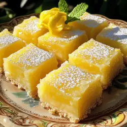 Für die perfekten Lemon Bars benötigst du folgende Zutaten: - 1 Tasse Weizenmehl - 1/4 Tasse Puderzucker (plus extra zum Bestäuben) - 1/2 Tasse ungesalzene Butter, weich - 2 große Eier - 1 Tasse Zucker - 1/4 Tasse frischer Zitronensaft (ca. 2 Zitronen) - Schale von 1 Zitrone - 1/2 Teelöffel Backpulver - 1/4 Teelöffel Salz Diese Zutaten geben den Lemon Bars ihren frischen und leckeren Geschmack. Falls du einige Zutaten nicht hast, gibt es gute Alternativen: - Anstelle von Weizenmehl kannst du Mandelmehl verwenden. - Kokoszucker eignet sich gut als Ersatz für normalen Zucker. - Verwende Margarine statt Butter für eine milchfreie Option. - Für den Zitronensaft kannst du Limettensaft verwenden, um einen anderen Geschmack zu erzielen. Diese Ersatzstoffe helfen, die Bars an deine Vorlieben anzupassen. Wähle frische, reife Zitronen für den besten Geschmack. Hier einige Tipps: - Achte auf eine dicke Schale, sie hat mehr Saft. - Die Zitronen sollten fest sein, aber leicht nachgeben. - Duftende Zitronen sind oft frischer und aromatischer. Frische Zitronen sorgen für eine lebendige Säure und einen tollen Geschmack. Für das beste Ergebnis, verwende die besten Zutaten. Du findest das vollständige Rezept in der [Full Recipe]. Heize zuerst den Ofen auf 175 °C vor. Fette eine 20x20 cm Backform mit Butter ein. Alternativ kannst du die Form mit Backpapier auslegen. So lässt sich der Kuchen später leichter herausnehmen. In einer großen Schüssel kombiniere das Weizenmehl und 1/4 Tasse Puderzucker. Füge die weiche Butter hinzu. Mische alles, bis die Masse krümelig aussieht. Drücke diese Mischung gleichmäßig in die Backform. Backe den Boden 15 bis 20 Minuten lang. Die Ränder sollten leicht goldbraun sein. Lass die Kruste dann etwas abkühlen. In einer anderen Schüssel verquirle die Eier mit dem Zucker. Füge den frischen Zitronensaft, die Zitronenschale, das Backpulver und das Salz hinzu. Mische alles gut, bis die Masse glatt ist. Gieße die Zitronenmischung über den vorgebackenen Boden. Backe alles für weitere 20 bis 25 Minuten. Die Zitronenschicht sollte fest und die Oberseite leicht goldbraun sein. Lass alles in der Form auf einem Drahtgitter abkühlen. Bestäube die Riegel vor dem Servieren mit Puderzucker. Für das gesamte Rezept sieh dir die [Full Recipe] an. Um die besten Zitronenriegel zu machen, nutze frische Zitronen. Frischer Saft gibt einen tollen Geschmack. Achte darauf, die Eier gut zu verquirlen. Das macht die Füllung schön glatt. Die Backzeit ist wichtig. Überbacke die Riegel nicht, sonst werden sie trocken. Lass die Riegel nach dem Backen gut auskühlen. Das hilft, die perfekte Konsistenz zu erreichen. Ein häufiger Fehler ist die falsche Temperatur. Stelle sicher, dass der Ofen gut vorgeheizt ist. Wenn du die Kruste nicht lange genug backst, wird sie nicht knusprig. Zu viel oder zu wenig Zucker kann den Geschmack verändern. Verwende die genauen Mengen aus dem Rezept. Wenn du die Riegel nicht abkühlen lässt, brechen sie leicht. Es ist wichtig, Geduld zu haben. Serviere die Zitronenriegel auf einer schönen Platte. Ein wenig Puderzucker oben drauf macht sie ansprechend. Du kannst sie mit frischen Minzblättern oder Zitronenzesten dekorieren. Das bringt Farbe und frischen Geschmack. Diese Riegel passen gut zu Tee oder Kaffee. Für einen besonderen Anlass kannst du sie mit Sahne servieren. Das ist ein echter Genuss! {{image_4}} Wenn Sie Abwechslung mögen, probieren Sie andere Früchte. Himbeeren, Blaubeeren oder Erdbeeren sind tolle Optionen. Mischen Sie die Fruchtpüree in die Zitronenmischung. Für ein fruchtigeres Erlebnis fügen Sie mehr Frucht hinzu. Achten Sie darauf, die Menge des Zuckers entsprechend anzupassen. So bleibt das Gleichgewicht der Aromen erhalten. Diese Variationen bringen frische Farben auf den Tisch und machen die Riegel spannend. Für eine glutenfreie Version verwenden Sie Mandelmehl oder Kokosmehl. Diese Mehle geben den Riegeln eine schöne Textur. Achten Sie darauf, die anderen Zutaten anzupassen. Zum Beispiel kann mehr oder weniger Flüssigkeit nötig sein. Fügen Sie beim Backen etwas mehr Zeit hinzu, um sicherzustellen, dass die Riegel gut durchgebacken sind. Glutenfreie Varianten schmecken trotzdem köstlich und sind für viele geeignet. Um die Riegel vegan zu machen, ersetzen Sie die Eier durch Apfelmus oder Leinsamen. Verwenden Sie in der gleichen Menge die pflanzlichen Alternativen. Für die Butter können Sie Kokosöl oder vegane Margarine verwenden. Diese Zutaten sorgen für eine ähnliche Konsistenz. Achten Sie darauf, pflanzlichen Joghurt für die cremige Textur hinzuzufügen. Vegane Zitronenriegel sind ebenso frisch und lecker. Sie sind perfekt für alle, die Pflanzenkost bevorzugen. Zitronenriegel halten am besten, wenn Sie sie im Kühlschrank lagern. Sie sollten die Riegel in einem luftdichten Behälter aufbewahren. So bleiben sie frisch und lecker. Vermeiden Sie es, sie in der Nähe von stark riechenden Lebensmitteln zu lagern. Das könnte ihren Geschmack beeinträchtigen. Wenn Sie die Riegel richtig lagern, bleiben sie etwa eine Woche frisch. Nach einer Woche können sie an Geschmack und Textur verlieren. Es ist besser, sie so schnell wie möglich zu genießen. Wenn Sie sie länger aufbewahren müssen, können Sie sie einfrieren. So bleiben sie bis zu drei Monate gut. Um die Zitronenriegel aufzuwärmen, nehmen Sie sie aus dem Kühlschrank. Lassen Sie sie kurz bei Raumtemperatur stehen. Sie können sie dann in der Mikrowelle für etwa 10-15 Sekunden aufwärmen. Achten Sie darauf, sie nicht zu lange zu erhitzen. Dadurch könnten sie trocken werden. Genießen Sie sie warm oder kalt, je nach Vorliebe. Die Zitronenriegel bleiben frisch im Kühlschrank für etwa eine Woche. Sie sollten sie in einem luftdichten Behälter aufbewahren. So bleibt der Geschmack gut erhalten. Es ist wichtig, die Riegel gut abzudecken, damit sie nicht austrocknen. Ja, du kannst die Zitronenriegel einfrieren. Schneide sie in Stücke und lege sie in einen luftdichten Beutel. So bleiben sie bis zu drei Monate frisch. Wenn du sie essen möchtest, lasse sie einfach im Kühlschrank auftauen. Um die Süße anzupassen, kannst du weniger Zucker verwenden. Probiere, die Zuckermenge um ein Viertel zu reduzieren. Du kannst auch Honig oder Agavendicksaft verwenden. Achte darauf, die Zitronenmenge gleich zu halten, um den Geschmack zu bewahren. Wenn du die Süße erhöhst, probiere es mit Puderzucker. Du findest den perfekten Geschmack, der dir gefällt! Für das vollständige Rezept, schau dir das [Full Recipe] an. In diesem Artikel haben wir alles über Zitronenriegel behandelt: die besten Zutaten, Schritt-für-Schritt-Anleitungen und hilfreiche Tipps. Ich habe viele leckere Variationen und Lagerhinweise mit euch geteilt. Zu guter Letzt habe ich häufige Fragen beantwortet, die ihr euch sicher gestellt habt. Zitronenriegel sind einfach zu machen und schmecken fantastisch. Mit diesen Tipps schafft ihr ein perfektes Dessert. Viel Spaß beim Backen und Genießen!