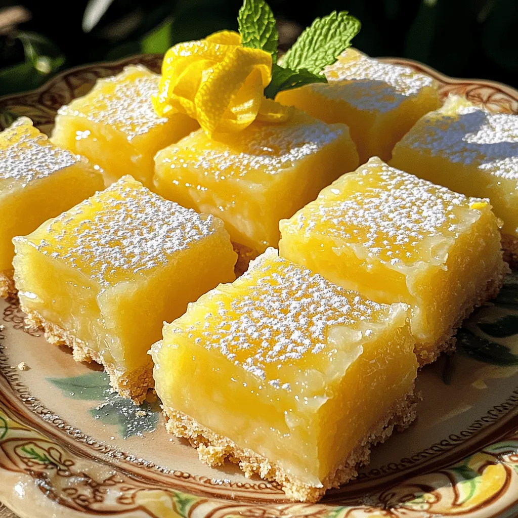 Für die perfekten Lemon Bars benötigst du folgende Zutaten: - 1 Tasse Weizenmehl - 1/4 Tasse Puderzucker (plus extra zum Bestäuben) - 1/2 Tasse ungesalzene Butter, weich - 2 große Eier - 1 Tasse Zucker - 1/4 Tasse frischer Zitronensaft (ca. 2 Zitronen) - Schale von 1 Zitrone - 1/2 Teelöffel Backpulver - 1/4 Teelöffel Salz Diese Zutaten geben den Lemon Bars ihren frischen und leckeren Geschmack. Falls du einige Zutaten nicht hast, gibt es gute Alternativen: - Anstelle von Weizenmehl kannst du Mandelmehl verwenden. - Kokoszucker eignet sich gut als Ersatz für normalen Zucker. - Verwende Margarine statt Butter für eine milchfreie Option. - Für den Zitronensaft kannst du Limettensaft verwenden, um einen anderen Geschmack zu erzielen. Diese Ersatzstoffe helfen, die Bars an deine Vorlieben anzupassen. Wähle frische, reife Zitronen für den besten Geschmack. Hier einige Tipps: - Achte auf eine dicke Schale, sie hat mehr Saft. - Die Zitronen sollten fest sein, aber leicht nachgeben. - Duftende Zitronen sind oft frischer und aromatischer. Frische Zitronen sorgen für eine lebendige Säure und einen tollen Geschmack. Für das beste Ergebnis, verwende die besten Zutaten. Du findest das vollständige Rezept in der [Full Recipe]. Heize zuerst den Ofen auf 175 °C vor. Fette eine 20x20 cm Backform mit Butter ein. Alternativ kannst du die Form mit Backpapier auslegen. So lässt sich der Kuchen später leichter herausnehmen. In einer großen Schüssel kombiniere das Weizenmehl und 1/4 Tasse Puderzucker. Füge die weiche Butter hinzu. Mische alles, bis die Masse krümelig aussieht. Drücke diese Mischung gleichmäßig in die Backform. Backe den Boden 15 bis 20 Minuten lang. Die Ränder sollten leicht goldbraun sein. Lass die Kruste dann etwas abkühlen. In einer anderen Schüssel verquirle die Eier mit dem Zucker. Füge den frischen Zitronensaft, die Zitronenschale, das Backpulver und das Salz hinzu. Mische alles gut, bis die Masse glatt ist. Gieße die Zitronenmischung über den vorgebackenen Boden. Backe alles für weitere 20 bis 25 Minuten. Die Zitronenschicht sollte fest und die Oberseite leicht goldbraun sein. Lass alles in der Form auf einem Drahtgitter abkühlen. Bestäube die Riegel vor dem Servieren mit Puderzucker. Für das gesamte Rezept sieh dir die [Full Recipe] an. Um die besten Zitronenriegel zu machen, nutze frische Zitronen. Frischer Saft gibt einen tollen Geschmack. Achte darauf, die Eier gut zu verquirlen. Das macht die Füllung schön glatt. Die Backzeit ist wichtig. Überbacke die Riegel nicht, sonst werden sie trocken. Lass die Riegel nach dem Backen gut auskühlen. Das hilft, die perfekte Konsistenz zu erreichen. Ein häufiger Fehler ist die falsche Temperatur. Stelle sicher, dass der Ofen gut vorgeheizt ist. Wenn du die Kruste nicht lange genug backst, wird sie nicht knusprig. Zu viel oder zu wenig Zucker kann den Geschmack verändern. Verwende die genauen Mengen aus dem Rezept. Wenn du die Riegel nicht abkühlen lässt, brechen sie leicht. Es ist wichtig, Geduld zu haben. Serviere die Zitronenriegel auf einer schönen Platte. Ein wenig Puderzucker oben drauf macht sie ansprechend. Du kannst sie mit frischen Minzblättern oder Zitronenzesten dekorieren. Das bringt Farbe und frischen Geschmack. Diese Riegel passen gut zu Tee oder Kaffee. Für einen besonderen Anlass kannst du sie mit Sahne servieren. Das ist ein echter Genuss! {{image_4}} Wenn Sie Abwechslung mögen, probieren Sie andere Früchte. Himbeeren, Blaubeeren oder Erdbeeren sind tolle Optionen. Mischen Sie die Fruchtpüree in die Zitronenmischung. Für ein fruchtigeres Erlebnis fügen Sie mehr Frucht hinzu. Achten Sie darauf, die Menge des Zuckers entsprechend anzupassen. So bleibt das Gleichgewicht der Aromen erhalten. Diese Variationen bringen frische Farben auf den Tisch und machen die Riegel spannend. Für eine glutenfreie Version verwenden Sie Mandelmehl oder Kokosmehl. Diese Mehle geben den Riegeln eine schöne Textur. Achten Sie darauf, die anderen Zutaten anzupassen. Zum Beispiel kann mehr oder weniger Flüssigkeit nötig sein. Fügen Sie beim Backen etwas mehr Zeit hinzu, um sicherzustellen, dass die Riegel gut durchgebacken sind. Glutenfreie Varianten schmecken trotzdem köstlich und sind für viele geeignet. Um die Riegel vegan zu machen, ersetzen Sie die Eier durch Apfelmus oder Leinsamen. Verwenden Sie in der gleichen Menge die pflanzlichen Alternativen. Für die Butter können Sie Kokosöl oder vegane Margarine verwenden. Diese Zutaten sorgen für eine ähnliche Konsistenz. Achten Sie darauf, pflanzlichen Joghurt für die cremige Textur hinzuzufügen. Vegane Zitronenriegel sind ebenso frisch und lecker. Sie sind perfekt für alle, die Pflanzenkost bevorzugen. Zitronenriegel halten am besten, wenn Sie sie im Kühlschrank lagern. Sie sollten die Riegel in einem luftdichten Behälter aufbewahren. So bleiben sie frisch und lecker. Vermeiden Sie es, sie in der Nähe von stark riechenden Lebensmitteln zu lagern. Das könnte ihren Geschmack beeinträchtigen. Wenn Sie die Riegel richtig lagern, bleiben sie etwa eine Woche frisch. Nach einer Woche können sie an Geschmack und Textur verlieren. Es ist besser, sie so schnell wie möglich zu genießen. Wenn Sie sie länger aufbewahren müssen, können Sie sie einfrieren. So bleiben sie bis zu drei Monate gut. Um die Zitronenriegel aufzuwärmen, nehmen Sie sie aus dem Kühlschrank. Lassen Sie sie kurz bei Raumtemperatur stehen. Sie können sie dann in der Mikrowelle für etwa 10-15 Sekunden aufwärmen. Achten Sie darauf, sie nicht zu lange zu erhitzen. Dadurch könnten sie trocken werden. Genießen Sie sie warm oder kalt, je nach Vorliebe. Die Zitronenriegel bleiben frisch im Kühlschrank für etwa eine Woche. Sie sollten sie in einem luftdichten Behälter aufbewahren. So bleibt der Geschmack gut erhalten. Es ist wichtig, die Riegel gut abzudecken, damit sie nicht austrocknen. Ja, du kannst die Zitronenriegel einfrieren. Schneide sie in Stücke und lege sie in einen luftdichten Beutel. So bleiben sie bis zu drei Monate frisch. Wenn du sie essen möchtest, lasse sie einfach im Kühlschrank auftauen. Um die Süße anzupassen, kannst du weniger Zucker verwenden. Probiere, die Zuckermenge um ein Viertel zu reduzieren. Du kannst auch Honig oder Agavendicksaft verwenden. Achte darauf, die Zitronenmenge gleich zu halten, um den Geschmack zu bewahren. Wenn du die Süße erhöhst, probiere es mit Puderzucker. Du findest den perfekten Geschmack, der dir gefällt! Für das vollständige Rezept, schau dir das [Full Recipe] an. In diesem Artikel haben wir alles über Zitronenriegel behandelt: die besten Zutaten, Schritt-für-Schritt-Anleitungen und hilfreiche Tipps. Ich habe viele leckere Variationen und Lagerhinweise mit euch geteilt. Zu guter Letzt habe ich häufige Fragen beantwortet, die ihr euch sicher gestellt habt. Zitronenriegel sind einfach zu machen und schmecken fantastisch. Mit diesen Tipps schafft ihr ein perfektes Dessert. Viel Spaß beim Backen und Genießen!