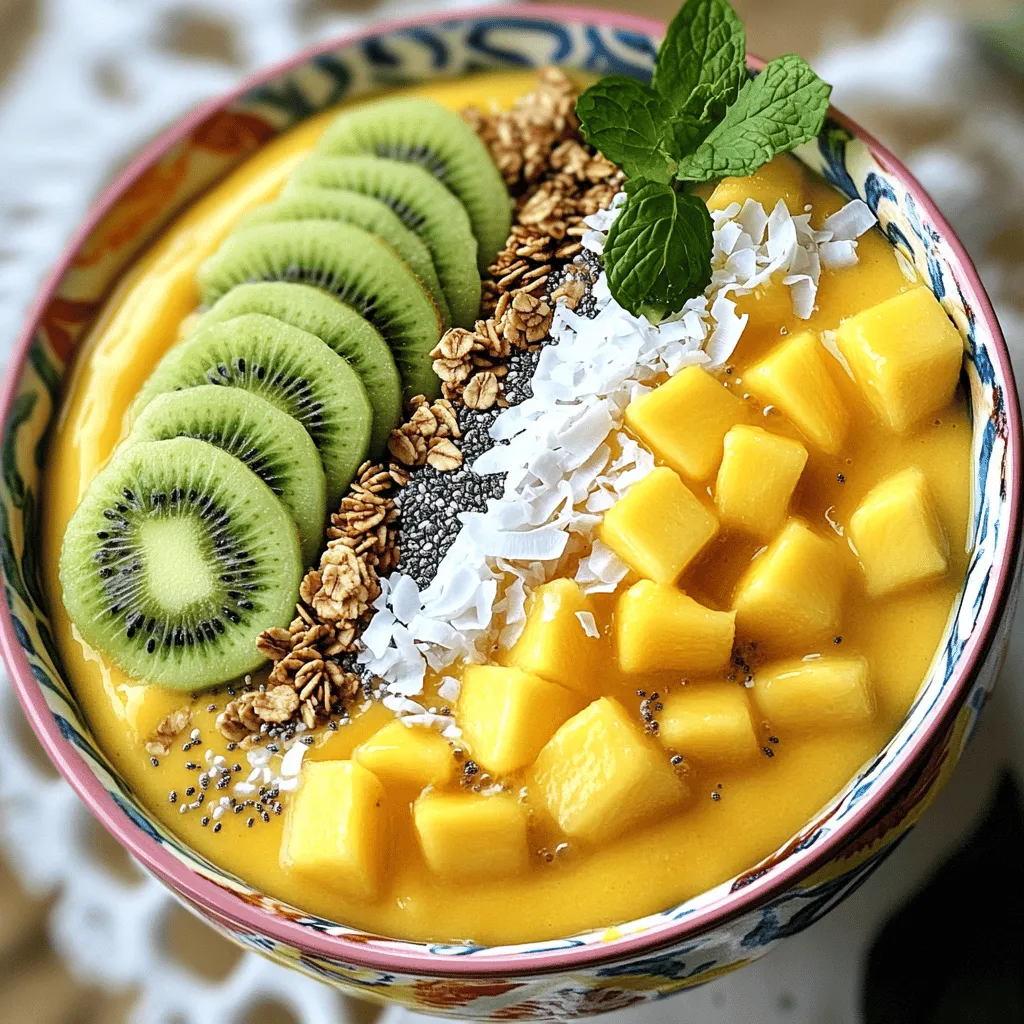 Für eine leckere tropische Mango-Smoothie-Bowl brauchen Sie: - 2 reife Mangos, gewürfelt - 1 Banane, in Scheiben geschnitten - 1 Tasse Kokosmilch (oder Mandelmilch) - 1/2 Tasse griechischer Joghurt (optional für zusätzliche Cremigkeit) - 1 Esslöffel Honig oder Ahornsirup (nach Geschmack anpassen) - 1/2 Teelöffel Vanilleextrakt Diese Zutaten bilden die Basis. Die süßen Mangos und die Banane machen die Bowl cremig und lecker. Die Kokosmilch bringt einen tropischen Geschmack. Wenn Sie eine extra cremige Textur wollen, fügen Sie griechischen Joghurt hinzu. Um Ihre Smoothie-Bowl noch cremiger zu machen, gibt es viele Optionen. Sie können zum Beispiel: - Eine halbe Avocado hinzufügen. - Ein wenig mehr griechischen Joghurt verwenden. - Eine Handvoll Haferflocken einmixen. Diese Zutaten helfen, die Bowl sämiger zu machen. Zudem bieten sie gesunde Fette und Ballaststoffe. Toppings machen Ihre Bowl nicht nur hübsch, sondern auch lecker. Einige meiner Favoriten sind: - In Scheiben geschnittene Kiwi - Granola für den Crunch - Geraspelte Kokosnuss - Chiasamen für die Gesundheit - Frische Minzblätter für den Farbklecks Die Wahl der Toppings ist ganz persönlich. Experimentieren Sie mit verschiedenen Texturen und Farben. Das macht jede Bowl einzigartig. Ich liebe es, die Bowl mit einer Mischung aus frischem Obst und knusprigen Elementen zu gestalten. Sie können auch die Full Recipe für mehr Details nutzen. Zuerst müssen wir die Zutaten bereitstellen. Nehmen Sie zwei reife Mangos und schneiden Sie sie in kleine Würfel. Diese frischen Mangos geben der Smoothie-Bowl ihren tollen Geschmack. Dann schneiden Sie eine Banane in Scheiben. Die Banane sorgt für eine süße Note. Stellen Sie auch eine Tasse Kokosmilch bereit. Sie macht die Mischung cremig und lecker. Wenn Sie möchten, fügen Sie eine halbe Tasse griechischen Joghurt hinzu. Er gibt der Bowl eine extra Portion Cremigkeit. Vergessen Sie auch nicht einen Esslöffel Honig oder Ahornsirup für die Süße. Ein halber Teelöffel Vanilleextrakt rundet den Geschmack ab. Jetzt ist es Zeit, alles in den Mixer zu geben. Geben Sie die Mangos, Bananenscheiben, Kokosmilch, Joghurt, Honig und Vanilleextrakt in den Mixer. Mixen Sie die Zutaten auf hoher Stufe. Achten Sie darauf, dass die Mischung wirklich glatt wird. Wenn sie zu dick ist, fügen Sie etwas mehr Kokosmilch hinzu. Prüfen Sie die Konsistenz, sie sollte cremig sein. Kosten Sie die Mischung und fügen Sie nach Bedarf mehr Süße hinzu. Gießen Sie die Mischung vorsichtig in eine Schüssel. Es sieht toll aus! Jetzt kommt der kreative Teil. Arrangieren Sie die Toppings schön auf der Oberfläche. Beginnen Sie mit den Kiwi-Scheiben. Dann fügen Sie Granola, geraspelte Kokosnuss und Chiasamen hinzu. Das gibt der Bowl eine knusprige Textur. Garnieren Sie alles mit frischen Minzblättern. Diese geben einen schönen Farbkontrast. Servieren Sie die Smoothie-Bowl in gekühlten Schalen. So bleibt alles frisch und lecker. Genießen Sie es mit einem kleinen Löffel! Der optimale Reifegrad der Mangos ist wichtig für den Geschmack. Reife Mangos sind weich, aber nicht matschig. Sie sollten eine schöne, goldgelbe Farbe haben. Der Duft ist ebenfalls ein Hinweis. Wenn sie süß riechen, sind sie bereit. Wenn die Schale grün ist, sind sie oft noch zu fest. Warten Sie einige Tage, um die Mangos reifen zu lassen. Die Süße ist entscheidend für Ihre Smoothie-Bowl. Sie können die Süße anpassen, indem Sie Honig oder Ahornsirup hinzufügen. Beginnen Sie mit einem Esslöffel. Rühren Sie gut um und probieren Sie dann. Wenn es nicht süß genug ist, fügen Sie mehr hinzu. Achten Sie darauf, dass die Mangos auch süß sind. Manchmal braucht man weniger Süße, wenn die Mangos reif sind. Die perfekte Konsistenz ist cremig und glatt. Mixen Sie die Zutaten gut, bis keine Klumpen mehr da sind. Wenn die Mischung zu dick ist, fügen Sie mehr Kokosmilch hinzu. Ein bisschen Flüssigkeit macht die Mischung leichter. Wenn sie zu flüssig wird, können Sie mehr gefrorene Banane oder Mango hinzufügen. So erreichen Sie die ideale Textur für Ihre Smoothie-Bowl. {{image_4}} Wenn du eine vegane Option suchst, ist Mandelmilch eine gute Wahl. Sie hat einen milden Geschmack. Du kannst auch Hafermilch verwenden, um die Bowl cremig zu machen. Diese Pflanzenmilch sorgt für einen tollen Geschmack. Du kannst sogar Cashewmilch probieren. Sie ist reichhaltig und verleiht einen nussigen Touch. Superfood-Pulver sind eine einfache Möglichkeit, Nährstoffe hinzuzufügen. Du kannst Chia-Samen oder Spirulina verwenden. Diese Optionen erhöhen den Nährwert. Ein Teelöffel von diesen Pulvern reicht aus. Sie lassen sich gut in die Mischung integrieren. Du kannst auch Proteinpulver hinzufügen, wenn du mehr Eiweiß benötigst. Es gibt viele Geschmacksrichtungen, die du ausprobieren kannst. Saisonale Früchte bringen Abwechslung in deine Smoothie-Bowl. Im Sommer sind Beeren eine tolle Wahl. Erdbeeren und Heidelbeeren machen die Bowl bunt. Im Herbst kannst du Äpfel oder Pfirsiche hinzufügen. Diese Früchte sind süß und saftig. Du kannst auch Zitrusfrüchte wie Orangen verwenden, um Frische zu bringen. Die Kombination aus verschiedenen Früchten macht das Essen spannend. Um die tropische Mango-Smoothie-Bowl frisch zu halten, bewahre sie in einem luftdichten Behälter auf. So bleibt sie bis zu zwei Tage lang gut. Das verhindert, dass sie oxidiert und ihre Farbe verliert. Stelle sicher, dass du die Schüssel in den Kühlschrank stellst. Kühle Temperaturen helfen, die Aromen zu bewahren. Die Zutaten sind der Schlüssel zu einem tollen Geschmack. Lagere Mangos und Bananen bei Raumtemperatur, bis sie reif sind. Nach dem Schneiden kannst du die Reste in einem Behälter im Kühlschrank aufbewahren. Kokosmilch und griechischer Joghurt sollten ebenfalls im Kühlschrank bleiben. Überprüfe das Verfallsdatum, um sicherzustellen, dass sie frisch sind. Du kannst die Smoothie-Bowl ganz einfach im Voraus vorbereiten. Schneide die Mangos und Bananen am Morgen oder sogar am Vorabend. Bewahre sie in einem luftdichten Behälter auf. So sparst du Zeit beim Zubereiten. Du kannst auch die Toppings wie Kiwi und Granola bereitstellen. Halte sie separat, damit sie frisch bleiben. Mit diesen Tipps genießt du deine köstliche Mango-Smoothie-Bowl immer frisch und lecker! Mangos sind nicht nur lecker, sie sind auch gesund. Sie sind reich an Vitaminen, vor allem Vitamin C. Dieses Vitamin stärkt das Immunsystem und fördert die Hautgesundheit. Mangos enthalten auch Ballaststoffe, die gut für die Verdauung sind. Ihr hoher Wassergehalt hilft, den Körper hydratisiert zu halten. Außerdem enthalten sie Antioxidantien, die Zellen schützen. Der Genuss von Mangos kann das Herz-Kreislauf-System unterstützen und Entzündungen reduzieren. Ja, du kannst die Smoothie-Bowl vorbereiten. Es ist einfach und spart Zeit. Bereite die Mischung aus Mangos, Banane und Kokosmilch vor. Gieße sie in eine Schüssel und decke sie ab. Du kannst sie im Kühlschrank aufbewahren. Die Bowl bleibt frisch für ein paar Stunden. Wenn du sie später isst, füge die Toppings hinzu. So bleibt die Textur knusprig und frisch. Um die Smoothie-Bowl cremig zu machen, nutze reife Früchte. Je reifer die Mangos, desto besser. Griechischer Joghurt macht die Bowl auch cremiger. Wenn die Mischung zu dick ist, füge mehr Kokosmilch hinzu. Mixe alles gut, bis es glatt ist. Verwende einen Hochgeschwindigkeitsmixer für die beste Konsistenz. So erhältst du eine samtige und leckere Mischung für deine Bowl. Im Blogbeitrag haben wir die Hauptzutaten für eine köstliche Mango-Smoothie-Bowl besprochen. Du hast gelernt, wie du die Zutaten vorbereitest, pürierst und anrichtest. Tipps zeigen, wie du die beste Konsistenz und den perfekten Geschmack erreichst. Denk daran, dass du mit veganen Optionen und Superfoods kreativ sein kannst. Wenn du die Bowl richtig lagerst, bleibt sie frisch. Experimentiere mit verschiedenen Früchten und genieße die Vorteile von Mangos. So machst du jede Smoothie-Bowl zu einem Hit. Viel Spaß beim Ausprobieren!