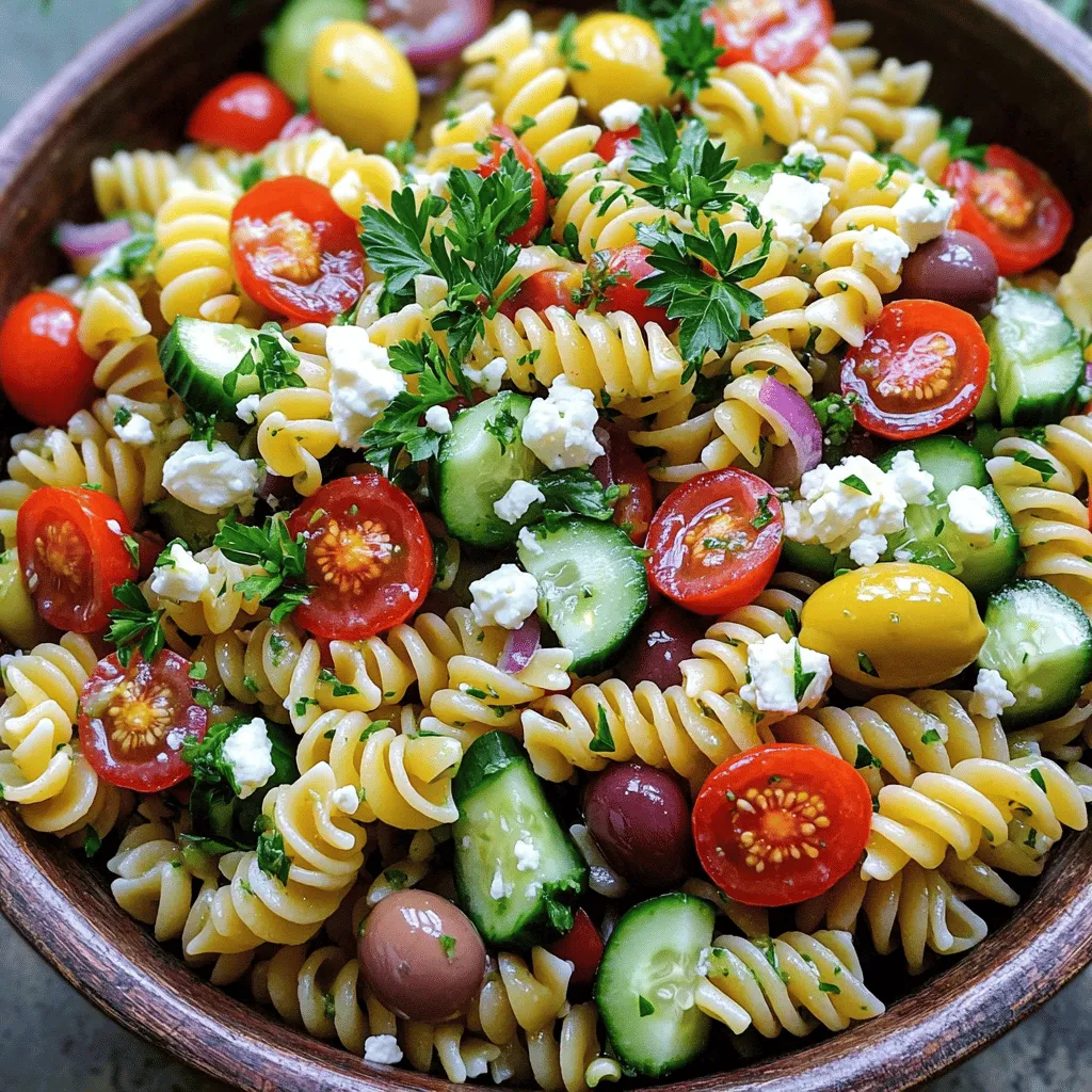 Für diesen einfachen griechischen Pasta-Salat benötigst du einige frische Zutaten. Hier sind die Hauptzutaten: - 225 g Fusilli-Pasta (ca. 8 oz) - 1 Tasse Kirschtomaten, halbiert - 1 Gurke, gewürfelt - 1/2 rote Zwiebel, fein gehackt - 1/2 Tasse Kalamata-Oliven, entkernt und halbiert - 1/2 Tasse Feta-Käse, zerbröckelt - 1/4 Tasse frische Petersilie, gehackt - 3 Esslöffel Olivenöl - 2 Esslöffel Zitronensaft - 1 Teelöffel getrockneter Oregano - Salz und Pfeffer nach Geschmack Jede Zutat bringt ihren eigenen Geschmack in den Salat. Die Pasta ist die Grundlage, während das Gemüse frisch und knackig ist. Feta und Oliven fügen salzige Aromen hinzu. Wenn du Zutaten auswählst, achte auf die Frische. Hier sind einige Tipps: - Tomaten: Wähle rote, pralle Kirschtomaten ohne Druckstellen. - Gurken: Achte auf feste Gurken mit glatter Haut. - Zwiebeln: Wähle Zwiebeln, die fest und schwer sind, ohne Schimmel. - Oliven: Kaufe entkernte Kalamata-Oliven für den besten Geschmack. - Feta: Frischer Feta hat einen cremigen Geschmack und eine bröckelige Textur. Frische Zutaten machen den Salat lebendig. Sie sorgen für einen knackigen Biss und einen vollen Geschmack. Du kannst einige Zutaten nach deinem Geschmack ersetzen. Hier sind einige Ideen: - Pasta: Verwende Penne oder Farfalle anstelle von Fusilli. - Gemüse: Ersetze Gurken durch Paprika oder Zucchini. - Käse: Nutze Ziegenkäse oder Mozzarella statt Feta. - Oliven: Grüne Oliven sind eine gute Alternative zu Kalamata-Oliven. - Kräuter: Frischer Dill oder Minze können Petersilie ersetzen. Diese Substitutionen geben deinem Salat einen neuen Twist. Experimentiere mit verschiedenen Kombinationen, um deinen perfekten Salat zu finden. Du kannst auch die [Full Recipe] für eine genaue Anleitung verwenden. Kochen Sie die Fusilli-Pasta in einem großen Topf. Verwenden Sie kochendes, gesalzenes Wasser. Folgen Sie den Anweisungen auf der Verpackung. Die Pasta sollte al dente sein. Nach dem Kochen, gießen Sie die Pasta ab. Rinse sie unter kaltem Wasser. Das stoppt den Garprozess. Lassen Sie die Pasta abkühlen und beiseite stehen. Nehmen Sie eine große Schüssel. Geben Sie die halbierten Kirschtomaten hinein. Fügen Sie die gewürfelte Gurke und die fein gehackte rote Zwiebel hinzu. Geben Sie die Kalamata-Oliven dazu. Diese sind entkernt und halbiert. Streuen Sie den zerbröckelten Feta-Käse darüber. Mischen Sie alles gut. Die Farben sollten lebendig und einladend wirken. Nehmen Sie eine kleine Schüssel. Geben Sie das Olivenöl hinein. Fügen Sie den Zitronensaft und den getrockneten Oregano hinzu. Streuen Sie Salz und Pfeffer nach Geschmack ein. Rühren Sie mit einem Schneebesen alles gut durch. Das Dressing sollte gut kombiniert sein. Gießen Sie es über den Pasta-Salat. Heben Sie die Zutaten vorsichtig unter. Achten Sie darauf, dass alles gleichmäßig bedeckt ist. Für die vollständige Anleitung siehe die [Full Recipe]. Die richtige Temperatur macht einen großen Unterschied. Serviere den Pasta-Salat bei Raumtemperatur. So kommen die Aromen besser zur Geltung. Lass den Salat nach der Zubereitung 15-20 Minuten ruhen. Diese Zeit hilft den Zutaten, sich gut zu verbinden. Wenn du ihn kalt servierst, schmeckt er nicht so frisch. Jeder hat einen anderen Geschmack. Probiere, wie viel Salz und Pfeffer du magst. Füge mehr Zitronensaft hinzu, wenn du es spritziger magst. Oregano bringt einen tollen mediterranen Geschmack. Wenn du es würziger magst, füge etwas Paprika oder Chili hinzu. Diese kleinen Anpassungen können den gesamten Salat verändern. Ein häufiger Fehler ist, die Pasta zu lange zu kochen. Koche sie immer al dente. So bleibt sie fest und lecker. Ein weiterer Fehler ist, den Salat zu früh zu servieren. Gib ihm Zeit, um die Aromen zu entfalten. Achte auch darauf, frische Zutaten zu verwenden. Alte oder matschige Gemüse verderben den Geschmack schnell. Für das gesamte Rezept, schau dir die Full Recipe an. {{image_4}} Wenn Sie eine vegetarische oder vegane Option suchen, ist das einfach. Lassen Sie den Feta-Käse weg. Stattdessen können Sie Avocado oder geröstete Nüsse hinzufügen. Diese geben einen tollen Geschmack und gesunde Fette. Ein Spritzer Zitronensaft bringt Frische. Sie können auch veganen Feta als Ersatz verwenden. So bleibt der Geschmack kräftig und gut. Für eine glutenfreie Variante verwenden Sie glutenfreie Pasta. Diese gibt es in vielen Sorten, wie Reis oder Mais. Dadurch bleibt der Salat leicht und lecker. Achten Sie beim Kauf auf das glutenfreie Etikett. So stellen Sie sicher, dass Sie die richtige Wahl treffen. Möchten Sie den Salat aufpeppen? Hier sind einige Vorschläge: - Gegrillte Zucchini für einen rauchigen Geschmack. - Paprika für mehr Farbe und Süße. - Artischockenherzen für einen herzhaften Biss. - Frische Kräuter wie Minze oder Basilikum für zusätzlichen Frischekick. Jede Zutat verleiht dem Salat eine neue Note. Scheuen Sie sich nicht, kreativ zu sein. Der Easy Greek Pasta Salad ist vielseitig und passt zu jedem Anlass. Tolle Optionen finden Sie im [Full Recipe]. Um die Frische des Easy Greek Pasta Salad zu bewahren, lagern Sie ihn in einem luftdichten Behälter. So bleibt der Salat knackig und lecker. Vermeiden Sie es, den Salat direkt in der Schüssel zu lassen. Das kann die Qualität mindern. Wenn Sie Reste haben, decken Sie sie gut ab. Im Kühlschrank hält sich der Pasta-Salat bis zu drei Tage. Nach dieser Zeit kann der Geschmack nachlassen. Achten Sie darauf, den Salat vor dem Essen zu überprüfen. Wenn er komisch riecht oder die Textur sich verändert hat, entsorgen Sie ihn besser. Das Einfrieren des Pasta-Salats ist nicht ideal. Die Textur ändert sich oft nach dem Auftauen. Wenn Sie dennoch übrig gebliebene Portionen einfrieren möchten, bewahren Sie das Dressing separat auf. So bleibt der Salat beim Auftauen besser. Wenn Sie dann bereit sind, ihn zu essen, mischen Sie das Dressing frisch unter den Salat. Ja, du kannst diesen Pasta-Salat im Voraus zubereiten. Er schmeckt sogar besser, wenn die Aromen Zeit haben, sich zu entfalten. Du kannst den Salat bis zu 24 Stunden vorher machen. Bewahre ihn einfach in einem luftdichten Behälter im Kühlschrank auf. Mische den Salat vor dem Servieren gut durch, um die Zutaten wieder zu verteilen. Die besten Servieroptionen für diesen Pasta-Salat sind einfach und vielseitig. Du kannst ihn in einer großen Schüssel anrichten, damit sich jeder bedienen kann. Füge ein paar ganze Oliven und Petersilienzweige zur Dekoration hinzu. Das sorgt für eine schöne Optik. Du kannst auch kleine Portionen in Gläser füllen. So wird der Salat zu einem tollen Snack für Partys oder Picknicks. Ja, dieser Salat ist gesund und nahrhaft. Er enthält viele frische Zutaten. Die Gurken und Tomaten bieten Vitamine und Antioxidantien. Feta-Käse liefert Protein und Calcium. Oliven und Olivenöl sind reich an gesunden Fetten. Du kannst also sicher sein, dass dieser Pasta-Salat nicht nur lecker, sondern auch gut für dich ist. Ein Greek Pasta Salad ist einfach und lecker. Wir haben die besten Zutaten und Tipps behandelt. Du lernst, wie man die Pasta perfekt kocht und die Gemüsemischung kombiniert. Die richtige Temperatur und Gewürzanpassung machen den Salat besonders. Außerdem gibt es viele Variationen und Methoden zur Lagerung. Du kannst diesen Salat sogar im Voraus zubereiten. Mit all diesen Infos machst du jeden Bissen zu einem Genuss. Halte die frischen Zutaten bereit und experimentiere mit neuen Ideen!