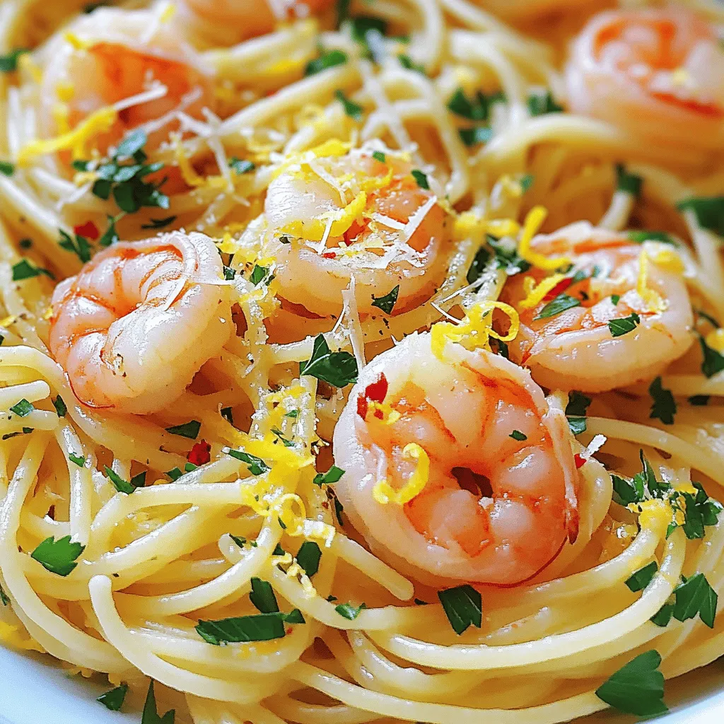 - Spaghetti oder Linguine - Große Garnelen - Knoblauch Für dieses Gericht nehme ich gerne Spaghetti oder Linguine. Beide Sorten passen gut. Die großen Garnelen sind wichtig. Sie geben dem Gericht einen tollen Geschmack. Frischer Knoblauch bringt viel Aroma. - Olivenöl - Zitronenschale und -saft - Frische Petersilie Ich benutze immer gutes Olivenöl. Es sorgt für einen feinen Geschmack. Die Zitronenschale und der Zitronensaft geben dem Gericht Frische. Frische Petersilie bringt Farbe und zusätzlichen Geschmack. - Zerstoßene rote Paprika - Salz und Pfeffer - Geriebener Parmesan zum Servieren Zerstoßene rote Paprika fügt etwas Schärfe hinzu. Ich empfehle, Salz und Pfeffer nach Geschmack zu verwenden. Geriebener Parmesan ist ein schöner Abschluss für das Gericht. Wenn du mehr über die Zubereitung erfahren möchtest, schau dir das [Full Recipe] an. Um die Pasta perfekt zuzubereiten, bringe einen großen Topf mit Salzwasser zum Kochen. Es ist wichtig, genug Wasser zu nutzen, damit die Nudeln gut schwimmen können. Ich empfehle, Spaghetti oder Linguine zu verwenden. Koche die Nudeln al dente, das bedeutet, sie sind weich, aber haben noch Biss. Bevor du die Nudeln abgießt, vergiss nicht, etwa 120 ml Nudelwasser aufzuheben. Dieses Wasser hilft später, die Sauce zu binden. In einer großen Pfanne erhitze das Olivenöl bei mittlerer Hitze. Achte darauf, dass das Öl heiß genug ist, um gut zu braten, aber nicht raucht. Füge den fein gehackten Knoblauch hinzu und brate ihn kurz an. Das dauert etwa eine Minute. Der Knoblauch sollte goldbraun sein, aber nicht anbrennen, sonst wird er bitter. Jetzt ist es Zeit, die Garnelen in die Pfanne zu geben. Brate sie 2-3 Minuten pro Seite, bis sie rosa und durchgegart sind. Würze die Garnelen gut mit Salz und Pfeffer. Wenn du es etwas schärfer magst, kannst du auch zerstoßene rote Paprika hinzufügen. Sobald die Garnelen gar sind, füge die gekochte Pasta in die Pfanne hinzu. Gieße den frischen Zitronensaft und die abgeriebene Zitronenschale darüber. Vermenge alles gründlich. Wenn die Pasta zu trocken aussieht, kannst du etwas vom aufbewahrten Nudelwasser hinzufügen, um die gewünschte Konsistenz zu erreichen. Nimm die Pfanne vom Herd und rühre die gehackte Petersilie unter. Dies gibt der Pasta einen frischen Geschmack. Richte die Pasta in Schalen an und bestreue sie mit geriebenem Parmesan. Ein weiteres Spritzer Petersilie macht das Gericht noch schöner. Voilà, dein Lemon Garlic Shrimp Pasta ist fertig! Für das komplette Rezept kannst du auf den [Full Recipe] Link klicken. Um perfekte Garnelen zu bekommen, ist die Garzeit wichtig. Große Garnelen brauchen nur 2-3 Minuten pro Seite. Wenn sie rosa sind, sind sie fertig. Zu langes Garen macht sie hart und gummiartig. Um verkochte Garnelen zu vermeiden, achte auf die Farbe. Sie sollten leuchtend rosa sein, nicht grau. Überprüfe sie oft, um sicherzustellen, dass sie nicht zu lange in der Pfanne bleiben. Für die beste Pasta musst du das Wasser gut salzen. Bring einen großen Topf Wasser zum Kochen. Spaghetti oder Linguine sollten laut Anleitung al dente gekocht werden. Das bedeutet, sie sollten noch einen leichten Biss haben. Bevor du die Nudeln abgießt, hebe etwas Nudelwasser auf. Es hilft, die Sauce geschmeidiger zu machen und verbindet die Aromen. Um den Geschmack zu steigern, kannst du zusätzliche Gewürze verwenden. Probiere frische Kräuter wie Basilikum oder Thymian. Auch zerstoßene rote Paprika bringt einen feinen Schärfekick. Die Verwendung von frischen Zutaten ist ebenfalls wichtig. Frischer Knoblauch und Zitronensaft machen einen großen Unterschied. Sie geben dem Gericht einen lebendigen und frischen Geschmack. {{image_4}} Eine tolle Idee ist es, deine Pasta mit Gemüse zu bereichern. Du kannst zum Beispiel Zucchini oder Paprika hinzufügen. Diese Gemüse bringen Farbe und Frische in dein Gericht. Einfach die Zucchini in dünne Scheiben schneiden und die Paprika in kleine Stücke würfeln. Diese Zutaten kannst du zusammen mit den Garnelen in die Pfanne geben. Eine weitere leckere Option ist, Spinat unterzumischen. Spinat ist gesund und passt perfekt. Gib einfach eine Handvoll frischen Spinat gegen Ende der Garzeit dazu. Er wird schnell zusammenfallen und gibt deiner Pasta einen tollen Geschmack. Wenn du es gerne schärfer magst, kannst du mit Chili oder Cayennepfeffer würzen. Diese Gewürze bringen einen tollen Kick in die Pasta. Du kannst frische Chilischoten klein schneiden und zusammen mit dem Knoblauch anbraten. Alternativ kannst du auch zerstoßene Paprika verwenden. Diese geben deiner Pasta eine angenehme Schärfe und eine schöne Farbe. Achte darauf, nicht zu viel zu verwenden, damit der Geschmack nicht überhandnimmt. Für eine vegetarische Version kannst du die Garnelen durch Tofu oder Champignons ersetzen. Tofu nimmt die Aromen gut auf und macht die Pasta sättigend. Schneide den Tofu in Würfel und brate ihn goldbraun an. Champignons sind eine weitere gute Wahl. Sie haben einen herzhaften Geschmack und eine tolle Textur. Du kannst auch andere pflanzliche Proteinquellen verwenden, wie Kichererbsen oder Linsen. Diese Variationen machen das Gericht nicht nur lecker, sondern auch nahrhaft. Um die Reste deiner Lemon Garlic Shrimp Pasta gut aufzubewahren, lege sie in einen luftdichten Behälter. So bleiben die Aromen frisch. Bewahre die Reste im Kühlschrank auf. Sie halten dort bis zu drei Tage. Achte darauf, dass die Pasta vollständig abgekühlt ist, bevor du sie in den Behälter gibst. Wenn du die Pasta wieder erwärmen möchtest, benutze eine Pfanne bei mittlerer Hitze. Füge etwas Wasser oder Olivenöl hinzu, um ein Ankleben zu vermeiden. Rühre die Pasta gut um, damit sie gleichmäßig warm wird. Vermeide es, sie zu lange zu erhitzen, damit sie nicht überkocht. Das Einfrieren der Pasta hat Vor- und Nachteile. Der Vorteil ist, dass du sie länger aufbewahren kannst. Die Textur kann sich jedoch beim Auftauen ändern. Um die Pasta einzufrieren, lege sie in einen gefrierfesten Behälter. Füge etwas Olivenöl hinzu, um den Geschmack zu bewahren. So bleibt die Pasta frisch bis zu drei Monate. Die Zubereitung dauert nur 20 Minuten. Du benötigst etwa 10 Minuten für die Vorbereitung. Das Kochen der Pasta und Garnelen dauert etwa 10 Minuten. So hast du ein schnelles und leckeres Gericht. Ja, du kannst gefrorene oder vorgekochte Garnelen verwenden. Gefrorene Garnelen sind praktisch und oft günstiger. Achte darauf, sie gut aufzutauen, bevor du sie kochst. Vorgekochte Garnelen sind noch schneller. Einfach in die Pfanne geben und für ein paar Minuten erwärmen. Du kannst glutenfreie Pasta oder Zucchini-Nudeln nutzen. Auch Shirataki-Nudeln sind eine gute Wahl. Diese Optionen sind leicht und gesund. So passt das Gericht zu verschiedenen Diäten. Füge frisches Gemüse wie Spinat oder Paprika hinzu. Auch etwas Chili kann für Schärfe sorgen. Experimentiere mit Kräutern wie Basilikum oder Oregano. So machst du das Gericht noch interessanter und nach deinem Geschmack. Ja, das Rezept ist ganz einfach. Die Schritte sind klar und leicht nachzuvollziehen. Selbst wenn du nicht viel kochen kannst, wirst du es schaffen. Es ist eine tolle Möglichkeit, deine Kochkünste zu verbessern. Das Rezept hat Wurzeln in der italienischen Küche. Pasta mit Meeresfrüchten ist ein beliebtes Gericht in Küstenregionen. Die Kombination von Zitrone und Knoblauch bringt frischen Geschmack. So bleibt das Gericht einfach und lecker. Du findest das vollständige Rezept in unserem Artikel. In diesem Blogbeitrag haben wir die Schritte für ein einfaches Rezept für Lemon Garlic Shrimp Pasta erkundet. Wir haben die Zutaten, die Zubereitung und nützliche Tipps besprochen. Egal, ob Sie ein Anfänger oder ein erfahrener Koch sind, dieses Gericht bietet Freude und Geschmack. Denken Sie daran, frische Zutaten zu wählen und die Garzeiten zu beachten. So gelingt Ihnen ein köstliches Essen, das alle begeistert. Lassen Sie Ihre Küche erstrahlen - und genießen Sie jeden Bissen!