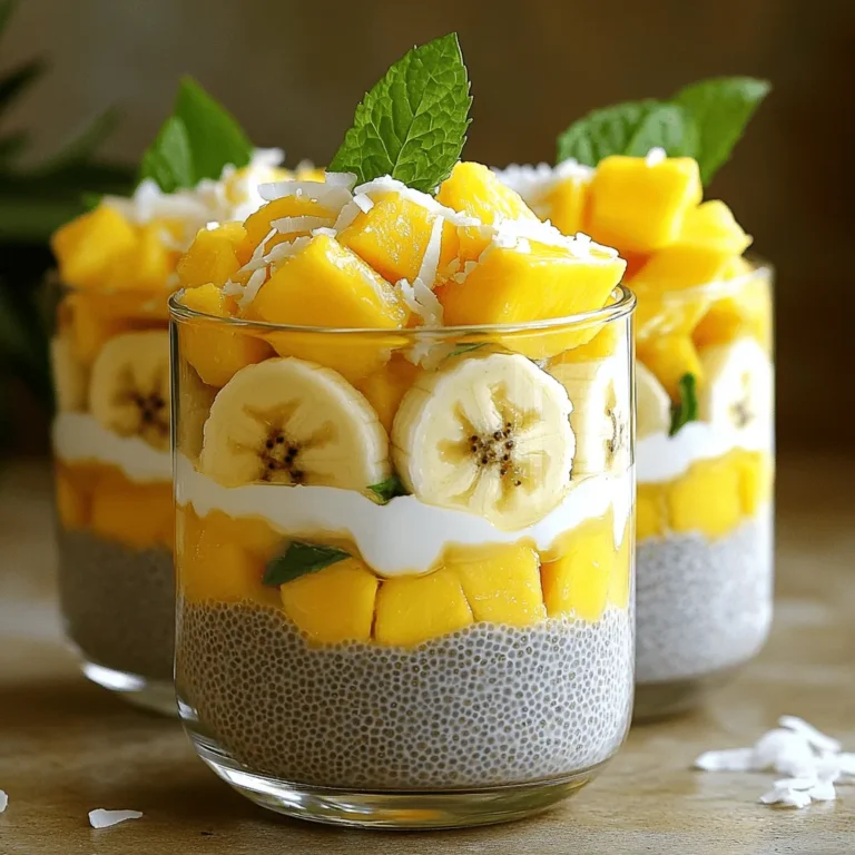 - Chiasamen: Vorteile und Nährwerte Chiasamen sind kleine Kraftpakete. Sie sind reich an Ballaststoffen und Omega-3-Fettsäuren. Diese Samen fördern die Verdauung und unterstützen das Herz. Eine Portion enthält auch Proteine, die helfen, den Hunger zu stillen. Chiasamen können viel Flüssigkeit aufnehmen und machen den Pudding schön cremig. - Pflanzliche Milchoptionen Für diesen Pudding empfehle ich Kokosmilch. Sie gibt einen tollen Geschmack und ist cremig. Du kannst aber auch Mandel- oder Hafermilch verwenden. Diese Optionen sind leicht und gesund. Wähle die Milch, die dir am besten schmeckt. - Süßungsmittel: Honig vs. Ahornsirup Du kannst Honig oder Ahornsirup nutzen, um den Pudding zu süßen. Honig hat einen kräftigen Geschmack, während Ahornsirup milder ist. Beide sind gute Optionen. Probiere aus, was dir besser gefällt. Achte darauf, die Menge nach deinem Geschmack anzupassen. Das Rezept nutzt 2 Esslöffel, was ideal ist, aber du kannst es ändern. Die Zutaten für Tropical Fruit Chia Pudding sind einfach, aber voller Geschmack. Wenn du mehr über die Zubereitung erfahren möchtest, schau dir das [Full Recipe] an. - Mischung der Zutaten: Beginne mit einer großen Schüssel. Gib die Chiasamen, Kokosmilch, Honig oder Ahornsirup und Vanilleextrakt hinein. Rühre alles gut um. So verteilen sich die Chiasamen gleichmäßig in der Mischung. - Abkühlen und Quellzeit: Lass die Mischung etwa 10 Minuten stehen. Rühre erneut um, um Klumpen zu vermeiden. Decke die Schüssel ab und stelle sie für mindestens 4 Stunden in den Kühlschrank. So nehmen die Chiasamen die Flüssigkeit auf und werden dick. - Konsistenz nach dem Kühlen: Nach der Kühlzeit ist der Chia-Pudding bereit. Rühre ihn kräftig um. Er sollte nun dick und cremig sein, ideal für das Schichten. - Schichten von Früchten und Pudding: Nimm Gläser oder Schalen. Beginne mit einer Schicht Chia-Pudding, gefolgt von Bananenscheiben. Dann kommt eine Schicht Mango und Ananas. Wiederhole die Schichten nach Belieben. - Dekorationstipps: Bestreue den Pudding mit ungesüßten Kokosraspeln. Garniere ihn mit frischen Minzblättern. So erhält dein Dessert einen frischen und bunten Look. Für die vollständige Anleitung, schau dir das Full Recipe an. - Zu wenig Quellzeit: Es ist wichtig, den Chia-Pudding lange genug quellen zu lassen. Wenn Sie nicht genügend Zeit einplanen, wird der Pudding nicht die richtige Konsistenz erreichen. Ich empfehle mindestens vier Stunden oder über Nacht im Kühlschrank. - Ungleichmäßiges Mischen: Achten Sie darauf, die Zutaten gut zu vermischen. Wenn die Chiasamen nicht gleichmäßig verteilt sind, können sie verklumpen. Rühren Sie die Mischung nach 10 Minuten erneut um, um sicherzustellen, dass alles gut verteilt ist. - Verwendung von Gewürzen oder Extrakten: Sie können den Geschmack Ihres Puddings mit Gewürzen wie Zimt oder Muskatnuss verbessern. Ein Hauch von gemahlenem Ingwer gibt ihm eine besondere Note. Vanilleextrakt ist auch eine tolle Ergänzung. - Optimierung der Süße: Passen Sie die Süße an Ihren Geschmack an. Sie können mehr Honig oder Ahornsirup hinzufügen, wenn Sie es süßer mögen. Alternativ können Sie auch frische Früchte nutzen, um natürliche Süße zu erhalten. Diese Tipps helfen dabei, Ihren Tropical Fruit Chia Pudding noch besser zu machen. Für das komplette Rezept schauen Sie sich die [Full Recipe] an. {{image_4}} Du kannst viele verschiedene Tropenfrüchte in deinem Chia-Pudding verwenden. Mangos und Ananas sind ein guter Start. Du kannst auch Passionsfrucht, Papaya oder Kiwi hinzufügen. Diese Früchte bringen frische und süße Aromen in dein Dessert. Wenn du eine vegane oder glutenfreie Option suchst, ist der Pudding perfekt. Alle Zutaten sind pflanzlich. Verwende einfach Agavendicksaft anstelle von Honig. Das macht es süß und lecker. Glutenfreie Menschen können die gleiche Rezeptur genießen. An besonderen Tagen kannst du deinen Chia-Pudding anpassen. Füge Essenzen wie Kokos oder Limette hinzu. Diese kleinen Details machen dein Dessert besonders. Du kannst auch die Schichten mit weiteren Zutaten variieren. Schichte den Pudding in schönen Gläsern. Beginne mit einer Schicht Chia-Pudding, gefolgt von Früchten. Das sieht nicht nur toll aus, sondern schmeckt auch großartig. Nutze frische Minze zur Dekoration. Sie macht dein Dessert lebendig und ansprechend. Für die vollständige Rezeptanleitung schaue dir die [Full Recipe] an. Wenn du deinen Chia-Pudding aufbewahren möchtest, ist der Kühlschrank der beste Ort. Der Chia-Pudding bleibt frisch und lecker. Du kannst ihn in einem luftdichten Behälter aufbewahren. Damit verhinderst du, dass der Pudding Gerüche aus dem Kühlschrank aufnimmt. Die Haltbarkeit von Chia-Pudding beträgt etwa 5 bis 7 Tage. Achte darauf, dass du ihn vor dem Verzehr gut umrührst. So bleibt die Konsistenz gleichmäßig. Wenn du siehst, dass der Pudding Wassertropfen bildet, ist das normal. Diese entstehen, wenn die Chiasamen Flüssigkeit abgeben. Meal Prep ist eine tolle Möglichkeit, Zeit zu sparen. Du kannst deinen Chia-Pudding für die Woche vorbereiten. Teile ihn in Portionen auf und lagere sie in kleinen Behältern. So hast du immer einen gesunden Snack zur Hand. Wenn du noch länger planen möchtest, kannst du den Pudding auch einfrieren. Fülle ihn in gefriergeeignete Behälter. Lass etwas Platz, damit der Pudding sich ausdehnen kann. Zum Auftauen stelle den Pudding einfach über Nacht in den Kühlschrank. So bleibt er frisch und schmackhaft. Für das vollständige Rezept schau dir bitte die [Full Recipe] an. Chia-Pudding bleibt frisch für etwa 5 bis 7 Tage im Kühlschrank. Es ist wichtig, ihn in einem luftdichten Behälter aufzubewahren. So bleibt er kühl und lecker. Überprüfen Sie ihn vor dem Essen. Wenn er seltsam riecht oder aussieht, werfen Sie ihn lieber weg. Ja, Sie können Chiasamen auch mit Wasser verwenden. Es wird jedoch die Konsistenz und den Geschmack ändern. Wasser macht den Pudding dünner und weniger cremig. Ich empfehle pflanzliche Milch, wie Kokosmilch oder Mandelmilch. Diese Optionen geben mehr Geschmack und eine reichhaltigere Textur. Chiasamen sind sehr gesund! Sie sind reich an Ballaststoffen, was gut für die Verdauung ist. Außerdem enthalten sie viele Omega-3-Fettsäuren. Diese Fette sind wichtig für das Herz. Chiasamen sind auch eine gute Eiweißquelle. Sie helfen, den Hunger zu stillen und geben dir Energie. Fügen Sie sie in Ihre Ernährung ein und genießen Sie die Vorteile! Der Tropical Fruit Chia Pudding ist einfach und gesund. Chiasamen bieten viele Vorteile, und die Wahl der pflanzlichen Milch ist wichtig. Schritt für Schritt zeigst du, wie man den Pudding zubereitet und anrichtet. Du vermeidest häufige Fehler, die den Genuss mindern. Variationen mit verschiedenen Früchten machen ihn spannend. Die richtige Lagerung verlängert die Haltbarkeit. Erlebe, wie lecker gesunde Snacks sein können. Probiere die Tipps und genieße deinen eigenen Chia-Pudding!
