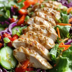 - 2 Hähnchenbrustfilets ohne Haut und Knochen - 4 Tassen gemischter Blattsalat - 1 Tasse geraspelte Karotten - 1 rote Paprika, dünn geschnitten - 1 Gurke, dünn geschnitten - 1/4 Tasse violetter Kohl, geraspelt - 2 Frühlingszwiebeln, gehackt - 1/4 Tasse Sesamsamen - 1/4 Tasse frischer Koriander (optional) Ich liebe es, frische Zutaten zu verwenden. Der gemischte Blattsalat ist knackig und bunt. Karotten bringen Süße ins Spiel. Die rote Paprika fügt Farbe und Crunch hinzu. Die Gurke sorgt für Frische und Saftigkeit. Violeter Kohl gibt dem Salat eine schöne Tiefe. Frühlingszwiebeln fügen einen milden Zwiebelgeschmack hinzu. Sesamsamen sind ein Muss. Sie sind nussig und knusprig. Wenn du Koriander magst, füge ihn hinzu. Er bringt eine frische Note. - 3 Esslöffel Sesamöl - 2 Esslöffel Sojasauce - 1 Esslöffel Reisessig - 1 Esslöffel Honig oder Ahornsirup - 1 Teelöffel frisch geriebener Ingwer - 1 Knoblauchzehe, fein gehackt - Salz und Pfeffer nach Geschmack Das Dressing ist einfach und lecker. Sesamöl gibt einen tiefen Geschmack. Sojasauce bringt Umami und Salz. Reisessig fügt Säure hinzu. Honig oder Ahornsirup süßt das Ganze etwas. Ingwer gibt einen frischen Kick. Knoblauch bringt Tiefe und Aroma. Du kannst mit Salz und Pfeffer abschmecken, um alles perfekt zu machen. Für das vollständige Rezept, schau dir den [Full Recipe] an. Zuerst erhitze eine große Pfanne bei mittlerer Hitze. Füge einen Esslöffel Sesamöl hinzu. Würze die Hähnchenbrustfilets mit Salz und Pfeffer. Brate sie etwa 6-7 Minuten auf jeder Seite. Sie sollten gut durchgegart sein. Nimm die Pfanne vom Herd und lasse das Hähnchen kurz ruhen. Danach schneide es in dünne Streifen. In einer kleinen Schüssel vermenge die Zutaten für das Dressing. Das sind Sesamöl, Sojasauce, Reisessig, Honig, geriebener Ingwer und der gehackte Knoblauch. Schmecke das Dressing mit Salz und Pfeffer ab. Stelle es dann beiseite. Nimm eine große Schüssel und mische die Blattsalate, die geraspelten Karotten, die rote Paprika, die Gurke, den violetten Kohl und die gehackten Frühlingszwiebeln. Wenn du möchtest, füge den Koriander hinzu. Lege die geschnittenen Hähnchenstreifen über den Salat. Träufle das Dressing gleichmäßig über alles. Vermenge die Zutaten vorsichtig, damit die Blätter nicht welken. Röste die Sesamsamen in einer trockenen Pfanne bei mittlerer Hitze. Das dauert etwa 2-3 Minuten, bis sie goldbraun sind. Streue die gerösteten Samen über den Salat, bevor du ihn servierst. Für das komplette Rezept schaue in die Rubrik „Full Recipe“. Um saftiges Hähnchen zu bekommen, gibt es einige einfache Tipps. Erstens, brate die Hähnchenbrust nicht zu lange. Nach 6-7 Minuten auf jeder Seite ist sie perfekt. Lass das Hähnchen nach dem Braten ruhen. So bleibt der Saft im Fleisch. Du kannst das Hähnchen auch grillen oder backen, wenn du magst. Grillen gibt einen tollen Geschmack. Beim Backen ist es wichtig, das Hähnchen bei 200 Grad Celsius zu garen. Um welken Blättern vorzubeugen, wasche den Salat gründlich. Trockne ihn gut mit einer Salatschleuder. Achte darauf, die Blätter erst kurz vor dem Servieren mit dem Dressing zu vermengen. Das hält den Salat frisch. Das Dressing kannst du in einem Glas im Kühlschrank aufbewahren. Es bleibt dort für etwa eine Woche gut. Du kannst das Gemüse leicht anpassen. Probiere verschiedene Sorten wie Zucchini oder Brokkoli. Auch frische Erbsen passen toll. Wenn du kein Hähnchen magst, kannst du Tofu oder Garnelen verwenden. Diese Alternativen bringen ebenfalls guten Geschmack in den Salat. {{image_4}} Für eine vegetarische Version des Salats, kannst du Tofu oder Tempeh verwenden. Diese sind tolle Proteinquellen. - Tofu: Schneide ihn in Würfel und brate ihn goldbraun an. - Tempeh: Dünsten oder rösten bringt einen nussigen Geschmack. Füge auch mehr pflanzliche Zutaten hinzu. Denke an Avocado, Edamame oder Kichererbsen. Diese geben dem Salat mehr Textur und Nährstoffe. Wenn du es schärfer magst, füge Chili oder Sriracha zum Dressing hinzu. - Chili: Frische rote oder grüne Chilis geben einen tollen Kick. - Sriracha: Ein Esslöffel reicht oft aus, um die Schärfe zu erhöhen. Verwende auch scharfe Erdnüsse als Topping. Sie geben crunch und würzigen Geschmack. Das Dressing ist entscheidend für den Geschmack. - Erdnussdressing: Mische Erdnussbutter, Sojasauce, Limettensaft und etwas Wasser. Diese Mischung ist cremig und lecker. - Andere asiatische Dressings: Probiere ein Miso-Dressing oder ein Ingwer-Zitronen-Dressing. Mit diesen Variationen bleibt dein Asiatischer Sesam-Hühnchen-Salat immer spannend und neu. Entdecke die Möglichkeiten und genieße die Vielfalt! Um den Asiatischen Sesam-Hühnchen-Salat frisch zu halten, lagere ihn im Kühlschrank. Verwende einen luftdichten Behälter. So bleibt der Salat knusprig. Der Salat hält sich bis zu drei Tage. Ein Tipp zur Frische: Lagere das Dressing separat. So bleiben die Blätter frisch und knackig. Mische alles erst kurz vor dem Servieren. Das Dressing lässt sich einfach lagern. Fülle es in ein Glas mit Deckel. Bewahre es im Kühlschrank auf. Dort bleibt es bis zu einer Woche frisch. Vor der Nutzung schüttel das Glas gut durch. So vermischen sich die Zutaten wieder. Die beste Zeit zum Servieren ist frisch zubereitet. Der Salat schmeckt am besten, wenn alles kalt ist. Serviere ihn als leichtes Mittagessen oder als Beilage. Für Zubehör und Beilagen passen gebratene Reisnudeln gut dazu. Auch knusprige Wonton-Chips ergänzen den Salat perfekt. Der Salat bleibt frisch für etwa 2 bis 3 Tage im Kühlschrank. Um die Frische zu bewahren, lagere ihn in einem luftdichten Behälter. Das Hähnchen kann die Blätter weich machen, also iss den Salat lieber bald. Achte darauf, das Dressing separat zu lagern, um die Knackigkeit der Blätter zu erhalten. Ja, du kannst das Hähnchen im Voraus zubereiten. Koche es am Vortag und lagere es im Kühlschrank. Wenn du bereit bist zu essen, schneide das Hähnchen in Streifen. So sparst du Zeit, wenn du deinen Salat machst. Das Hähnchen bleibt saftig und lecker, wenn du es richtig lagerst. Der Salat kann glutenfrei sein, wenn du glutenfreie Sojasauce verwendest. Viele Marken bieten diese an. Achte darauf, die Zutatenliste zu prüfen. So kannst du den Salat genießen, ohne dir Sorgen um Gluten zu machen. Es gibt viele leckere Alternativen, die du verwenden kannst. Das Rezept ergibt etwa 4 Portionen. Wenn du mehr Gäste hast, kannst du die Menge leicht verdoppeln. Teile den Salat in Schalen auf und serviere ihn mit dem Dressing. Es ist eine tolle Option für ein leichtes Mittagessen oder ein schmackhaftes Abendessen. Ja, du kannst den Salat nach deinem Geschmack anpassen. Füge Nüsse für den Crunch hinzu oder probiere andere Gemüsearten aus. Auch Avocado oder Früchte wie Mango passen gut dazu. Sei kreativ mit den Zutaten, um neue Aromen zu entdecken. Dein Salat, deine Regeln! Für das vollständige Rezept schaue bitte in den Abschnitt "Zutaten". Dieser Artikel hat Ihnen gezeigt, wie man einen asiatischen Sesam-Hühnchen-Salat zubereitet. Wir haben die besten Zutaten, Dressings und einfache Schritte besprochen. Sie können diesen Salat anpassen und frisch halten. Denken Sie daran, dass Variation der Schlüssel ist! Egal, ob Sie eine scharfe oder vegetarische Version wählen, der Geschmack bleibt großartig. Genießen Sie diesen Salat als gesunde Mahlzeit oder Beilage. Bereiten Sie ihn vor und erleben Sie die Frische!