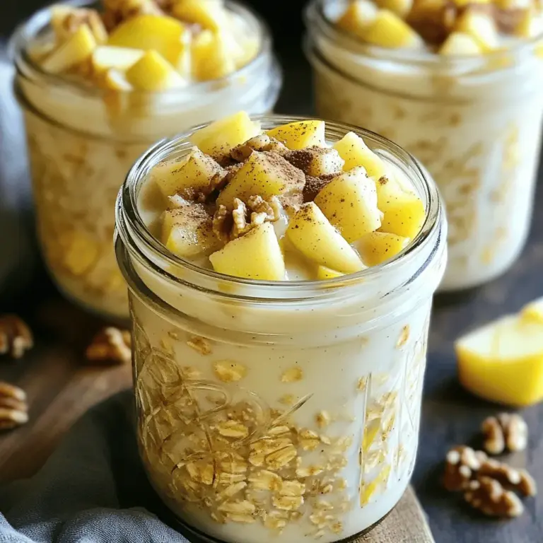 Um den perfekten Apfel-Zimt Übernacht-Haferbrei zu machen, brauchst du folgende Zutaten: - 1 Tasse Haferflocken (groß) - 1 ½ Tassen Mandelmilch (oder eine Milch deiner Wahl) - 1 mittelgroßer Apfel, gewürfelt (idealerweise eine süße Sorte wie Fuji oder Honeycrisp) - 1 Teelöffel gemahlener Zimt - 2 Esslöffel Ahornsirup (oder Honig) - 1 Esslöffel Chiasamen (optional für zusätzliche Textur) - ¼ Tasse griechischer Joghurt (für Cremigkeit, kann für eine milchfreie Variante weggelassen werden) - Eine Prise Salz - Gehackte Walnüsse oder Pekannüsse zum Garnieren (optional) Diese Zutaten sorgen für einen tollen Geschmack und eine gute Textur. Die Haferflocken sind die Basis und machen dich satt. Die Äpfel bringen Süße und Frische. Zimt gibt dem Ganzen das besondere Aroma. Wenn du die besten Zutaten auswählst, achte auf die Qualität. Wähle frische Äpfel, die knackig sind. Süße Sorten wie Fuji oder Honeycrisp passen sehr gut. Achte darauf, dass die Haferflocken groß sind, denn sie nehmen die Flüssigkeit besser auf. Verwende frische Mandelmilch oder die Milch, die dir am besten gefällt. Ahornsirup ist natürlicher und gesünder als Zucker. Wenn du Chiasamen verwendest, wähle die ungeröstete Variante für die besten Nährstoffe. Es gibt viele Alternativen, die du ausprobieren kannst. Statt Mandelmilch kannst du auch Soja-, Hafer- oder Kokosmilch verwenden. Wenn du eine milchfreie Version machst, lasse den griechischen Joghurt einfach weg. Du kannst auch andere Früchte verwenden, wie Birnen oder Bananen, um neue Geschmäcker zu entdecken. Anstelle von Chiasamen kannst du Leinsamen verwenden. Für einen anderen Geschmack probiere Honig anstelle von Ahornsirup. Diese Alternativen machen dein Rezept flexibel und spannend. Du kannst es jedes Mal anders gestalten! Um deinen Apfel-Zimt Übernacht-Haferbrei zuzubereiten, beginne mit einer mittelgroßen Schüssel. Gib die Haferflocken, die Mandelmilch, den gemahlenen Zimt, den Ahornsirup, die Chiasamen und eine Prise Salz hinein. Mische alles gut, bis die Zutaten gleichmäßig verteilt sind. Jetzt kommt der Apfel ins Spiel! Nimm einen mittelgroßen Apfel und schneide ihn in kleine Würfel. Am besten nutzt du eine süße Sorte wie Fuji oder Honeycrisp. Füge die gewürfelten Äpfel und den griechischen Joghurt (wenn du ihn verwendest) zur Mischung hinzu. Hebe alles vorsichtig unter, damit der Apfel gleichmäßig verteilt ist. Teile die Mischung auf zwei Einmachgläser oder luftdichte Behälter auf. Verschließe sie gut und stelle sie über Nacht in den Kühlschrank. So können die Haferflocken einweichen und weich werden. Am Morgen rührst du die Hafermasse gut um. Wenn du eine cremigere Konsistenz magst, füge einen Schuss Mandelmilch hinzu. Um deinen Übernacht-Haferbrei ansprechend zu präsentieren, gibt es viele schöne Ideen. Du kannst die Gläser mit zusätzlichen gewürfelten Äpfeln garnieren. Eine Prise Zimt obendrauf sorgt für einen tollen Duft. Gehackte Walnüsse oder Pekannüsse bringen einen knusprigen Biss. Diese einfachen Schritte machen deinen Haferbrei nicht nur lecker, sondern auch schön anzusehen. Ein häufiger Fehler ist, die Haferflocken nicht lange genug einweichen zu lassen. Sie müssen mindestens vier Stunden im Kühlschrank sein, idealerweise über Nacht. Ein anderer Fehler ist, das Verhältnis von Flüssigkeit zu Haferflocken nicht richtig einzuhalten. Experimentiere, aber halte das Verhältnis bei etwa 1,5 Tassen Flüssigkeit für jede Tasse Haferflocken ein. Vermeide es auch, zu viel Zimt oder Süßungsmittel hinzuzufügen. Das könnte den Geschmack überlagern. Wenn du die oben genannten Punkte beachtest, wird dein Apfel-Zimt Übernacht-Haferbrei perfekt! Für das volle Rezept schau dir den [Full Recipe] an. Um die beste Konsistenz für deinen Apfel-Zimt Übernacht-Haferbrei zu erzielen, achte auf die Mengen. Verwende 1 Tasse große Haferflocken und 1 ½ Tassen Mandelmilch. Diese Mischung gibt dir eine cremige Textur. Wenn du deine Haferflocken weicher magst, lasse sie länger im Kühlschrank. Füge am Morgen einen Schuss Milch hinzu, um die Mischung aufzulockern. Experimentiere mit verschiedenen Aromen, um deinen Übernacht-Haferbrei aufregender zu machen. Du kannst Vanilleextrakt oder Muskatnuss hinzufügen. Auch Rosinen oder getrocknete Cranberries passen gut dazu. Wenn du es schokoladig magst, füge ein wenig Kakaopulver oder Schokoladensplitter hinzu. Diese Variationen bringen neue Geschmäcker in dein Frühstück. Die Garnierung macht dein Frühstück noch ansprechender. Streue gehackte Walnüsse oder Pekannüsse oben drauf. Füge ein paar extra gewürfelte Äpfel hinzu, um Frische zu bringen. Eine Prise Zimt sorgt für den klassischen Geschmack. Du kannst auch griechischen Joghurt oben drauf geben, um es noch cremiger zu machen. Nutze die Garnierung, um dein Gericht individuell zu gestalten. Für das komplette Rezept schau dir den [Full Recipe] an. {{image_4}} Du kannst Apfel-Zimt Übernacht-Haferbrei ganz leicht anpassen. Probiere verschiedene Früchte aus! Banane gibt eine süße Note. Himbeeren bringen Frische und Farbe. Auch Birnen passen hervorragend. Achte darauf, die Früchte klein zu schneiden. So vermischen sie sich gut mit dem Haferbrei. Für eine vegane Option nimm pflanzliche Milch wie Mandel- oder Hafermilch. Du kannst den griechischen Joghurt weglassen oder durch Sojajoghurt ersetzen. Um glutenfrei zu bleiben, wähle glutenfreie Haferflocken. Diese sind in vielen Geschäften erhältlich. So kannst du gesund essen, ohne auf den Geschmack zu verzichten. Nüsse und Samen fügen einen tollen Crunch hinzu. Du kannst Walnüsse, Mandeln oder Pekannüsse verwenden. Einfach grob hacken und unter die Mischung rühren. Chiasamen sind eine weitere gute Wahl. Sie geben eine besondere Textur. Wenn du Nüsse magst, probiere auch Erdnüsse oder Pistazien. So erhältst du viele gesunde Fette und Proteine. Für das vollständige Rezept schau dir den [Full Recipe] an. Um deinen Apfel-Zimt Übernacht-Haferbrei frisch zu halten, achte auf die richtige Lagerung. Verwende luftdichte Behälter oder Einmachgläser. So bleibt die Mischung länger frisch und die Aromen gut erhalten. Stelle sicher, dass die Behälter gut verschlossen sind, bevor du sie in den Kühlschrank stellst. Im Kühlschrank kann dein Übernacht-Haferbrei bis zu fünf Tage haltbar sein. Die Haferflocken nehmen die Flüssigkeit auf und werden weich. Achte darauf, den Brei vor dem Essen gut umzurühren. Wenn er zu dick ist, füge etwas Milch hinzu, um die gewünschte Konsistenz zu erreichen. Wenn du deinen Haferbrei länger aufbewahren möchtest, kannst du ihn auch einfrieren. Fülle den Brei in gefriergeeignete Behälter oder Beutel. Achte darauf, etwas Platz zu lassen, da sich die Mischung beim Gefrieren ausdehnt. So bleibt der Brei bis zu drei Monate gut. Vor dem Essen einfach über Nacht im Kühlschrank auftauen lassen und dann genießen. Für das beste Ergebnis empfehle ich, frische Äpfel erst nach dem Auftauen hinzuzufügen. Du kannst deinen Übernacht-Haferbrei bis zu fünf Tage im Kühlschrank aufbewahren. Achte darauf, ihn gut abzudecken. So bleibt er frisch und lecker. Wenn du mehr machst, ist dies eine tolle Möglichkeit, die Woche einfach zu planen. Ja, frische Früchte sind eine großartige Ergänzung. Du kannst sie am Morgen hinzufügen, kurz bevor du isst. Äpfel, Bananen oder Beeren passen gut. So bleibt die Textur der Früchte knackig. Experimentiere mit deinen Lieblingsfrüchten für neue Geschmäcker. Haferflocken sind sehr gesund. Sie enthalten viele Ballaststoffe, die gut für die Verdauung sind. Sie helfen, den Blutzucker stabil zu halten. Außerdem geben sie dir viel Energie für den Tag. Hafer ist auch reich an Vitaminen und Mineralstoffen. Dies macht ihn zu einer großartigen Wahl für dein Frühstück. Für das vollständige Rezept schau dir den Abschnitt [Full Recipe](#) an. Apfel-Zimt Übernacht-Haferbrei ist einfach zuzubereiten und schmeckt köstlich. Wir haben über wichtige Zutaten, Tipps zur Auswahl und Alternativen gesprochen. Du hast die Schritt-für-Schritt-Anleitung, häufige Fehler und kreative Präsentationsideen gelernt. Zusätzlich gibt es Tipps für die perfekte Konsistenz und interessante Variationen. Wir haben auch Lagerungshinweise und Antworten auf häufige Fragen behandelt. Nutze dieses Wissen, um deine eigenen gesunden und leckeren Übernacht-Haferbrei-Varianten zu erstellen. Genieß jede Schüssel!