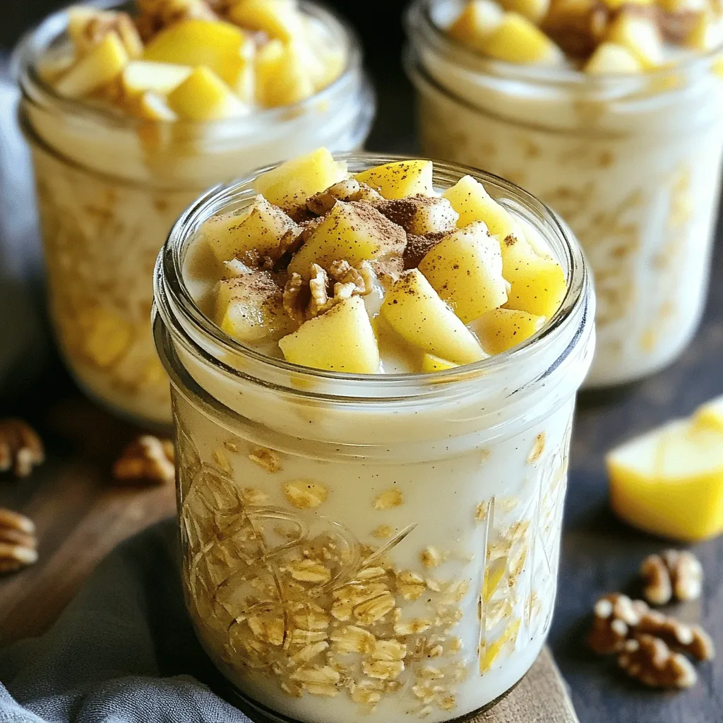 Um den perfekten Apfel-Zimt Übernacht-Haferbrei zu machen, brauchst du folgende Zutaten: - 1 Tasse Haferflocken (groß) - 1 ½ Tassen Mandelmilch (oder eine Milch deiner Wahl) - 1 mittelgroßer Apfel, gewürfelt (idealerweise eine süße Sorte wie Fuji oder Honeycrisp) - 1 Teelöffel gemahlener Zimt - 2 Esslöffel Ahornsirup (oder Honig) - 1 Esslöffel Chiasamen (optional für zusätzliche Textur) - ¼ Tasse griechischer Joghurt (für Cremigkeit, kann für eine milchfreie Variante weggelassen werden) - Eine Prise Salz - Gehackte Walnüsse oder Pekannüsse zum Garnieren (optional) Diese Zutaten sorgen für einen tollen Geschmack und eine gute Textur. Die Haferflocken sind die Basis und machen dich satt. Die Äpfel bringen Süße und Frische. Zimt gibt dem Ganzen das besondere Aroma. Wenn du die besten Zutaten auswählst, achte auf die Qualität. Wähle frische Äpfel, die knackig sind. Süße Sorten wie Fuji oder Honeycrisp passen sehr gut. Achte darauf, dass die Haferflocken groß sind, denn sie nehmen die Flüssigkeit besser auf. Verwende frische Mandelmilch oder die Milch, die dir am besten gefällt. Ahornsirup ist natürlicher und gesünder als Zucker. Wenn du Chiasamen verwendest, wähle die ungeröstete Variante für die besten Nährstoffe. Es gibt viele Alternativen, die du ausprobieren kannst. Statt Mandelmilch kannst du auch Soja-, Hafer- oder Kokosmilch verwenden. Wenn du eine milchfreie Version machst, lasse den griechischen Joghurt einfach weg. Du kannst auch andere Früchte verwenden, wie Birnen oder Bananen, um neue Geschmäcker zu entdecken. Anstelle von Chiasamen kannst du Leinsamen verwenden. Für einen anderen Geschmack probiere Honig anstelle von Ahornsirup. Diese Alternativen machen dein Rezept flexibel und spannend. Du kannst es jedes Mal anders gestalten! Um deinen Apfel-Zimt Übernacht-Haferbrei zuzubereiten, beginne mit einer mittelgroßen Schüssel. Gib die Haferflocken, die Mandelmilch, den gemahlenen Zimt, den Ahornsirup, die Chiasamen und eine Prise Salz hinein. Mische alles gut, bis die Zutaten gleichmäßig verteilt sind. Jetzt kommt der Apfel ins Spiel! Nimm einen mittelgroßen Apfel und schneide ihn in kleine Würfel. Am besten nutzt du eine süße Sorte wie Fuji oder Honeycrisp. Füge die gewürfelten Äpfel und den griechischen Joghurt (wenn du ihn verwendest) zur Mischung hinzu. Hebe alles vorsichtig unter, damit der Apfel gleichmäßig verteilt ist. Teile die Mischung auf zwei Einmachgläser oder luftdichte Behälter auf. Verschließe sie gut und stelle sie über Nacht in den Kühlschrank. So können die Haferflocken einweichen und weich werden. Am Morgen rührst du die Hafermasse gut um. Wenn du eine cremigere Konsistenz magst, füge einen Schuss Mandelmilch hinzu. Um deinen Übernacht-Haferbrei ansprechend zu präsentieren, gibt es viele schöne Ideen. Du kannst die Gläser mit zusätzlichen gewürfelten Äpfeln garnieren. Eine Prise Zimt obendrauf sorgt für einen tollen Duft. Gehackte Walnüsse oder Pekannüsse bringen einen knusprigen Biss. Diese einfachen Schritte machen deinen Haferbrei nicht nur lecker, sondern auch schön anzusehen. Ein häufiger Fehler ist, die Haferflocken nicht lange genug einweichen zu lassen. Sie müssen mindestens vier Stunden im Kühlschrank sein, idealerweise über Nacht. Ein anderer Fehler ist, das Verhältnis von Flüssigkeit zu Haferflocken nicht richtig einzuhalten. Experimentiere, aber halte das Verhältnis bei etwa 1,5 Tassen Flüssigkeit für jede Tasse Haferflocken ein. Vermeide es auch, zu viel Zimt oder Süßungsmittel hinzuzufügen. Das könnte den Geschmack überlagern. Wenn du die oben genannten Punkte beachtest, wird dein Apfel-Zimt Übernacht-Haferbrei perfekt! Für das volle Rezept schau dir den [Full Recipe] an. Um die beste Konsistenz für deinen Apfel-Zimt Übernacht-Haferbrei zu erzielen, achte auf die Mengen. Verwende 1 Tasse große Haferflocken und 1 ½ Tassen Mandelmilch. Diese Mischung gibt dir eine cremige Textur. Wenn du deine Haferflocken weicher magst, lasse sie länger im Kühlschrank. Füge am Morgen einen Schuss Milch hinzu, um die Mischung aufzulockern. Experimentiere mit verschiedenen Aromen, um deinen Übernacht-Haferbrei aufregender zu machen. Du kannst Vanilleextrakt oder Muskatnuss hinzufügen. Auch Rosinen oder getrocknete Cranberries passen gut dazu. Wenn du es schokoladig magst, füge ein wenig Kakaopulver oder Schokoladensplitter hinzu. Diese Variationen bringen neue Geschmäcker in dein Frühstück. Die Garnierung macht dein Frühstück noch ansprechender. Streue gehackte Walnüsse oder Pekannüsse oben drauf. Füge ein paar extra gewürfelte Äpfel hinzu, um Frische zu bringen. Eine Prise Zimt sorgt für den klassischen Geschmack. Du kannst auch griechischen Joghurt oben drauf geben, um es noch cremiger zu machen. Nutze die Garnierung, um dein Gericht individuell zu gestalten. Für das komplette Rezept schau dir den [Full Recipe] an. {{image_4}} Du kannst Apfel-Zimt Übernacht-Haferbrei ganz leicht anpassen. Probiere verschiedene Früchte aus! Banane gibt eine süße Note. Himbeeren bringen Frische und Farbe. Auch Birnen passen hervorragend. Achte darauf, die Früchte klein zu schneiden. So vermischen sie sich gut mit dem Haferbrei. Für eine vegane Option nimm pflanzliche Milch wie Mandel- oder Hafermilch. Du kannst den griechischen Joghurt weglassen oder durch Sojajoghurt ersetzen. Um glutenfrei zu bleiben, wähle glutenfreie Haferflocken. Diese sind in vielen Geschäften erhältlich. So kannst du gesund essen, ohne auf den Geschmack zu verzichten. Nüsse und Samen fügen einen tollen Crunch hinzu. Du kannst Walnüsse, Mandeln oder Pekannüsse verwenden. Einfach grob hacken und unter die Mischung rühren. Chiasamen sind eine weitere gute Wahl. Sie geben eine besondere Textur. Wenn du Nüsse magst, probiere auch Erdnüsse oder Pistazien. So erhältst du viele gesunde Fette und Proteine. Für das vollständige Rezept schau dir den [Full Recipe] an. Um deinen Apfel-Zimt Übernacht-Haferbrei frisch zu halten, achte auf die richtige Lagerung. Verwende luftdichte Behälter oder Einmachgläser. So bleibt die Mischung länger frisch und die Aromen gut erhalten. Stelle sicher, dass die Behälter gut verschlossen sind, bevor du sie in den Kühlschrank stellst. Im Kühlschrank kann dein Übernacht-Haferbrei bis zu fünf Tage haltbar sein. Die Haferflocken nehmen die Flüssigkeit auf und werden weich. Achte darauf, den Brei vor dem Essen gut umzurühren. Wenn er zu dick ist, füge etwas Milch hinzu, um die gewünschte Konsistenz zu erreichen. Wenn du deinen Haferbrei länger aufbewahren möchtest, kannst du ihn auch einfrieren. Fülle den Brei in gefriergeeignete Behälter oder Beutel. Achte darauf, etwas Platz zu lassen, da sich die Mischung beim Gefrieren ausdehnt. So bleibt der Brei bis zu drei Monate gut. Vor dem Essen einfach über Nacht im Kühlschrank auftauen lassen und dann genießen. Für das beste Ergebnis empfehle ich, frische Äpfel erst nach dem Auftauen hinzuzufügen. Du kannst deinen Übernacht-Haferbrei bis zu fünf Tage im Kühlschrank aufbewahren. Achte darauf, ihn gut abzudecken. So bleibt er frisch und lecker. Wenn du mehr machst, ist dies eine tolle Möglichkeit, die Woche einfach zu planen. Ja, frische Früchte sind eine großartige Ergänzung. Du kannst sie am Morgen hinzufügen, kurz bevor du isst. Äpfel, Bananen oder Beeren passen gut. So bleibt die Textur der Früchte knackig. Experimentiere mit deinen Lieblingsfrüchten für neue Geschmäcker. Haferflocken sind sehr gesund. Sie enthalten viele Ballaststoffe, die gut für die Verdauung sind. Sie helfen, den Blutzucker stabil zu halten. Außerdem geben sie dir viel Energie für den Tag. Hafer ist auch reich an Vitaminen und Mineralstoffen. Dies macht ihn zu einer großartigen Wahl für dein Frühstück. Für das vollständige Rezept schau dir den Abschnitt [Full Recipe](#) an. Apfel-Zimt Übernacht-Haferbrei ist einfach zuzubereiten und schmeckt köstlich. Wir haben über wichtige Zutaten, Tipps zur Auswahl und Alternativen gesprochen. Du hast die Schritt-für-Schritt-Anleitung, häufige Fehler und kreative Präsentationsideen gelernt. Zusätzlich gibt es Tipps für die perfekte Konsistenz und interessante Variationen. Wir haben auch Lagerungshinweise und Antworten auf häufige Fragen behandelt. Nutze dieses Wissen, um deine eigenen gesunden und leckeren Übernacht-Haferbrei-Varianten zu erstellen. Genieß jede Schüssel!
