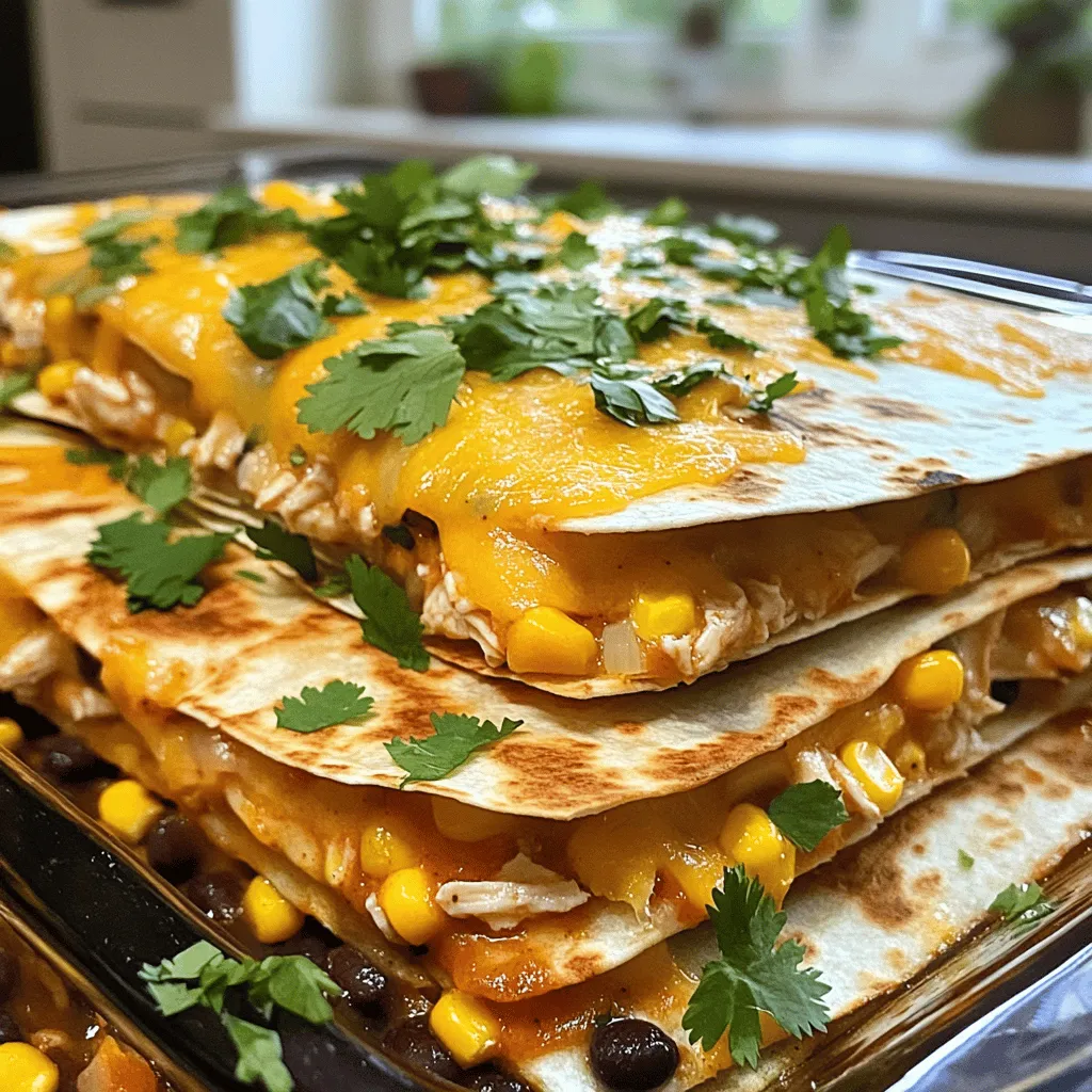 Die Zutaten für diesen Auflauf sind einfach und lecker. Hier ist, was du brauchst: - 2 Tassen gekochtes Hühnchen, zerkleinert - 4 große Tortillas aus Weizenmehl - 1 Tasse Alfredo-Sauce (fertig gekauft oder selbstgemacht) - 2 Tassen geriebener Mozzarella-Käse - 1 Tasse geriebener Cheddar-Käse - 1/2 Tasse Mais (aus der Dose oder tiefgefroren) - 1/2 Tasse schwarze Bohnen, abgespült und abgetropft - 1/2 Teelöffel Knoblauchpulver - 1/2 Teelöffel Zwiebelpulver - 1/4 Teelöffel Chili-Pulver - Salz und Pfeffer nach Geschmack - Frischer Koriander, gehackt (zum Garnieren) Diese Zutaten geben dem Auflauf den tollen Geschmack. Du kannst die Menge nach deinem Bedarf anpassen. Wenn du eine Zutat nicht hast, gibt es gute Alternativen. Du kannst das Hühnchen durch Putenbrust ersetzen. Für eine vegetarische Variante kannst du das Hühnchen ganz weglassen. Statt Mozzarella-Käse kannst du Gouda verwenden. Auch Frischkäse ist eine gute Option für die Sauce. Du kannst auch andere Gemüsesorten wie Paprika oder Zucchini hinzufügen. Wähle frische Zutaten für den besten Geschmack. Achte darauf, dass das Hühnchen gut gekocht ist. Frischer Käse schmilzt besser und gibt mehr Geschmack. Wenn du die Tortillas kaufst, wähle die größeren, damit sie gut in die Auflaufform passen. Beim Gemüse sind die frischen Sorten oft die besten. Schau auch auf die Qualität der Alfredo-Sauce. Selbstgemacht schmeckt oft besser, ist aber auch mehr Arbeit. Für das vollständige Rezept, schau dir den [Full Recipe] an. Heize deinen Ofen auf 175°C (350°F) vor. Das sorgt dafür, dass der Auflauf gleichmäßig gar wird. Bereite eine Auflaufform vor. Du kannst eine 23x33 cm (9x13 Zoll) Form verwenden. Fette die Form leicht ein, damit nichts kleben bleibt. In einer großen Rührschüssel vermischst du die Zutaten. Nimm 2 Tassen gekochtes Hühnchen und zerkleinere es gut. Füge 1 Tasse Alfredo-Sauce hinzu. Das gibt dem Gericht einen tollen Geschmack. Ergänze die Mischung mit 1/2 Tasse Mais und 1/2 Tasse schwarze Bohnen. Diese Zutaten bringen mehr Textur. Dann kommen die Gewürze: 1/2 Teelöffel Knoblauchpulver, 1/2 Teelöffel Zwiebelpulver und 1/4 Teelöffel Chili-Pulver. Schmecke die Mischung mit Salz und Pfeffer ab. Rühre alles gut um, bis die Sauce gleichmäßig verteilt ist. Lege zwei große Tortillas gleichmäßig auf den Boden der Auflaufform. Verteile die Hälfte der Hühnchenmischung gleichmäßig über die Tortillas. Dann streue 1 Tasse geriebenen Mozzarella-Käse darüber. Lege nun zwei weitere Tortillas auf die Käseschicht. Füge die restliche Hühnchenmischung auf die zweite Tortilla-Schicht hinzu. Decke den Auflauf mit dem restlichen Käse ab. Du brauchst 1 Tasse Mozzarella und 1 Tasse Cheddar. Das macht den Auflauf schön cremig. Decke die Form mit Aluminiumfolie ab und backe sie für 25 Minuten. Nach 25 Minuten nimm die Folie ab und backe den Auflauf weitere 10-15 Minuten, bis der Käse goldbraun ist. Lass ihn vor dem Servieren etwas abkühlen und garniere ihn mit frischem Koriander. Um den perfekten Käse-Hühnchen-Alfredo Auflauf zu machen, achte auf die Schichtung. Beginne mit einer festen Basis aus Tortillas. Diese geben dem Auflauf Halt. Verwende viel Käse für einen reichhaltigen Geschmack. Eine Mischung aus Mozzarella und Cheddar bringt eine schöne Textur. Achte darauf, die Tortillas nicht zu überladen. So bleibt der Auflauf schön schichtweise. Lass den Auflauf nach dem Backen kurz abkühlen. So kann die Füllung etwas fest werden. Ein häufiger Fehler ist, die Tortillas zu trocken zu lassen. Wenn sie zu lange im Ofen sind, werden sie hart. Achte darauf, die Folie rechtzeitig abzunehmen. So wird der Käse schön goldbraun. Ein anderer Fehler ist, zu wenig Gewürze zu verwenden. Salz und Pfeffer bringen den Geschmack wirklich zur Geltung. Verliere nicht den Mut, wenn es beim ersten Mal nicht perfekt ist. Übung macht den Meister! Für diesen Auflauf sind einige Geräte sehr hilfreich. Eine große Rührschüssel erleichtert das Mischen. Ein scharfes Messer ist wichtig, um die Zutaten klein zu schneiden. Eine Auflaufform ist ein Muss. Ich empfehle eine mit Antihaftbeschichtung. Ein Holzlöffel hilft beim Mischen der Füllung. Schließlich ist ein Ofenthermometer nützlich, um die richtige Temperatur zu halten. Diese Geräte machen das Kochen einfacher und effizienter. Schaut euch die Full Recipe für weitere Tipps an! {{image_4}} Für eine vegetarische Version verwende einfach Hülsenfrüchte. Du kannst schwarze Bohnen durch Kichererbsen ersetzen. Auch mehr Gemüse passt gut dazu. Zucchini oder Paprika geben dem Auflauf Farbe und Geschmack. Du kannst auch etwas Spinat dazugeben. Das macht das Gericht noch gesünder und leckerer. Käse macht den Auflauf besonders cremig. Du kannst Mozzarella und Cheddar mischen. Probiere auch Gouda oder Parmesan für einen anderen Geschmack. Wenn du es würziger magst, nimm Pepper Jack Käse. Experimentiere mit verschiedenen Käsesorten, um deinen perfekten Mix zu finden. Möchtest du mehr Geschmack? Füge etwas Salsa oder frische Jalapeños hinzu. Sie bringen eine schöne Schärfe ins Spiel. Auch frische Kräuter wie Oregano oder Basilikum passen gut. Du kannst auch Avocado oder Limettensaft für eine frische Note verwenden. Diese Zutaten machen den Käse-Hühnchen-Alfredo Quesadilla Auflauf noch interessanter. Für das vollständige Rezept, schaue dir die [Full Recipe] an. Du kannst den Käse-Hühnchen-Alfredo Quesadilla Auflauf leicht im Kühlschrank aufbewahren. Lass ihn zuerst auf Raumtemperatur abkühlen. Danach decke die Auflaufform gut ab oder verwende einen luftdichten Behälter. So bleibt der Auflauf bis zu drei Tage frisch. Wenn du den Auflauf länger aufbewahren möchtest, friere ihn ein. Schneide den Auflauf in Portionen. Wickel jede Portion in Frischhaltefolie. Danach lege sie in einen gefrierfesten Behälter oder Beutel. So kannst du den Auflauf bis zu drei Monate einfrieren. Denke daran, das Datum darauf zu schreiben. Um die Reste aufzuwärmen, heize den Ofen auf 175°C (350°F). Lege die Portionen in eine Auflaufform und decke sie mit Aluminiumfolie ab. So bleiben sie saftig. Backe sie für etwa 20 Minuten oder bis sie heiß sind. Du kannst auch die Mikrowelle nutzen, aber der Ofen bringt die beste Textur zurück. Du kannst den Käse-Hühnchen-Alfredo Quesadilla Auflauf bis zu fünf Tage im Kühlschrank aufbewahren. Stelle sicher, dass du ihn in einem luftdichten Behälter lagerst. So bleibt der Auflauf frisch und lecker. Wenn du ihn länger aufbewahren willst, friere ihn ein. Im Gefrierschrank hält er bis zu drei Monate. Ja, du kannst den Rezept leicht für große Gruppen anpassen. Verdopple einfach die Zutaten und benutze eine größere Auflaufform. Achte darauf, die Backzeit zu verlängern. Prüfe den Käse, um sicherzustellen, dass er goldbraun wird. So kannst du viele Gäste mit diesem köstlichen Auflauf erfreuen! Zu diesem Auflauf passen viele leckere Beilagen. Hier sind einige Vorschläge: - Frischer grüner Salat - Guacamole - Salsa - Sauerrahm - Reis oder Bohnen Diese Beilagen machen das Essen noch besser und bringen Farben auf den Tisch. In diesem Artikel haben wir alles zum Käse-Hühnchen-Alfredo Quesadilla Auflauf behandelt. Wir schauten uns die wichtigsten Zutaten und deren Alternativen an. Die Schritt-für-Schritt-Anleitung leadete Sie durch die Zubereitung. Tipps und Tricks halfen dabei, Fehler zu vermeiden und perfekte Ergebnisse zu erzielen. Denken Sie an Variationen und Lagerungshinweise für Ihre Reste. Kochen macht Spaß und kann leicht sein. Probieren Sie es einfach aus!