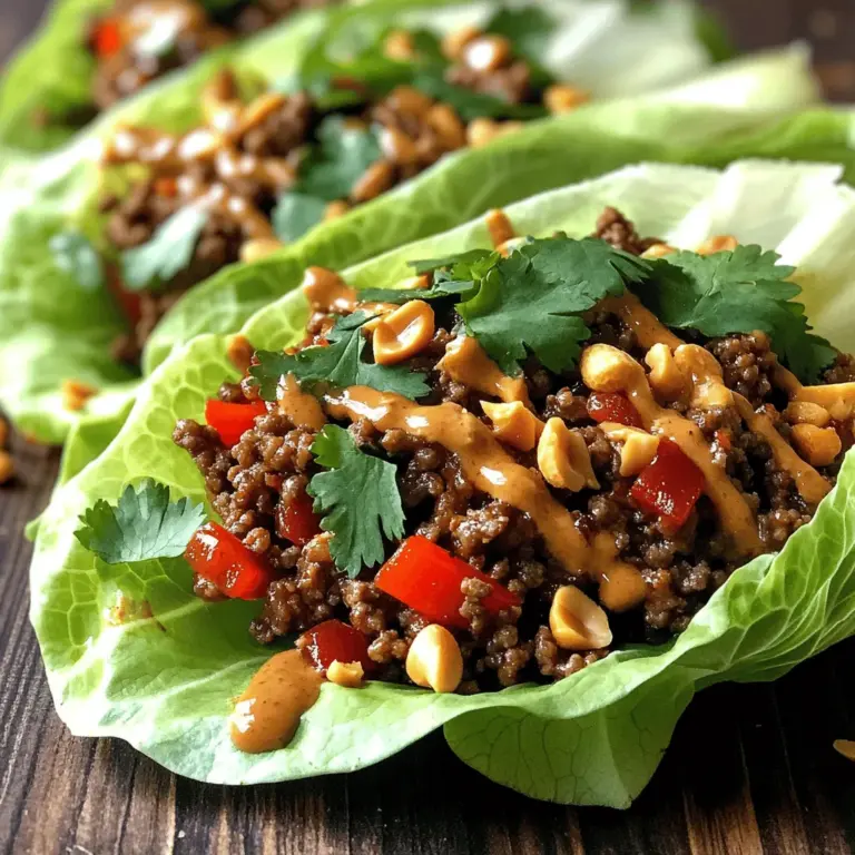 - 450 g Rinderhackfleisch - 2 Esslöffel Sesamöl - 1 rote Paprika, gewürfelt - 1 Frühlingszwiebel, gehackt - 60 g Wasserkastanien, fein gehackt - 1 Kopf Butter- oder Eisbergsalat, in Blätter getrennt Die Wahl des Rinderhackfleischs ist wichtig. Achte darauf, frisches Fleisch zu verwenden. Das Sesamöl gibt den Wraps einen tollen, nussigen Geschmack. Frische Gemüse sorgen für Textur und Farbe. - 3 Knoblauchzehen, fein gehackt - 2,5 cm Ingwer, gerieben - 2 Esslöffel Sojasauce - 1 Esslöffel Sriracha (nach gewünschter Schärfe anpassen) - 1 Esslöffel Reisessig - 1 Esslöffel Honig Knoblauch und Ingwer bringen Aromen, die du lieben wirst. Die Sojasauce gibt einen salzigen Kick. Sriracha fügt die Schärfe hinzu, also passe sie nach deinem Geschmack an. Reisessig und Honig sorgen für Balance und Süße. - Frische Korianderblätter - Gehackte Erdnüsse Koriander gibt einen frischen, kräuterigen Geschmack. Gehackte Erdnüsse bringen Crunch und mehr Geschmack. Diese Toppings machen die Wraps noch besser. Für das vollständige Rezept, schaue dir die Anleitung in [Full Recipe] an. - Zuerst musst du alle Zutaten bereitstellen. Dazu gehören: - 450 g Rinderhackfleisch - 2 Esslöffel Sesamöl - 3 Knoblauchzehen, fein gehackt - 2,5 cm Ingwer, gerieben - 2 Esslöffel Sojasauce - 1 Esslöffel Sriracha - 1 Esslöffel Reisessig - 1 Esslöffel Honig - 1 rote Paprika, gewürfelt - 1 Frühlingszwiebel, gehackt - 60 g Wasserkastanien, fein gehackt - 1 Kopf Butter- oder Eisbergsalat, in Blätter getrennt - Frische Korianderblätter zum Garnieren - Optional: gehackte Erdnüsse für zusätzlichen Crunch - Wasche die Salatblätter gründlich und trockne sie vorsichtig ab. So bleiben sie frisch und knusprig. - Erhitze eine große Pfanne bei mittlerer Hitze. Gib das Sesamöl hinein, bis es heiß ist. - Füge das Rinderhackfleisch hinzu und brate es an. Rühre ständig, bis das Fleisch gleichmäßig braun ist. - Sobald das Rindfleisch fertig ist, füge den fein gehackten Knoblauch und den geriebenen Ingwer hinzu. - Rühre 1-2 Minuten, bis es gut riecht. - Jetzt kommt der wichtige Teil: Mische die Sojasauce, Sriracha, Reisessig und Honig unter das Fleisch. Lass die Mischung 2-3 Minuten köcheln. - Jetzt füge die gewürfelte rote Paprika und die fein gehackten Wasserkastanien hinzu. - Lasse alles 2-3 Minuten garen, bis das Gemüse leicht weich wird. - Nimm ein großes Salatblatt und lege einen Löffel der Fleischmischung darauf. - Garniere die Wraps mit frischen Korianderblättern und optional mit gehackten Erdnüssen für zusätzlichen Crunch. Für das vollständige Rezept, siehe [Full Recipe]. Um das Rindfleisch richtig anzubraten, erhitze das Sesamöl gut. Es sollte heiß sein, bevor du das Fleisch hinzufügst. Brate das Rinderhackfleisch ständig an. Das sorgt dafür, dass es gleichmäßig bräunt und saftig bleibt. Mische die Aromen gut miteinander. Die richtige Mischung bringt die besten Geschmäcker hervor. Füge den Knoblauch und den Ingwer hinzu, wenn das Fleisch fast fertig ist. So werden die Aromen stark und frisch. Sriracha ist ein Schlüssel zu diesem Rezept. Dosier sie nach deinem Geschmack. Wenn du es schärfer magst, füge mehr hinzu. Du kannst auch andere Gewürze ausprobieren. Ein bisschen Chili-Pulver oder frische Chilis bringen mehr Hitze. Achte darauf, dass die Schärfe die anderen Aromen nicht überdeckt. Beilagen und Dips sind wichtig. Sie ergänzen die Wraps perfekt. Du kannst eine einfache Erdnusssoße oder Sojasauce bereitstellen. Das macht das Essen noch besser. Anrichteschalen helfen bei der Präsentation. Verwende bunte Schalen für eine ansprechende Optik. Das Auge isst mit! Wenn du noch mehr Ideen brauchst, schau dir das Full Recipe an. {{image_4}} Wenn du eine fleischlose Variante suchst, ersetze das Rindfleisch durch Tofu oder Pilze. Tofu nimmt die Aromen gut auf. Du kannst ihn in kleine Würfel schneiden und anbraten. Pilze wie Shiitake oder Champignons sind ebenfalls eine tolle Wahl. Brate sie einfach, bis sie goldbraun sind. Das gibt dir eine leckere, herzhafte Füllung. Für eine glutenfreie Version verwende glutenfreie Sojasauce. Diese Sojasauce schmeckt ähnlich wie die reguläre, hat aber keinen Weizen. So bleibt der Geschmack der Wraps gleich. Du kannst auch Tamari verwenden, das ist oft glutenfrei und hat einen reichen Geschmack. Wenn du die Wraps etwas anders gestalten möchtest, wähle Lauch- oder Blumenkohlblätter. Lauchblätter geben einen feinen Geschmack und sind stark genug, um die Füllung zu halten. Blumenkohlblätter sind zart und bieten eine interessante Textur. Diese Alternativen sind besonders gut, wenn du eine kalorienärmere Option suchst. Das sind einige Variationen für deine Spicy Beef Lettuce Wraps. Du kannst kreativ sein und die Rezepte nach deinem Geschmack anpassen. Für das vollständige Rezept schau dir bitte den Abschnitt „Full Recipe“ an. Bewahre die Rindfleischmischung in einem luftdichten Behälter im Kühlschrank auf. So bleibt sie frisch. Du kannst die Mischung bis zu drei Tage lagern. Lagere die Salatblätter jedoch separat. So bleiben sie knackig und frisch für deine Wraps. Die Rindfleischmischung bleibt bis zu drei Tage im Kühlschrank frisch. Wenn du die Reste länger aufbewahren möchtest, friere sie ein. Dies bewahrt den Geschmack und die Textur. Verwende einen gefrierfesten Behälter, um Gefrierbrand zu vermeiden. Du kannst die Mischung bis zu drei Monate einfrieren. Um die Rindfleischmischung richtig aufzuwärmen, erhitze sie in einer Pfanne auf mittlerer Stufe. Rühre sie gut um, damit sie gleichmäßig warm wird. Achte darauf, die Salatblätter nicht zu erhitzen. Sie sollten frisch und kühl bleiben, wenn du die Wraps zubereitest. So sind sie lecker und knackig. Das Rezept für Spicy Beef Lettuce Wraps ergibt vier Portionen. Jede Portion enthält eine gute Menge Rindfleisch und Gemüse. Wenn du mehr Gäste hast, kannst du die Zutaten leicht verdoppeln. So hast du genug für alle. Ja, du kannst das Rezept im Voraus zubereiten. Koche das Rindfleisch und das Gemüse am Vortag. Lass die Mischung abkühlen und stelle sie in den Kühlschrank. Die Salatblätter solltest du frisch halten. So bleiben sie knackig. Am Tag des Servierens erwärmst du die Mischung in der Pfanne. Dann füllst du die Wraps. Du kannst verschiedene Beilagen zu den Wraps servieren. Reis oder Quinoa passen gut dazu. Frische Frühlingsrollen sind auch eine tolle Option. Eine scharfe Soße oder Erdnusssauce macht das Essen noch besser. Verwende frisches Gemüse wie Karotten oder Gurken. Das bringt Farbe auf den Tisch. Um die Wraps gesünder zu machen, kannst du mageres Rinderhackfleisch verwenden. Auch mageres Hähnchen oder Tofu sind gute Alternativen. Reduziere die Menge an Öl, die du verwendest. Du kannst weniger Sriracha nehmen, wenn du die Schärfe senken möchtest. Füge mehr Gemüse hinzu, um die Nährstoffe zu erhöhen. So bleiben die Wraps lecker und gesund. Dieses Rezept für Spicy Beef Lettuce Wraps ist einfach und lecker. Du hast gelernt, wie man Rinderhackfleisch mit frischem Gemüse und Gewürzen zubereitet. Wir haben auch Tipps zur Anpassung und Aufbewahrung der Wraps besprochen. Nutze diese Ideen, um kreativ zu sein und deine eigenen Variationen zu finden. Egal, ob du es scharf magst oder eine vegetarische Option ausprobieren willst, diese Wraps sind immer ein Hit! Jetzt liegt es an dir, in der Küche zu experimentieren und deine Familie oder Freunde zu beeindrucken.