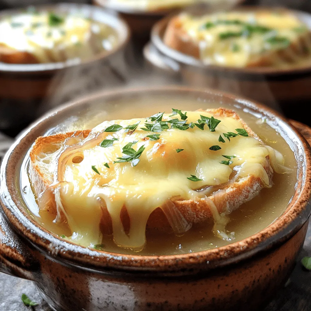 - 4 große Zwiebeln - 4 Esslöffel ungesalzene Butter - 1 Esslöffel Olivenöl Die Hauptzutaten für die klassische Zwiebelsuppe sind einfach, aber wichtig. Die Zwiebeln geben der Suppe ihren charakteristischen Geschmack. Ich empfehle, große, süße Zwiebeln zu wählen. Sie karamellisieren gut und sorgen für eine tiefere Süße. Butter und Olivenöl sind wichtig, um die Zwiebeln zu braten. Die Kombination gibt der Suppe mehr Tiefe. - 1 Teelöffel Zucker - 4 Tassen Rinderbrühe (oder Gemüsebrühe) - 1 Zweig frischer Thymian Zucker hilft, die Zwiebeln schneller zu karamellisieren. Die Brühe ist die Basis für den Geschmack. Rinderbrühe macht die Suppe reichhaltiger. Gemüsebrühe ist eine tolle Option für Vegetarier. Der Thymian gibt ein frisches, aromatisches Element. Diese Kräuter sind wichtig, um die Suppe zu beleben. - 4 Scheiben Baguette, geröstet - 1 ½ Tassen geriebener Gruyère-Käse - Optional: Frische Petersilie Der Käse ist der Star der Suppe. Gruyère schmilzt schön und hat einen tollen Geschmack. Das geröstete Baguette sorgt für einen schönen Crunch. Das ist wichtig, wenn Sie die Suppe servieren. Petersilie ist eine schöne Dekoration und bringt Frische. Für das vollständige Rezept schauen Sie sich bitte die [Full Recipe] an. Zuerst schneide ich die Zwiebeln dünn. Dünne Scheiben helfen, sie gleichmäßig zu garen. Dann erhitze ich in einem großen Topf 4 Esslöffel Butter und 1 Esslöffel Olivenöl. Diese Mischung sorgt für einen tollen Geschmack. Sobald das Fett heiß ist, füge ich die geschnittenen Zwiebeln hinzu und streue 1 Teelöffel Zucker darüber. Das Karamellisieren ist der Schlüssel. Ich koche die Zwiebeln 25-30 Minuten bei niedriger Hitze. Dabei rühre ich regelmäßig um. Die Zwiebeln sollten goldbraun und süß sein. Nach dem Karamellisieren gebe ich 4 Tassen Rinderbrühe in den Topf. Ich füge auch frischen Thymian, ein Lorbeerblatt, 1 Teelöffel Salz, 1/2 Teelöffel schwarzen Pfeffer und 1 Esslöffel Balsamico-Essig hinzu. Dann lasse ich die Suppe 20 Minuten köcheln. Die Aromen vermischen sich und machen die Suppe besonders lecker. Du kannst die komplette Anleitung in der [Full Recipe] finden. Um die Zwiebeln perfekt zu karamellisieren, verwenden Sie langsame Hitze. Beginnen Sie bei mittlerer Hitze und senken Sie diese dann. Dies hilft, die Zwiebeln gleichmäßig zu garen. Rühren Sie die Zwiebeln oft um. So vermeiden Sie Anbrennen und stellen ein gleichmäßiges Garen sicher. Heizen Sie den Ofen richtig vor. Eine hohe Temperatur ist wichtig für einen guten Käse-Schmelz. Stellen Sie die Schalen beim Grillen in den Ofen. Beobachten Sie sie genau, um ein Anbrennen zu verhindern. Der Käse sollte goldbraun und blubbernd sein. Fügen Sie einen Esslöffel Balsamico-Essig hinzu. Dies gibt der Suppe eine tiefere Note. Sie können auch frische Kräuter hinzufügen. Thymian oder Petersilie bringen frische Aromen. Diese kleinen Änderungen machen großen Unterschied in Ihrem Gericht. {{image_4}} Um eine vegetarische Version der klassischen Zwiebelsuppe zu machen, benutze Gemüsebrühe. Diese Brühe gibt der Suppe viel Geschmack. Du kannst auch zusätzliche Gemüsesorten hinzufügen. Karotten oder Sellerie passen gut. Diese Zutaten machen die Suppe noch reichhaltiger und gesünder. Vegetarische Brühe ist in jedem Geschäft erhältlich. Gruyère-Käse ist die traditionelle Wahl für die Zwiebelsuppe. Wenn du aber etwas anderes ausprobieren möchtest, gibt es Alternativen. Emmentaler ist eine gute Wahl. Er hat einen milden, nussigen Geschmack. Mozzarella kann auch verwendet werden. Er schmilzt schön und macht die Suppe cremig. Diese Variationen bringen neuen Schwung in dein Gericht. Für mehr Tiefe kannst du die Suppe mit Wein ablöschen. Weißwein oder Rotwein geben der Suppe einen tollen Geschmack. Eine Knoblauchzehe hinzuzufügen, verstärkt das Aroma. Brate den Knoblauch kurz mit den Zwiebeln an. So entfaltet sich der volle Geschmack. Diese einfachen Ergänzungen machen die Zwiebelsuppe noch besser. Wenn du Reste von der Zwiebelzauber Suppe hast, bewahre sie im Kühlschrank auf. Fülle die Suppe in luftdichte Behälter. So bleibt die Suppe frisch und lecker. Achte darauf, dass die Behälter sauber sind. Das schützt den Geschmack der Suppe. Du kannst die Suppe auf dem Herd oder in der Mikrowelle aufwärmen. Wenn du den Herd benutzt, erwärme die Suppe bei niedriger Hitze. Rühre sie gelegentlich um, damit sie gleichmäßig warm wird. Wenn du die Mikrowelle benutzt, erwärme die Suppe in einem mikrowellengeeigneten Behälter. Decke den Behälter ab, um Spritzer zu vermeiden. Du kannst nach Belieben frischen Käse hinzufügen, um das Aroma zu verbessern. Die Suppe bleibt im Kühlschrank etwa 3 bis 4 Tage frisch. Wenn du sie länger aufbewahren möchtest, friere sie ein. Achte darauf, die Suppe in einem geeigneten Behälter einzufrieren. So bleibt der Geschmack erhalten und du kannst sie später genießen. Die Zwiebelsuppe hat eine lange Geschichte. Sie stammt aus Frankreich und wurde im Mittelalter beliebt. Die Idee war einfach: Man nutzte Zwiebeln und Brühe. Arme Menschen fanden so eine sättigende Mahlzeit. Später entwickelte sich das Rezept weiter. Köche fügten Käse und Brot hinzu. So entstand die klassische Version, die wir heute kennen. Ja, du kannst die Suppe im Voraus machen. Koche sie ganz und lass sie abkühlen. Fülle sie dann in einen Behälter. Bewahre die Suppe im Kühlschrank auf. Sie hält sich dort bis zu drei Tage. Wenn du sie aufwärmst, füge frischen Käse hinzu. So bleibt der Geschmack frisch und lecker. Du kannst die Suppe auch einfrieren. So hast du immer eine schnelle Mahlzeit zur Hand. Traditionell ist die Zwiebelsuppe nicht glutenfrei. Das liegt am Baguette, das oft oben aufliegt. Du kannst aber glutenfreies Brot verwenden. Achte darauf, dass die Brühe auch glutenfrei ist. So kannst du die Suppe ganz einfach anpassen. Genieße sie in einer glutenfreien Version ohne den Verlust des Geschmacks. Zusammenfassend haben wir die Zutaten und Schritte zur Zubereitung einer köstlichen Zwiebelsuppe betrachtet. Gute Zwiebeln, Brühe und Käse sind der Schlüssel. Durch langsames Garen erhältst du den besten Geschmack. Variationen wie vegetarische Optionen sind einfach umzusetzen. Denke auch an die Lagerung und das Aufwärmen. Kochen macht Spaß, und deine Zwiebelsuppe wird sicher jedem schmecken. Probier es aus und genieß die Aromen!