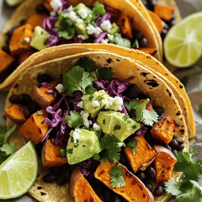 Für die Cilantro Lime Sweet Potato Tacos benötigst du folgende Hauptzutaten: - 2 mittelgroße Süßkartoffeln, geschält und gewürfelt - 1 Esslöffel Olivenöl - 1 Teelöffel Kreuzkümmel - 1 Teelöffel geräuchertes Paprikapulver - Salz und Pfeffer nach Geschmack - 1 Tasse schwarze Bohnen, abgespült und abgetropft - 1 Avocado, gewürfelt - 1/2 Tasse rote Kohlsalat, fein shredded - 1/4 Tasse frischer Koriander, gehackt - 2 Esslöffel Limettensaft - 8 kleine Maistortillas Diese Zutaten geben den Tacos ihren tollen Geschmack und eine schöne Textur. Die Süßkartoffeln sind die Hauptzutat. Sie bringen Süße und Nährstoffe. Zusätzlich kannst du die Tacos mit diesen leckeren Toppings verfeinern: - Zerbröckelter Feta-Käse - Jalapeño-Scheiben - Limettenviertel Diese Toppings bieten mehr Abwechslung. Sie fügen verschiedene Aromen und Texturen hinzu. Du kannst die Tacos nach deinem Geschmack anpassen. Die Zutaten bieten viele Nährstoffe. Süßkartoffeln sind reich an Vitamin A und Ballaststoffen. Schwarze Bohnen liefern viel Protein und Eisen. Avocado bringt gesunde Fette. Roter Kohl ist voll von Antioxidantien. Insgesamt sind diese Tacos nicht nur lecker, sondern auch gesund. Sie sind eine großartige Wahl für eine nahrhafte Mahlzeit. Für das vollständige Rezept siehe [Full Recipe]. Um die Süßkartoffeln richtig vorzubereiten, beginne mit dem Schälen. Schneide sie in kleine Würfel. Das hilft beim gleichmäßigen Garen. Nimm eine große Schüssel und gib die gewürfelten Süßkartoffeln hinein. Füge einen Esslöffel Olivenöl, einen Teelöffel Kreuzkümmel, und einen Teelöffel geräuchertes Paprikapulver hinzu. Mische alles gut, bis die Stücke gleichmäßig bedeckt sind. Streue Salz und Pfeffer nach Geschmack darüber. Heize deinen Ofen auf 200°C vor. Lege die Süßkartoffeln gleichmäßig auf ein Backblech. Röste sie 25 bis 30 Minuten lang, bis sie zart werden. Vergiss nicht, sie einmal umzurühren. Während die Süßkartoffeln im Ofen sind, kannst du die Taco-Füllung zubereiten. Nimm eine kleine Schüssel und füge eine Tasse schwarze Bohnen hinzu. Die Bohnen sollten gut abgespült und abgetropft sein. Dann kommt die gewürfelte Avocado dazu. Füge den fein geraspelten roten Kohl und den gehackten Koriander hinzu. Ein Spritzer Limettensaft bringt Frische. Mische alles gut durch und schmecke es mit einer Prise Salz ab. Sobald die Süßkartoffeln fertig sind, nimm sie aus dem Ofen und lasse sie kurz abkühlen. Erhitze die Maistortillas in einer Pfanne oder Mikrowelle. Jetzt ist es Zeit, die Tacos zusammenzustellen. Lege eine großzügige Portion der Süßkartoffelmischung auf jede Tortilla. Toppe das Ganze mit der Mischung aus schwarzen Bohnen und Avocado. Du kannst die Tacos nach Belieben mit zerbröckeltem Feta-Käse oder Jalapeño-Scheiben verfeinern. Ein zusätzlicher Spritzer Limette bringt noch mehr Geschmack. Für die vollständige Anleitung schau dir das [Full Recipe] an. Die Süßkartoffeln brauchen etwa 25-30 Minuten im Ofen. Heize deinen Ofen auf 200°C vor. Vermische die gewürfelten Süßkartoffeln mit Olivenöl und Gewürzen. Lege sie auf ein Backblech und röste sie. Wende sie nach der Hälfte der Zeit, damit sie gleichmäßig garen. So werden sie zart und karamellisiert. Die Füllung für die Tacos kann einfach aufbewahrt werden. Lass sie zuerst abkühlen. Dann packe sie in einen luftdichten Behälter. Sie bleibt so für bis zu drei Tage frisch im Kühlschrank. Wenn du die Füllung wieder aufwärmst, mache es sanft in der Mikrowelle oder in einer Pfanne. Du kannst die Tacos nach deinem Geschmack anpassen. Füge zum Beispiel zusätzliches Gemüse wie Paprika oder Zucchini hinzu. Für mehr Protein kannst du Hähnchen oder Tofu einarbeiten. Experimentiere auch mit verschiedenen Kräutern oder Gewürzen, wie frischem Basilikum oder scharrem Chili. So wird jedes Mal ein neues Geschmackserlebnis geschaffen. {{image_4}} Für vegane und glutenfreie Tacos kannst du die Süßkartoffeln verwenden. Die Hauptzutaten sind bereits pflanzlich. Achte darauf, glutenfreie Tortillas zu wählen. Diese sind in vielen Geschäften erhältlich. Du kannst auch Blumenkohl oder Zucchini anstelle von Süßkartoffeln verwenden. Diese Gemüse bieten einen anderen Geschmack und eine schöne Textur. Um mehr Protein in deine Tacos zu bringen, füge Quinoa oder Linsen hinzu. Diese Zutaten sind gesund und nahrhaft. Eine halbe Tasse gekochte Quinoa passt gut zu den Süßkartoffeln und Bohnen. Du kannst auch geräucherten Tofu oder Tempeh verwenden. Diese Optionen machen das Gericht noch sättigender und lecker. Lass deiner Kreativität freien Lauf und passe die Tacos an lokale Geschmäcker an. Füge in Mexiko typische Zutaten wie frische Jalapeños oder Mango hinzu. Für einen mediterranen Touch verwende Feta-Käse und Oliven. Diese Variationen bringen neue Aromen und machen die Tacos spannend. Du kannst auch saisonale Zutaten einbeziehen, um die Frische zu betonen. Verwende zum Beispiel frische Kräuter wie Basilikum oder Minze für einen besonderen Twist. Für das vollständige Rezept schau dir den Abschnitt [Full Recipe] an. Um die Reste deiner Cilantro Lime Sweet Potato Tacos frisch zu halten, lege sie in einen luftdichten Behälter. Achte darauf, die Tacos nicht zusammenzulegen, damit sie nicht matschig werden. Du kannst die Süßkartoffelmischung und die Füllung separat aufbewahren. So bleibt alles frisch und lecker. Wenn du die Reste aufwärmst, verwende eine Pfanne statt der Mikrowelle. Erhitze die Tacos bei mittlerer Hitze. Dies macht die Tortillas wieder knusprig. Füge etwas frischen Koriander oder Limettensaft hinzu, um den Geschmack aufzufrischen. Es gibt nichts Besseres, als ein wenig Leben in die Reste zu bringen. Die meisten Zutaten bleiben im Kühlschrank für etwa 3 bis 5 Tage frisch. Süßkartoffeln und Bohnen halten sich gut, während Avocado und Koriander schneller verderben. Verwende die Avocado innerhalb von 1 bis 2 Tagen für den besten Geschmack. Achte darauf, die Füllung gut abzudecken, um sie frisch zu halten. Du kannst Kürbis oder Karotten verwenden. Diese Gemüsesorten haben ähnliche Texturen. Sie bringen auch eine natürliche Süße mit, die gut zu den Tacos passt. Wenn du eine herzhaftere Option möchtest, probiere auch Kartoffeln oder Blumenkohl. Um die Tacos schärfer zu machen, füge frische Jalapeños hinzu. Du kannst sie in dünne Scheiben schneiden und direkt in die Tacos geben. Eine andere Option ist, etwas Cayennepfeffer oder scharfe Soße in die Füllung zu mischen. Auch ein Hauch von Chipotle-Pulver kann den Tacos eine schöne Schärfe verleihen. Ja, du kannst die Füllung im Voraus machen. Bewahre sie in einem luftdichten Behälter im Kühlschrank auf. Vor dem Servieren erwärmst du die Füllung kurz in einer Pfanne. Bereite die Tacos dann frisch mit Tortillas zu. So bleibt alles knackig und lecker. Süßkartoffel-Tacos sind einfach und lecker. Wir haben die Hauptzutaten, wichtige Nährstoffe und Toppings besprochen. Die Schritt-für-Schritt-Anleitung hilft dir, die Tacos perfekt zuzubereiten. Tipps rund um die Röstzeit und Anpassungen geben dir noch mehr Kontrolle. Ideen für Variationen und Lagerinformationen runden das Ganze ab. Probiere neue Zutaten aus und schaffe deine eigene Kombination. Viel Spaß beim Kochen!