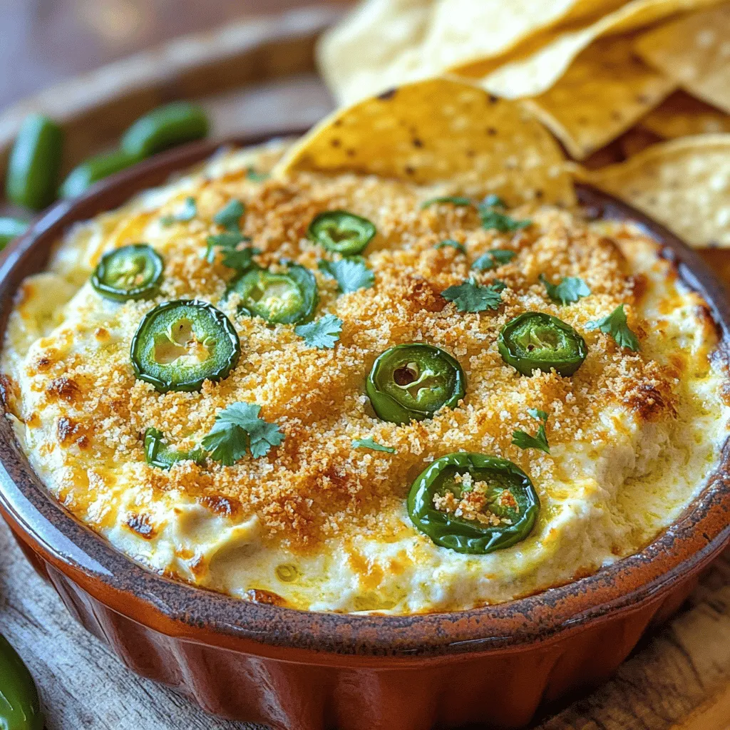 Für einen schmackhaften Jalapeño Popper Dip benötige ich die folgenden Hauptzutaten: - 225 g Frischkäse, weich gerührt - 240 ml Sauerrahm - 120 g geriebener Cheddar-Käse - 120 g geriebener Mozzarella-Käse - 2-3 frische Jalapeños, fein gehackt - 75 g eingelegte Jalapeños, abgetropft und gehackt - 1/2 Teelöffel Knoblauchpulver - 1/2 Teelöffel Zwiebelpulver - Salz und Pfeffer nach Geschmack Diese Zutaten bilden die Basis für einen cremigen und leckeren Dip. Der Frischkäse und der Sauerrahm sorgen für die perfekte Konsistenz. Um den Dip noch schärfer und interessanter zu machen, kann ich ein paar zusätzliche Zutaten hinzufügen: - 30 g Paniermehl (optional für eine knusprige Kruste) - Frischer Koriander zur Garnierung (optional) Das Paniermehl gibt dem Dip eine schöne Textur. Der Koriander bringt frische und Farbe. Beim Kauf von Jalapeños achte ich auf einige Dinge. Die besten Jalapeños sind fest und glänzend. Ich vermeide schrumplige oder fleckige Paprika. Die Farbe sollte intensiv grün sein. Wenn ich mehr Schärfe will, wähle ich größere Jalapeños. Die Samen und weißen Rippen sind die schärfsten Teile. Mit diesen Zutaten und Tipps kann ich einen köstlichen Jalapeño Popper Dip zubereiten. Für die genaue Zubereitung schaue ich mir das [Full Recipe] an. Heizen Sie den Ofen auf 175°C vor. Nehmen Sie eine Backform, etwa 20x20 cm. Fetten Sie die Form leicht ein. Dies hilft dem Dip, nicht zu kleben. So bleibt er schön in Form. Nehmen Sie eine große Rührschüssel. Geben Sie den weichen Frischkäse hinein. Fügen Sie den Sauerrahm dazu. Mischen Sie die beiden Zutaten gut. Ziel ist eine glatte, cremige Masse. Nach der Mischung fügen Sie den geriebenen Cheddar- und Mozzarella-Käse hinzu. Rühren Sie, bis die Käsesorten gleichmäßig verteilt sind. Jetzt wird es spannend! Fügen Sie die fein gehackten frischen Jalapeños in die Mischung. Wenn Sie es schärfer mögen, können Sie auch mehr Jalapeños verwenden. Geben Sie auch die eingelegten Jalapeños dazu. Streuen Sie das Knoblauchpulver und Zwiebelpulver ein. Würzen Sie mit Salz und Pfeffer. Mischen Sie alles gut, bis die Zutaten gut kombiniert sind. Übertragen Sie die Dip-Mischung in die vorbereitete Backform. Verteilen Sie sie gleichmäßig. Wenn Sie möchten, streuen Sie das Paniermehl oben drauf. Das gibt eine knusprige Kruste. Backen Sie den Dip im Ofen für 20-25 Minuten. Er sollte sprudelnd und leicht goldbraun sein. Nehmen Sie die Form heraus und lassen Sie den Dip kurz abkühlen. Servieren Sie ihn warm mit Tortilla-Chips oder Baguette. Genießen Sie den Dip! Für mehr Spaß können Sie extra Jalapeños als Beilage anbieten. Um das perfekte Gleichgewicht zwischen Schärfe und Cremigkeit zu erreichen, musst du die richtigen Jalapeños wählen. Du kannst frische Jalapeños verwenden, um einen kräftigen Geschmack zu erzielen. Für eine mildere Variante, nutze mehr Sauerrahm oder Frischkäse. Die Kombination dieser Zutaten sorgt für eine schöne, cremige Basis. Experimentiere mit der Menge der Jalapeños. Wenn du mehr Schärfe willst, füge mehr frische oder eingelegte Jalapeños hinzu. Du kannst das Rezept leicht anpassen, um neue Geschmäcker zu entdecken. Füge zum Beispiel einen würzigen Pepper Jack Käse hinzu. Der Käse bringt zusätzlich Schärfe und einen tollen Geschmack. Du kannst auch Feta oder Gouda verwenden, um dem Dip eine besondere Note zu geben. Denke daran, die Käsemenge entsprechend anzupassen, um die Textur nicht zu verändern. Für die perfekte Beilage empfehle ich Tortilla-Chips oder Baguettescheiben. Sie sind knusprig und passen gut zu dem cremigen Dip. Du kannst auch Gemüsesticks wie Karotten oder Sellerie anbieten. Sie bringen eine frische Note und sind gesund. Wenn du etwas Ausgefallenes suchst, probiere nach dem Backen, den Dip mit frischem Koriander zu garnieren. Das sieht toll aus und hebt den Geschmack hervor. Der Dip wird so zu einem echten Hingucker auf jeder Party. {{image_4}} Sie können diesen Dip auch vegetarisch zubereiten. Lassen Sie einfach den Bacon weg und verwenden Sie mehr Gemüse. Zucchini oder Paprika passen gut dazu. Diese Optionen bringen frische Aromen und eine schöne Farbmischung in den Dip. Um den Dip noch interessanter zu machen, können Sie Zutaten wie knusprigen Bacon hinzufügen. Der Bacon bringt einen herzhaften Geschmack. Wenn Sie es würziger mögen, fügen Sie mehr frische Jalapeños oder verschiedene Gewürze wie Paprika oder Cayennepfeffer hinzu. So passen Sie den Dip ganz nach Ihrem Geschmack an. Für eine tolle Präsentation können Sie den Dip auch in Mini-Form servieren. Verwenden Sie kleine Schalen oder Blätterteig. Füllen Sie die Blätterteigstücke mit der Dip-Mischung und backen Sie sie. Das sorgt für eine knusprige und leckere Variante, die perfekt für Partys ist. Um den Jalapeño Popper Dip frisch zu halten, lassen Sie ihn zuerst abkühlen. Nach dem Abkühlen, füllen Sie den Dip in einen luftdichten Behälter. Stellen Sie sicher, dass der Behälter gut verschlossen ist, um Feuchtigkeit zu vermeiden. So bleibt der Dip cremig und lecker. Im Kühlschrank hält der Dip bis zu fünf Tage. Achten Sie darauf, ihn gut zu lagern. Wenn Sie ihn länger aufbewahren möchten, können Sie ihn auch einfrieren. Der Geschmack bleibt, aber die Textur kann sich ändern. Um den Dip aufzuwärmen, geben Sie ihn in eine Auflaufform. Heizen Sie den Ofen auf 175°C vor. Backen Sie den Dip für 15 bis 20 Minuten, bis er wieder sprudelnd ist. Alternativ können Sie die Mikrowelle nutzen. Erhitzen Sie ihn in kurzen Intervallen, um ein Überhitzen zu vermeiden. So bleibt der Dip cremig und schmackhaft. Um den Jalapeño Popper Dip schärfer zu machen, füge einfach mehr frische Jalapeños hinzu. Du kannst auch die eingelegten Jalapeños erhöhen. Wenn du eine extra Schärfe möchtest, probiere es mit Chili-Pulver oder scharfer Sauce. Denke daran, dass die Schärfe von Jalapeños variieren kann. Teste die Schärfe, bevor du mehr hinzufügst. Ja, du kannst frischen Käse anstelle von Frischkäse verwenden. Frischer Käse gibt dem Dip eine andere Textur, aber er bleibt lecker. Achte darauf, dass der Käse gut vermischt wird, um eine cremige Basis zu schaffen. Du kannst auch eine Mischung aus verschiedenen Käsesorten verwenden, um den Geschmack zu variieren. Ja, Jalapeño Popper Dip kann glutenfrei sein. Die Hauptzutaten, wie Käse und Jalapeños, enthalten kein Gluten. Achte darauf, dass das Paniermehl glutenfrei ist, wenn du es verwendest. Du kannst den Dip auch ohne Paniermehl zubereiten, um sicherzustellen, dass es glutenfrei bleibt. Die Zubereitung des Jalapeño Popper Dips dauert etwa 10 Minuten. Nach der Vorbereitung beträgt die Backzeit 20-25 Minuten. Insgesamt benötigst du also etwa 35 Minuten, um diesen leckeren Dip zu machen. Bereite ihn vor einer Party oder einem Filmabend vor, um ihn warm zu servieren. Für die vollständige Zubereitung schau dir das Full Recipe an. Der Jalapeño Popper Dip ist ein leckerer Snack, einfach zuzubereiten und anzupassen. Er beginnt mit frischen Jalapeños und einer cremigen Käse-Basis. Während wir beim Backen die perfekte Balance zwischen Schärfe und Cremigkeit finden, können wir auch verschiedene Varianten ausprobieren. Ob vegetarisch oder mit Bacon, die Möglichkeiten sind endlos. Der Dip lässt sich leicht lagern und aufwärmen. Jeder Bissen bringt Freude. Probiere es selbst und genieße diesen scharfen, cremigen Genuss!