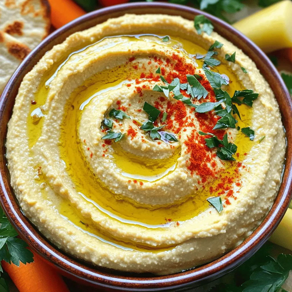 Um einen köstlichen gerösteten Knoblauch Hummus zu machen, brauchst du diese einfachen Zutaten: - 1 Dose (450 g) Kichererbsen, abgetropft und gründlich abgespült - 4 Zehen gerösteter Knoblauch - 60 ml Tahini - 30 ml Zitronensaft - 30 ml Olivenöl (plus zusätzliches für das Beträufeln) - 1/2 Teelöffel gemahlener Kreuzkümmel - Salz nach Geschmack - Wasser nach Bedarf für die gewünschte Konsistenz - Frische Petersilie, zur Garnierung - Paprika, zur Garnierung Jede dieser Zutaten trägt zu einem einzigartigen Geschmack bei. Kichererbsen bieten eine cremige Basis, während gerösteter Knoblauch einen süßen, rauchigen Geschmack hinzufügt. Tahini gibt dem Hummus eine nussige Note und sorgt für eine tolle Konsistenz. Die Nährwerte variieren je nach Portion, aber hier sind einige wichtige Punkte: - Kichererbsen sind reich an Protein und Ballaststoffen. - Tahini enthält gesunde Fette und Vitamine. - Zitronensaft bringt frische und Vitamin C. - Olivenöl ist gut für das Herz und enthält Antioxidantien. Dank dieser Zutaten ist der Hummus nicht nur lecker, sondern auch nahrhaft. Er bietet Energie und kann als gesunder Snack dienen. Wenn du Kichererbsen auswählst, achte auf Folgendes: - Frische: Verwende frische, hochwertige Kichererbsen. - Dosenqualität: Wenn du Dosen verwendest, wähle Bio-Marken ohne Zusatzstoffe. - Trockenoption: Trockene Kichererbsen sind auch eine tolle Wahl. Sie müssen jedoch vorher eingeweicht werden. Die richtige Wahl der Kichererbsen macht einen großen Unterschied im Geschmack und in der Textur deines Hummus. Wenn du die Hauptzutaten sorgfältig auswählst, wird dein Hummus ein Hit bei jedem Anlass. Für das vollständige Rezept schau dir die [Full Recipe] an. Um den Knoblauch zu rösten, heize deinen Ofen auf 200°C vor. Wickele die Knoblauchzehen in Aluminiumfolie. Röste sie für etwa 20-25 Minuten. Der Knoblauch wird weich und duftet dann köstlich. Lass ihn etwas abkühlen, bevor du ihn anfasst. Gerösteter Knoblauch hat einen milden, süßen Geschmack. Er gibt dem Hummus eine besondere Note. Nimm eine Küchenmaschine und füge die gerösteten Knoblauchzehen hinzu. Gib auch die Kichererbsen, Tahini, Zitronensaft und Olivenöl hinein. Füge den gemahlenen Kreuzkümmel und das Salz hinzu. Mixe alles gut, bis die Mischung gleichmäßig ist. Es ist wichtig, dass du alles gut vermischst, um den vollen Geschmack zu erreichen. Nach dem Mischen kann der Hummus zu dick sein. Füge dann nach Bedarf einen Esslöffel Wasser hinzu. Mixe weiter, bis du die gewünschte cremige Konsistenz hast. Probiere den Hummus und passe die Gewürze an. Füge mehr Salz oder Zitronensaft hinzu, wenn du magst. Dieser Schritt macht den Hummus perfekt für jeden Anlass. Du kannst das vollständige Rezept für den gerösteten Knoblauch Hummus hier finden. Um den besten Hummus zu machen, achte auf die Qualität der Zutaten. Verwende frische Kichererbsen oder gut abgetropfte aus der Dose. Der geröstete Knoblauch ist der Star hier. Röste ihn, bis er weich und süß ist. So bekommst du einen tollen Geschmack. Mixe alles gut, damit der Hummus cremig wird. Füge langsam Wasser hinzu, um die Konsistenz zu verbessern. Manchmal wird Hummus zu dick oder zu ölig. Wenn er dick ist, füge mehr Wasser hinzu. Mixe weiter, bis er die richtige Konsistenz hat. Ist der Hummus zu ölig? Reduziere das Olivenöl beim nächsten Mal. Schmecke den Hummus ab, um eine Balance von Salz und Zitronensaft zu finden. Wenn du zum ersten Mal Hummus machst, sei geduldig. Experimentiere mit den Zutaten. Du kannst mehr Knoblauch oder Gewürze hinzufügen. Achte darauf, die Mischung gut zu pürieren. So bekommst du eine glatte Textur. Serviere den Hummus mit Pita-Brot oder Gemüsesticks. Das macht das Essen noch besser. Für die genauen Schritte, sieh dir das Full Recipe an. {{image_4}} Es gibt viele Wege, Hummus interessant zu machen. Du kannst leckere Variationen probieren. Zum Beispiel, füge geröstete rote Paprika hinzu. Das gibt einen süßen und rauchigen Geschmack. Für einen scharfen Kick kannst du etwas Chili oder Cayennepfeffer hinzufügen. Auch frische Kräuter wie Koriander bringen einen frischen Geschmack. Zutaten wie Feta-Käse oder Oliven können dem Hummus einen neuen Geschmack verleihen. Du kannst auch Nüsse wie Mandeln oder Walnüsse hinzufügen. Diese geben einen knackigen Biss und mehr Nährstoffe. Ein Spritzer Balsamico-Essig kann auch helfen, die Aromen zu verstärken. Hummus ist von Natur aus vegan. Du kannst ihn daher perfekt für alle Gäste anbieten. Wenn du einen cremigen Geschmack magst, probiere Kokosmilch oder Cashew-Creme. Diese machen das Gericht noch reichhaltiger. Du kannst auch verschiedene Öle verwenden, wie Avocado- oder Traubenkernöl, um den Geschmack zu variieren. Diese Variationen und Zusätze machen dein Hummus einzigartig. Probiere verschiedene Kombinationen aus und finde deinen Favoriten! Für das Grundrezept, schaue dir die Full Recipe an. Gerösteter Knoblauch Hummus bleibt frisch, wenn Sie ihn richtig lagern. In einem luftdichten Behälter hält er sich etwa 5 bis 7 Tage im Kühlschrank. Achten Sie darauf, den Hummus nicht länger als eine Woche aufzubewahren. Nach dieser Zeit kann sich der Geschmack und die Textur ändern. Die beste Methode, um Hummus aufzubewahren, ist die Verwendung eines luftdichten Behälters. Füllen Sie den Behälter bis zum Rand, um Luft zu minimieren. Ein kleiner Trick ist, etwas Olivenöl auf die Oberfläche des Hummus zu gießen. Das hilft, ihn frisch zu halten und Oxidation zu verhindern. Für längere Lagerung können Sie Hummus auch einfrieren. Verwenden Sie dafür einen gefrierfesten Behälter. Hummus wird kalt serviert, aber Sie können ihn ein wenig aufwärmen, wenn Sie möchten. Stellen Sie sicher, dass Sie ihn nicht zu heiß machen, da dies die Textur beeinträchtigen kann. Erwärmen Sie ihn einfach in der Mikrowelle für ein paar Sekunden. Rühren Sie gut um und genießen Sie ihn mit frischem Pita-Brot oder Gemüse. Wenn Sie Reste haben, ist es immer eine gute Idee, sie mit frischen Kräutern oder einem Spritzer Zitronensaft zu garnieren. Das gibt dem Hummus neuen Schwung. Der Hauptunterschied liegt im Geschmack. Normaler Hummus hat einen milden, nussigen Geschmack. Gerösteter Knoblauch Hummus bietet einen tiefen, süßen und reichhaltigen Geschmack. Der geröstete Knoblauch verleiht dem Hummus eine besondere Note. Diese Methode macht den Knoblauch milder und aromatischer. Wenn Sie den Hummus probieren, werden Sie den Unterschied sofort bemerken. Ja, das können Sie. Frischer Knoblauch hat jedoch einen schärferen und intensiveren Geschmack. Wenn Sie frischen Knoblauch verwenden, sollten Sie ihn gut zerkleinern. Das hilft, den Geschmack gleichmäßig zu verteilen. Beginnen Sie mit einer kleineren Menge, zum Beispiel zwei Zehen. Sie können dann mehr hinzufügen, wenn Sie es schärfer mögen. Aber denken Sie daran, dass der geröstete Knoblauch eine sanfte Süße hat, die fehlt, wenn Sie frischen Knoblauch verwenden. Es ist einfach! Sie benötigen eine Gabel oder einen Kartoffelstampfer. Beginnen Sie damit, die Kichererbsen in einer Schüssel zu zerdrücken. Fügen Sie dann die anderen Zutaten nach und nach hinzu. Mischen Sie alles gut, bis es eine cremige Konsistenz hat. Sie können auch einen Mixer oder einen Pürierstab verwenden, wenn Sie einen haben. Achten Sie darauf, genug Wasser hinzuzufügen, um die gewünschte Konsistenz zu erreichen. So gelingt Ihr Hummus auch ohne Küchenmaschine. Gerösteter Knoblauch Hummus ist einfach zuzubereiten und schmeckt fantastisch. Wir haben die besten Zutaten, die richtige Technik und viele Tipps besprochen. Vergiss nicht, frische Kichererbsen auszuwählen und Knoblauch mit Sorgfalt zu rösten. Variiere deinen Hummus mit neuen Geschmäckern oder Zutaten, um jedem Essen eine besondere Note zu geben. Lagere deinen Hummus richtig, damit er frisch bleibt. Mit diesen einfachen Schritten wirst du sicher den perfekten Hummus zubereiten. Viel Spaß beim Ausprobieren!